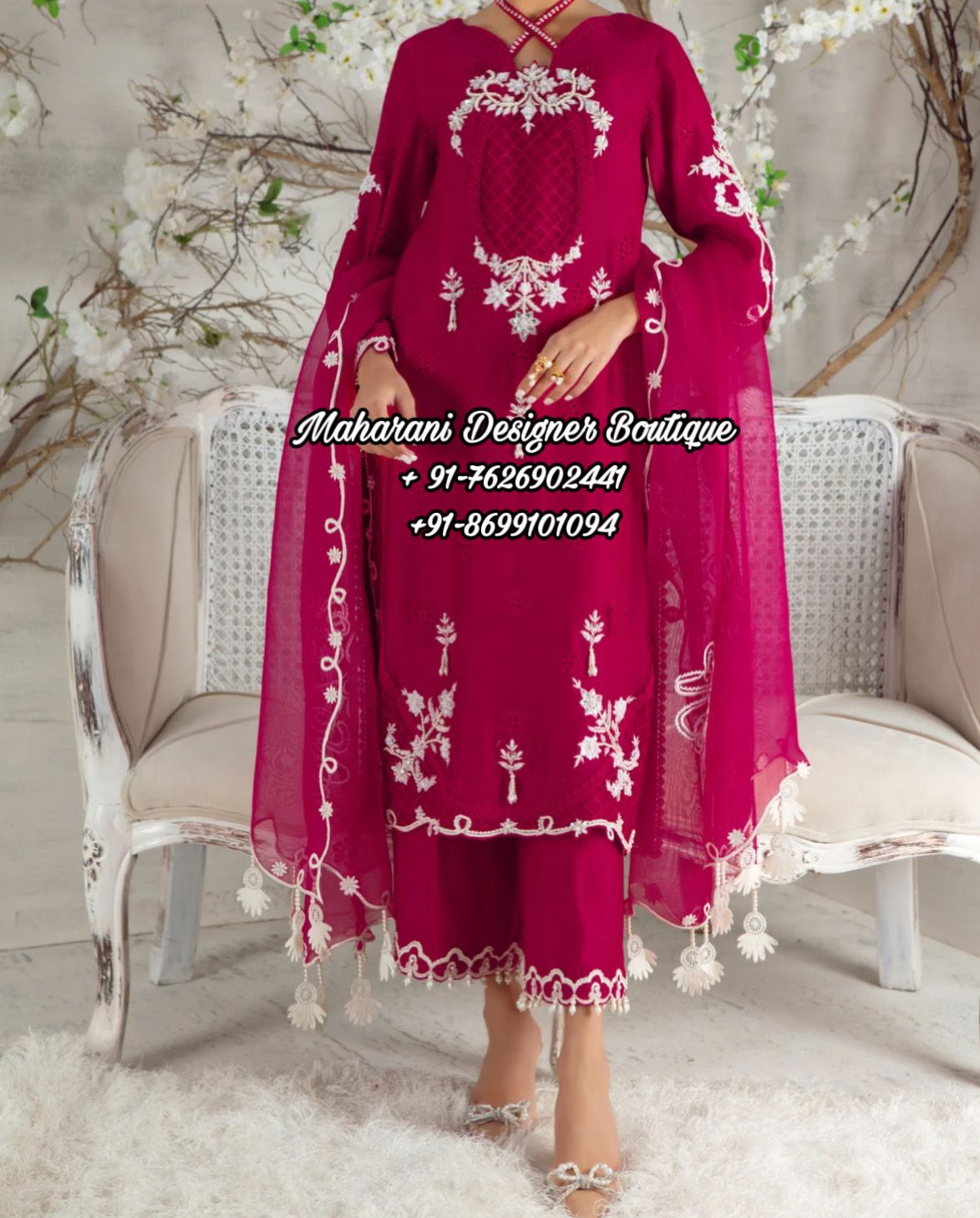 White Embroidered Netted Pakistani Suit