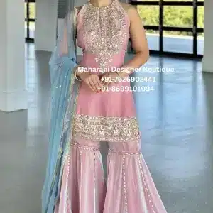 Designer Party Wear Sharara Suit, party wear sharara suits, designer sharara sets online, Punjabi sharara suits boutique, wedding sharara outfit, embroidered sharara suits, sharara suits worldwide shipping