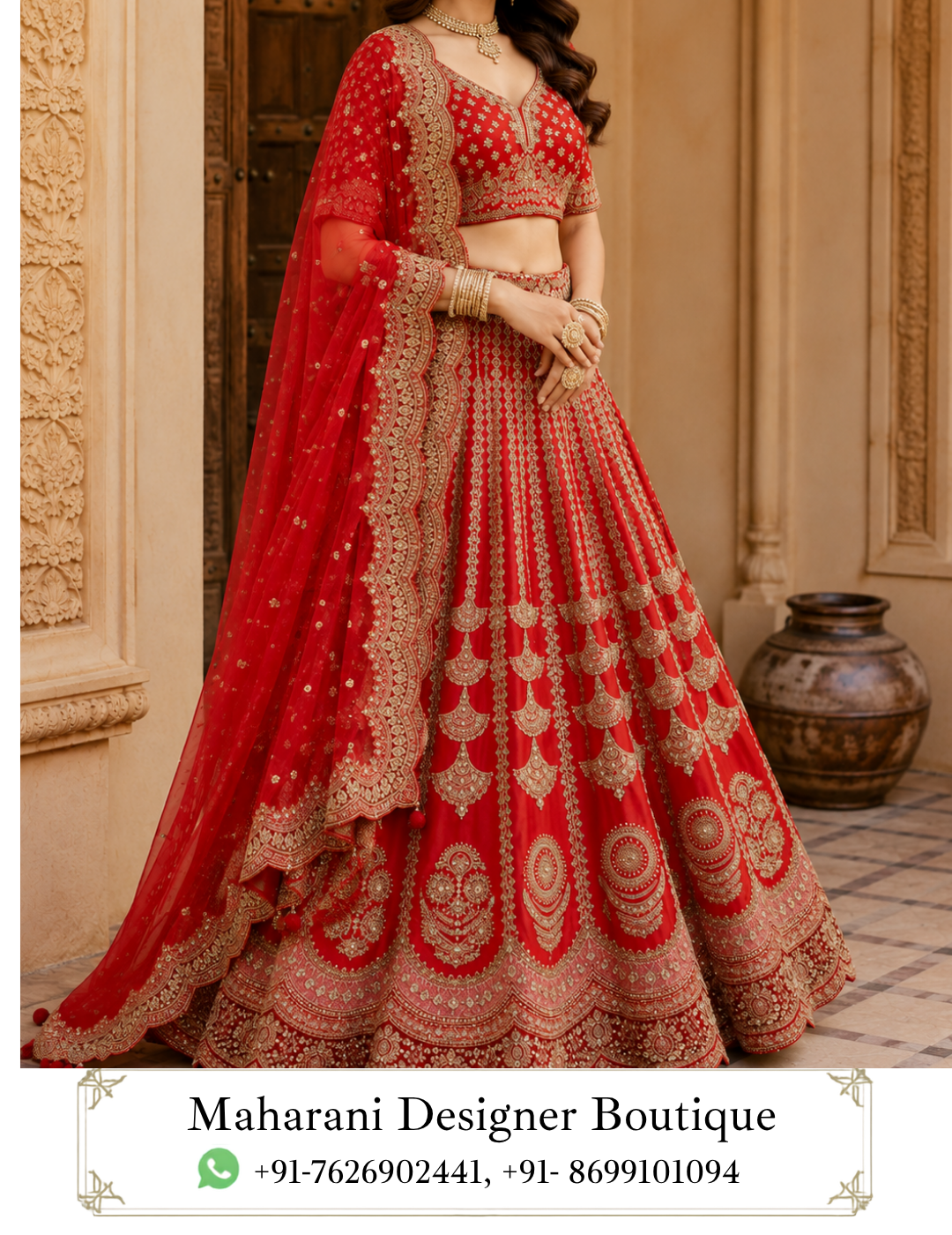 Ruhani Crimson Heritage Red Bridal Lehenga by Maharani Designer Boutique Step into timeless bridal elegance with the Ruhani Crimson Heritage Lehenga, a statement red bridal ensemble created for women who want to celebrate traditional Indian fashion with grandeur, sophistication and unforgettable detailing. Presented by Maharani Designer Boutique, this richly embellished lehenga features a vibrant crimson-red colour palette, intricate gold-toned embroidery, an ornate blouse and a beautifully coordinated sheer dupatta with an elaborate border. Designed to make a powerful impression at weddings and grand celebrations, this ensemble combines classic bridal styling with a polished contemporary silhouette. The deep red base creates a traditional bridal appearance, while the extensive gold embroidery adds richness and dimension throughout the lehenga, blouse and dupatta. The lehenga showcases a flowing, voluminous silhouette decorated with repeating vertical ornamental panels. Each panel features detailed gold-inspired motifs that extend toward the hem, creating a beautiful sense of length and movement. The lower portion is finished with multiple elaborate borders, giving the skirt a luxurious and ceremonial appearance. The matching blouse continues the decorative language of the lehenga. Its neckline, sleeves and lower edge are enhanced with ornate gold embroidery, while small motifs across the red base connect the blouse visually with the skirt. Completing the ensemble is a lightweight-looking red dupatta featuring delicate scattered embellishments and a wide embroidered border. Draped over the shoulder, it creates an elegant frame around the complete outfit and adds another layer of traditional bridal character. Whether you are searching for a red bridal lehenga, red wedding lehenga, designer bridal lehenga, heavy embroidered lehenga, red and gold lehenga, Indian bridal lehenga, or a luxurious wedding outfit, Ruhani is designed to bring a regal presence to your most memorable occasions. A Classic Red Bridal Colour Palette Red has long been associated with celebration, romance, tradition and bridal fashion. The Ruhani Lehenga embraces this iconic colour through a rich crimson-red base that immediately establishes its bridal character. Rather than relying on a single flat tone, the extensive gold detailing creates contrast across the fabric. The result is a dramatic combination of red and gold that looks particularly striking under warm indoor lighting and evening celebration settings. The colour combination also offers tremendous versatility when it comes to jewellery. Traditional gold jewellery blends naturally with the embroidery, while kundan-inspired, polki-inspired or antique-finish accessories can introduce additional dimension. For a bride who wants a classic appearance, red and gold remain an enduring choice. Elaborately Embroidered Lehenga Skirt The lehenga skirt is the centrepiece of the ensemble. Its expansive silhouette creates graceful movement and provides an impressive canvas for the elaborate embroidery. Bridal Red Embroidered ,Red Bridal Lehenga Choli,Bridal Designer Lehenga with Gold Embroidery,MDB 027210164 ,MDB 027210162 The skirt features multiple vertical decorative sections, with ornate gold motifs arranged from the upper portion toward the lower hem. These repeating panels create rhythm throughout the garment while helping emphasize the flowing shape of the lehenga. The embroidery incorporates floral, paisley-inspired and ornamental patterns, giving the skirt a richly traditional appearance. The lower section becomes progressively more elaborate, with several decorative borders adding weight and definition to the hem. When the skirt moves, the embroidered panels create a dynamic visual effect, allowing the detailing to remain visible from different angles. Statement Gold Embroidery The defining feature of Ruhani is its extensive gold-toned embroidery. The decorative work is distributed thoughtfully across the entire outfit rather than being concentrated in only one location. Gold detailing appears across: The blouse Lehenga panels Lehenga hem Dupatta border Dupatta motifs Sleeve edges Waist area This coordinated placement creates a complete designer look. The embroidery provides contrast against the crimson-red base and gives the outfit its ceremonial richness. For bridal portraits, close-up photography and wedding celebrations, the detailed surface work adds texture and visual depth. Ornate Bridal Blouse The blouse has been designed as an integral part of the overall lehenga composition. It features a traditional short silhouette with a beautifully decorated neckline and sleeves. The front is covered with intricate gold-toned motifs that echo the patterns seen throughout the skirt. The neckline is framed with decorative embroidery, creating a polished transition between the blouse and the wearer's jewellery. The sleeves feature elaborate detailing along the edges, adding refinement to the overall design. The lower border of the blouse also features ornamental embroidery, creating a defined finish around the waist. This makes the blouse visually complete even when the dupatta is styled away from the torso. Traditional Neckline Detailing The neckline is one of the most important visual features of a bridal blouse. Ruhani features a graceful neckline surrounded by detailed gold embroidery. The decorative framing draws attention toward the face and creates a natural space for a bridal necklace or choker. For a traditional bridal look, the neckline can be complemented with a statement choker layered with a longer necklace. For a more contemporary appearance, a single ornate necklace can provide a cleaner silhouette. Embellished Sleeves The sleeves continue the luxurious character of the blouse. Detailed embroidery frames the sleeve edges and complements the rest of the outfit. The sleeve length provides an elegant balance between traditional coverage and modern bridal styling. The decorated sleeve cuffs also work beautifully with bridal bangles. Gold bangles, red bridal bangles or a combination of both can emphasize the detailed borders around the wrists. Grand Lehenga Border The hemline is particularly elaborate. Several layers of decorative borders create a substantial finishing detail around the lower edge of the lehenga. The embroidery incorporates repeating floral and ornamental forms, producing a rich frame around the skirt. The lower border also helps define the silhouette when the lehenga is photographed from a distance. This makes the garment suitable for grand bridal entrances, reception photography and full-length portraits. Flowing Bridal Silhouette The voluminous lehenga silhouette creates an unmistakably celebratory appearance. The skirt opens outward from the waist and falls gracefully toward the floor. This shape allows the embroidery to spread across a larger surface area, creating a dramatic visual effect. The flowing structure also provides movement while walking, making the outfit particularly suitable for wedding entrances and photography. For brides who love traditional Indian silhouettes but want a statement-making designer appearance, this style offers a timeless foundation. Sheer Red Dupatta The matching red dupatta completes the bridal ensemble. It features a lightweight-looking sheer appearance with delicate scattered gold embellishments. The transparent quality allows the rich red tone of the outfit to remain visible while adding softness around the shoulders. Its most prominent feature is the wide decorative border. The border is heavily detailed and runs along the length of the dupatta, creating a strong finishing element. When draped over one shoulder, the border creates a beautiful vertical line that complements the embroidered lehenga. Designer Dupatta Border The dupatta border is intentionally bold enough to balance the richly embroidered skirt. Its ornate pattern connects with the borders found on the lehenga and blouse. This repetition creates consistency across the three-piece ensemble. For a bridal look, the dupatta can be draped over one shoulder and allowed to fall toward the floor. For traditional ceremonies, it can be arranged over the head, allowing the decorative border to frame the face. For reception styling, a more relaxed shoulder drape can create a contemporary appearance. Perfect Bridal Wedding Outfit Ruhani is designed primarily for grand wedding occasions. The combination of crimson red and gold embroidery makes it particularly suitable for brides who want a traditional and luxurious wedding aesthetic. It can be considered for: Bridal wedding ceremonies Wedding receptions Engagement celebrations Sangeet functions Mehndi events Cocktail-style wedding celebrations Family wedding functions Bridal portraits Pre-wedding photography Formal festive celebrations Its rich detailing allows it to stand confidently as a primary bridal outfit while its classic colour palette keeps it timeless. Bridal Wedding Styling For a traditional bridal appearance, pair the lehenga with layered gold jewellery. A statement choker can sit beautifully against the decorated neckline, while a longer necklace can add depth. Complete the jewellery with: Maang tikka Jhumka earrings Bridal bangles Rings Waist belt Traditional nose ring The red-and-gold colour palette works particularly well with classic bridal accessories. For footwear, choose embellished gold, red or metallic heels that complement the lehenga. Reception Styling The same lehenga can be styled differently for a wedding reception. Instead of layering multiple heavy necklaces, choose statement earrings and a single elegant necklace. Wear the dupatta over one shoulder and allow the embroidered border to remain visible. A polished hairstyle, luminous makeup and embellished clutch can complete the look. The extensive embroidery means accessories can be adjusted according to personal preference without compromising the richness of the outfit. Sangeet Styling For a sangeet celebration, the lehenga can be styled with slightly more playful accessories. Choose statement earrings, layered bangles and a decorative clutch. A soft, voluminous hairstyle can complement the flowing silhouette. The lehenga's broad flare also allows comfortable visual movement during photographs and celebratory moments. Mehndi Function Styling For a mehndi event, introduce contrasting accessories while maintaining the red-and-gold foundation. Green, pink or multicoloured jewellery can add a youthful touch. Floral accessories can also create a softer pre-wedding appearance. For the dupatta, a relaxed drape allows the embroidery on the blouse and lehenga to remain clearly visible. Jewellery Pairing Guide Gold Jewellery Traditional gold jewellery is the most natural pairing. It harmonizes with the gold-toned embroidery and enhances the overall bridal aesthetic. Kundan-Inspired Jewellery Kundan-inspired pieces can create an ornate royal appearance. Polki-Inspired Jewellery Polki-inspired jewellery can provide additional bridal grandeur. Jhumkas Large jhumkas complement the traditional character of the outfit. Choker A statement choker works particularly well with the ornate blouse neckline. Maang Tikka A maang tikka creates a classic bridal finishing touch. Bangles Layered bangles emphasize the traditional red bridal aesthetic. Hairstyle Recommendations The hairstyle can dramatically change the overall mood of the ensemble. Traditional Bun A classic bridal bun decorated with flowers creates a timeless appearance. Soft Waves Loose waves provide a softer, contemporary look for receptions. Braided Hairstyle A decorated braid complements traditional wedding styling. Low Bun A sleek low bun allows the neckline and jewellery to remain prominent. Side-Swept Waves Side-swept curls can create a glamorous reception appearance. Makeup Inspiration The red-and-gold colour palette provides plenty of opportunities for bridal makeup. A traditional bridal look can include glowing skin, defined eyes, fuller lashes and a rich red lip. For a softer reception look, choose warm neutral eye makeup with luminous skin and a rose-toned lip. Gold-toned highlights can complement the embroidery. For daytime celebrations, slightly softer makeup can balance the intensity of the red. For evening ceremonies, stronger eye definition and richer lip colour can complement the dramatic colour palette. Bridal Photography Appeal Ruhani is especially suited to full-length bridal photography. The expansive skirt creates a dramatic silhouette, while the repeated embroidery gives photographs plenty of texture. The dupatta adds another visual layer and can be positioned in different ways for portraits. For close-up photographs, the blouse neckline, sleeve detailing and jewellery create a rich frame around the face. For full-length photographs, the ornate hem and flowing silhouette become the focal point. Traditional Meets Contemporary While the colour and embroidery are rooted in traditional bridal fashion, the overall silhouette can be styled in a contemporary way. A modern hairstyle, minimalist jewellery and structured draping can transform the outfit into a sophisticated fashion-forward bridal look. Alternatively, traditional jewellery, classic makeup and a head-draped dupatta can create a more conventional bridal appearance. This adaptability allows the same lehenga to reflect different personal styles. Ideal for the Modern Bride The Ruhani Lehenga is suited to the bride who appreciates classic colour but wants a refined designer presentation. The red base provides traditional bridal symbolism, while the structured placement of embroidery gives the ensemble a sophisticated finish. The combination is dramatic without needing additional colour blocking. The gold detailing provides all the contrast necessary to make the garment visually impressive. A Memorable Statement Piece A bridal lehenga is more than an outfit. It becomes part of the visual memory of one of life's most important celebrations. Ruhani is designed with this idea in mind. The rich red colour, elaborate gold embroidery, flowing silhouette and statement dupatta work together to create an ensemble intended to be remembered. From the bridal entrance to wedding portraits and reception photographs, the outfit provides a strong visual presence. Styling With a Waist Belt A traditional or contemporary waist belt can be added around the waist to emphasize the lehenga silhouette. A gold-toned belt can blend with the embroidery. A statement kamarbandh can create a more traditional bridal appearance. This styling option is particularly effective when the dupatta is positioned over one shoulder. Styling With Bridal Bangles Red bridal bangles can reinforce the traditional colour story. Gold bangles can echo the embroidery. A combination of red and gold bangles creates a cohesive bridal appearance. Keep the remaining jewellery balanced so that the overall styling remains elegant rather than visually overwhelming. Footwear Recommendations Choose footwear that complements the length and silhouette of the lehenga. Embellished heels can provide height while maintaining the formal character of the outfit. Gold sandals offer a seamless match with the embroidery. Traditional juttis or embellished mojaris can provide an ethnic alternative. Since the lehenga reaches the floor, the footwear should be selected with the final outfit length in mind. Clutch & Accessories A small embellished clutch can complete the look. Choose gold, red, champagne or complementary metallic tones. Avoid accessories with patterns that compete heavily with the embroidery. A simple ornate clutch can provide a polished finishing detail. Occasion Versatility Although the Ruhani Lehenga has a distinctly bridal aesthetic, it can also be styled for other grand celebrations. It can work beautifully for bridesmaids, close family members, wedding receptions and formal cultural events when styled appropriately. For non-bridal wear, reduce the jewellery and choose a simpler dupatta drape. This allows the detailed lehenga to remain the primary statement. Maharani Designer Boutique Maharani Designer Boutique brings together traditional Indian aesthetics and contemporary occasion-wear styling. The Ruhani Crimson Heritage Lehenga represents this design direction through its traditional red colour, elaborate gold embroidery and graceful silhouette. It is an ensemble created for women who appreciate statement ethnic fashion and want an outfit that feels appropriate for weddings, celebrations and memorable occasions. Whether selected as a bridal lehenga or as an elaborate wedding outfit, its combination of rich colour and detailed ornamentation creates a strong designer-inspired appearance. Product Details Product Name: Ruhani Crimson Heritage Lehenga Brand: Maharani Designer Boutique Category: Bridal Lehenga / Designer Lehenga Primary Colour: Crimson Red Embroidery: Gold-toned floral and ornamental detailing Blouse: Embroidered red bridal blouse with detailed neckline and sleeves Lehenga: Flared red skirt with repeated ornamental panels and elaborate borders Dupatta: Red sheer-style dupatta with scattered embellishments and ornate embroidered border Style: Traditional Indian Bridal / Designer Wedding Wear Ideal For: Weddings, Bridal Ceremonies, Receptions, Engagements, Sangeet, Mehndi and Grand Celebrations Exact fabric composition, lining, embroidery technique, measurements, blouse construction and customization options should be confirmed with Maharani Designer Boutique before purchase, as these details cannot be established reliably from the image alone. Care & Storage Because this ensemble features extensive decorative work, careful handling is recommended. Store the lehenga in a clean garment bag away from moisture and direct sunlight. Avoid placing heavy garments or accessories directly on top of the embroidered areas. Keep perfumes, oils and cosmetic products away from the fabric. When transporting the outfit, fold it carefully and protect the embroidered surface from friction. The dupatta should be stored separately or folded carefully to prevent its decorative border from becoming crushed. Always follow the garment's actual care label for cleaning instructions. Depending on the final fabric and embellishment, professional cleaning may be recommended. After wearing the outfit, allow it to air appropriately before long-term storage and ensure it is completely dry before packing. red bridal lehenga, red bridal lehenga for wedding, red wedding lehenga, red wedding lehenga for bride, red bridal lehenga online, designer red bridal lehenga, designer bridal lehenga, bridal lehenga online, bridal lehenga for women, bridal lehenga India, Indian bridal lehenga, traditional bridal lehenga, traditional red lehenga, red and gold bridal lehenga, red and gold lehenga, red gold wedding lehenga, gold embroidered red lehenga, heavily embroidered bridal lehenga, heavy work bridal lehenga, heavy embroidery lehenga, embroidered bridal lehenga, designer wedding lehenga, luxury bridal lehenga, luxury red lehenga, bridal wear lehenga, wedding wear lehenga, wedding lehenga for bride