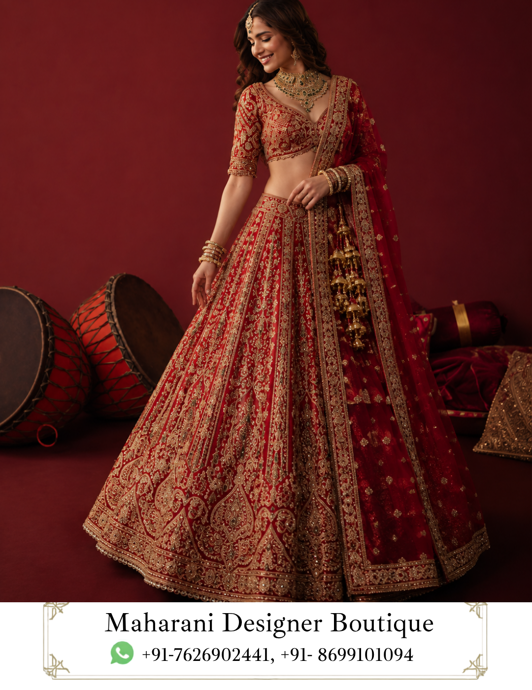Ruhani Riwaayat – A Regal Red Bridal Lehenga for the Modern Maharani Step into your most unforgettable celebration with Ruhani Riwaayat, an exquisite red bridal lehenga choli designed for the woman who believes her wedding attire should feel as extraordinary as the occasion itself. Presented by Maharani Designer Boutique, this breathtaking ensemble combines the timeless beauty of traditional bridal red with elaborate golden embroidery, an elegant fitted blouse, a voluminous flared lehenga, and a richly bordered dupatta. Created to make a statement from every angle, Ruhani Riwaayat captures the essence of regal Indian bridal fashion. The deep red colour immediately creates a luxurious and celebratory mood, while the intricate gold-toned embroidery adds dimension and opulence across the entire ensemble. The coordinated blouse, lehenga and dupatta come together in a harmonious composition that feels traditional, glamorous and beautifully sophisticated. The lehenga features an expansive flare decorated with ornate vertical and paisley-inspired motifs, creating movement and visual richness with every step. The blouse carries complementary embroidery across the neckline, sleeves and bodice, while the dupatta completes the look with a richly embellished border and delicate scattered motifs. Whether chosen as a bridal lehenga, reception outfit, engagement ensemble or statement wedding look, Ruhani Riwaayat is designed for memorable moments, beautiful photographs and celebrations that deserve an unforgettable outfit. The Beauty of Traditional Bridal Red Red has always held a special place in South Asian bridal fashion. It represents celebration, elegance, passion and the grandeur of a wedding day. In Ruhani Riwaayat, the red base is paired with detailed golden embroidery to create a classic combination that feels luxurious without losing its traditional character. The deep red tone provides a dramatic foundation for the gold detailing. The contrast allows every embroidered motif to stand out, making the lehenga visually rich from both a distance and up close. This colour combination is especially beautiful for: Bridal weddings Reception ceremonies Engagement celebrations Sangeet functions Traditional wedding portraits Bridal entry Festive evening events Luxury wedding photoshoots The richness of red also pairs effortlessly with traditional gold jewellery, kundan, polki, pearls and bridal accessories. Elaborately Embroidered Lehenga The lehenga is the centrepiece of the Ruhani Riwaayat ensemble. Its generously flared silhouette creates the classic bridal shape associated with grand Indian wedding fashion. The expansive skirt allows the embroidery to spread across multiple panels, creating a sense of movement and depth. The design incorporates intricate gold-toned patterns arranged vertically across the skirt. These motifs create an elongated visual effect while maintaining the luxurious density expected from a bridal lehenga. The embroidery appears particularly rich toward the lower section, where the design becomes more elaborate and is complemented by a broad ornamental hemline. When the bride walks, the flare allows the embroidered panels to move naturally, revealing the intricate detailing and creating a beautiful visual effect. Intricate Gold Embroidery The gold embroidery is one of the defining features of this designer lehenga. The motifs create a beautiful contrast against the deep red base and give the ensemble a distinctly regal character. The embroidery includes ornamental floral, paisley-inspired and traditional decorative elements arranged throughout the lehenga. The combination of repeating motifs and larger statement patterns creates a balanced design rather than a flat surface of embellishment. This attention to pattern placement gives the lehenga a couture-inspired appearance. The embroidery also photographs beautifully under warm wedding lighting, where the gold detailing can catch and reflect light as the bride moves. Statement Lehenga Border The lower border provides a strong finishing element to the skirt. It features elaborate golden detailing that frames the bottom edge of the lehenga and complements the embroidery across the panels. A heavily decorated border is especially important in a bridal lehenga because it adds definition to the silhouette and gives the outfit a finished appearance. When the bride is seated, the border remains visible and creates an elegant frame around the lower portion of the outfit. When walking, the border moves naturally with the flare and highlights the graceful structure of the lehenga. Designer Bridal Blouse The blouse is designed to complement the richness of the lehenga without competing with it. It features a deep red base with intricate gold embroidery across the bodice and sleeves. The neckline is decorated with ornate detailing that naturally draws attention toward the face and jewellery. The fitted silhouette provides a refined contrast to the voluminous lehenga, creating the classic balance between a structured upper body and a flowing skirt. The three-quarter-length sleeves are also richly decorated, continuing the embroidery theme from the bodice. This makes the blouse visually complete from every angle. Beautifully Embellished Neckline The neckline features detailed golden embroidery that follows the shape of the blouse. It creates an elegant focal point and provides an ideal foundation for bridal jewellery. A traditional choker can be worn close to the neckline, while a longer necklace can be layered below it for a more elaborate bridal appearance. For brides who prefer a statement jewellery look, the blouse works beautifully with: Kundan chokers Polki necklaces Gold bridal sets Emerald jewellery Pearl necklaces Traditional Rajasthani jewellery Punjabi bridal jewellery Elegant Sleeves The sleeves continue the intricate embroidery of the blouse. The decorative pattern extends across the sleeves, creating a coordinated appearance with the bodice and lehenga. The embroidered sleeve cuffs provide additional detail around the wrists, making them particularly attractive when styled with bangles. The combination of embellished sleeves and traditional bridal jewellery creates a richly layered look without requiring excessive accessories. The Designer Dupatta The matching red dupatta completes the ensemble. It features a richly embroidered border running along its edges and smaller decorative motifs distributed across the body. The border is especially prominent and creates a luxurious frame around the dupatta. When draped across the shoulder, the embroidered edge creates a beautiful vertical line that complements the lehenga. For a more traditional bridal appearance, the dupatta can be placed over the head. This creates an elegant veil effect and frames the bride's face beautifully. Bridal Dupatta Draping Ideas The same dupatta can be styled in different ways depending on the occasion. Traditional Head Drape Place the dupatta over the head and allow the embellished border to frame the face. This is ideal for the wedding ceremony and bridal portraits. One-Shoulder Drape Drape the dupatta across one shoulder and let it fall naturally toward the floor. This allows more of the blouse and lehenga embroidery to remain visible. Front Drape Allow both sides of the dupatta to fall toward the front for a more traditional silhouette. Reception Styling For a reception, style the dupatta over one shoulder and allow the lehenga to remain the main visual focus. A Complete Bridal Statement Ruhani Riwaayat is not simply a red lehenga; it is a complete bridal expression. The combination of the richly embroidered blouse, dramatic flared lehenga and detailed dupatta gives the bride multiple layers of texture and ornamentation. The ensemble can easily become the centrepiece of the bridal look. With the right jewellery, makeup and hairstyle, it creates a polished appearance suitable for both traditional ceremonies and contemporary wedding celebrations. Jewellery Styling Gold jewellery is the natural choice for this ensemble. For a traditional bridal look, pair the lehenga with a statement gold or kundan necklace. A layered necklace can add additional grandeur, while a choker creates a more sophisticated appearance. Recommended Jewellery Necklace: Kundan, Polki or traditional gold choker Earrings: Large jhumkas, chandbalis or chandelier earrings Maang Tikka: Traditional gold or kundan maang tikka Nath: Large bridal nath for a classic wedding look Bangles: Red and gold bridal bangles or traditional chooda Rings: Statement bridal rings or coordinated gold rings Matha Patti: Ideal for a more elaborate bridal appearance The red-and-gold colour combination also works beautifully with jewellery featuring green accents. Bridal Makeup Suggestions The richness of the lehenga makes it ideal for warm, glamorous bridal makeup. A classic bridal look can include: Defined eyes Soft gold eyeshadow Black eyeliner Voluminous lashes Warm blush Illuminated skin Defined brows Red or deep rose lipstick For a contemporary appearance, pair the rich red outfit with softer neutral makeup and a muted lip. The goal is to create harmony between the face, jewellery and elaborate embroidery. Hairstyle Inspiration Ruhani Riwaayat works beautifully with both traditional and contemporary bridal hairstyles. Traditional Bridal Bun A sleek low bun creates an elegant base for the dupatta. Floral Bun Add traditional flowers around the bun for a classic wedding appearance. Centre-Parted Bun A centre part works particularly well with a maang tikka or matha patti. Soft Curls For an engagement or reception, soft curls can create a glamorous modern contrast. Side-Swept Waves For a contemporary editorial look, style the hair in soft side-swept waves and drape the dupatta over one shoulder. Perfect Bridal Footwear Complete the look with footwear that complements the red-and-gold palette. Suitable options include: Gold heels Embellished sandals Red bridal heels Gold juttis Embroidered Punjabi juttis Traditional mojari Kundan footwear For the wedding ceremony, comfortable footwear is recommended, particularly if the bride expects to spend several hours standing or walking. Ideal Wedding Occasions Wedding Ceremony The rich red colour and elaborate embroidery make Ruhani Riwaayat a natural choice for the main wedding celebration. Reception For the reception, wear the dupatta over one shoulder and pair the outfit with statement jewellery. Engagement The luxurious detailing makes this ensemble suitable for a grand engagement celebration. Sangeet The flowing lehenga silhouette allows graceful movement, making it an excellent choice for a glamorous sangeet evening. Bridal Photoshoot The dramatic flare and detailed dupatta offer numerous styling possibilities for editorial and traditional bridal photography. Festive Celebrations The red-and-gold colour combination also makes this outfit suitable for important family celebrations and festive occasions. Designed for Beautiful Photographs A bridal outfit should look beautiful in person and photograph beautifully from every angle. Ruhani Riwaayat offers several details that make it especially suited to bridal photography. The expansive lehenga creates a dramatic silhouette in full-length photographs. The detailed embroidery provides texture in close-up portraits. The dupatta border can be arranged to frame the bride's face. The red-and-gold palette works beautifully with warm lighting, floral arrangements, palace-inspired interiors and traditional wedding décor. For a dramatic photograph, spread the lehenga slightly around the bride and allow the dupatta to flow naturally beside her. Bridal Entry Styling The flowing silhouette of this lehenga can create a memorable bridal entry. The bride can hold one side of the lehenga slightly while allowing the dupatta to trail gracefully behind. A traditional floral pathway, warm lighting, candles or grand wedding décor can complement the rich red palette. For photography, the bride can pause briefly during her entry so the flare and embroidered border remain visible. Traditional Meets Contemporary Although Ruhani Riwaayat is inspired by traditional bridal fashion, its styling possibilities are highly contemporary. The classic red-and-gold colour combination provides the heritage element. The fitted blouse and flowing silhouette introduce a modern fashion sensibility. The result is an outfit that can be styled traditionally for the wedding ceremony or more fashion-forward for a reception or editorial photoshoot. This versatility makes it a valuable addition to a bridal wardrobe. Why Choose Maharani Designer Boutique? Maharani Designer Boutique focuses on statement Indian ethnic wear designed for meaningful celebrations. The brand's aesthetic combines rich colours, elaborate embroidery, traditional silhouettes and contemporary styling. Ruhani Riwaayat reflects this approach through its: Rich bridal red colour Elaborate gold embroidery Flared lehenga silhouette Coordinated embroidered blouse Statement dupatta Traditional bridal detailing Versatile styling options Regal overall appearance It is designed for the woman who wants her wedding outfit to feel luxurious, memorable and unmistakably bridal. Customisation & Fitting A bridal lehenga should fit comfortably and flatter the wearer. For customised orders, measurements may be required for the blouse and overall outfit. Depending on availability, customers can discuss requirements such as: Bust measurement Waist measurement Blouse length Sleeve length Lehenga length Overall fitting Dupatta preferences Other available design adjustments Customisation availability can vary depending on the specific design and production requirements. For bridal orders, it is recommended to provide measurements and wedding dates well in advance. Care Instructions Because this is an intricately embellished occasion-wear ensemble, careful handling is recommended. Store the lehenga in a clean, breathable garment bag. Avoid placing heavy items over the embroidered portions. Keep the outfit away from excessive moisture. Do not expose the embroidery unnecessarily to direct sunlight for extended periods. Fold and store the dupatta carefully to protect its embellished border. For cleaning, use professional garment-care services appropriate for the fabric and embroidery. Always follow the specific care instructions provided with the final garment. Product Details Product Name: Ruhani Riwaayat Brand: Maharani Designer Boutique Category: Bridal Lehenga Choli Primary Colour: Rich Red Embroidery: Intricate Gold-Toned Embroidery Blouse: Embroidered Designer Blouse Lehenga: Heavily Embroidered Flared Lehenga Dupatta: Matching Red Dupatta with Ornate Embroidered Border Style: Regal, Traditional, Luxurious & Bridal Occasions: Wedding, Reception, Engagement, Sangeet, Bridal Photoshoot & Festive Events Aesthetic: Traditional Indian Bridal Luxury Customisation: Subject to availability and design requirements red bridal lehenga, red bridal lehenga choli, red wedding lehenga, red bridal dress, red lehenga for bride, bridal lehenga online, designer bridal lehenga, red and gold bridal lehenga, red gold lehenga, heavily embroidered bridal lehenga, gold embroidered lehenga, bridal lehenga with dupatta, red lehenga with dupatta, designer lehenga choli, bridal lehenga India, Indian bridal lehenga, traditional bridal lehenga, luxury bridal lehenga, wedding lehenga for bride, bridal wear for women, designer bridal wear, bridal wedding outfit, red wedding outfit, red lehenga for wedding, bridal lehenga for reception, engagement lehenga,