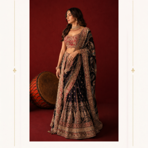 Noor-e-Riwaayat Black & Maroon Royal Lehenga by Maharani Designer Boutique Step into timeless elegance with the Noor-e-Riwaayat Black & Maroon Royal Lehenga, an opulent Indian wedding ensemble designed for women who love regal colours, intricate embroidery and statement bridal fashion. Presented by Maharani Designer Boutique, this luxurious lehenga brings together a deep black base, rich maroon detailing and elaborate gold-toned embroidery to create a sophisticated look for weddings, receptions, sangeet celebrations, engagement ceremonies and other grand occasions. The striking combination of black, maroon and antique-gold-inspired detailing gives this ensemble a powerful yet graceful character. The contrasting colours create depth throughout the outfit, while the elaborate ornamental patterns add a traditional Indian aesthetic. Every element—from the embroidered blouse and expansive lehenga skirt to the richly bordered dupatta—is designed to work together as a coordinated statement look. This is an ideal choice for a bride who wants an alternative to conventional red bridal wear or for a wedding guest who wants to make a memorable entrance. The deep black shade gives the outfit a sophisticated contemporary edge, while maroon and gold detailing preserve the grandeur associated with traditional Indian occasion wear. A Regal Black and Maroon Colour Combination The defining feature of the Noor-e-Riwaayat Lehenga is its dramatic colour palette. Black provides a sophisticated foundation, allowing the gold embroidery to stand out with exceptional visual contrast. Maroon introduces warmth and traditional richness, creating an elegant bridge between the dark base and ornate gold work. This combination works particularly well for evening celebrations where darker colours can create a luxurious and glamorous appearance. The maroon embroidered blouse becomes an important focal point of the ensemble. Its rich colour draws attention toward the face and complements the darker skirt and dupatta. Gold-toned embroidery throughout the outfit provides continuity, ensuring that each component feels like part of one carefully coordinated designer ensemble. Heavily Embroidered Lehenga Skirt The expansive lehenga skirt creates the dramatic silhouette expected from a statement Indian wedding outfit. The black skirt is decorated with elaborate gold and maroon-inspired ornamental patterns. The embroidery is arranged in vertical panels and larger motifs that flow toward the lower section. This structured placement gives the skirt visual movement while helping the intricate detailing remain prominent. The lower portion features particularly elaborate ornamental borders. Multiple layers of decorative embroidery create a grand finish around the hemline. The border incorporates traditional-inspired motifs, creating a luxurious frame around the skirt. When the skirt spreads naturally during movement or photography, the embroidery becomes even more prominent. The overall silhouette is designed to create graceful volume and a dramatic bridal appearance. Intricate Gold Embroidery The extensive gold-toned embroidery is the centrepiece of the design. Against the black base, the embroidery creates a striking contrast that immediately catches the eye. The decorative work includes floral, paisley-inspired and traditional ornamental patterns arranged throughout the skirt and blouse. Rather than relying on one oversized motif, the design uses multiple coordinated patterns to create richness across the complete garment. This gives the outfit an elaborate appearance without making the overall design feel disconnected. The gold embroidery also complements traditional Indian jewellery exceptionally well. Gold necklaces, kundan-inspired jewellery, jhumkas, bangles and a maang tikka can all be paired naturally with this colour combination. Statement Maroon Blouse The blouse features a rich maroon base decorated with elaborate gold embroidery. Its structured neckline and detailed surface work create a beautiful focal point for the upper half of the outfit. The embroidery follows the contours of the blouse, highlighting the neckline, sleeves and bodice. The maroon colour creates a beautiful contrast against the black skirt while maintaining a cohesive relationship through the shared gold embellishment. The blouse can be styled with a traditional bridal choker or layered necklace depending on the desired appearance. For a more contemporary look, statement earrings can be allowed to take centre stage while keeping the necklace more understated. Elegant Neckline The blouse neckline is designed to complement statement jewellery. The decorative embroidery around the neckline provides additional definition and creates a natural frame for the face. A traditional choker can be positioned around the neckline for a classic bridal appearance. Alternatively, a longer necklace can create a more elongated jewellery profile. For an engagement or reception, the neckline can be styled with statement earrings and a maang tikka for a sophisticated yet less heavily layered appearance. Detailed Sleeves The sleeves continue the ornate embroidery of the blouse. The detailing around the sleeves adds balance to the heavily embellished bodice and gives the upper silhouette a finished appearance. This also creates an attractive connection between the blouse and jewellery worn around the wrists. Gold bangles, maroon bangles or coordinated bridal bangles can complement the sleeve embroidery. Designer Dupatta The black dupatta completes the Noor-e-Riwaayat ensemble. Its deep black colour matches the lehenga skirt and creates a dramatic flowing layer around the outfit. The dupatta features a richly decorated border with elaborate gold-toned embroidery and maroon accents. This border provides a strong visual frame and connects the dupatta with the embroidery on the skirt. The dupatta can be styled traditionally over the head for bridal ceremonies or draped over one shoulder for a reception and evening celebration. Its extended silhouette also creates beautiful movement in photographs. Ornate Dupatta Border The border is one of the most distinctive details of the dupatta. Its intricate decorative pattern provides a luxurious finishing element and adds definition to the dark fabric. When the dupatta is draped over the shoulder, the border creates a long decorative line that complements the silhouette. When placed over the head, the border can frame the face beautifully and create a traditional bridal appearance. For wedding photography, the dupatta can also be arranged to spread behind the bride, allowing the detailed border to become a prominent visual feature. Perfect Black Bridal Lehenga Black bridal wear has become increasingly popular among women who want to express individuality through their wedding wardrobe. The Noor-e-Riwaayat Lehenga provides a sophisticated interpretation of black bridal fashion. Rather than using black alone, the design introduces rich maroon and gold embroidery, creating a traditional Indian character while maintaining a modern colour direction. This makes it suitable for brides who want something distinctive without sacrificing the grandeur associated with heavily embellished wedding wear. It can also work beautifully as a reception lehenga, especially for an evening celebration. Maroon and Black Wedding Lehenga The black-and-maroon combination makes this outfit especially suitable for formal wedding occasions. Maroon brings warmth and depth, while black provides contrast and sophistication. Gold embroidery ties the two shades together. The combination can be styled with traditional gold jewellery or with jewellery incorporating maroon stones for an even richer appearance. A deep maroon lipstick can coordinate with the blouse, while warm eye makeup can complement the gold embroidery. Ideal for Wedding Receptions The Noor-e-Riwaayat Lehenga is particularly suited to evening receptions. The darker palette naturally lends itself to glamorous nighttime styling. Pair the ensemble with statement jewellery, embellished heels and a sophisticated clutch. The dupatta can be draped over one shoulder to showcase the blouse while allowing the embroidered border to remain visible. For an elegant reception appearance, consider a sleek hairstyle, softly defined eyes and a rich lip colour. Perfect for Sangeet Celebrations For a sangeet, this lehenga can be styled with a slightly more contemporary approach. Wear the dupatta over one shoulder or across the arms for easier movement. Statement earrings and stacked bangles can provide enough jewellery without overwhelming the embroidery. The expansive skirt adds dramatic movement during photographs and celebratory moments. Engagement Outfit The Noor-e-Riwaayat Lehenga can also make an impressive engagement outfit. For an engagement ceremony, consider pairing it with a refined choker, statement earrings and a delicate maang tikka. A more minimal jewellery combination allows the embroidery and colour palette to remain the primary focus. The black-and-maroon combination also provides an elegant alternative to pastel engagement outfits. Mehndi and Pre-Wedding Celebrations For a formal mehndi or pre-wedding celebration, the outfit can be accessorized with contrasting jewellery. Maroon, gold, green or multicoloured accessories can introduce additional festive energy. Floral jewellery can provide a softer contrast if the event has a colourful or garden-inspired theme. For evening mehndi celebrations, traditional gold jewellery can enhance the richness of the ensemble. Bridal Jewellery Styling The elaborate embroidery allows you to experiment with different jewellery styles. Gold Choker A statement gold choker complements the decorated neckline and creates a classic bridal appearance. Kundan-Inspired Jewellery Kundan-inspired pieces can add traditional richness to the black and maroon palette. Polki-Inspired Jewellery Polki-inspired jewellery can create a regal appearance, especially for bridal receptions. Maroon Stone Jewellery Jewellery featuring deep red or maroon stones can coordinate beautifully with the blouse. Jhumkas Traditional jhumkas or elaborate earrings can enhance the Indian character of the ensemble. Maang Tikka A maang tikka completes the traditional bridal look and adds another gold detail near the face. Bangles Gold, maroon and mixed bridal bangles can complement the embroidered sleeves. Hair Styling Ideas The outfit works with both traditional and contemporary hairstyles. Traditional Low Bun A low bun decorated with flowers creates a timeless bridal appearance. Centre-Parted Bun A centre-parted bun paired with a maang tikka gives the outfit a classic ceremonial character. Soft Waves Loose waves provide a modern contrast to the traditional embroidery. Side-Swept Curls Side-swept curls can create a glamorous reception look while keeping the outfit visually balanced. Makeup Styling The rich colours of the Noor-e-Riwaayat Lehenga work particularly well with warm and defined makeup. For a classic bridal look, consider: Defined eyeliner Soft gold eyeshadow Warm-toned blush Highlighted complexion Maroon or deep rose lipstick For a modern reception look, slightly softer eye makeup with a rich lip can create an elegant balance. The final makeup should complement the wearer's personal style and the lighting of the event. Footwear Suggestions The lehenga can be paired with: Gold heels Black embellished heels Maroon heels Metallic sandals Traditional embroidered juttis Designer mojaris For a long, heavily flared lehenga, select footwear that provides comfortable support and the desired height. Clutch and Accessories An embellished clutch can complete the overall appearance. Gold, black or maroon clutches can coordinate naturally with the outfit. A traditional potli bag can add an Indian finishing touch. For a contemporary reception, a metallic structured clutch can provide a modern contrast. Styling for Different Occasions For the Bride Choose layered gold jewellery, a maang tikka, traditional bangles and a head-draped dupatta. For the Bride's Sister Use statement earrings, a single necklace and a contemporary hairstyle. For the Bride's Cousin Style the lehenga with lighter jewellery and a relaxed dupatta drape. For a Wedding Guest Keep the jewellery sophisticated and allow the embroidery to remain the centrepiece. For a Reception Choose glamorous earrings, an embellished clutch and a polished hairstyle. A Statement Alternative to Red Bridal Wear Traditional red remains one of the most recognizable bridal colours, but modern brides increasingly explore alternative palettes. Black creates a bold and sophisticated foundation, while maroon maintains the warmth associated with Indian bridal fashion. The combination of black, maroon and gold allows the wearer to achieve a traditional appearance with a distinctive contemporary edge. This makes the Noor-e-Riwaayat Lehenga particularly suitable for brides who want their wedding outfit to feel personal and memorable. Photography Appeal A heavily embroidered black lehenga can create striking photographs. The dark background of the skirt provides contrast for gold embroidery, allowing individual motifs and borders to remain visually defined. The maroon blouse adds a rich colour focal point around the upper body. The flowing dupatta introduces movement and can be used creatively for bridal portraits. For full-length photographs, the ornate hem creates a dramatic finishing frame. For close-up portraits, the embroidered blouse and jewellery provide detailed visual interest. Day and Evening Styling Although the deep colour palette is particularly effective for evening events, the lehenga can also be styled for daytime celebrations. For daytime wear, choose lighter jewellery and softer makeup. For evening events, increase the glamour with statement jewellery, defined eyes and a richer lip shade. This versatility allows the same ensemble to be styled differently according to the occasion. Why Choose the Noor-e-Riwaayat Lehenga? The Noor-e-Riwaayat Black & Maroon Royal Lehenga combines statement colour with elaborate traditional detailing. Its key highlights include: Deep black lehenga base Rich maroon embroidered blouse Extensive gold-toned embroidery Ornate skirt borders Matching embroidered dupatta Traditional-inspired motifs Dramatic flared silhouette Bridal and reception versatility Sophisticated evening colour palette Statement Indian occasion-wear appeal The coordinated embroidery across the blouse, skirt and dupatta gives the ensemble a complete designer appearance. Maharani Designer Boutique Maharani Designer Boutique presents sophisticated Indian occasion wear for women who appreciate detailed craftsmanship, elegant silhouettes and statement styling. The Noor-e-Riwaayat Lehenga represents a luxurious approach to contemporary Indian bridal fashion, combining a dramatic black base with rich maroon and gold detailing. Whether chosen for a wedding ceremony, reception, engagement, sangeet or another important celebration, this ensemble is designed to create a memorable presence. Its timeless colour combination allows it to move beyond seasonal trends, while the intricate embroidery gives it the grandeur expected from premium Indian occasion wear. Product Details Product Name: Noor-e-Riwaayat Black & Maroon Royal Lehenga Brand: Maharani Designer Boutique Category: Bridal Lehenga / Designer Lehenga Colour: Black and Maroon Embroidery: Gold-toned ornamental and floral-inspired embroidery Blouse: Maroon embroidered blouse Lehenga: Black flared skirt with extensive embroidery and ornate borders Dupatta: Black embroidered dupatta with decorative border Style: Royal Indian / Traditional Contemporary Ideal For: Weddings, Bridal Receptions, Engagements, Sangeet, Mehndi and Formal Celebrations Product note: Exact fabric composition, embroidery technique, measurements, lining, customization options and included accessories should be confirmed with Maharani Designer Boutique before purchase, as these specifications cannot be established solely from the product image. Care Instructions Because the ensemble features extensive embroidery and decorative detailing, careful handling is recommended. Store the lehenga in a clean, breathable garment bag when not in use. Keep it away from direct sunlight, excessive moisture and rough surfaces. Avoid spraying perfume, hairspray or cosmetic products directly onto the garment. After wearing, allow the outfit to air appropriately before long-term storage. For transportation, fold and pack the outfit carefully to minimize friction against embroidered surfaces. Store the dupatta separately or fold it carefully so its decorative border remains protected. Always follow the actual care instructions supplied with the finished garment. Professional cleaning may be appropriate depending on the final fabric and embellishments. SEO Keywords black bridal lehenga, black bridal lehenga for wedding, black wedding lehenga, black wedding lehenga for bride, black and maroon lehenga, black maroon bridal lehenga, black and red bridal lehenga, black and gold lehenga, black gold bridal lehenga, maroon bridal lehenga, maroon wedding lehenga, black designer lehenga, black bridal lehenga online, black lehenga online, designer black lehenga, luxury black lehenga, royal black lehenga, royal bridal lehenga, royal wedding lehenga, heavy work black lehenga, heavily embroidered black lehenga, embroidered black bridal lehenga, gold embroidered black lehenga, black lehenga with gold embroidery, black lehenga with dupatta, black bridal lehenga with dupatta, maroon and gold lehenga, maroon and black wedding outfit, designer bridal lehenga, designer wedding lehenga, designer lehenga for women, bridal lehenga for women, bridal lehenga online, Indian bridal lehenga, Indian wedding lehenga, traditional bridal lehenga, contemporary bridal lehenga, luxury bridal wear, luxury wedding wear, Indian bridal wear, Indian wedding fashion, Indian ethnic wear, designer ethnic wear, bridal couture, Indian bridal couture, wedding couture, bridal reception lehenga, reception lehenga for bride, black reception lehenga, maroon reception lehenga, black engagement lehenga, maroon engagement lehenga, sangeet lehenga, black sangeet lehenga, maroon sangeet outfit, wedding guest lehenga, designer wedding outfit, bridal outfit for women, Indian wedding outfit, traditional Indian wedding outfit, modern Indian bridal wear, modern bridal lehenga, statement bridal lehenga, ornate bridal lehenga, embroidered wedding lehenga, heavy embroidery lehenga, gold work lehenga, gold embroidery bridal lehenga, floral embroidery lehenga, traditional embroidery lehenga, festive lehenga, festive Indian wear, premium bridal lehenga, premium wedding lehenga, designer Indian wear, luxury Indian ethnic wear, black ethnic wear, maroon ethnic wear, black and gold Indian outfit, black and maroon Indian outfit, royal Indian outfit, bridal fashion India, Indian bridal fashion, wedding fashion India, evening bridal lehenga, evening wedding outfit, glamorous bridal lehenga, elegant bridal lehenga, sophisticated bridal lehenga, statement wedding lehenga, bridal lehenga boutique, wedding lehenga boutique, designer boutique India, bridal boutique India, Maharani Designer Boutique, Maharani Designer, Maharani bridal lehenga, Maharani designer lehenga, black lehenga boutique, black bridal outfit, maroon bridal outfit, black and maroon bridal outfit, gold embroidered bridal outfit, bridal wear online, wedding wear online, designer lehenga online, Indian bridal wear online, luxury wedding fashion, traditional wedding fashion, modern Indian fashion.