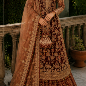 Shahi Gulnaar – Deep Burgundy Luxury Anarkali Suit Experience the grandeur of timeless Indian occasion wear with Shahi Gulnaar, an exquisite deep burgundy Anarkali ensemble designed for women who appreciate luxurious colours, intricate embroidery, graceful silhouettes, and traditional craftsmanship. Created by Maharani Designer Boutique, this statement ensemble combines a rich deep burgundy base with elaborate antique-gold-toned embroidery, creating an elegant and regal appearance. The design features a beautifully structured long Anarkali-style kurta, richly embroidered sleeves, an intricately decorated flowing lower section, and a coordinated sheer dupatta finished with an ornate border. The deep burgundy shade gives the outfit a sophisticated jewel-toned character, while the extensive gold embroidery creates warmth and visual richness. Floral motifs, delicate vines, ornamental patterns, traditional-inspired borders, and intricate detailing cover the ensemble, creating a luxurious look from neckline to hem. The matching dupatta adds another dimension to the outfit. Its warm burgundy tone complements the main garment, while its delicate sheer appearance and heavily embroidered border create an elegant finishing touch. This designer ensemble is ideal for weddings, wedding receptions, engagement ceremonies, sangeet celebrations, festive occasions, formal dinners, family functions, destination weddings, and sophisticated evening events. Shahi Gulnaar is designed for the modern woman who wants to embrace traditional Indian elegance while making a luxurious and memorable fashion statement. Rich Deep Burgundy Colour The deep burgundy shade is the defining characteristic of this ensemble. Burgundy is a sophisticated interpretation of traditional Indian reds. It offers the richness associated with bridal and festive fashion while creating a deeper, more luxurious appearance. The dark wine-like base provides the perfect canvas for the extensive gold embroidery. Every floral motif and decorative border becomes more visible against the rich background, creating a dramatic contrast. This colour is particularly suitable for evening celebrations because warm lighting can enhance the depth of burgundy while allowing the gold embroidery to appear luminous. For women who love maroon, wine, burgundy, and deep red tones, this ensemble offers a refined alternative to brighter traditional colours. The colour also works beautifully with traditional gold jewellery, kundan-inspired accessories, pearls, antique-finish jewellery, and warm-toned makeup. MDB 024717 ,Emerald Green,MDB 024311 ,MDB 07210059,MDB 027210275 Intricate Gold Embroidery The most striking feature of Shahi Gulnaar is its elaborate gold-toned embroidery. The embroidery creates an ornate surface across the outfit while maintaining a carefully balanced composition. Floral motifs, delicate leaves, ornamental vines, paisley-inspired details, and traditional decorative patterns appear throughout the design. The upper section features dense embroidery around the neckline and front panel, creating an elegant focal point. The embroidery continues across the sleeves, creating a seamless connection between the bodice and cuffs. The lower portion features repeated floral motifs arranged across the flowing Anarkali panels. This creates a beautiful rhythm throughout the garment. The embroidery becomes especially detailed towards the hem, where multiple decorative borders create a rich and luxurious finish. The combination of the burgundy base and gold embroidery gives the ensemble a couture-inspired appearance that is particularly suitable for formal Indian celebrations. Elegant Anarkali Silhouette The Anarkali silhouette is one of the most enduring styles in Indian fashion. Shahi Gulnaar interprets this classic silhouette through a long, flowing shape that creates an elegant and elongated appearance. The upper portion follows a graceful structured line before opening into a fuller lower section. The flare creates natural movement while walking and allows the embroidery to become visible from different angles. This flowing shape is particularly attractive for wedding entrances, formal photographs, receptions, and special occasions. The silhouette balances the richness of the embroidery by allowing the fabric to move naturally. Instead of creating a rigid or overly structured appearance, the Anarkali shape gives the ensemble softness and femininity. Detailed Neckline and Bodice The neckline is carefully framed with intricate gold embroidery. The decorative border follows the shape of the neckline and continues into the front panel, creating a beautiful focal point around the face. The central embroidery incorporates floral and ornamental elements, adding depth to the bodice. The detailed front panel also provides a natural foundation for traditional jewellery. A statement choker can complement the neckline beautifully, while long earrings can add another layer of elegance. For a more contemporary styling approach, statement earrings can be worn without a necklace, allowing the embroidery itself to remain the focus. Full-Sleeved Embroidered Design The long sleeves give the ensemble a sophisticated and regal character. The sleeves are decorated with intricate embroidery that continues the floral and ornamental language of the main garment. The detailed cuffs add an additional layer of richness and create a beautiful finishing detail around the wrists. This makes the sleeves particularly attractive when paired with traditional bangles or bracelets. The full-sleeved silhouette is also well suited to formal evening events and cooler wedding seasons. The sleeves provide coverage while maintaining a refined and luxurious appearance. Floral and Botanical Motifs Floral-inspired embroidery forms a major part of the visual identity of this outfit. The motifs appear throughout the upper and lower portions of the garment. Some areas feature larger decorative flowers, while others contain smaller repeated motifs and delicate botanical details. This combination creates visual variety without breaking the overall harmony of the design. The botanical-inspired embroidery gives the outfit a timeless character because floral motifs remain a classic element of Indian textile and occasion wear. The motifs also photograph beautifully, particularly in close-up portraits where the intricate details can be appreciated. Heavily Embroidered Lower Section The lower section of the Anarkali features extensive embroidery arranged across the flowing panels. The design incorporates repeated floral motifs, ornamental vines, and delicate decorative patterns. As the eye moves downward, the embroidery becomes richer and more elaborate. This creates a visual progression from the comparatively structured bodice towards the heavily decorated hem. The flowing fabric allows the embroidery to move naturally as the wearer walks. This makes the lower portion particularly striking in full-length photographs. The detailed lower section also gives the ensemble a regal appearance, making it suitable for grand celebrations. Statement Hem Borders The hemline features multiple layers of elaborate embroidery. These borders create a strong finishing line around the bottom of the Anarkali. Traditional-inspired floral and ornamental motifs are arranged in several bands, creating texture and dimension. The borders also help define the flare and add visual weight to the lower portion of the garment. When the outfit moves, the embellished hem catches attention and creates an elegant visual effect. The detailed borders are especially beautiful when photographed from a distance because they create a clear outline around the flowing silhouette. Coordinated Sheer Dupatta The matching burgundy dupatta completes the outfit. Its sheer appearance gives the ensemble a lighter visual layer while retaining the richness of the deep burgundy colour. The dupatta is decorated with delicate scattered motifs that coordinate with the embroidery on the main garment. Its border is particularly elaborate and features multiple layers of gold-toned embroidery. The ornate border creates a beautiful frame when the dupatta is draped over the shoulder or arranged across the front. The dupatta can also be worn over the head for a more traditional and ceremonial appearance. For a reception or formal evening event, draping it over one shoulder can create a sophisticated contemporary silhouette. Perfect for Weddings Shahi Gulnaar is an elegant choice for a wide variety of wedding celebrations. Its deep burgundy colour and elaborate embroidery make it suitable for formal functions where a luxurious appearance is desired. It can be styled for: Wedding receptions Engagement ceremonies Sangeet celebrations Mehendi functions Family weddings Pre-wedding events Formal dinners Destination weddings Festive celebrations Anniversary events Cultural gatherings Wedding guest occasions The outfit can be styled differently according to the role of the wearer and the nature of the event. Wedding Reception Styling A wedding reception is the perfect setting for this deep burgundy and gold ensemble. The rich colour creates an elegant evening appearance, while the gold embroidery provides enough glamour for a formal celebration. For a sophisticated reception look, pair the outfit with a statement gold choker, chandelier earrings, a metallic clutch, and elegant heels. A polished low bun can create a refined appearance. Alternatively, soft waves can introduce a more romantic and contemporary character. The dupatta can be draped over one shoulder to highlight the embroidered bodice and sleeves. Engagement Outfit For an engagement ceremony, Shahi Gulnaar can be styled in a more refined manner. Choose a statement choker and matching earrings to complement the ornate neckline. A maang tikka can be added for a traditional Indian appearance. For a modern engagement look, wear oversized earrings without a necklace and allow the neckline embroidery to remain visible. Soft curls, luminous makeup, and a sophisticated clutch can complete the ensemble. The deep burgundy shade photographs beautifully, making it particularly suitable for engagement portraits. Sangeet and Mehendi Styling The flowing Anarkali silhouette makes this outfit suitable for sangeet celebrations. The lower portion moves gracefully, creating an elegant appearance while walking, posing, and participating in festivities. For a sangeet, style the dupatta securely over one shoulder. Statement earrings and a sleek hairstyle can create a glamorous party look. For a mehendi function, traditional bangles and lighter jewellery can give the outfit a festive appearance. The deep burgundy shade can also be complemented with floral accessories for a softer styling direction. Festive Occasion Wear This ensemble is not limited to weddings. The rich colour and intricate embroidery make it an excellent choice for festive celebrations such as Diwali gatherings, family functions, formal dinners, anniversary celebrations, cultural events, and special parties. For Diwali, pair it with gold jewellery and a metallic clutch. For a family gathering, choose lighter jewellery and natural makeup. For an evening party, statement earrings and a sleek hairstyle can give the ensemble a more contemporary character. Jewellery Styling The gold embroidery creates a natural connection with traditional Indian jewellery. For a regal appearance, consider a gold-toned or antique-finish choker paired with matching earrings. Kundan-inspired or polki-inspired jewellery can also complement the ornate embroidery beautifully. For a more elaborate wedding appearance, layer a long necklace beneath the choker. Traditional bangles can be stacked to create a festive look. Statement rings can add another detail to the overall styling. For a contemporary reception, large statement earrings may be enough, allowing the neckline embroidery to remain visible. Hairstyle Suggestions A centre-parted low bun is an elegant choice for this outfit. It provides a clean foundation for a maang tikka and allows the earrings and neckline to remain visible. Fresh flowers can be added around the bun for a traditional Indian touch. For an engagement or reception, soft waves create a more modern and romantic appearance. A polished low ponytail can also work for a contemporary interpretation. If the dupatta is worn over the head, a neat bun is particularly suitable because it maintains a clean silhouette. Makeup Styling The deep burgundy and gold colour palette pairs beautifully with warm, luminous makeup. Gold, bronze, champagne, and warm brown eyeshadows can complement the embroidery. Defined eyeliner and softly sculpted brows can enhance the eyes. A luminous complexion works especially well with the reflective quality of gold detailing. For the lips, choose a deep rose, berry, wine, classic red, or warm nude shade. A deeper lip can create a traditional bridal appearance. For a contemporary reception, a muted rose or nude lip can create a softer balance. Photography-Friendly Design Shahi Gulnaar features numerous details that make it particularly attractive in photographs. The embroidered neckline creates a beautiful close-up focal point. The detailed sleeves provide texture for portrait photographs. The flowing lower section creates movement in full-length photographs. The ornate hem creates a strong visual outline. The embroidered dupatta adds another layer of texture and dimension. The deep burgundy and gold combination works beautifully against heritage architecture, gardens, luxury interiors, neutral backgrounds, and evening wedding décor. Destination Wedding Appeal The deep burgundy palette creates a luxurious appearance at destination weddings. It can complement palace venues, heritage havelis, luxury hotels, resorts, gardens, and traditional architectural settings. For an evening destination wedding, pair the ensemble with traditional gold jewellery and a structured clutch. For a daytime event, lighter jewellery can soften the appearance. The flowing silhouette and embellished dupatta can create beautiful movement in outdoor photographs. Traditional Indian Craftsmanship The design reflects the enduring beauty of Indian occasion wear. Rich colour, detailed embroidery, ornate borders, graceful silhouettes, and embellished dupattas are all important elements of traditional Indian fashion. Shahi Gulnaar brings these elements together in a cohesive ensemble. The result is an outfit that feels luxurious while maintaining a strong connection with Indian heritage. It is suitable for women who appreciate craftsmanship and want their occasion wear to feel special from every angle. Contemporary Indian Fashion Although the design is rooted in traditional Indian aesthetics, its styling can easily be adapted for the modern woman. Pairing the outfit with contemporary jewellery can create a more modern appearance. A sleek hairstyle and minimal accessories can transform it into sophisticated evening wear. The Anarkali silhouette itself provides a timeless foundation that can work across generations. This balance between heritage and modern styling makes Shahi Gulnaar a versatile addition to a luxury ethnic wardrobe. Wedding Guest Styling As a wedding guest, the outfit can be styled elegantly without appearing excessively bridal. Choose statement earrings, a refined clutch, and sophisticated footwear. Keep the jewellery balanced and allow the embroidery to remain the main focus. For close family celebrations, a statement choker and traditional bangles can create a richer appearance. For a reception, metallic accessories and a polished hairstyle can create a sophisticated formal look. Custom-Made Designer Experience At Maharani Designer Boutique, selected designer outfits may be customised or made to measure according to individual requirements. Customers can discuss measurements, fitting preferences, neckline requirements, sleeve styling, dupatta draping, and other possible customisation details depending on the selected design. If the outfit is required for a particular event, customers are encouraged to provide the event date before confirming an order. Detailed embroidered garments require careful construction and finishing, so production timelines may vary according to the design and customisation requirements. Luxury Indian Occasion Wear Luxury occasion wear is defined by more than just embellishment. It is about the relationship between colour, silhouette, embroidery, proportion, and finishing. Shahi Gulnaar combines these elements carefully. The deep burgundy base provides richness. The gold embroidery introduces luminosity. The Anarkali silhouette provides grace. The detailed borders add structure. The sheer dupatta introduces softness and movement. Together, these elements create a complete luxury occasion-wear look. Indian Fashion for Global Celebrations Indian weddings and cultural celebrations are enjoyed around the world. Women looking for premium Indian clothing in Canada, the USA, the UK, Australia, New Zealand, and other destinations can style this type of designer Anarkali for weddings, receptions, engagement celebrations, Diwali events, cultural gatherings, and formal family occasions. The rich colour palette works particularly well for evening celebrations, while the traditional silhouette makes the outfit unmistakably Indian. Maharani Designer Boutique offers PAN India and worldwide shipping for customers looking for premium designer Indian occasion wear. Care and Storage Because the ensemble features intricate embroidery and delicate embellishment, careful handling is recommended. Store the outfit in a clean, dry garment bag when not in use. Avoid placing heavy objects directly over embroidered areas. Fold the dupatta carefully to help protect its embroidered border. Professional cleaning is recommended for heavily embroidered occasion wear, with the exact cleaning method determined by the fabric and embellishments used in the final garment. Always follow the garment-specific care instructions provided with the outfit. Why Choose Shahi Gulnaar? Choose Shahi Gulnaar if you are looking for: A deep burgundy designer Anarkali A luxurious wine-toned Indian outfit Heavy gold embroidered ethnic wear A wedding reception outfit An engagement Anarkali A sangeet ensemble A festive Indian outfit A statement embroidered dupatta Traditional Indian occasion wear Contemporary luxury ethnic fashion Premium designer clothing Custom-made Indian wear The Beauty of Burgundy and Gold Burgundy and gold create a naturally regal colour combination. The deep burgundy base brings depth and sophistication. Gold embroidery introduces warmth and brightness. The contrast allows the detailed motifs to stand out while maintaining a cohesive appearance. This timeless colour combination is particularly suitable for women who want an outfit that feels luxurious, mature, and elegant. It is also versatile enough to be styled with a wide range of traditional jewellery. A Timeless Occasion-Wear Investment A beautifully crafted Anarkali can remain relevant across multiple seasons. The classic silhouette does not depend heavily on changing fashion trends. The deep burgundy colour gives the outfit a timeless character. The traditional embroidery adds cultural richness. With different jewellery, hairstyles, and dupatta drapes, the ensemble can create different looks for different celebrations. It can become a wedding reception outfit, an engagement ensemble, a festive look, or a formal evening outfit. Final Look Shahi Gulnaar is a celebration of rich colour, intricate craftsmanship, graceful movement, and luxurious Indian fashion. The deep burgundy base creates a dramatic foundation, while elaborate gold-toned embroidery brings the outfit to life. The ornate neckline frames the face beautifully, while the detailed full sleeves create a sophisticated and regal appearance. The flowing Anarkali silhouette provides movement and elegance, with floral and ornamental motifs continuing throughout the lower section. The richly decorated hem creates a powerful finishing detail, while the matching sheer dupatta completes the look with an elaborate embroidered border and scattered motifs. Whether you are attending a wedding reception, engagement ceremony, sangeet, festive celebration, destination wedding, or formal family event, Shahi Gulnaar offers a sophisticated and memorable way to embrace Indian occasion wear. Discover luxury designer Indian fashion at Maharani Designer Boutique, where traditional craftsmanship meets contemporary styling. For current availability, pricing, measurements, fabric specifications, customisation, production timelines, and shipping information, contact Maharani Designer Boutique directly before placing your order. Maharani Designer Boutique Jalandhar, Punjab, India PAN India & Worldwide Shipping Product Highlights Deep burgundy designer Anarkali suit Rich wine-toned colour palette Heavy gold-toned embroidery Intricately embroidered neckline Detailed full sleeves Floral and botanical-inspired motifs Ornate embroidered bodice Flowing full-length Anarkali silhouette Heavily decorated lower section Multi-layered embroidered hem Matching sheer burgundy dupatta Elaborate dupatta border Scattered embroidered dupatta motifs Traditional Indian craftsmanship Contemporary luxury styling Ideal for weddings and receptions Perfect for engagement and sangeet celebrations Suitable for festive occasions Elegant wedding guest outfit Customisation may be available Made-to-measure options may be available PAN India and worldwide shipping Deep burgundy Anarkali suit, burgundy designer Anarkali, burgundy Anarkali suit online, wine Anarkali suit, maroon Anarkali suit, burgundy embroidered Anarkali, heavy embroidered Anarkali, gold embroidered Anarkali, designer Anarkali suit, designer Anarkali online, wedding Anarkali suit, wedding Anarkali online, reception Anarkali suit, sangeet Anarkali, engagement Anarkali suit, Anarkali Suits Design festive Anarkali suit, burgundy wedding outfit, burgundy ethnic wear, Indian designer Anarkali, luxury Anarkali suit, embroidered Anarkali with dupatta, designer Indian wear, luxury Indian clothing, wedding wear for women, designer ethnic wear, Indian occasion wear, designer suits online, boutique Anarkali Jalandhar, designer boutique suits Jalandhar, Maharani Designer Boutique, custom made Indian wear, premium Indian ethnic wear.
