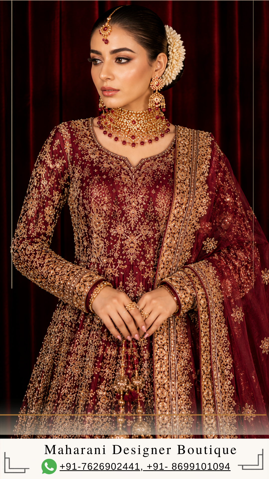 i suitsMeher-e-Maharani – Deep Maroon Luxury Anarkali Suit Step into timeless Indian elegance with Meher-e-Maharani, a magnificent deep maroon embroidered Anarkali suit created by Maharani Designer Boutique for women who appreciate rich colours, intricate craftsmanship, traditional silhouettes, and luxurious occasion wear. This regal ensemble features a deep maroon Anarkali-style outfit covered with elaborate gold-toned embroidery, a beautifully coordinated sheer dupatta, and ornate borders that create a sophisticated couture-inspired appearance. The richness of the maroon base provides the perfect canvas for the extensive golden embroidery, allowing every motif, border, and decorative detail to stand out beautifully. The outfit showcases an elegant full-length silhouette with a graceful flare, a richly embellished neckline, long embroidered sleeves, an intricately decorated lower section, and a statement dupatta. The combination creates a complete traditional Indian look that feels luxurious, feminine, and timeless. The design is especially suited to weddings, wedding receptions, engagement celebrations, sangeet functions, festive gatherings, formal dinners, family celebrations, and other special occasions. From the elaborate neckline to the detailed sleeves, ornate skirt panels, decorative hem, and richly bordered dupatta, every visible element contributes to the grandeur of this ensemble. Meher-e-Maharani is designed for the woman who wants her Indian occasion wear to make a statement through craftsmanship, colour, and elegance. The Richness of Deep Maroon The deep maroon colour is the defining foundation of this ensemble. Maroon has long been associated with luxury, sophistication, celebration, and traditional Indian fashion. Its deep jewel-like character creates a dramatic appearance while remaining more refined and understated than brighter shades of red. In this design, the maroon base provides a striking contrast against the gold-toned embroidery. The combination of deep maroon and gold immediately creates a regal aesthetic. It is particularly suitable for women who prefer rich, mature colours and want an outfit that feels luxurious without relying on excessive colour variation. The colour is especially beautiful for evening celebrations, where warm lighting can enhance the depth of the maroon fabric and allow the gold embellishment to create a subtle luminous effect. For wedding receptions, formal dinners, and grand celebrations, this colour combination offers an elegant alternative to conventional bridal red. Intricate Gold Embroidery The most prominent characteristic of this designer Anarkali is its elaborate gold-toned embroidery. The embroidery is distributed throughout the garment, creating a richly detailed surface while maintaining a carefully balanced composition. Floral-inspired motifs, ornamental patterns, scrolling details, paisley-like elements, and traditional decorative forms appear across the outfit. The upper portion features intricate embroidery around the neckline and bodice, creating an elegant frame around the face and jewellery. The sleeves continue the same embroidery language, with detailed motifs extending towards the cuffs. Across the flowing lower portion, the embroidery becomes progressively richer, creating a beautiful sense of movement and visual depth. The lower borders feature especially elaborate decorative work, giving the outfit a grand and finished appearance. This extensive detailing makes the ensemble particularly suitable for women looking for heavy embroidered Anarkali suits and luxury Indian occasion wear. MDB 024717,Emerald Green & Deep Red Bridal Lehenga,MDB 024311 ,MDB 027210162,MDB 027210130 Elegant Anarkali Silhouette The Anarkali silhouette is one of the most timeless forms in Indian fashion. This ensemble uses a graceful full-length silhouette that begins with a fitted or structured upper section and gradually opens into a flowing flare. The silhouette creates an elongated appearance while providing generous movement through the lower portion. The flare is particularly beautiful when the wearer walks because the embroidered panels move naturally and allow different sections of the design to become visible. This creates a dramatic effect without compromising the elegance of the overall outfit. The Anarkali silhouette also provides a beautiful foundation for traditional Indian embroidery because the large surface area allows motifs and borders to be arranged in a balanced way. The result is a garment that feels traditional, graceful, and luxurious while remaining suitable for contemporary styling. Ornate Embroidered Neckline The neckline is one of the key focal points of the design. It features detailed gold embroidery arranged around the neckline and extending into the front bodice. The intricate pattern creates a beautiful frame for traditional jewellery. A statement choker can sit elegantly above the neckline, while a longer necklace can be layered below it for a more elaborate bridal-inspired look. The embroidery around the neckline also means that the outfit remains visually striking even when styled with minimal jewellery. For a modern reception appearance, statement earrings can be worn without a necklace, allowing the neckline embroidery to remain the centre of attention. Heavily Embellished Sleeves The long sleeves add a sophisticated and regal character to the outfit. Rather than keeping the sleeves plain, the design carries detailed embroidery throughout the arms, creating continuity with the bodice and lower portion. The cuffs are particularly ornate and provide a beautifully finished appearance around the wrists. This styling works especially well with traditional bangles and bracelets. The full-sleeved silhouette also makes the ensemble an elegant choice for formal evening occasions and winter celebrations. The detailed sleeves add visual richness without changing the graceful proportions of the Anarkali. Detailed Lower Panels The lower portion of the Anarkali is richly decorated with elaborate embroidery. Large traditional-inspired motifs are arranged across the flowing panels, creating visual focal points as the skirt expands towards the floor. Between the larger motifs, smaller floral and ornamental patterns fill the space, creating a cohesive embroidered surface. The placement of the embroidery creates a beautiful sense of rhythm. Some areas feature denser detailing, while other sections allow the maroon base to remain visible. This balance prevents the outfit from appearing visually overwhelming despite the extensive embroidery. The lower section is especially striking in full-length photographs because the flowing panels create movement while the embroidery adds texture and depth. Statement Embroidered Hem The hemline is one of the most richly detailed areas of the outfit. A broad decorative border runs around the bottom of the Anarkali, creating a strong visual foundation. The border features multiple layers of intricate gold-toned embroidery, including floral and ornamental patterns. This multi-layered finish gives the outfit a couture-inspired appearance. When the Anarkali moves, the decorated hem becomes a beautiful focal point, especially in photographs and during a wedding entrance. The border also visually anchors the flowing silhouette and provides a clear finishing line around the garment. Richly Embellished Dupatta The coordinated dupatta completes the outfit and adds another layer of elegance. The deep maroon dupatta is designed with an ornate gold border that runs along its length. The border contains intricate embroidery and decorative motifs that complement the main Anarkali. Additional motifs are scattered across the dupatta, creating subtle detailing throughout the fabric. The sheer appearance of the dupatta allows it to fall gracefully while keeping the overall look light enough to maintain movement. The dupatta can be styled traditionally over the head for a ceremonial appearance or draped over one shoulder for a sophisticated contemporary look. For a wedding reception, the border can be arranged prominently across the front to showcase the embroidery. Traditional Indian Craftsmanship The overall design reflects the beauty of traditional Indian occasion wear, where colour, embroidery, silhouette, and finishing work together to create a complete look. The deep maroon base represents the richness of traditional Indian clothing. The gold embroidery introduces luxury. The Anarkali silhouette creates grace and movement. The ornate dupatta adds dimension. The elaborate borders provide structure and finishing. Together, these elements create an ensemble that feels rooted in Indian heritage while remaining suitable for modern celebrations. Perfect for Weddings This deep maroon designer Anarkali suit is a versatile option for wedding celebrations. It can be worn for: Wedding receptions Engagement ceremonies Sangeet functions Mehendi celebrations Family weddings Pre-wedding events Formal dinners Festive celebrations Destination weddings Anniversary celebrations Cultural events Wedding guest occasions The richness of the embroidery makes it suitable for formal events, while the classic silhouette allows it to be styled according to the specific function. For a daytime celebration, pair it with lighter jewellery and soft makeup. For an evening reception, add statement jewellery and a more glamorous beauty look. Ideal for Wedding Receptions Wedding receptions are perfect occasions for deep maroon and gold. The colour combination creates an elegant evening appearance, while the embroidery catches the light beautifully. For a reception, style the Anarkali with a statement choker, large earrings, a sleek clutch, and metallic footwear. A polished low bun can create a sophisticated appearance, while soft waves can make the look more romantic. The dupatta can be draped over one shoulder to reveal the detailed neckline and sleeves. Elegant Engagement Wear For engagement ceremonies, this ensemble can be styled in a more refined way. The deep maroon colour provides sophistication, while the intricate embroidery adds the required festive character. Pair it with a statement necklace and matching earrings for a traditional appearance. Alternatively, wear oversized earrings and skip the necklace for a modern look. A maang tikka can be added for a more traditional Indian styling. Soft waves or a sleek low bun can complete the look. Sangeet Styling The flowing Anarkali silhouette creates beautiful movement, making it suitable for sangeet celebrations. For a glamorous sangeet look, wear the dupatta over one shoulder and pair the outfit with statement earrings. The flowing lower portion allows the outfit to move gracefully while walking and dancing. A sleek hairstyle and luminous makeup can give the outfit a contemporary party appearance. For a more traditional look, add bangles, a choker, and a maang tikka. Festive Occasion Wear The versatility of the deep maroon colour makes this ensemble suitable beyond weddings. It can be styled for Diwali celebrations, family gatherings, festive dinners, cultural events, anniversary celebrations, and formal parties. For Diwali, pair it with gold jewellery and a metallic clutch. For a family celebration, choose more delicate jewellery and natural makeup. For a formal dinner, keep the accessories minimal and let the embroidery become the main statement. Jewellery Styling The extensive gold embroidery creates a natural connection with traditional gold jewellery. For a regal appearance, consider: Gold choker Kundan-inspired necklace Polki-style earrings Traditional jhumkas Maang tikka Bangles Statement rings Traditional nath The deep maroon colour can also complement jewellery featuring ruby-inspired, burgundy, or deep red accents. For a contemporary look, oversized gold earrings can be worn alone. The choice of jewellery can completely change the personality of the outfit. Hairstyle Suggestions A traditional centre-parted bun is an excellent choice for this Anarkali. The bun can be decorated with fresh flowers or traditional hair accessories. This hairstyle allows the neckline, earrings, and dupatta to remain clearly visible. For a reception, a polished low bun creates a sophisticated appearance. For an engagement or sangeet, soft waves provide a more contemporary and romantic finish. If the dupatta is worn over the head, a neat bun creates a clean and elegant foundation. Makeup Styling The deep maroon and gold palette works beautifully with warm and luminous makeup. Gold, bronze, champagne, and warm brown eyeshadows can complement the embroidery. Defined eyeliner and softly sculpted brows can enhance the eyes. A luminous complexion works particularly well with the reflective appearance of gold embroidery. For the lips, choose a deep rose, berry, wine, red, or nude shade depending on the desired look. For a traditional wedding appearance, a deeper lip can complement the richness of the outfit. For a modern reception, a softer rose or nude lip can create more balance. Photography-Friendly Design This ensemble is designed with numerous elements that create visual interest in photographs. The intricate neckline provides beautiful close-up detailing. The embroidered sleeves create elegant arm and portrait shots. The flowing lower silhouette provides movement in full-length photographs. The ornate hem creates a strong visual foundation. The richly bordered dupatta adds another layer of texture and drama. The deep maroon and gold colour combination also works beautifully against dark, neutral, heritage, and luxury event backgrounds. A Regal Choice for the Modern Woman Modern Indian occasion wear increasingly combines traditional craftsmanship with contemporary styling. This Anarkali captures that balance. The silhouette remains rooted in Indian fashion, while the detailed embroidery and refined proportions give it a modern couture character. It is suitable for women who want an outfit that feels luxurious without relying on overly complicated styling. The ensemble itself creates a complete look, allowing jewellery and accessories to be selected according to personal preference. Wedding Guest Styling For wedding guests, the outfit can be styled elegantly without appearing excessively bridal. Choose statement earrings, a sleek clutch, and sophisticated footwear. Keep the jewellery balanced so the embroidery remains the primary focus. For a close family wedding, a statement choker and bangles can create a richer appearance. For a reception, choose metallic accessories and a polished hairstyle. This makes the ensemble suitable for women attending important wedding celebrations as guests or family members. Destination Wedding Style Deep maroon and gold can create a striking appearance at destination weddings. The colour complements heritage architecture, palace-inspired venues, luxury hotels, traditional havelis, and evening outdoor celebrations. For a destination wedding, pair the outfit with traditional jewellery and an elegant clutch. The flowing silhouette and embellished dupatta can create beautiful movement in outdoor photographs. Custom-Made Designer Experience At Maharani Designer Boutique, selected designer outfits may be customised or made to measure according to individual requirements. Customers can discuss measurements, fitting preferences, neckline requirements, sleeve styling, dupatta draping, and other possible customisation details depending on the chosen design. If the outfit is required for a particular wedding date, customers are encouraged to share the event date before confirming the order. Detailed embroidered garments require careful construction and finishing, so production timelines may vary depending on the selected design and customisation. Luxury Indian Occasion Wear Luxury Indian clothing is defined by attention to detail. This ensemble brings together a rich colour, elaborate embroidery, graceful silhouette, and statement dupatta. The embroidery is distributed throughout the garment to create a cohesive appearance. The result is an outfit that feels complete even before jewellery and accessories are added. This makes it a strong choice for women who prefer sophisticated Indian fashion with a luxurious finish. Indian Fashion for Global Celebrations Indian weddings and cultural celebrations are held across the world, and premium Indian occasion wear continues to be an important part of these events. This deep maroon Anarkali can be styled for celebrations in India and internationally. It can be suitable for weddings, receptions, engagement ceremonies, sangeet events, Diwali celebrations, cultural gatherings, and formal family occasions in Canada, the USA, the UK, Australia, New Zealand, and other destinations. Maharani Designer Boutique offers PAN India and worldwide shipping for customers looking for designer Indian occasion wear. Care and Storage Because the outfit features detailed embroidery and embellishment, careful handling is recommended. Store it in a clean, dry garment bag when not in use. Avoid placing heavy objects directly over embroidered sections. Fold the dupatta carefully to help protect its embellished border. Professional cleaning is recommended for heavily embroidered occasion wear, with the appropriate method determined by the actual fabric and embellishment used in the finished garment. Always follow the specific care instructions provided with the outfit. Why Choose Meher-e-Maharani? Choose Meher-e-Maharani if you are looking for: A deep maroon designer Anarkali Heavy gold embroidered Indian wear A luxury wedding outfit A reception Anarkali suit A sangeet outfit An engagement outfit A festive Indian ensemble A richly embroidered dupatta A traditional yet contemporary silhouette Premium designer occasion wear Custom-made Indian clothing Sophisticated wedding guest attire The Beauty of Maroon and Gold The combination of maroon and gold has remained one of the most enduring colour palettes in Indian fashion. Maroon provides depth and sophistication. Gold introduces warmth and luminosity. Together, they create a regal appearance that works beautifully for celebrations. This ensemble takes that classic combination and presents it through an elaborate Anarkali silhouette, making it suitable for the modern woman who wants traditional elegance with a luxurious designer finish. A Timeless Occasion-Wear Investment A carefully crafted Anarkali can remain relevant for years because the silhouette itself is timeless. This design combines a classic shape with a rich colour palette and traditional embroidery, making it suitable for multiple occasions. With different jewellery, hairstyles, and dupatta drapes, the same ensemble can create completely different looks. It can feel bridal for a wedding, glamorous for a reception, traditional for a family ceremony, or sophisticated for a formal dinner. Final Look Meher-e-Maharani is a celebration of deep colour, elaborate embroidery, traditional Indian craftsmanship, and graceful contemporary styling. The deep maroon Anarkali creates a dramatic foundation, while intricate gold-toned embroidery brings the entire silhouette to life. The detailed neckline frames the face beautifully, while the full embroidered sleeves add sophistication. The flowing lower portion creates movement and volume, with elaborate motifs and multi-layered borders providing a luxurious finish. The matching maroon dupatta completes the ensemble with its richly embroidered border and scattered decorative motifs. Whether you are preparing for a wedding reception, engagement ceremony, sangeet celebration, festive event, destination wedding, or formal family gathering, this designer Anarkali offers an elegant and memorable way to embrace Indian occasion wear. Discover luxurious designer Indian fashion at Maharani Designer Boutique, where traditional craftsmanship meets contemporary styling. For current availability, pricing, fabric specifications, measurements, customisation, production timelines, and shipping information, contact Maharani Designer Boutique directly before placing your order. Maharani Designer Boutique Jalandhar, Punjab, India PAN India & Worldwide Shipping Product Highlights Deep maroon designer Anarkali suit Rich wine-maroon colour palette Heavy gold-toned embroidery Intricately embroidered neckline Detailed full sleeves Elaborately decorated bodice Flowing full-length Anarkali silhouette Intricate floral and ornamental motifs Heavily embroidered lower border Matching embellished maroon dupatta Ornate gold dupatta border Scattered dupatta motifs Traditional Indian craftsmanship Contemporary luxury styling Ideal for weddings and receptions Perfect for engagement and sangeet functions Suitable for festive celebrations Elegant wedding guest outfit Customisation may be available Made-to-measure options may be available PAN India and worldwide shipping Deep maroon Anarkali suit, maroon designer Anarkali, maroon Anarkali suit online, wine maroon Anarkali, maroon embroidered Anarkali, heavy embroidered Anarkali, gold embroidered Anarkali, designer Anarkali suit, designer Anarkali online, wedding Anarkali suit, wedding Anarkali online, reception Anarkali suit, sangeet Anarkali, engagement Anarkali suit, festive Anarkali suit, Designer anarkali suits maroon wedding outfit, maroon ethnic wear, Indian designer Anarkali, luxury Anarkali suit, embroidered Anarkali with dupatta, designer Indian wear, luxury Indian clothing, wedding wear for women, designer ethnic wear, Indian occasion wear, designer suits online, boutique Anarkali Jalandhar, designer boutique suits Jalandhar, Maharani Designer Boutique, custom made Indian wear, premium Indian ethnic wear.