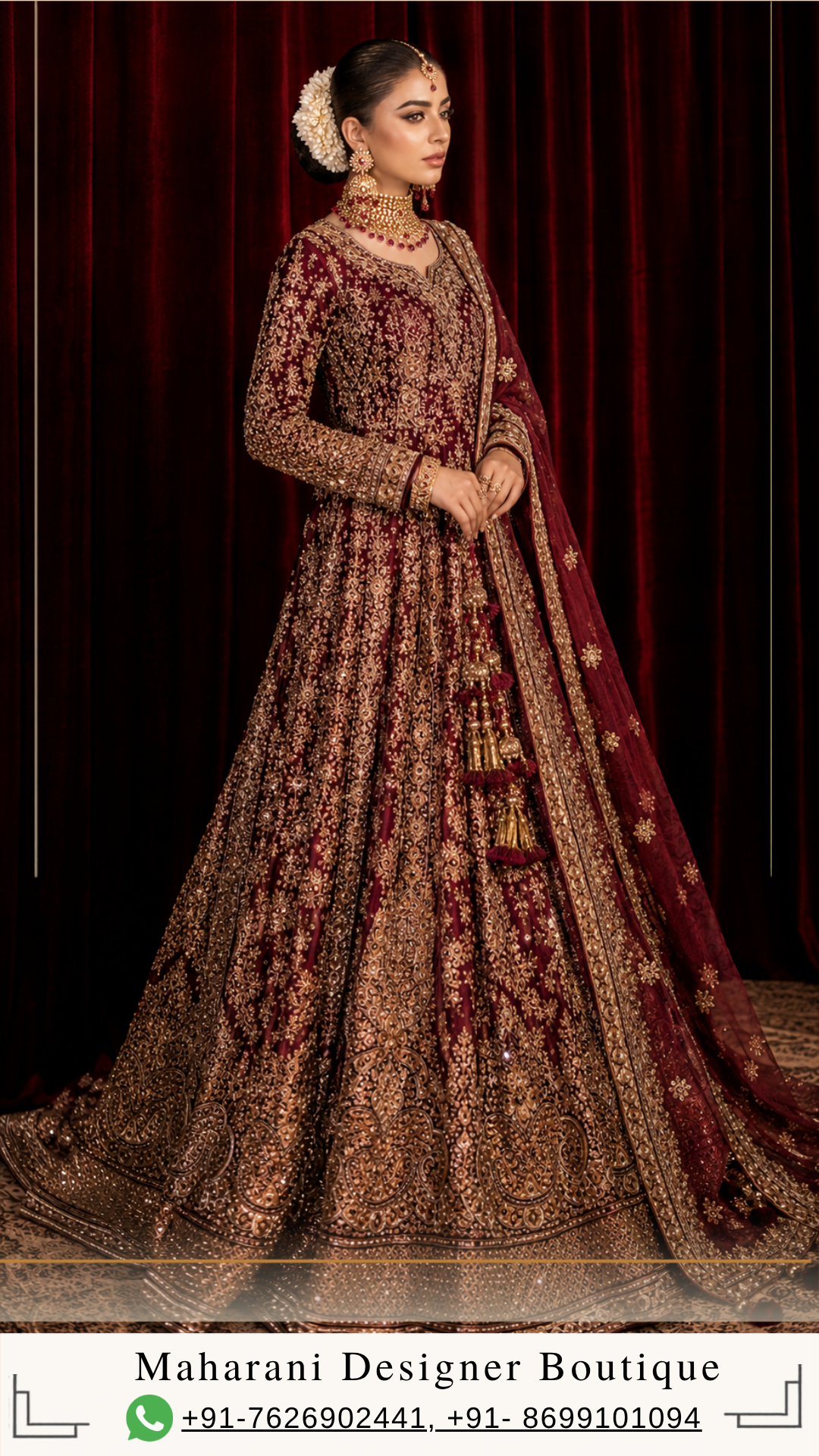 i suitsMeher-e-Maharani – Deep Maroon Luxury Anarkali Suit Step into timeless Indian elegance with Meher-e-Maharani, a magnificent deep maroon embroidered Anarkali suit created by Maharani Designer Boutique for women who appreciate rich colours, intricate craftsmanship, traditional silhouettes, and luxurious occasion wear. This regal ensemble features a deep maroon Anarkali-style outfit covered with elaborate gold-toned embroidery, a beautifully coordinated sheer dupatta, and ornate borders that create a sophisticated couture-inspired appearance. The richness of the maroon base provides the perfect canvas for the extensive golden embroidery, allowing every motif, border, and decorative detail to stand out beautifully. The outfit showcases an elegant full-length silhouette with a graceful flare, a richly embellished neckline, long embroidered sleeves, an intricately decorated lower section, and a statement dupatta. The combination creates a complete traditional Indian look that feels luxurious, feminine, and timeless. The design is especially suited to weddings, wedding receptions, engagement celebrations, sangeet functions, festive gatherings, formal dinners, family celebrations, and other special occasions. From the elaborate neckline to the detailed sleeves, ornate skirt panels, decorative hem, and richly bordered dupatta, every visible element contributes to the grandeur of this ensemble. Meher-e-Maharani is designed for the woman who wants her Indian occasion wear to make a statement through craftsmanship, colour, and elegance. The Richness of Deep Maroon The deep maroon colour is the defining foundation of this ensemble. Maroon has long been associated with luxury, sophistication, celebration, and traditional Indian fashion. Its deep jewel-like character creates a dramatic appearance while remaining more refined and understated than brighter shades of red. In this design, the maroon base provides a striking contrast against the gold-toned embroidery. The combination of deep maroon and gold immediately creates a regal aesthetic. It is particularly suitable for women who prefer rich, mature colours and want an outfit that feels luxurious without relying on excessive colour variation. The colour is especially beautiful for evening celebrations, where warm lighting can enhance the depth of the maroon fabric and allow the gold embellishment to create a subtle luminous effect. For wedding receptions, formal dinners, and grand celebrations, this colour combination offers an elegant alternative to conventional bridal red. Intricate Gold Embroidery The most prominent characteristic of this designer Anarkali is its elaborate gold-toned embroidery. The embroidery is distributed throughout the garment, creating a richly detailed surface while maintaining a carefully balanced composition. Floral-inspired motifs, ornamental patterns, scrolling details, paisley-like elements, and traditional decorative forms appear across the outfit. The upper portion features intricate embroidery around the neckline and bodice, creating an elegant frame around the face and jewellery. The sleeves continue the same embroidery language, with detailed motifs extending towards the cuffs. Across the flowing lower portion, the embroidery becomes progressively richer, creating a beautiful sense of movement and visual depth. The lower borders feature especially elaborate decorative work, giving the outfit a grand and finished appearance. This extensive detailing makes the ensemble particularly suitable for women looking for heavy embroidered Anarkali suits and luxury Indian occasion wear. MDB 024717,Emerald Green & Deep Red Bridal Lehenga,MDB 024311 ,MDB 027210162,MDB 027210130 Elegant Anarkali Silhouette The Anarkali silhouette is one of the most timeless forms in Indian fashion. This ensemble uses a graceful full-length silhouette that begins with a fitted or structured upper section and gradually opens into a flowing flare. The silhouette creates an elongated appearance while providing generous movement through the lower portion. The flare is particularly beautiful when the wearer walks because the embroidered panels move naturally and allow different sections of the design to become visible. This creates a dramatic effect without compromising the elegance of the overall outfit. The Anarkali silhouette also provides a beautiful foundation for traditional Indian embroidery because the large surface area allows motifs and borders to be arranged in a balanced way. The result is a garment that feels traditional, graceful, and luxurious while remaining suitable for contemporary styling. Ornate Embroidered Neckline The neckline is one of the key focal points of the design. It features detailed gold embroidery arranged around the neckline and extending into the front bodice. The intricate pattern creates a beautiful frame for traditional jewellery. A statement choker can sit elegantly above the neckline, while a longer necklace can be layered below it for a more elaborate bridal-inspired look. The embroidery around the neckline also means that the outfit remains visually striking even when styled with minimal jewellery. For a modern reception appearance, statement earrings can be worn without a necklace, allowing the neckline embroidery to remain the centre of attention. Heavily Embellished Sleeves The long sleeves add a sophisticated and regal character to the outfit. Rather than keeping the sleeves plain, the design carries detailed embroidery throughout the arms, creating continuity with the bodice and lower portion. The cuffs are particularly ornate and provide a beautifully finished appearance around the wrists. This styling works especially well with traditional bangles and bracelets. The full-sleeved silhouette also makes the ensemble an elegant choice for formal evening occasions and winter celebrations. The detailed sleeves add visual richness without changing the graceful proportions of the Anarkali. Detailed Lower Panels The lower portion of the Anarkali is richly decorated with elaborate embroidery. Large traditional-inspired motifs are arranged across the flowing panels, creating visual focal points as the skirt expands towards the floor. Between the larger motifs, smaller floral and ornamental patterns fill the space, creating a cohesive embroidered surface. The placement of the embroidery creates a beautiful sense of rhythm. Some areas feature denser detailing, while other sections allow the maroon base to remain visible. This balance prevents the outfit from appearing visually overwhelming despite the extensive embroidery. The lower section is especially striking in full-length photographs because the flowing panels create movement while the embroidery adds texture and depth. Statement Embroidered Hem The hemline is one of the most richly detailed areas of the outfit. A broad decorative border runs around the bottom of the Anarkali, creating a strong visual foundation. The border features multiple layers of intricate gold-toned embroidery, including floral and ornamental patterns. This multi-layered finish gives the outfit a couture-inspired appearance. When the Anarkali moves, the decorated hem becomes a beautiful focal point, especially in photographs and during a wedding entrance. The border also visually anchors the flowing silhouette and provides a clear finishing line around the garment. Richly Embellished Dupatta The coordinated dupatta completes the outfit and adds another layer of elegance. The deep maroon dupatta is designed with an ornate gold border that runs along its length. The border contains intricate embroidery and decorative motifs that complement the main Anarkali. Additional motifs are scattered across the dupatta, creating subtle detailing throughout the fabric. The sheer appearance of the dupatta allows it to fall gracefully while keeping the overall look light enough to maintain movement. The dupatta can be styled traditionally over the head for a ceremonial appearance or draped over one shoulder for a sophisticated contemporary look. For a wedding reception, the border can be arranged prominently across the front to showcase the embroidery. Traditional Indian Craftsmanship The overall design reflects the beauty of traditional Indian occasion wear, where colour, embroidery, silhouette, and finishing work together to create a complete look. The deep maroon base represents the richness of traditional Indian clothing. The gold embroidery introduces luxury. The Anarkali silhouette creates grace and movement. The ornate dupatta adds dimension. The elaborate borders provide structure and finishing. Together, these elements create an ensemble that feels rooted in Indian heritage while remaining suitable for modern celebrations. Perfect for Weddings This deep maroon designer Anarkali suit is a versatile option for wedding celebrations. It can be worn for: Wedding receptions Engagement ceremonies Sangeet functions Mehendi celebrations Family weddings Pre-wedding events Formal dinners Festive celebrations Destination weddings Anniversary celebrations Cultural events Wedding guest occasions The richness of the embroidery makes it suitable for formal events, while the classic silhouette allows it to be styled according to the specific function. For a daytime celebration, pair it with lighter jewellery and soft makeup. For an evening reception, add statement jewellery and a more glamorous beauty look. Ideal for Wedding Receptions Wedding receptions are perfect occasions for deep maroon and gold. The colour combination creates an elegant evening appearance, while the embroidery catches the light beautifully. For a reception, style the Anarkali with a statement choker, large earrings, a sleek clutch, and metallic footwear. A polished low bun can create a sophisticated appearance, while soft waves can make the look more romantic. The dupatta can be draped over one shoulder to reveal the detailed neckline and sleeves. Elegant Engagement Wear For engagement ceremonies, this ensemble can be styled in a more refined way. The deep maroon colour provides sophistication, while the intricate embroidery adds the required festive character. Pair it with a statement necklace and matching earrings for a traditional appearance. Alternatively, wear oversized earrings and skip the necklace for a modern look. A maang tikka can be added for a more traditional Indian styling. Soft waves or a sleek low bun can complete the look. Sangeet Styling The flowing Anarkali silhouette creates beautiful movement, making it suitable for sangeet celebrations. For a glamorous sangeet look, wear the dupatta over one shoulder and pair the outfit with statement earrings. The flowing lower portion allows the outfit to move gracefully while walking and dancing. A sleek hairstyle and luminous makeup can give the outfit a contemporary party appearance. For a more traditional look, add bangles, a choker, and a maang tikka. Festive Occasion Wear The versatility of the deep maroon colour makes this ensemble suitable beyond weddings. It can be styled for Diwali celebrations, family gatherings, festive dinners, cultural events, anniversary celebrations, and formal parties. For Diwali, pair it with gold jewellery and a metallic clutch. For a family celebration, choose more delicate jewellery and natural makeup. For a formal dinner, keep the accessories minimal and let the embroidery become the main statement. Jewellery Styling The extensive gold embroidery creates a natural connection with traditional gold jewellery. For a regal appearance, consider: Gold choker Kundan-inspired necklace Polki-style earrings Traditional jhumkas Maang tikka Bangles Statement rings Traditional nath The deep maroon colour can also complement jewellery featuring ruby-inspired, burgundy, or deep red accents. For a contemporary look, oversized gold earrings can be worn alone. The choice of jewellery can completely change the personality of the outfit. Hairstyle Suggestions A traditional centre-parted bun is an excellent choice for this Anarkali. The bun can be decorated with fresh flowers or traditional hair accessories. This hairstyle allows the neckline, earrings, and dupatta to remain clearly visible. For a reception, a polished low bun creates a sophisticated appearance. For an engagement or sangeet, soft waves provide a more contemporary and romantic finish. If the dupatta is worn over the head, a neat bun creates a clean and elegant foundation. Makeup Styling The deep maroon and gold palette works beautifully with warm and luminous makeup. Gold, bronze, champagne, and warm brown eyeshadows can complement the embroidery. Defined eyeliner and softly sculpted brows can enhance the eyes. A luminous complexion works particularly well with the reflective appearance of gold embroidery. For the lips, choose a deep rose, berry, wine, red, or nude shade depending on the desired look. For a traditional wedding appearance, a deeper lip can complement the richness of the outfit. For a modern reception, a softer rose or nude lip can create more balance. Photography-Friendly Design This ensemble is designed with numerous elements that create visual interest in photographs. The intricate neckline provides beautiful close-up detailing. The embroidered sleeves create elegant arm and portrait shots. The flowing lower silhouette provides movement in full-length photographs. The ornate hem creates a strong visual foundation. The richly bordered dupatta adds another layer of texture and drama. The deep maroon and gold colour combination also works beautifully against dark, neutral, heritage, and luxury event backgrounds. A Regal Choice for the Modern Woman Modern Indian occasion wear increasingly combines traditional craftsmanship with contemporary styling. This Anarkali captures that balance. The silhouette remains rooted in Indian fashion, while the detailed embroidery and refined proportions give it a modern couture character. It is suitable for women who want an outfit that feels luxurious without relying on overly complicated styling. The ensemble itself creates a complete look, allowing jewellery and accessories to be selected according to personal preference. Wedding Guest Styling For wedding guests, the outfit can be styled elegantly without appearing excessively bridal. Choose statement earrings, a sleek clutch, and sophisticated footwear. Keep the jewellery balanced so the embroidery remains the primary focus. For a close family wedding, a statement choker and bangles can create a richer appearance. For a reception, choose metallic accessories and a polished hairstyle. This makes the ensemble suitable for women attending important wedding celebrations as guests or family members. Destination Wedding Style Deep maroon and gold can create a striking appearance at destination weddings. The colour complements heritage architecture, palace-inspired venues, luxury hotels, traditional havelis, and evening outdoor celebrations. For a destination wedding, pair the outfit with traditional jewellery and an elegant clutch. The flowing silhouette and embellished dupatta can create beautiful movement in outdoor photographs. Custom-Made Designer Experience At Maharani Designer Boutique, selected designer outfits may be customised or made to measure according to individual requirements. Customers can discuss measurements, fitting preferences, neckline requirements, sleeve styling, dupatta draping, and other possible customisation details depending on the chosen design. If the outfit is required for a particular wedding date, customers are encouraged to share the event date before confirming the order. Detailed embroidered garments require careful construction and finishing, so production timelines may vary depending on the selected design and customisation. Luxury Indian Occasion Wear Luxury Indian clothing is defined by attention to detail. This ensemble brings together a rich colour, elaborate embroidery, graceful silhouette, and statement dupatta. The embroidery is distributed throughout the garment to create a cohesive appearance. The result is an outfit that feels complete even before jewellery and accessories are added. This makes it a strong choice for women who prefer sophisticated Indian fashion with a luxurious finish. Indian Fashion for Global Celebrations Indian weddings and cultural celebrations are held across the world, and premium Indian occasion wear continues to be an important part of these events. This deep maroon Anarkali can be styled for celebrations in India and internationally. It can be suitable for weddings, receptions, engagement ceremonies, sangeet events, Diwali celebrations, cultural gatherings, and formal family occasions in Canada, the USA, the UK, Australia, New Zealand, and other destinations. Maharani Designer Boutique offers PAN India and worldwide shipping for customers looking for designer Indian occasion wear. Care and Storage Because the outfit features detailed embroidery and embellishment, careful handling is recommended. Store it in a clean, dry garment bag when not in use. Avoid placing heavy objects directly over embroidered sections. Fold the dupatta carefully to help protect its embellished border. Professional cleaning is recommended for heavily embroidered occasion wear, with the appropriate method determined by the actual fabric and embellishment used in the finished garment. Always follow the specific care instructions provided with the outfit. Why Choose Meher-e-Maharani? Choose Meher-e-Maharani if you are looking for: A deep maroon designer Anarkali Heavy gold embroidered Indian wear A luxury wedding outfit A reception Anarkali suit A sangeet outfit An engagement outfit A festive Indian ensemble A richly embroidered dupatta A traditional yet contemporary silhouette Premium designer occasion wear Custom-made Indian clothing Sophisticated wedding guest attire The Beauty of Maroon and Gold The combination of maroon and gold has remained one of the most enduring colour palettes in Indian fashion. Maroon provides depth and sophistication. Gold introduces warmth and luminosity. Together, they create a regal appearance that works beautifully for celebrations. This ensemble takes that classic combination and presents it through an elaborate Anarkali silhouette, making it suitable for the modern woman who wants traditional elegance with a luxurious designer finish. A Timeless Occasion-Wear Investment A carefully crafted Anarkali can remain relevant for years because the silhouette itself is timeless. This design combines a classic shape with a rich colour palette and traditional embroidery, making it suitable for multiple occasions. With different jewellery, hairstyles, and dupatta drapes, the same ensemble can create completely different looks. It can feel bridal for a wedding, glamorous for a reception, traditional for a family ceremony, or sophisticated for a formal dinner. Final Look Meher-e-Maharani is a celebration of deep colour, elaborate embroidery, traditional Indian craftsmanship, and graceful contemporary styling. The deep maroon Anarkali creates a dramatic foundation, while intricate gold-toned embroidery brings the entire silhouette to life. The detailed neckline frames the face beautifully, while the full embroidered sleeves add sophistication. The flowing lower portion creates movement and volume, with elaborate motifs and multi-layered borders providing a luxurious finish. The matching maroon dupatta completes the ensemble with its richly embroidered border and scattered decorative motifs. Whether you are preparing for a wedding reception, engagement ceremony, sangeet celebration, festive event, destination wedding, or formal family gathering, this designer Anarkali offers an elegant and memorable way to embrace Indian occasion wear. Discover luxurious designer Indian fashion at Maharani Designer Boutique, where traditional craftsmanship meets contemporary styling. For current availability, pricing, fabric specifications, measurements, customisation, production timelines, and shipping information, contact Maharani Designer Boutique directly before placing your order. Maharani Designer Boutique Jalandhar, Punjab, India PAN India & Worldwide Shipping Product Highlights Deep maroon designer Anarkali suit Rich wine-maroon colour palette Heavy gold-toned embroidery Intricately embroidered neckline Detailed full sleeves Elaborately decorated bodice Flowing full-length Anarkali silhouette Intricate floral and ornamental motifs Heavily embroidered lower border Matching embellished maroon dupatta Ornate gold dupatta border Scattered dupatta motifs Traditional Indian craftsmanship Contemporary luxury styling Ideal for weddings and receptions Perfect for engagement and sangeet functions Suitable for festive celebrations Elegant wedding guest outfit Customisation may be available Made-to-measure options may be available PAN India and worldwide shipping Deep maroon Anarkali suit, maroon designer Anarkali, maroon Anarkali suit online, wine maroon Anarkali, maroon embroidered Anarkali, heavy embroidered Anarkali, gold embroidered Anarkali, designer Anarkali suit, designer Anarkali online, wedding Anarkali suit, wedding Anarkali online, reception Anarkali suit, sangeet Anarkali, engagement Anarkali suit, festive Anarkali suit, Designer anarkali suits maroon wedding outfit, maroon ethnic wear, Indian designer Anarkali, luxury Anarkali suit, embroidered Anarkali with dupatta, designer Indian wear, luxury Indian clothing, wedding wear for women, designer ethnic wear, Indian occasion wear, designer suits online, boutique Anarkali Jalandhar, designer boutique suits Jalandhar, Maharani Designer Boutique, custom made Indian wear, premium Indian ethnic wear.