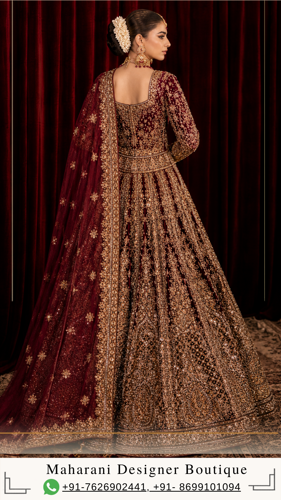 i suitsMeher-e-Maharani – Deep Maroon Luxury Anarkali Suit Step into timeless Indian elegance with Meher-e-Maharani, a magnificent deep maroon embroidered Anarkali suit created by Maharani Designer Boutique for women who appreciate rich colours, intricate craftsmanship, traditional silhouettes, and luxurious occasion wear. This regal ensemble features a deep maroon Anarkali-style outfit covered with elaborate gold-toned embroidery, a beautifully coordinated sheer dupatta, and ornate borders that create a sophisticated couture-inspired appearance. The richness of the maroon base provides the perfect canvas for the extensive golden embroidery, allowing every motif, border, and decorative detail to stand out beautifully. The outfit showcases an elegant full-length silhouette with a graceful flare, a richly embellished neckline, long embroidered sleeves, an intricately decorated lower section, and a statement dupatta. The combination creates a complete traditional Indian look that feels luxurious, feminine, and timeless. The design is especially suited to weddings, wedding receptions, engagement celebrations, sangeet functions, festive gatherings, formal dinners, family celebrations, and other special occasions. From the elaborate neckline to the detailed sleeves, ornate skirt panels, decorative hem, and richly bordered dupatta, every visible element contributes to the grandeur of this ensemble. Meher-e-Maharani is designed for the woman who wants her Indian occasion wear to make a statement through craftsmanship, colour, and elegance. The Richness of Deep Maroon The deep maroon colour is the defining foundation of this ensemble. Maroon has long been associated with luxury, sophistication, celebration, and traditional Indian fashion. Its deep jewel-like character creates a dramatic appearance while remaining more refined and understated than brighter shades of red. In this design, the maroon base provides a striking contrast against the gold-toned embroidery. The combination of deep maroon and gold immediately creates a regal aesthetic. It is particularly suitable for women who prefer rich, mature colours and want an outfit that feels luxurious without relying on excessive colour variation. The colour is especially beautiful for evening celebrations, where warm lighting can enhance the depth of the maroon fabric and allow the gold embellishment to create a subtle luminous effect. For wedding receptions, formal dinners, and grand celebrations, this colour combination offers an elegant alternative to conventional bridal red. Intricate Gold Embroidery The most prominent characteristic of this designer Anarkali is its elaborate gold-toned embroidery. The embroidery is distributed throughout the garment, creating a richly detailed surface while maintaining a carefully balanced composition. Floral-inspired motifs, ornamental patterns, scrolling details, paisley-like elements, and traditional decorative forms appear across the outfit. The upper portion features intricate embroidery around the neckline and bodice, creating an elegant frame around the face and jewellery. The sleeves continue the same embroidery language, with detailed motifs extending towards the cuffs. Across the flowing lower portion, the embroidery becomes progressively richer, creating a beautiful sense of movement and visual depth. The lower borders feature especially elaborate decorative work, giving the outfit a grand and finished appearance. This extensive detailing makes the ensemble particularly suitable for women looking for heavy embroidered Anarkali suits and luxury Indian occasion wear. MDB 024717,Emerald Green & Deep Red Bridal Lehenga,MDB 024311 ,MDB 027210162,MDB 027210130 Elegant Anarkali Silhouette The Anarkali silhouette is one of the most timeless forms in Indian fashion. This ensemble uses a graceful full-length silhouette that begins with a fitted or structured upper section and gradually opens into a flowing flare. The silhouette creates an elongated appearance while providing generous movement through the lower portion. The flare is particularly beautiful when the wearer walks because the embroidered panels move naturally and allow different sections of the design to become visible. This creates a dramatic effect without compromising the elegance of the overall outfit. The Anarkali silhouette also provides a beautiful foundation for traditional Indian embroidery because the large surface area allows motifs and borders to be arranged in a balanced way. The result is a garment that feels traditional, graceful, and luxurious while remaining suitable for contemporary styling. Ornate Embroidered Neckline The neckline is one of the key focal points of the design. It features detailed gold embroidery arranged around the neckline and extending into the front bodice. The intricate pattern creates a beautiful frame for traditional jewellery. A statement choker can sit elegantly above the neckline, while a longer necklace can be layered below it for a more elaborate bridal-inspired look. The embroidery around the neckline also means that the outfit remains visually striking even when styled with minimal jewellery. For a modern reception appearance, statement earrings can be worn without a necklace, allowing the neckline embroidery to remain the centre of attention. Heavily Embellished Sleeves The long sleeves add a sophisticated and regal character to the outfit. Rather than keeping the sleeves plain, the design carries detailed embroidery throughout the arms, creating continuity with the bodice and lower portion. The cuffs are particularly ornate and provide a beautifully finished appearance around the wrists. This styling works especially well with traditional bangles and bracelets. The full-sleeved silhouette also makes the ensemble an elegant choice for formal evening occasions and winter celebrations. The detailed sleeves add visual richness without changing the graceful proportions of the Anarkali. Detailed Lower Panels The lower portion of the Anarkali is richly decorated with elaborate embroidery. Large traditional-inspired motifs are arranged across the flowing panels, creating visual focal points as the skirt expands towards the floor. Between the larger motifs, smaller floral and ornamental patterns fill the space, creating a cohesive embroidered surface. The placement of the embroidery creates a beautiful sense of rhythm. Some areas feature denser detailing, while other sections allow the maroon base to remain visible. This balance prevents the outfit from appearing visually overwhelming despite the extensive embroidery. The lower section is especially striking in full-length photographs because the flowing panels create movement while the embroidery adds texture and depth. Statement Embroidered Hem The hemline is one of the most richly detailed areas of the outfit. A broad decorative border runs around the bottom of the Anarkali, creating a strong visual foundation. The border features multiple layers of intricate gold-toned embroidery, including floral and ornamental patterns. This multi-layered finish gives the outfit a couture-inspired appearance. When the Anarkali moves, the decorated hem becomes a beautiful focal point, especially in photographs and during a wedding entrance. The border also visually anchors the flowing silhouette and provides a clear finishing line around the garment. Richly Embellished Dupatta The coordinated dupatta completes the outfit and adds another layer of elegance. The deep maroon dupatta is designed with an ornate gold border that runs along its length. The border contains intricate embroidery and decorative motifs that complement the main Anarkali. Additional motifs are scattered across the dupatta, creating subtle detailing throughout the fabric. The sheer appearance of the dupatta allows it to fall gracefully while keeping the overall look light enough to maintain movement. The dupatta can be styled traditionally over the head for a ceremonial appearance or draped over one shoulder for a sophisticated contemporary look. For a wedding reception, the border can be arranged prominently across the front to showcase the embroidery. Traditional Indian Craftsmanship The overall design reflects the beauty of traditional Indian occasion wear, where colour, embroidery, silhouette, and finishing work together to create a complete look. The deep maroon base represents the richness of traditional Indian clothing. The gold embroidery introduces luxury. The Anarkali silhouette creates grace and movement. The ornate dupatta adds dimension. The elaborate borders provide structure and finishing. Together, these elements create an ensemble that feels rooted in Indian heritage while remaining suitable for modern celebrations. Perfect for Weddings This deep maroon designer Anarkali suit is a versatile option for wedding celebrations. It can be worn for: Wedding receptions Engagement ceremonies Sangeet functions Mehendi celebrations Family weddings Pre-wedding events Formal dinners Festive celebrations Destination weddings Anniversary celebrations Cultural events Wedding guest occasions The richness of the embroidery makes it suitable for formal events, while the classic silhouette allows it to be styled according to the specific function. For a daytime celebration, pair it with lighter jewellery and soft makeup. For an evening reception, add statement jewellery and a more glamorous beauty look. Ideal for Wedding Receptions Wedding receptions are perfect occasions for deep maroon and gold. The colour combination creates an elegant evening appearance, while the embroidery catches the light beautifully. For a reception, style the Anarkali with a statement choker, large earrings, a sleek clutch, and metallic footwear. A polished low bun can create a sophisticated appearance, while soft waves can make the look more romantic. The dupatta can be draped over one shoulder to reveal the detailed neckline and sleeves. Elegant Engagement Wear For engagement ceremonies, this ensemble can be styled in a more refined way. The deep maroon colour provides sophistication, while the intricate embroidery adds the required festive character. Pair it with a statement necklace and matching earrings for a traditional appearance. Alternatively, wear oversized earrings and skip the necklace for a modern look. A maang tikka can be added for a more traditional Indian styling. Soft waves or a sleek low bun can complete the look. Sangeet Styling The flowing Anarkali silhouette creates beautiful movement, making it suitable for sangeet celebrations. For a glamorous sangeet look, wear the dupatta over one shoulder and pair the outfit with statement earrings. The flowing lower portion allows the outfit to move gracefully while walking and dancing. A sleek hairstyle and luminous makeup can give the outfit a contemporary party appearance. For a more traditional look, add bangles, a choker, and a maang tikka. Festive Occasion Wear The versatility of the deep maroon colour makes this ensemble suitable beyond weddings. It can be styled for Diwali celebrations, family gatherings, festive dinners, cultural events, anniversary celebrations, and formal parties. For Diwali, pair it with gold jewellery and a metallic clutch. For a family celebration, choose more delicate jewellery and natural makeup. For a formal dinner, keep the accessories minimal and let the embroidery become the main statement. Jewellery Styling The extensive gold embroidery creates a natural connection with traditional gold jewellery. For a regal appearance, consider: Gold choker Kundan-inspired necklace Polki-style earrings Traditional jhumkas Maang tikka Bangles Statement rings Traditional nath The deep maroon colour can also complement jewellery featuring ruby-inspired, burgundy, or deep red accents. For a contemporary look, oversized gold earrings can be worn alone. The choice of jewellery can completely change the personality of the outfit. Hairstyle Suggestions A traditional centre-parted bun is an excellent choice for this Anarkali. The bun can be decorated with fresh flowers or traditional hair accessories. This hairstyle allows the neckline, earrings, and dupatta to remain clearly visible. For a reception, a polished low bun creates a sophisticated appearance. For an engagement or sangeet, soft waves provide a more contemporary and romantic finish. If the dupatta is worn over the head, a neat bun creates a clean and elegant foundation. Makeup Styling The deep maroon and gold palette works beautifully with warm and luminous makeup. Gold, bronze, champagne, and warm brown eyeshadows can complement the embroidery. Defined eyeliner and softly sculpted brows can enhance the eyes. A luminous complexion works particularly well with the reflective appearance of gold embroidery. For the lips, choose a deep rose, berry, wine, red, or nude shade depending on the desired look. For a traditional wedding appearance, a deeper lip can complement the richness of the outfit. For a modern reception, a softer rose or nude lip can create more balance. Photography-Friendly Design This ensemble is designed with numerous elements that create visual interest in photographs. The intricate neckline provides beautiful close-up detailing. The embroidered sleeves create elegant arm and portrait shots. The flowing lower silhouette provides movement in full-length photographs. The ornate hem creates a strong visual foundation. The richly bordered dupatta adds another layer of texture and drama. The deep maroon and gold colour combination also works beautifully against dark, neutral, heritage, and luxury event backgrounds. A Regal Choice for the Modern Woman Modern Indian occasion wear increasingly combines traditional craftsmanship with contemporary styling. This Anarkali captures that balance. The silhouette remains rooted in Indian fashion, while the detailed embroidery and refined proportions give it a modern couture character. It is suitable for women who want an outfit that feels luxurious without relying on overly complicated styling. The ensemble itself creates a complete look, allowing jewellery and accessories to be selected according to personal preference. Wedding Guest Styling For wedding guests, the outfit can be styled elegantly without appearing excessively bridal. Choose statement earrings, a sleek clutch, and sophisticated footwear. Keep the jewellery balanced so the embroidery remains the primary focus. For a close family wedding, a statement choker and bangles can create a richer appearance. For a reception, choose metallic accessories and a polished hairstyle. This makes the ensemble suitable for women attending important wedding celebrations as guests or family members. Destination Wedding Style Deep maroon and gold can create a striking appearance at destination weddings. The colour complements heritage architecture, palace-inspired venues, luxury hotels, traditional havelis, and evening outdoor celebrations. For a destination wedding, pair the outfit with traditional jewellery and an elegant clutch. The flowing silhouette and embellished dupatta can create beautiful movement in outdoor photographs. Custom-Made Designer Experience At Maharani Designer Boutique, selected designer outfits may be customised or made to measure according to individual requirements. Customers can discuss measurements, fitting preferences, neckline requirements, sleeve styling, dupatta draping, and other possible customisation details depending on the chosen design. If the outfit is required for a particular wedding date, customers are encouraged to share the event date before confirming the order. Detailed embroidered garments require careful construction and finishing, so production timelines may vary depending on the selected design and customisation. Luxury Indian Occasion Wear Luxury Indian clothing is defined by attention to detail. This ensemble brings together a rich colour, elaborate embroidery, graceful silhouette, and statement dupatta. The embroidery is distributed throughout the garment to create a cohesive appearance. The result is an outfit that feels complete even before jewellery and accessories are added. This makes it a strong choice for women who prefer sophisticated Indian fashion with a luxurious finish. Indian Fashion for Global Celebrations Indian weddings and cultural celebrations are held across the world, and premium Indian occasion wear continues to be an important part of these events. This deep maroon Anarkali can be styled for celebrations in India and internationally. It can be suitable for weddings, receptions, engagement ceremonies, sangeet events, Diwali celebrations, cultural gatherings, and formal family occasions in Canada, the USA, the UK, Australia, New Zealand, and other destinations. Maharani Designer Boutique offers PAN India and worldwide shipping for customers looking for designer Indian occasion wear. Care and Storage Because the outfit features detailed embroidery and embellishment, careful handling is recommended. Store it in a clean, dry garment bag when not in use. Avoid placing heavy objects directly over embroidered sections. Fold the dupatta carefully to help protect its embellished border. Professional cleaning is recommended for heavily embroidered occasion wear, with the appropriate method determined by the actual fabric and embellishment used in the finished garment. Always follow the specific care instructions provided with the outfit. Why Choose Meher-e-Maharani? Choose Meher-e-Maharani if you are looking for: A deep maroon designer Anarkali Heavy gold embroidered Indian wear A luxury wedding outfit A reception Anarkali suit A sangeet outfit An engagement outfit A festive Indian ensemble A richly embroidered dupatta A traditional yet contemporary silhouette Premium designer occasion wear Custom-made Indian clothing Sophisticated wedding guest attire The Beauty of Maroon and Gold The combination of maroon and gold has remained one of the most enduring colour palettes in Indian fashion. Maroon provides depth and sophistication. Gold introduces warmth and luminosity. Together, they create a regal appearance that works beautifully for celebrations. This ensemble takes that classic combination and presents it through an elaborate Anarkali silhouette, making it suitable for the modern woman who wants traditional elegance with a luxurious designer finish. A Timeless Occasion-Wear Investment A carefully crafted Anarkali can remain relevant for years because the silhouette itself is timeless. This design combines a classic shape with a rich colour palette and traditional embroidery, making it suitable for multiple occasions. With different jewellery, hairstyles, and dupatta drapes, the same ensemble can create completely different looks. It can feel bridal for a wedding, glamorous for a reception, traditional for a family ceremony, or sophisticated for a formal dinner. Final Look Meher-e-Maharani is a celebration of deep colour, elaborate embroidery, traditional Indian craftsmanship, and graceful contemporary styling. The deep maroon Anarkali creates a dramatic foundation, while intricate gold-toned embroidery brings the entire silhouette to life. The detailed neckline frames the face beautifully, while the full embroidered sleeves add sophistication. The flowing lower portion creates movement and volume, with elaborate motifs and multi-layered borders providing a luxurious finish. The matching maroon dupatta completes the ensemble with its richly embroidered border and scattered decorative motifs. Whether you are preparing for a wedding reception, engagement ceremony, sangeet celebration, festive event, destination wedding, or formal family gathering, this designer Anarkali offers an elegant and memorable way to embrace Indian occasion wear. Discover luxurious designer Indian fashion at Maharani Designer Boutique, where traditional craftsmanship meets contemporary styling. For current availability, pricing, fabric specifications, measurements, customisation, production timelines, and shipping information, contact Maharani Designer Boutique directly before placing your order. Maharani Designer Boutique Jalandhar, Punjab, India PAN India & Worldwide Shipping Product Highlights Deep maroon designer Anarkali suit Rich wine-maroon colour palette Heavy gold-toned embroidery Intricately embroidered neckline Detailed full sleeves Elaborately decorated bodice Flowing full-length Anarkali silhouette Intricate floral and ornamental motifs Heavily embroidered lower border Matching embellished maroon dupatta Ornate gold dupatta border Scattered dupatta motifs Traditional Indian craftsmanship Contemporary luxury styling Ideal for weddings and receptions Perfect for engagement and sangeet functions Suitable for festive celebrations Elegant wedding guest outfit Customisation may be available Made-to-measure options may be available PAN India and worldwide shipping Deep maroon Anarkali suit, maroon designer Anarkali, maroon Anarkali suit online, wine maroon Anarkali, maroon embroidered Anarkali, heavy embroidered Anarkali, gold embroidered Anarkali, designer Anarkali suit, designer Anarkali online, wedding Anarkali suit, wedding Anarkali online, reception Anarkali suit, sangeet Anarkali, engagement Anarkali suit, festive Anarkali suit, Designer anarkali suits maroon wedding outfit, maroon ethnic wear, Indian designer Anarkali, luxury Anarkali suit, embroidered Anarkali with dupatta, designer Indian wear, luxury Indian clothing, wedding wear for women, designer ethnic wear, Indian occasion wear, designer suits online, boutique Anarkali Jalandhar, designer boutique suits Jalandhar, Maharani Designer Boutique, custom made Indian wear, premium Indian ethnic wear.