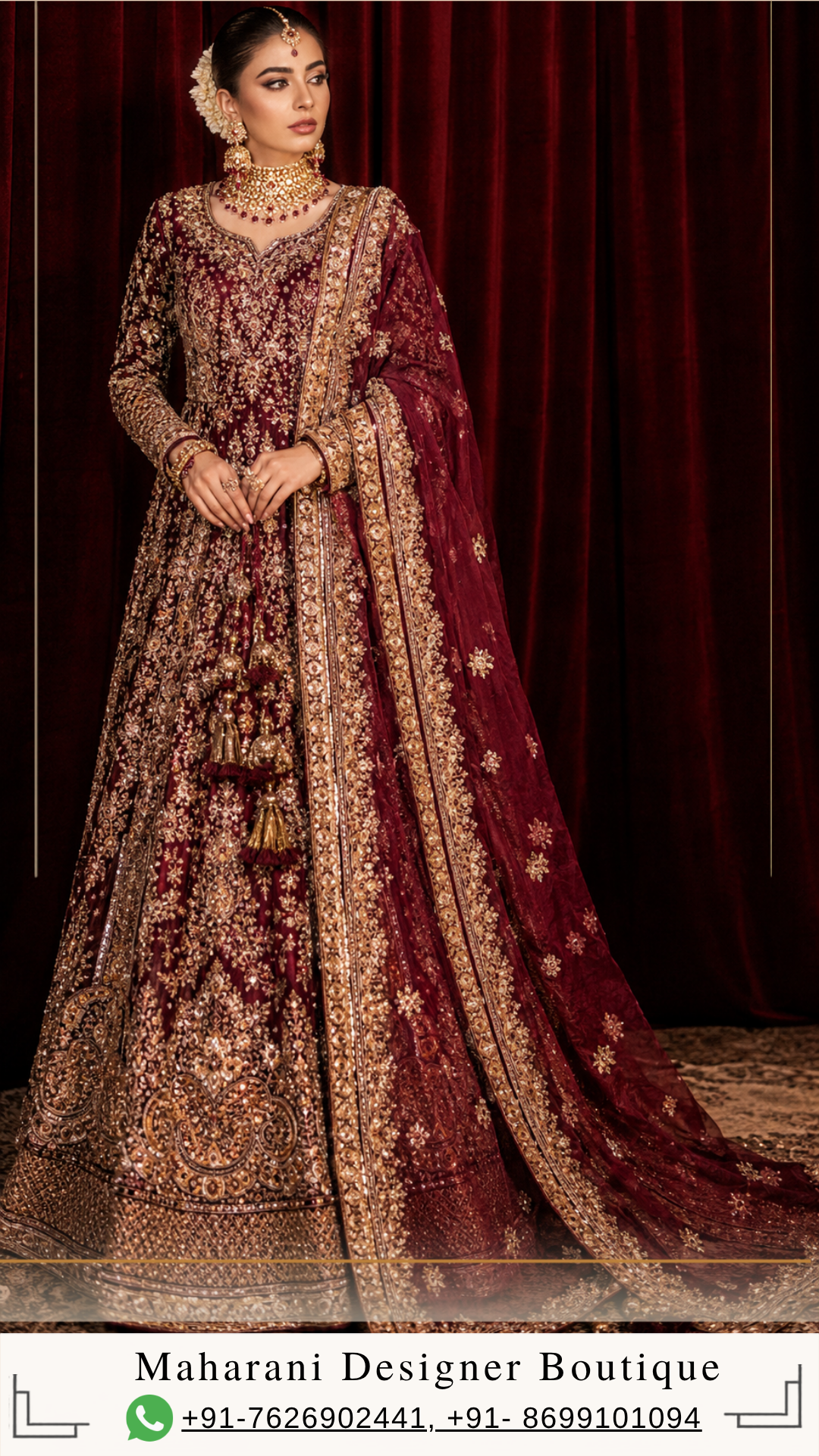 i suitsMeher-e-Maharani – Deep Maroon Luxury Anarkali Suit Step into timeless Indian elegance with Meher-e-Maharani, a magnificent deep maroon embroidered Anarkali suit created by Maharani Designer Boutique for women who appreciate rich colours, intricate craftsmanship, traditional silhouettes, and luxurious occasion wear. This regal ensemble features a deep maroon Anarkali-style outfit covered with elaborate gold-toned embroidery, a beautifully coordinated sheer dupatta, and ornate borders that create a sophisticated couture-inspired appearance. The richness of the maroon base provides the perfect canvas for the extensive golden embroidery, allowing every motif, border, and decorative detail to stand out beautifully. The outfit showcases an elegant full-length silhouette with a graceful flare, a richly embellished neckline, long embroidered sleeves, an intricately decorated lower section, and a statement dupatta. The combination creates a complete traditional Indian look that feels luxurious, feminine, and timeless. The design is especially suited to weddings, wedding receptions, engagement celebrations, sangeet functions, festive gatherings, formal dinners, family celebrations, and other special occasions. From the elaborate neckline to the detailed sleeves, ornate skirt panels, decorative hem, and richly bordered dupatta, every visible element contributes to the grandeur of this ensemble. Meher-e-Maharani is designed for the woman who wants her Indian occasion wear to make a statement through craftsmanship, colour, and elegance. The Richness of Deep Maroon The deep maroon colour is the defining foundation of this ensemble. Maroon has long been associated with luxury, sophistication, celebration, and traditional Indian fashion. Its deep jewel-like character creates a dramatic appearance while remaining more refined and understated than brighter shades of red. In this design, the maroon base provides a striking contrast against the gold-toned embroidery. The combination of deep maroon and gold immediately creates a regal aesthetic. It is particularly suitable for women who prefer rich, mature colours and want an outfit that feels luxurious without relying on excessive colour variation. The colour is especially beautiful for evening celebrations, where warm lighting can enhance the depth of the maroon fabric and allow the gold embellishment to create a subtle luminous effect. For wedding receptions, formal dinners, and grand celebrations, this colour combination offers an elegant alternative to conventional bridal red. Intricate Gold Embroidery The most prominent characteristic of this designer Anarkali is its elaborate gold-toned embroidery. The embroidery is distributed throughout the garment, creating a richly detailed surface while maintaining a carefully balanced composition. Floral-inspired motifs, ornamental patterns, scrolling details, paisley-like elements, and traditional decorative forms appear across the outfit. The upper portion features intricate embroidery around the neckline and bodice, creating an elegant frame around the face and jewellery. The sleeves continue the same embroidery language, with detailed motifs extending towards the cuffs. Across the flowing lower portion, the embroidery becomes progressively richer, creating a beautiful sense of movement and visual depth. The lower borders feature especially elaborate decorative work, giving the outfit a grand and finished appearance. This extensive detailing makes the ensemble particularly suitable for women looking for heavy embroidered Anarkali suits and luxury Indian occasion wear. MDB 024717,Emerald Green & Deep Red Bridal Lehenga,MDB 024311 ,MDB 027210162,MDB 027210130 Elegant Anarkali Silhouette The Anarkali silhouette is one of the most timeless forms in Indian fashion. This ensemble uses a graceful full-length silhouette that begins with a fitted or structured upper section and gradually opens into a flowing flare. The silhouette creates an elongated appearance while providing generous movement through the lower portion. The flare is particularly beautiful when the wearer walks because the embroidered panels move naturally and allow different sections of the design to become visible. This creates a dramatic effect without compromising the elegance of the overall outfit. The Anarkali silhouette also provides a beautiful foundation for traditional Indian embroidery because the large surface area allows motifs and borders to be arranged in a balanced way. The result is a garment that feels traditional, graceful, and luxurious while remaining suitable for contemporary styling. Ornate Embroidered Neckline The neckline is one of the key focal points of the design. It features detailed gold embroidery arranged around the neckline and extending into the front bodice. The intricate pattern creates a beautiful frame for traditional jewellery. A statement choker can sit elegantly above the neckline, while a longer necklace can be layered below it for a more elaborate bridal-inspired look. The embroidery around the neckline also means that the outfit remains visually striking even when styled with minimal jewellery. For a modern reception appearance, statement earrings can be worn without a necklace, allowing the neckline embroidery to remain the centre of attention. Heavily Embellished Sleeves The long sleeves add a sophisticated and regal character to the outfit. Rather than keeping the sleeves plain, the design carries detailed embroidery throughout the arms, creating continuity with the bodice and lower portion. The cuffs are particularly ornate and provide a beautifully finished appearance around the wrists. This styling works especially well with traditional bangles and bracelets. The full-sleeved silhouette also makes the ensemble an elegant choice for formal evening occasions and winter celebrations. The detailed sleeves add visual richness without changing the graceful proportions of the Anarkali. Detailed Lower Panels The lower portion of the Anarkali is richly decorated with elaborate embroidery. Large traditional-inspired motifs are arranged across the flowing panels, creating visual focal points as the skirt expands towards the floor. Between the larger motifs, smaller floral and ornamental patterns fill the space, creating a cohesive embroidered surface. The placement of the embroidery creates a beautiful sense of rhythm. Some areas feature denser detailing, while other sections allow the maroon base to remain visible. This balance prevents the outfit from appearing visually overwhelming despite the extensive embroidery. The lower section is especially striking in full-length photographs because the flowing panels create movement while the embroidery adds texture and depth. Statement Embroidered Hem The hemline is one of the most richly detailed areas of the outfit. A broad decorative border runs around the bottom of the Anarkali, creating a strong visual foundation. The border features multiple layers of intricate gold-toned embroidery, including floral and ornamental patterns. This multi-layered finish gives the outfit a couture-inspired appearance. When the Anarkali moves, the decorated hem becomes a beautiful focal point, especially in photographs and during a wedding entrance. The border also visually anchors the flowing silhouette and provides a clear finishing line around the garment. Richly Embellished Dupatta The coordinated dupatta completes the outfit and adds another layer of elegance. The deep maroon dupatta is designed with an ornate gold border that runs along its length. The border contains intricate embroidery and decorative motifs that complement the main Anarkali. Additional motifs are scattered across the dupatta, creating subtle detailing throughout the fabric. The sheer appearance of the dupatta allows it to fall gracefully while keeping the overall look light enough to maintain movement. The dupatta can be styled traditionally over the head for a ceremonial appearance or draped over one shoulder for a sophisticated contemporary look. For a wedding reception, the border can be arranged prominently across the front to showcase the embroidery. Traditional Indian Craftsmanship The overall design reflects the beauty of traditional Indian occasion wear, where colour, embroidery, silhouette, and finishing work together to create a complete look. The deep maroon base represents the richness of traditional Indian clothing. The gold embroidery introduces luxury. The Anarkali silhouette creates grace and movement. The ornate dupatta adds dimension. The elaborate borders provide structure and finishing. Together, these elements create an ensemble that feels rooted in Indian heritage while remaining suitable for modern celebrations. Perfect for Weddings This deep maroon designer Anarkali suit is a versatile option for wedding celebrations. It can be worn for: Wedding receptions Engagement ceremonies Sangeet functions Mehendi celebrations Family weddings Pre-wedding events Formal dinners Festive celebrations Destination weddings Anniversary celebrations Cultural events Wedding guest occasions The richness of the embroidery makes it suitable for formal events, while the classic silhouette allows it to be styled according to the specific function. For a daytime celebration, pair it with lighter jewellery and soft makeup. For an evening reception, add statement jewellery and a more glamorous beauty look. Ideal for Wedding Receptions Wedding receptions are perfect occasions for deep maroon and gold. The colour combination creates an elegant evening appearance, while the embroidery catches the light beautifully. For a reception, style the Anarkali with a statement choker, large earrings, a sleek clutch, and metallic footwear. A polished low bun can create a sophisticated appearance, while soft waves can make the look more romantic. The dupatta can be draped over one shoulder to reveal the detailed neckline and sleeves. Elegant Engagement Wear For engagement ceremonies, this ensemble can be styled in a more refined way. The deep maroon colour provides sophistication, while the intricate embroidery adds the required festive character. Pair it with a statement necklace and matching earrings for a traditional appearance. Alternatively, wear oversized earrings and skip the necklace for a modern look. A maang tikka can be added for a more traditional Indian styling. Soft waves or a sleek low bun can complete the look. Sangeet Styling The flowing Anarkali silhouette creates beautiful movement, making it suitable for sangeet celebrations. For a glamorous sangeet look, wear the dupatta over one shoulder and pair the outfit with statement earrings. The flowing lower portion allows the outfit to move gracefully while walking and dancing. A sleek hairstyle and luminous makeup can give the outfit a contemporary party appearance. For a more traditional look, add bangles, a choker, and a maang tikka. Festive Occasion Wear The versatility of the deep maroon colour makes this ensemble suitable beyond weddings. It can be styled for Diwali celebrations, family gatherings, festive dinners, cultural events, anniversary celebrations, and formal parties. For Diwali, pair it with gold jewellery and a metallic clutch. For a family celebration, choose more delicate jewellery and natural makeup. For a formal dinner, keep the accessories minimal and let the embroidery become the main statement. Jewellery Styling The extensive gold embroidery creates a natural connection with traditional gold jewellery. For a regal appearance, consider: Gold choker Kundan-inspired necklace Polki-style earrings Traditional jhumkas Maang tikka Bangles Statement rings Traditional nath The deep maroon colour can also complement jewellery featuring ruby-inspired, burgundy, or deep red accents. For a contemporary look, oversized gold earrings can be worn alone. The choice of jewellery can completely change the personality of the outfit. Hairstyle Suggestions A traditional centre-parted bun is an excellent choice for this Anarkali. The bun can be decorated with fresh flowers or traditional hair accessories. This hairstyle allows the neckline, earrings, and dupatta to remain clearly visible. For a reception, a polished low bun creates a sophisticated appearance. For an engagement or sangeet, soft waves provide a more contemporary and romantic finish. If the dupatta is worn over the head, a neat bun creates a clean and elegant foundation. Makeup Styling The deep maroon and gold palette works beautifully with warm and luminous makeup. Gold, bronze, champagne, and warm brown eyeshadows can complement the embroidery. Defined eyeliner and softly sculpted brows can enhance the eyes. A luminous complexion works particularly well with the reflective appearance of gold embroidery. For the lips, choose a deep rose, berry, wine, red, or nude shade depending on the desired look. For a traditional wedding appearance, a deeper lip can complement the richness of the outfit. For a modern reception, a softer rose or nude lip can create more balance. Photography-Friendly Design This ensemble is designed with numerous elements that create visual interest in photographs. The intricate neckline provides beautiful close-up detailing. The embroidered sleeves create elegant arm and portrait shots. The flowing lower silhouette provides movement in full-length photographs. The ornate hem creates a strong visual foundation. The richly bordered dupatta adds another layer of texture and drama. The deep maroon and gold colour combination also works beautifully against dark, neutral, heritage, and luxury event backgrounds. A Regal Choice for the Modern Woman Modern Indian occasion wear increasingly combines traditional craftsmanship with contemporary styling. This Anarkali captures that balance. The silhouette remains rooted in Indian fashion, while the detailed embroidery and refined proportions give it a modern couture character. It is suitable for women who want an outfit that feels luxurious without relying on overly complicated styling. The ensemble itself creates a complete look, allowing jewellery and accessories to be selected according to personal preference. Wedding Guest Styling For wedding guests, the outfit can be styled elegantly without appearing excessively bridal. Choose statement earrings, a sleek clutch, and sophisticated footwear. Keep the jewellery balanced so the embroidery remains the primary focus. For a close family wedding, a statement choker and bangles can create a richer appearance. For a reception, choose metallic accessories and a polished hairstyle. This makes the ensemble suitable for women attending important wedding celebrations as guests or family members. Destination Wedding Style Deep maroon and gold can create a striking appearance at destination weddings. The colour complements heritage architecture, palace-inspired venues, luxury hotels, traditional havelis, and evening outdoor celebrations. For a destination wedding, pair the outfit with traditional jewellery and an elegant clutch. The flowing silhouette and embellished dupatta can create beautiful movement in outdoor photographs. Custom-Made Designer Experience At Maharani Designer Boutique, selected designer outfits may be customised or made to measure according to individual requirements. Customers can discuss measurements, fitting preferences, neckline requirements, sleeve styling, dupatta draping, and other possible customisation details depending on the chosen design. If the outfit is required for a particular wedding date, customers are encouraged to share the event date before confirming the order. Detailed embroidered garments require careful construction and finishing, so production timelines may vary depending on the selected design and customisation. Luxury Indian Occasion Wear Luxury Indian clothing is defined by attention to detail. This ensemble brings together a rich colour, elaborate embroidery, graceful silhouette, and statement dupatta. The embroidery is distributed throughout the garment to create a cohesive appearance. The result is an outfit that feels complete even before jewellery and accessories are added. This makes it a strong choice for women who prefer sophisticated Indian fashion with a luxurious finish. Indian Fashion for Global Celebrations Indian weddings and cultural celebrations are held across the world, and premium Indian occasion wear continues to be an important part of these events. This deep maroon Anarkali can be styled for celebrations in India and internationally. It can be suitable for weddings, receptions, engagement ceremonies, sangeet events, Diwali celebrations, cultural gatherings, and formal family occasions in Canada, the USA, the UK, Australia, New Zealand, and other destinations. Maharani Designer Boutique offers PAN India and worldwide shipping for customers looking for designer Indian occasion wear. Care and Storage Because the outfit features detailed embroidery and embellishment, careful handling is recommended. Store it in a clean, dry garment bag when not in use. Avoid placing heavy objects directly over embroidered sections. Fold the dupatta carefully to help protect its embellished border. Professional cleaning is recommended for heavily embroidered occasion wear, with the appropriate method determined by the actual fabric and embellishment used in the finished garment. Always follow the specific care instructions provided with the outfit. Why Choose Meher-e-Maharani? Choose Meher-e-Maharani if you are looking for: A deep maroon designer Anarkali Heavy gold embroidered Indian wear A luxury wedding outfit A reception Anarkali suit A sangeet outfit An engagement outfit A festive Indian ensemble A richly embroidered dupatta A traditional yet contemporary silhouette Premium designer occasion wear Custom-made Indian clothing Sophisticated wedding guest attire The Beauty of Maroon and Gold The combination of maroon and gold has remained one of the most enduring colour palettes in Indian fashion. Maroon provides depth and sophistication. Gold introduces warmth and luminosity. Together, they create a regal appearance that works beautifully for celebrations. This ensemble takes that classic combination and presents it through an elaborate Anarkali silhouette, making it suitable for the modern woman who wants traditional elegance with a luxurious designer finish. A Timeless Occasion-Wear Investment A carefully crafted Anarkali can remain relevant for years because the silhouette itself is timeless. This design combines a classic shape with a rich colour palette and traditional embroidery, making it suitable for multiple occasions. With different jewellery, hairstyles, and dupatta drapes, the same ensemble can create completely different looks. It can feel bridal for a wedding, glamorous for a reception, traditional for a family ceremony, or sophisticated for a formal dinner. Final Look Meher-e-Maharani is a celebration of deep colour, elaborate embroidery, traditional Indian craftsmanship, and graceful contemporary styling. The deep maroon Anarkali creates a dramatic foundation, while intricate gold-toned embroidery brings the entire silhouette to life. The detailed neckline frames the face beautifully, while the full embroidered sleeves add sophistication. The flowing lower portion creates movement and volume, with elaborate motifs and multi-layered borders providing a luxurious finish. The matching maroon dupatta completes the ensemble with its richly embroidered border and scattered decorative motifs. Whether you are preparing for a wedding reception, engagement ceremony, sangeet celebration, festive event, destination wedding, or formal family gathering, this designer Anarkali offers an elegant and memorable way to embrace Indian occasion wear. Discover luxurious designer Indian fashion at Maharani Designer Boutique, where traditional craftsmanship meets contemporary styling. For current availability, pricing, fabric specifications, measurements, customisation, production timelines, and shipping information, contact Maharani Designer Boutique directly before placing your order. Maharani Designer Boutique Jalandhar, Punjab, India PAN India & Worldwide Shipping Product Highlights Deep maroon designer Anarkali suit Rich wine-maroon colour palette Heavy gold-toned embroidery Intricately embroidered neckline Detailed full sleeves Elaborately decorated bodice Flowing full-length Anarkali silhouette Intricate floral and ornamental motifs Heavily embroidered lower border Matching embellished maroon dupatta Ornate gold dupatta border Scattered dupatta motifs Traditional Indian craftsmanship Contemporary luxury styling Ideal for weddings and receptions Perfect for engagement and sangeet functions Suitable for festive celebrations Elegant wedding guest outfit Customisation may be available Made-to-measure options may be available PAN India and worldwide shipping Deep maroon Anarkali suit, maroon designer Anarkali, maroon Anarkali suit online, wine maroon Anarkali, maroon embroidered Anarkali, heavy embroidered Anarkali, gold embroidered Anarkali, designer Anarkali suit, designer Anarkali online, wedding Anarkali suit, wedding Anarkali online, reception Anarkali suit, sangeet Anarkali, engagement Anarkali suit, festive Anarkali suit, Designer anarkali suits maroon wedding outfit, maroon ethnic wear, Indian designer Anarkali, luxury Anarkali suit, embroidered Anarkali with dupatta, designer Indian wear, luxury Indian clothing, wedding wear for women, designer ethnic wear, Indian occasion wear, designer suits online, boutique Anarkali Jalandhar, designer boutique suits Jalandhar, Maharani Designer Boutique, custom made Indian wear, premium Indian ethnic wear.