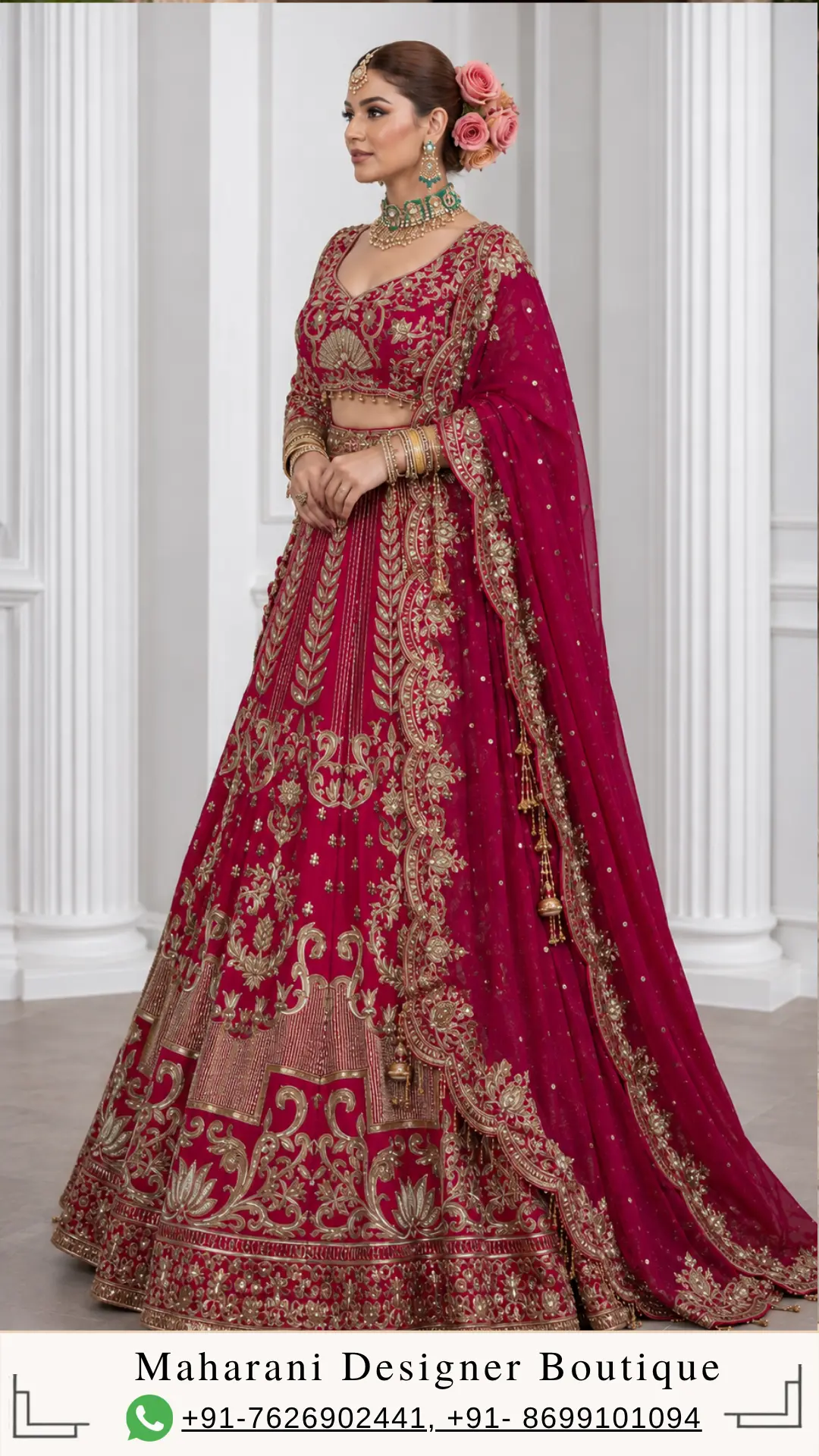 Maroon Bridal Lehenga with Heavy Gold Embroidery Make a regal statement on your special occasion with Maroon Bridal Lehenga with Heavy Gold Embroidery , a luxurious wine maroon bridal lehenga designed for women who appreciate traditional Indian craftsmanship, elaborate embroidery, and timeless bridal elegance. This breathtaking designer lehenga features a deep wine-maroon base enriched with intricate gold-toned embroidery, an ornate full-sleeved blouse, a beautifully flared lehenga skirt, and a matching embellished dupatta. The rich jewel-toned colour creates an instantly luxurious appearance, while the extensive embroidery adds depth, grandeur, and sophistication. The ensemble showcases elaborate botanical and floral-inspired motifs arranged throughout the blouse, skirt, borders, and dupatta. Intricate leafy patterns, ornamental flourishes, traditional motifs, and detailed borders create a richly layered visual effect. The blouse features a graceful neckline, fitted silhouette, and full sleeves decorated with coordinated embroidery. The lehenga skirt opens into a dramatic flare, with vertical leafy motifs and elaborate ornamental patterns flowing down the fabric. Multiple heavily embroidered borders complete the hem, giving the skirt a regal and couture-inspired finish. The matching wine-maroon dupatta adds another layer of luxury. Its ornate gold border, scattered embellishments, and intricate decorative motifs complement the lehenga beautifully. Created for brides, close family members, and women attending grand celebrations, Ruhani Gulab is an ideal choice for weddings, receptions, engagement ceremonies, sangeet celebrations, and formal Indian occasions. A Rich Wine-Maroon Colour The deep wine-maroon shade is the foundation of this ensemble and gives it its powerful bridal character. Maroon and wine tones have long been associated with luxury, celebration, sophistication, and traditional Indian bridal fashion. Compared with brighter reds, a deep wine-maroon shade offers a more mature and dramatic interpretation of bridal dressing. The rich colour creates a beautiful background for the gold embroidery. Every gold motif becomes more prominent against the deep base, allowing the intricate craftsmanship to remain visible from both a distance and up close. This colour palette is particularly beautiful for evening weddings and receptions, where warm lighting enhances the depth of the maroon fabric and allows the gold detailing to create a luminous effect. For brides who want a traditional bridal colour with a sophisticated contemporary personality, wine maroon offers an elegant alternative to classic bright red. Heavily Embroidered Designer Blouse The blouse is one of the most striking components of the ensemble. Designed in the same deep wine-maroon shade as the lehenga, the blouse is covered with intricate gold-toned embroidery. The neckline features elaborate floral and ornamental detailing that creates a beautiful frame around the face and neck. The embroidery extends naturally across the bodice, creating a richly decorated appearance. A central ornamental motif adds definition to the front of the blouse, while surrounding floral and leafy patterns create balance. The full sleeves are also heavily embroidered, continuing the same design language from the bodice. This creates a seamless appearance from the neckline to the cuffs. The fitted blouse provides structure against the flowing volume of the lehenga skirt, creating a balanced bridal silhouette. The combination of a fitted embroidered blouse and dramatically flared skirt gives the ensemble a classic couture-inspired appearance. Elegant Full-Sleeved Silhouette The full sleeves give this bridal blouse a sophisticated and timeless character. Instead of using a heavily embellished sleeveless or short-sleeved design, the long sleeves create a more regal appearance. The embroidery extends throughout the sleeves, with ornate floral motifs and delicate decorative elements placed across the fabric. This makes the blouse particularly attractive in close-up photographs. The sleeves also work beautifully with traditional bridal jewellery, including bangles, bracelets, and statement rings. The full-sleeved design can create an elegant and polished appearance for winter weddings, formal receptions, and grand evening celebrations. Intricate Gold Embroidery Gold embroidery is the visual language that connects the entire ensemble. The design incorporates multiple layers of ornamental detailing rather than relying on one repeated motif. Floral patterns, leaves, scrolling vines, traditional decorative elements, and geometric-inspired borders are carefully arranged throughout the lehenga. The embroidery becomes increasingly elaborate toward the lower portion of the skirt. This creates a beautiful sense of progression. The upper section features vertically arranged motifs that elongate the silhouette, while the lower portion becomes richer with multiple layers of ornate borders. This approach gives the lehenga a sophisticated couture appearance and ensures that every section of the outfit contributes to the overall design. Statement Lehenga Skirt The lehenga skirt is the centrepiece of Ruhani Gulab. Its full, flowing silhouette creates dramatic volume and movement. The deep wine-maroon fabric provides a rich foundation for the extensive gold embroidery. One of the most distinctive details is the arrangement of elongated leafy motifs running vertically across the upper and middle sections of the skirt. These motifs create a flattering visual direction and help emphasise the length of the silhouette. Between the larger motifs, smaller floral and ornamental details add texture. As the eye moves downward, the embroidery becomes progressively more elaborate. This creates a beautifully decorated lower section that gives the skirt a regal and luxurious appearance. Elaborate Multi-Layered Hem The hemline is one of the most heavily decorated sections of the lehenga. Several layers of gold embroidery create a broad, statement border around the bottom. Floral and lotus-inspired motifs appear alongside scrolling ornamental patterns, creating a traditional Indian aesthetic. Additional geometric and patterned borders add definition between the different sections. The multiple layers of embroidery create a strong finishing line around the skirt and give the lehenga a beautifully structured appearance. When the skirt moves, the decorated hem catches attention and creates a dramatic visual effect. This makes the lehenga especially suitable for bridal entrances, stage photographs, full-length portraits, and wedding ceremonies. Ornate Wine-Maroon Dupatta The matching dupatta completes the ensemble. Designed in the same rich wine-maroon tone, the dupatta creates a cohesive look from head to toe. Its border is heavily decorated with intricate gold embroidery. Floral and ornamental motifs extend along the border, creating a beautiful frame around the fabric. Scattered embellishments across the body of the dupatta add additional sparkle and ensure that it does not appear plain when draped. The dupatta can be styled traditionally over the head for a bridal ceremony or draped over one shoulder for a contemporary reception look. Its ornate border becomes especially prominent when arranged across the front of the body. Traditional Bridal Aesthetic Ruhani Gulab embraces the timeless language of Indian bridal fashion. Rich colour. Gold embroidery. A full flared lehenga. A heavily embellished blouse. A statement dupatta. Together, these elements create a bridal ensemble with a strong traditional identity. At the same time, the detailed placement of the embroidery and structured silhouette give the design a contemporary couture feel. This balance makes the outfit appropriate for brides who want traditional Indian wedding clothing without sacrificing modern sophistication. Perfect for Bridal Weddings This designer lehenga is particularly suited to bridal celebrations. Its rich wine-maroon colour and elaborate gold detailing create the grandeur expected from a bridal ensemble. It can be styled for: Wedding ceremonies Bridal receptions Engagement celebrations Sangeet functions Pre-wedding celebrations Formal wedding dinners Destination weddings Family wedding events Traditional ceremonies Luxury receptions For the bride, the outfit can be paired with elaborate jewellery and a traditional dupatta drape. For a close family member, the jewellery can be kept lighter to create a sophisticated formal look. Ideal for Evening Weddings The deep maroon and gold colour combination is particularly effective for evening events. Under warm wedding lighting, the gold embroidery can create a luminous appearance against the dark base. This makes the ensemble an excellent choice for evening wedding ceremonies, receptions, and formal celebrations. For evening styling, pair it with statement jewellery, a metallic clutch, and a polished hairstyle. The result is a dramatic yet elegant bridal appearance. Engagement and Reception Styling Although the ensemble has a bridal character, it can also be styled beautifully for an engagement or reception. For an engagement, choose a sophisticated choker, large earrings, and a sleek hairstyle. For a reception, statement jewellery and a glamorous makeup look can enhance the richness of the maroon and gold palette. If you want a more contemporary appearance, wear the dupatta over one shoulder and allow the blouse embroidery to remain clearly visible. Jewellery Styling The richness of the outfit provides the perfect foundation for traditional bridal jewellery. For a classic bridal appearance, pair the lehenga with: A statement choker Long layered necklace Traditional jhumkas Maang tikka Nath Bangles Bridal rings Gold-toned jewellery complements the embroidery naturally. Kundan-inspired, polki-inspired, or antique-finish jewellery can also create a regal appearance. For a more contemporary reception look, choose one statement choker with large earrings and keep the remaining jewellery minimal. Hairstyle Suggestions A traditional centre-parted bun is an excellent choice for this lehenga. The bun can be decorated with fresh flowers, traditional hair accessories, or jewellery. This hairstyle works particularly well with a maang tikka and keeps the neckline and earrings visible. For a more contemporary reception look, soft waves or a polished low bun can create an elegant contrast with the heavily embroidered outfit. If the dupatta is styled over the head, a neat bun provides a clean and balanced foundation. Makeup Suggestions The deep wine-maroon colour pairs beautifully with warm and glamorous makeup. For the eyes, choose gold, bronze, champagne, or warm brown tones. Defined eyeliner and softly sculpted brows can enhance the traditional bridal appearance. A luminous complexion works beautifully with the reflective quality of gold embroidery. For the lips, choose a deep rose, berry, wine, classic red, or muted nude depending on the desired intensity. For a traditional bridal look, a deeper lip can complement the rich colour of the lehenga. For a contemporary reception look, a softer rose or nude lip can create more balance. Perfect for Sangeet Celebrations The full lehenga silhouette creates beautiful movement, making it suitable for sangeet celebrations. The flared skirt can move gracefully while walking, posing, and dancing. For a sangeet, the dupatta can be draped securely over one shoulder. Pair it with statement earrings, a sleek hairstyle, and glamorous makeup for a sophisticated evening look. The gold embroidery will also photograph beautifully under event lighting. Destination Wedding Appeal The deep wine-maroon palette works beautifully against heritage architecture and luxurious wedding venues. Whether the wedding is held in a palace, heritage haveli, luxury hotel, resort, or traditional venue, the rich colour and gold detailing can create a dramatic visual effect. For destination weddings, style the outfit with traditional jewellery and a structured clutch. The flowing skirt can also create beautiful movement in outdoor photographs. Photography-Friendly Design Every element of the lehenga contributes to its photographic appeal. The rich maroon base creates a dramatic foundation. The gold embroidery adds texture. The vertical leafy motifs create visual length. The elaborate hem creates a strong finishing line. The embroidered blouse provides detailed close-up moments. The ornate dupatta adds movement and another layer of visual interest. This makes the ensemble particularly suitable for bridal portraits, wedding entrances, family photographs, couple photographs, and reception photography. A Regal Silhouette for the Modern Bride Modern bridal fashion increasingly combines traditional craftsmanship with contemporary styling. Ruhani Gulab reflects this evolution. The design retains the classic elements of Indian bridal wear while using carefully arranged embroidery to create a polished and sophisticated appearance. The fitted blouse defines the upper body, while the flowing lehenga creates volume. The result is a balanced silhouette that feels feminine, elegant, and regal. Suitable for Close Family Members Although this design can make a beautiful bridal lehenga, it can also be styled for close family members. A bride's sister, cousin, sister-in-law, or close family member can wear the ensemble for a formal wedding celebration. By reducing the jewellery and choosing a softer makeup look, the same outfit can become an elegant family-wedding ensemble. This versatility makes it suitable for women looking for luxurious Indian occasion wear beyond bridal dressing. Custom-Made Designer Lehenga At Maharani Designer Boutique, selected bridal and occasion-wear designs may be customised or made to measure according to individual requirements. Customers can discuss measurements, blouse fitting, neckline preferences, sleeve requirements, dupatta styling, and other possible design adjustments depending on the selected product. If you are ordering the outfit for a wedding, sharing the event date in advance is recommended. Heavily embroidered bridal garments require careful craftsmanship, construction, and finishing, so production timelines may vary depending on the design and level of customisation. A Timeless Bridal Investment A bridal lehenga often becomes more than just clothing. It becomes part of the memories, photographs, celebrations, and traditions associated with one of life's most important occasions. The rich wine-maroon and gold colour combination has a timeless quality that can remain beautiful long after current fashion trends change. The traditional motifs and ornate borders also give the outfit a classic character. With careful storage and professional cleaning, an elaborate designer lehenga can remain a treasured part of an occasion-wear wardrobe. Indian Luxury Fashion Luxury Indian clothing is defined by its craftsmanship, detailing, colour, and finishing. This ensemble brings those elements together through elaborate embroidery, a rich colour palette, a dramatic silhouette, and a coordinated dupatta. The extensive embroidery creates visual richness without requiring additional accessories to make the outfit feel complete. Jewellery can enhance the appearance, but the lehenga itself remains the primary statement piece. Care and Storage Due to the intricate embroidery and embellishment, careful handling is recommended. Store the lehenga in a clean, dry garment bag when not in use. Avoid placing heavy objects over embroidered areas. The dupatta should be folded carefully to help protect its embellished border. For cleaning, follow the instructions appropriate to the actual fabric and embellishment used in the finished garment. Professional cleaning is recommended for heavily embellished bridal wear. Indian Bridal Wear for Global Weddings Indian weddings are celebrated around the world, and brides increasingly seek authentic designer Indian clothing for celebrations outside India. This wine-maroon lehenga can be an excellent choice for weddings in Canada, the USA, the UK, Australia, New Zealand, and other international destinations. Its rich colour palette and traditional craftsmanship make it suitable for both Indian and multicultural wedding settings. Maharani Designer Boutique offers PAN India and worldwide shipping options for customers seeking premium Indian bridal and occasion wear. Why Choose Ruhani Gulab? Choose Ruhani Gulab if you are looking for: A wine-maroon bridal lehenga A deep maroon wedding lehenga Heavy gold embroidered lehenga Traditional Indian bridal wear A designer wedding lehenga A full-sleeved embroidered blouse A heavily embellished bridal outfit A statement wedding dupatta A reception lehenga A sangeet lehenga A luxury Indian bridal outfit Custom-made bridal wear Premium designer ethnic wear The Beauty of Maroon and Gold Few colour combinations create the same sense of grandeur as maroon and gold. The deep wine tone creates depth and sophistication. Gold embroidery introduces warmth and luminosity. Together, they create a timeless Indian bridal palette. The combination works particularly well for women who want their wedding outfit to feel luxurious and traditional while retaining a sophisticated contemporary character. Final Look Ruhani Gulab is a regal celebration of deep colour, intricate craftsmanship, traditional motifs, and contemporary bridal elegance. The rich wine-maroon blouse features elaborate gold embroidery across the neckline, bodice, and full sleeves. The flared lehenga creates a dramatic silhouette, with vertical leafy motifs, delicate floral details, ornate scrolling patterns, and multiple layers of heavily embroidered borders. The matching dupatta completes the ensemble with an intricate gold border and scattered embellishments. Every element works together to create a luxurious bridal appearance that is designed for memorable celebrations. Whether you are a bride preparing for your wedding, a close family member attending a grand ceremony, or a woman searching for a statement lehenga for a reception or sangeet, Ruhani Gulab offers a sophisticated expression of Indian occasion wear. Discover designer bridal and festive fashion at Maharani Designer Boutique, where traditional Indian craftsmanship meets contemporary styling. For current availability, pricing, fabric details, measurements, customisation, production timelines, and shipping information, contact the boutique directly before placing your order. Maharani Designer Boutique Jalandhar, Punjab, India PAN India & Worldwide Shipping Product Highlights Rich wine-maroon bridal lehenga Heavy gold-toned embroidery Intricately embellished full-sleeved blouse Detailed embroidered neckline Ornamental central blouse motif All-over leafy and floral embroidery Dramatic flared lehenga silhouette Elaborate multi-layered lehenga border Traditional floral and ornamental motifs Matching wine-maroon embellished dupatta Heavy embroidered dupatta border Scattered dupatta embellishments Regal bridal colour palette Ideal for weddings and receptions Perfect for sangeet and engagement celebrations Suitable for close family wedding occasions Customisation may be available Made-to-measure options may be available PAN India and worldwide shipping Wine maroon bridal lehenga, maroon bridal lehenga, wine bridal lehenga, maroon designer lehenga, wine maroon lehenga online, bridal lehenga online, designer bridal lehenga, heavy bridal lehenga, heavy embroidered lehenga, gold embroidered lehenga, maroon wedding lehenga, maroon lehenga for bride, wine lehenga for wedding, designer wedding lehenga, Indian bridal lehenga, luxury bridal lehenga, full sleeve bridal lehenga, embroidered bridal blouse, bridal lehenga with dupatta, reception lehenga, sangeet lehenga, engagement lehenga, wedding guest lehenga, royal bridal lehenga, traditional bridal wear, Indian wedding outfit, designer ethnic wear, luxury Indian clothing, designer lehenga India, bridal lehenga Jalandhar, boutique bridal lehenga, Maharani Designer Boutique.