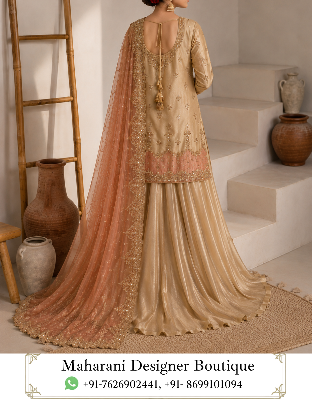 Noor-e-Gulab Champagne Sharara Suit by Maharani Designer Boutique Step into understated luxury with the Noor-e-Gulab Champagne Sharara Suit, an elegant three-piece ethnic ensemble created for women who appreciate refined embroidery, graceful silhouettes and sophisticated colour combinations. Presented by Maharani Designer Boutique, this designer suit beautifully blends a warm champagne-gold kurta and flowing sharara with a soft peach dupatta, creating a polished look for weddings, festive celebrations, engagement parties, receptions and special occasions. The ensemble is designed around a harmonious combination of neutral champagne tones and delicate peach accents. The warm golden-beige kurta provides a sophisticated foundation, while the peach-toned lower border and matching dupatta add softness and feminine contrast. Fine ornamental embroidery is distributed across the neckline, sleeves and lower hem, giving the outfit an elevated festive character without making the overall appearance feel visually overwhelming. The flowing sharara creates dramatic movement with every step, while the embroidered dupatta completes the outfit with an elegant finishing layer. Together, the three pieces create a timeless Indian ethnic look that can be styled traditionally or interpreted in a more contemporary way. Whether you are searching for a designer sharara suit, champagne sharara suit, party wear sharara suit, wedding guest outfit, embroidered Punjabi suit, or an elegant ethnic ensemble for a special celebration, Noor-e-Gulab offers a sophisticated option from Maharani Designer Boutique. A Sophisticated Champagne-Gold Colour Palette The most striking feature of Noor-e-Gulab is its warm champagne-gold colour palette. Champagne is a particularly elegant choice for occasion wear because it provides the richness associated with traditional gold while maintaining a softer, more contemporary appearance. The kurta and sharara share a coordinated champagne-gold tone, creating a beautifully elongated monochromatic base. Against this neutral foundation, the peach detailing becomes a subtle highlight. This colour combination works beautifully for both daytime and evening occasions. For daytime celebrations, pair the suit with delicate jewellery and neutral footwear for a graceful appearance. For evening events, introduce statement earrings, embellished heels and a metallic clutch to enhance the luxurious character of the outfit. The overall colour story is sophisticated, feminine and versatile. Embroidered Kurta The kurta is the focal point of the Noor-e-Gulab ensemble. It features a graceful straight silhouette with a rounded neckline and an elegant keyhole-inspired opening detail at the front. The neckline is surrounded by delicate ornamental embroidery that gradually extends downward into the central design. The embroidery incorporates floral and decorative motifs, creating a refined handcrafted-inspired appearance. Small motifs are distributed across the body of the kurta, providing subtle detailing without covering the entire surface. The lower section becomes more elaborate, with a broad embroidered border introducing additional depth and visual richness. This progression—from lighter detailing across the body to more concentrated embroidery near the hem—creates a balanced design. Intricate Neckline Detailing The neckline deserves special attention. A decorative embroidered frame surrounds the neckline and opening, drawing attention toward the face while giving the kurta a distinctive designer finish. The embroidery includes delicate floral-inspired elements and ornamental patterns that complement the champagne-gold base. The central neckline detail creates a vertical visual line that works particularly well with the elongated silhouette of the kurta. This makes the neckline an ideal focal point when styling the outfit with earrings or a necklace. For a minimalist look, pair it with statement earrings and skip the necklace. For a traditional occasion, add a delicate choker or layered jewellery. Beautiful Sleeve Embroidery The long sleeves continue the decorative language of the kurta. Fine embroidery appears across the sleeve cuffs, creating a concentrated border that complements the neckline and hem. This detail becomes particularly attractive when paired with traditional bangles. The sleeves provide a graceful balance between the decorated front of the kurta and the flowing lower silhouette. Their relatively streamlined structure also allows the outfit to retain a sophisticated appearance despite the richness of the embroidery. Decorative Kurta Hem The lower border of the kurta introduces another important design element. A decorative embroidered panel runs across the hem, incorporating floral and ornamental motifs. The border appears in coordinated tones that connect the champagne-gold kurta with the peach accents seen elsewhere in the ensemble. This creates a seamless transition between the upper and lower portions of the outfit. The hem embroidery also provides an attractive finishing point to the kurta, particularly when viewed with the flowing sharara underneath. Flowing Champagne Sharara The sharara is designed to add movement and volume to the ensemble. Its wide, flowing silhouette creates an elegant flare that becomes especially noticeable while walking or moving across a room. The coordinated champagne-gold colour maintains the monochromatic character of the outfit, while the subtle sheen visible in the design adds dimension. The wide-leg silhouette gives the traditional sharara a contemporary feel and allows the outfit to move beautifully. The sharara works particularly well for women who want the visual drama of a traditional festive outfit while maintaining a graceful and fluid silhouette. Peach-Toned Sharara Border The lower edge of the sharara features delicate peach-toned detailing that connects visually with the dupatta. This creates a subtle contrast against the champagne base. Rather than using a strong contrasting colour, the design relies on closely related warm tones, resulting in a sophisticated overall appearance. The border adds definition to the flowing sharara and helps frame the silhouette. It also provides a visual connection between the kurta's embroidered detailing and the peach dupatta. Elegant Peach Dupatta The peach dupatta is one of the most beautiful components of Noor-e-Gulab. Its soft peach tone provides a gentle contrast to the champagne-gold kurta and sharara. The dupatta features delicate embroidery and an elaborate border, giving it an elevated festive appearance. Its graceful drape adds softness to the outfit and creates beautiful movement when carried over the shoulder. The embroidered border frames the dupatta and makes it particularly suitable for traditional styling. It can be draped over one shoulder, carried across both shoulders or styled more traditionally depending on the occasion. Detailed Dupatta Border The dupatta border is richly decorated with floral and ornamental embroidery. This border provides structure to the otherwise lightweight visual appearance of the dupatta. When draped over the shoulder, the embroidered edge becomes a prominent decorative element alongside the kurta. For photographs, allowing the border to fall naturally down the front creates a beautiful vertical line. For a more traditional appearance, the dupatta can be carried across the front or placed over the head. A Perfect Wedding Guest Outfit Noor-e-Gulab is an excellent choice for wedding guests looking for something elegant without appearing overly bridal. Its champagne and peach palette is sophisticated enough for formal celebrations while remaining versatile. Wear it for: Wedding receptions Engagement ceremonies Sangeet celebrations Mehndi functions Family weddings Festive dinners Anniversary celebrations Traditional gatherings Formal parties Cultural events Pre-wedding celebrations The ensemble can easily be adapted according to the formality of the event. Engagement Party Styling For an engagement party, style Noor-e-Gulab with elegant statement earrings and a delicate bracelet. A sleek hairstyle or soft waves can complement the neckline. Choose a small embellished clutch and footwear in gold, champagne or nude tones. For jewellery, consider pearl, gold-toned, kundan-inspired or crystal-style pieces depending on your personal aesthetic. The result is refined and celebratory without competing with the bride-to-be. Reception Look For an evening reception, embrace the luxurious side of the ensemble. Pair the suit with: Statement earrings A delicate necklace or choker Metallic heels Embellished clutch Stacked bangles A polished hairstyle Soft luminous makeup can complement the warm champagne tones beautifully. A deeper peach, rose or nude lip can add definition while maintaining the elegant colour story. Mehndi Function Styling For a mehndi event, you can make the look more playful by introducing colourful accessories. Try: Floral jewellery Colourful bangles Embellished juttis Decorative hair accessories A colourful potli The champagne base acts as a neutral canvas, allowing brighter accessories to become accents. This makes the outfit versatile enough to be styled differently for different functions. Sangeet Styling For a sangeet celebration, style the sharara with a slightly more glamorous approach. Choose statement earrings, metallic footwear and a decorative clutch. Keep the dupatta draped over one shoulder so the sharara remains visible. The wide-leg silhouette creates natural movement, making the outfit particularly attractive for an energetic celebration. A contemporary updo or flowing waves can complete the look. Jewellery Guide Noor-e-Gulab works with several jewellery styles. Gold Jewellery Gold-toned jewellery complements the champagne base and creates a traditional appearance. Pearl Jewellery Pearls introduce softness and work particularly well with the peach dupatta. Kundan-Inspired Jewellery Kundan-style pieces can enhance the traditional character of the outfit. Crystal Jewellery Crystal-inspired jewellery can create a more contemporary evening look. Jhumkas Traditional jhumkas remain one of the easiest ways to style this ensemble. Choker A delicate choker can beautifully frame the neckline. Footwear Recommendations The flowing sharara looks beautiful with footwear that complements its graceful movement. For traditional occasions, choose embellished Punjabi juttis or mojaris. For formal evening functions, consider metallic sandals or heels. Nude and champagne footwear can create a seamless elongated appearance. Gold-toned footwear is another natural pairing with the warm colour palette. When selecting footwear, prioritize comfort if you expect to wear the outfit for several hours. Dupatta Draping Ideas Classic Shoulder Drape Place the dupatta over one shoulder and allow the embroidered edge to fall vertically. Two-Shoulder Drape Carry the dupatta across both shoulders for a balanced traditional appearance. Front Drape Bring the dupatta across the front for a more modest and classic look. Head Drape For traditional ceremonies, the dupatta can be gracefully placed over the head. Contemporary Drape Allow the dupatta to fall loosely from one shoulder for a relaxed designer look. Hairstyle Ideas The neckline and embroidery provide plenty of styling possibilities. Low Bun A sleek low bun creates a sophisticated formal appearance. Soft Waves Loose waves offer a feminine and contemporary finish. Side-Swept Waves A side-swept hairstyle can highlight statement earrings. Braided Style A decorated braid creates a traditional Indian aesthetic. Sleek Ponytail A sleek ponytail gives the outfit a modern fashion-forward character. Makeup Inspiration The warm colour palette allows for both subtle and glamorous makeup. For daytime events, choose luminous skin, soft brown eye makeup, defined lashes and a peach or nude lip. For evening celebrations, add more defined eyeliner, a glowing complexion and a deeper rose or warm nude lip. Peach-toned blush can complement the dupatta while maintaining a harmonious colour palette. The objective is to enhance the outfit rather than compete with its embroidery. Versatile Ethnic Fashion One of the biggest advantages of Noor-e-Gulab is its versatility. Although designed as a coordinated occasion ensemble, its individual elements can inspire multiple looks. The kurta can be styled with contrasting palazzos or straight pants. The sharara can be paired with another coordinated ethnic top for a new outfit combination. The peach dupatta can complement other champagne, beige, peach, blush or pastel outfits. This allows the pieces to become part of a broader ethnic wardrobe. Contemporary Indian Elegance Modern Indian fashion increasingly combines traditional silhouettes with refined contemporary styling. Noor-e-Gulab reflects this approach through its combination of: Traditional sharara silhouette Long embroidered kurta Soft contrasting dupatta Elegant neutral colour palette Feminine embroidery Flowing proportions Contemporary styling potential The result is an outfit that feels rooted in Indian ethnic fashion while remaining suitable for modern celebrations. Why Choose Noor-e-Gulab? Choose this designer sharara suit if you are looking for: A sophisticated champagne-gold ethnic outfit A soft peach and gold colour combination An embroidered sharara suit for women A wedding guest outfit A party wear sharara set An elegant engagement outfit A festive designer suit A flowing traditional silhouette A coordinated three-piece ensemble A versatile outfit from Maharani Designer Boutique Noor-e-Gulab is designed to make an impression through colour harmony, embroidery and graceful movement rather than relying solely on heavy embellishment. Styling for Different Occasions The beauty of this outfit lies in how easily its personality can change through accessories. For a daytime family gathering, choose minimal earrings, simple footwear and natural makeup. For a wedding ceremony, introduce traditional jewellery, bangles and embellished footwear. For an evening reception, select statement earrings, a metallic clutch and heels. For an engagement party, combine refined jewellery with a polished hairstyle. For a festive celebration, colourful bangles and traditional juttis can add personality. A Sophisticated Choice for Festive Wardrobes Every occasion-wear wardrobe benefits from a versatile neutral-toned outfit. While bright red, pink and green outfits make strong statements, champagne-gold offers a softer alternative. It is elegant without being overpowering and can be styled with a wide variety of jewellery colours. Peach adds another layer of softness, making the ensemble especially suitable for women who prefer feminine pastel-inspired combinations. Maharani Designer Boutique Maharani Designer Boutique presents ethnic occasion wear that celebrates traditional Indian silhouettes through sophisticated colours and decorative detailing. The Noor-e-Gulab Sharara Suit reflects this design philosophy through its carefully coordinated three-piece composition. The champagne-gold kurta establishes the foundation. The embroidered neckline, sleeves and hem provide decorative character. The flowing sharara introduces movement. The peach dupatta adds softness and contrast. Together, these details create an elegant outfit suitable for celebrations where you want to look polished, feminine and effortlessly stylish. Product Details Product Name: Noor-e-Gulab Champagne Sharara Suit Brand: Maharani Designer Boutique Category: Designer Sharara Suit / Party Wear Suit Primary Colour: Champagne Gold Secondary Colour: Peach Set Includes: Kurta, Sharara and Dupatta Kurta Style: Long embroidered kurta with decorative neckline Bottom Style: Flowing wide-leg sharara Dupatta: Peach-toned embroidered dupatta with decorative border Design: Floral and ornamental embroidery Occasions: Weddings, Engagements, Receptions, Mehndi, Sangeet, Festive Events, Parties and Family Celebrations Exact fabric composition, measurements, lining, embroidery technique and customization availability should be confirmed with Maharani Designer Boutique before purchase, as these specifications cannot be reliably determined from the image alone. Care & Storage To preserve the appearance of an embellished occasion-wear outfit, handle the ensemble carefully. Store the kurta, sharara and dupatta in a clean garment bag away from excessive moisture and direct sunlight. Keep jewellery, sharp accessories and rough surfaces away from the embroidered sections to reduce the possibility of snagging. Avoid applying perfume or cosmetic products directly onto the garment. Follow the garment's specific care label for cleaning and maintenance. Professional cleaning may be appropriate depending on the actual fabric and embellishment. Fold or hang the dupatta carefully so that the embroidered border is not crushed beneath heavy garments. With thoughtful storage and careful handling, the outfit can remain a beautiful part of your occasion-wear wardrobe for future celebrations. champagne sharara suit, champagne gold sharara suit, champagne sharara suit for women, designer sharara suit, designer sharara suit for women, embroidered sharara suit, embroidered sharara suit for women, peach dupatta sharara suit, champagne gold suit, champagne gold ethnic wear, peach and gold suit, peach and gold sharara suit, designer party wear suit, party wear sharara suit, wedding guest sharara suit, wedding guest outfit for women, sharara suit for wedding, sharara suit for engagement, engagement outfit for women, engagement sharara suit, reception outfit for women, reception sharara suit, mehndi outfit for women, mehndi sharara suit, sangeet outfit for women, sangeet sharara suit, festive sharara suit, festive ethnic wear, Indian sharara suit, Indian ethnic wear for women, traditional sharara suit, modern sharara suit, stylish sharara suit, embroidered ethnic suit, designer ethnic wear, ethnic wear for wedding, wedding wear for women, Indian party wear, party wear ethnic suit, embroidered party wear suit, luxury sharara suit, elegant sharara suit, gold embroidered suit, champagne embroidered suit