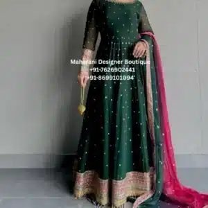 Royal Emerald Embroidered Anarkali Gown Set Celebrate every special occasion in style with the Royal Emerald Embroidered Anarkali Gown Set, a luxurious ethnic ensemble designed for women who appreciate timeless fashion and exceptional craftsmanship. Moreover, this elegant outfit combines a rich emerald green colour with delicate embroidery, a flowing Anarkali silhouette, and a contrasting pink dupatta to create a sophisticated look that never goes out of style. Furthermore, the graceful flare offers beautiful movement, while the intricate embroidery along the neckline, sleeves, hemline, and borders adds refined elegance. As a result, this outfit is perfect for weddings, engagement ceremonies, receptions, festive celebrations, cultural events, and family gatherings. Whether you're attending a wedding in London, celebrating Diwali in Toronto, or dressing for an engagement party in New York, this designer Anarkali gown helps you create an unforgettable impression. Elegant Embroidery The beauty of this Anarkali gown lies in its carefully crafted embroidery. Additionally, every embroidered detail is thoughtfully placed to enhance the graceful silhouette without overwhelming the design. In addition, the embroidered neckline, decorative borders, and scattered embellishments create a balanced and luxurious appearance. Therefore, the gown reflects premium boutique craftsmanship suitable for every special occasion. Premium Anarkali Silhouette Designed with comfort and elegance in mind, the flowing Anarkali silhouette flatters a variety of body types. Features Elegant round neckline Full-length sheer sleeves Delicate embroidery Flared Anarkali design Premium stitching Comfortable fit Lightweight fabric Graceful movement Furthermore, the flowing silhouette allows effortless movement, making it ideal for long celebrations and wedding events. Beautiful Pink Dupatta The contrasting pink dupatta adds vibrant charm to the outfit. Moreover, the embroidered border enhances the luxurious appearance while beautifully complementing the emerald green gown. As a result, the complete ensemble offers an elegant balance of traditional and contemporary fashion. Perfect for Every Occasion This designer Anarkali gown is ideal for: Wedding Ceremony Reception Party Engagement Ceremony Mehndi Sangeet Eid Celebration Diwali Festival Karwa Chauth Raksha Bandhan Family Functions Anniversary Celebration Cultural Events Destination Wedding Festive Gatherings Formal Evening Events Finally, its timeless elegance ensures that you look sophisticated throughout every celebration. Why You'll Love This Outfit Elegant emerald green colour Premium embroidery Flowing Anarkali silhouette Boutique-quality craftsmanship Comfortable all-day wear Lightweight and graceful Perfect for weddings and festive occasions Worldwide shipping available Perfect for Customers in the UK, USA & Canada This premium Anarkali gown is designed for women seeking luxurious Indian ethnic wear internationally. Whether you're searching for designer Anarkali gowns in the UK, wedding outfits in the USA, or premium festive wear in Canada, this elegant ensemble offers exceptional craftsmanship and timeless style. Care Instructions Dry clean only Store in a garment bag Steam iron on low heat Protect embroidered areas Avoid bleach or harsh detergents Why Choose Maharani Designer Boutique? At Maharani Designer Boutique, we create elegant ethnic wear that celebrates traditional craftsmanship with a modern touch. Moreover, every outfit is crafted using premium fabrics, detailed embroidery, and expert tailoring to ensure exceptional quality. We proudly deliver boutique collections to customers across the UK, USA, Canada, and many other countries, helping women celebrate every special occasion in style. Emerald Green Anarkali Gown, Designer Anarkali Dress, Embroidered Anarkali Suit, Party Wear Anarkali, Wedding Anarkali Gown, Boutique Anarkali Dress, Women's Ethnic Wear, Indian Dress UK, Indian Dress USA, Indian Dress Canada, Festive Anarkali Suit, Designer Ethnic Wear, Pink Dupatta Set, Luxury Anarkali Gown, Maharani Designer Boutique.