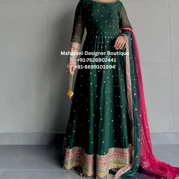 Royal Emerald Embroidered Anarkali Gown Set Celebrate every special occasion in style with the Royal Emerald Embroidered Anarkali Gown Set, a luxurious ethnic ensemble designed for women who appreciate timeless fashion and exceptional craftsmanship. Moreover, this elegant outfit combines a rich emerald green colour with delicate embroidery, a flowing Anarkali silhouette, and a contrasting pink dupatta to create a sophisticated look that never goes out of style. Furthermore, the graceful flare offers beautiful movement, while the intricate embroidery along the neckline, sleeves, hemline, and borders adds refined elegance. As a result, this outfit is perfect for weddings, engagement ceremonies, receptions, festive celebrations, cultural events, and family gatherings. Whether you're attending a wedding in London, celebrating Diwali in Toronto, or dressing for an engagement party in New York, this designer Anarkali gown helps you create an unforgettable impression. Elegant Embroidery The beauty of this Anarkali gown lies in its carefully crafted embroidery. Additionally, every embroidered detail is thoughtfully placed to enhance the graceful silhouette without overwhelming the design. In addition, the embroidered neckline, decorative borders, and scattered embellishments create a balanced and luxurious appearance. Therefore, the gown reflects premium boutique craftsmanship suitable for every special occasion. Premium Anarkali Silhouette Designed with comfort and elegance in mind, the flowing Anarkali silhouette flatters a variety of body types. Features Elegant round neckline Full-length sheer sleeves Delicate embroidery Flared Anarkali design Premium stitching Comfortable fit Lightweight fabric Graceful movement Furthermore, the flowing silhouette allows effortless movement, making it ideal for long celebrations and wedding events. Beautiful Pink Dupatta The contrasting pink dupatta adds vibrant charm to the outfit. Moreover, the embroidered border enhances the luxurious appearance while beautifully complementing the emerald green gown. As a result, the complete ensemble offers an elegant balance of traditional and contemporary fashion. Perfect for Every Occasion This designer Anarkali gown is ideal for: Wedding Ceremony Reception Party Engagement Ceremony Mehndi Sangeet Eid Celebration Diwali Festival Karwa Chauth Raksha Bandhan Family Functions Anniversary Celebration Cultural Events Destination Wedding Festive Gatherings Formal Evening Events Finally, its timeless elegance ensures that you look sophisticated throughout every celebration. Why You'll Love This Outfit Elegant emerald green colour Premium embroidery Flowing Anarkali silhouette Boutique-quality craftsmanship Comfortable all-day wear Lightweight and graceful Perfect for weddings and festive occasions Worldwide shipping available Perfect for Customers in the UK, USA & Canada This premium Anarkali gown is designed for women seeking luxurious Indian ethnic wear internationally. Whether you're searching for designer Anarkali gowns in the UK, wedding outfits in the USA, or premium festive wear in Canada, this elegant ensemble offers exceptional craftsmanship and timeless style. Care Instructions Dry clean only Store in a garment bag Steam iron on low heat Protect embroidered areas Avoid bleach or harsh detergents Why Choose Maharani Designer Boutique? At Maharani Designer Boutique, we create elegant ethnic wear that celebrates traditional craftsmanship with a modern touch. Moreover, every outfit is crafted using premium fabrics, detailed embroidery, and expert tailoring to ensure exceptional quality. We proudly deliver boutique collections to customers across the UK, USA, Canada, and many other countries, helping women celebrate every special occasion in style. Emerald Green Anarkali Gown, Designer Anarkali Dress, Embroidered Anarkali Suit, Party Wear Anarkali, Wedding Anarkali Gown, Boutique Anarkali Dress, Women's Ethnic Wear, Indian Dress UK, Indian Dress USA, Indian Dress Canada, Festive Anarkali Suit, Designer Ethnic Wear, Pink Dupatta Set, Luxury Anarkali Gown, Maharani Designer Boutique.