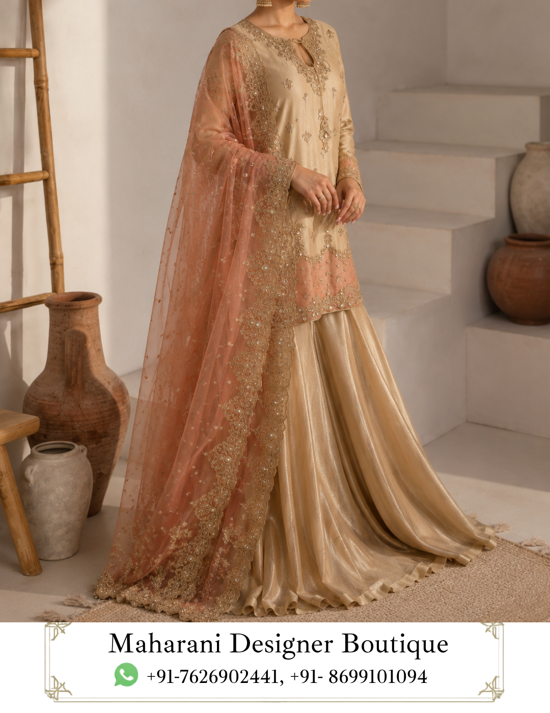 Noor-e-Gulab Champagne Sharara Suit by Maharani Designer Boutique Step into understated luxury with the Noor-e-Gulab Champagne Sharara Suit, an elegant three-piece ethnic ensemble created for women who appreciate refined embroidery, graceful silhouettes and sophisticated colour combinations. Presented by Maharani Designer Boutique, this designer suit beautifully blends a warm champagne-gold kurta and flowing sharara with a soft peach dupatta, creating a polished look for weddings, festive celebrations, engagement parties, receptions and special occasions. The ensemble is designed around a harmonious combination of neutral champagne tones and delicate peach accents. The warm golden-beige kurta provides a sophisticated foundation, while the peach-toned lower border and matching dupatta add softness and feminine contrast. Fine ornamental embroidery is distributed across the neckline, sleeves and lower hem, giving the outfit an elevated festive character without making the overall appearance feel visually overwhelming. The flowing sharara creates dramatic movement with every step, while the embroidered dupatta completes the outfit with an elegant finishing layer. Together, the three pieces create a timeless Indian ethnic look that can be styled traditionally or interpreted in a more contemporary way. Whether you are searching for a designer sharara suit, champagne sharara suit, party wear sharara suit, wedding guest outfit, embroidered Punjabi suit, or an elegant ethnic ensemble for a special celebration, Noor-e-Gulab offers a sophisticated option from Maharani Designer Boutique. A Sophisticated Champagne-Gold Colour Palette The most striking feature of Noor-e-Gulab is its warm champagne-gold colour palette. Champagne is a particularly elegant choice for occasion wear because it provides the richness associated with traditional gold while maintaining a softer, more contemporary appearance. The kurta and sharara share a coordinated champagne-gold tone, creating a beautifully elongated monochromatic base. Against this neutral foundation, the peach detailing becomes a subtle highlight. This colour combination works beautifully for both daytime and evening occasions. For daytime celebrations, pair the suit with delicate jewellery and neutral footwear for a graceful appearance. For evening events, introduce statement earrings, embellished heels and a metallic clutch to enhance the luxurious character of the outfit. The overall colour story is sophisticated, feminine and versatile. Embroidered Kurta The kurta is the focal point of the Noor-e-Gulab ensemble. It features a graceful straight silhouette with a rounded neckline and an elegant keyhole-inspired opening detail at the front. The neckline is surrounded by delicate ornamental embroidery that gradually extends downward into the central design. The embroidery incorporates floral and decorative motifs, creating a refined handcrafted-inspired appearance. Small motifs are distributed across the body of the kurta, providing subtle detailing without covering the entire surface. The lower section becomes more elaborate, with a broad embroidered border introducing additional depth and visual richness. This progression—from lighter detailing across the body to more concentrated embroidery near the hem—creates a balanced design. Intricate Neckline Detailing The neckline deserves special attention. A decorative embroidered frame surrounds the neckline and opening, drawing attention toward the face while giving the kurta a distinctive designer finish. The embroidery includes delicate floral-inspired elements and ornamental patterns that complement the champagne-gold base. The central neckline detail creates a vertical visual line that works particularly well with the elongated silhouette of the kurta. This makes the neckline an ideal focal point when styling the outfit with earrings or a necklace. For a minimalist look, pair it with statement earrings and skip the necklace. For a traditional occasion, add a delicate choker or layered jewellery. Beautiful Sleeve Embroidery The long sleeves continue the decorative language of the kurta. Fine embroidery appears across the sleeve cuffs, creating a concentrated border that complements the neckline and hem. This detail becomes particularly attractive when paired with traditional bangles. The sleeves provide a graceful balance between the decorated front of the kurta and the flowing lower silhouette. Their relatively streamlined structure also allows the outfit to retain a sophisticated appearance despite the richness of the embroidery. Decorative Kurta Hem The lower border of the kurta introduces another important design element. A decorative embroidered panel runs across the hem, incorporating floral and ornamental motifs. The border appears in coordinated tones that connect the champagne-gold kurta with the peach accents seen elsewhere in the ensemble. This creates a seamless transition between the upper and lower portions of the outfit. The hem embroidery also provides an attractive finishing point to the kurta, particularly when viewed with the flowing sharara underneath. Flowing Champagne Sharara The sharara is designed to add movement and volume to the ensemble. Its wide, flowing silhouette creates an elegant flare that becomes especially noticeable while walking or moving across a room. The coordinated champagne-gold colour maintains the monochromatic character of the outfit, while the subtle sheen visible in the design adds dimension. The wide-leg silhouette gives the traditional sharara a contemporary feel and allows the outfit to move beautifully. The sharara works particularly well for women who want the visual drama of a traditional festive outfit while maintaining a graceful and fluid silhouette. Peach-Toned Sharara Border The lower edge of the sharara features delicate peach-toned detailing that connects visually with the dupatta. This creates a subtle contrast against the champagne base. Rather than using a strong contrasting colour, the design relies on closely related warm tones, resulting in a sophisticated overall appearance. The border adds definition to the flowing sharara and helps frame the silhouette. It also provides a visual connection between the kurta's embroidered detailing and the peach dupatta. Elegant Peach Dupatta The peach dupatta is one of the most beautiful components of Noor-e-Gulab. Its soft peach tone provides a gentle contrast to the champagne-gold kurta and sharara. The dupatta features delicate embroidery and an elaborate border, giving it an elevated festive appearance. Its graceful drape adds softness to the outfit and creates beautiful movement when carried over the shoulder. The embroidered border frames the dupatta and makes it particularly suitable for traditional styling. It can be draped over one shoulder, carried across both shoulders or styled more traditionally depending on the occasion. Detailed Dupatta Border The dupatta border is richly decorated with floral and ornamental embroidery. This border provides structure to the otherwise lightweight visual appearance of the dupatta. When draped over the shoulder, the embroidered edge becomes a prominent decorative element alongside the kurta. For photographs, allowing the border to fall naturally down the front creates a beautiful vertical line. For a more traditional appearance, the dupatta can be carried across the front or placed over the head. A Perfect Wedding Guest Outfit Noor-e-Gulab is an excellent choice for wedding guests looking for something elegant without appearing overly bridal. Its champagne and peach palette is sophisticated enough for formal celebrations while remaining versatile. Wear it for: Wedding receptions Engagement ceremonies Sangeet celebrations Mehndi functions Family weddings Festive dinners Anniversary celebrations Traditional gatherings Formal parties Cultural events Pre-wedding celebrations The ensemble can easily be adapted according to the formality of the event. Engagement Party Styling For an engagement party, style Noor-e-Gulab with elegant statement earrings and a delicate bracelet. A sleek hairstyle or soft waves can complement the neckline. Choose a small embellished clutch and footwear in gold, champagne or nude tones. For jewellery, consider pearl, gold-toned, kundan-inspired or crystal-style pieces depending on your personal aesthetic. The result is refined and celebratory without competing with the bride-to-be. Reception Look For an evening reception, embrace the luxurious side of the ensemble. Pair the suit with: Statement earrings A delicate necklace or choker Metallic heels Embellished clutch Stacked bangles A polished hairstyle Soft luminous makeup can complement the warm champagne tones beautifully. A deeper peach, rose or nude lip can add definition while maintaining the elegant colour story. Mehndi Function Styling For a mehndi event, you can make the look more playful by introducing colourful accessories. Try: Floral jewellery Colourful bangles Embellished juttis Decorative hair accessories A colourful potli The champagne base acts as a neutral canvas, allowing brighter accessories to become accents. This makes the outfit versatile enough to be styled differently for different functions. Sangeet Styling For a sangeet celebration, style the sharara with a slightly more glamorous approach. Choose statement earrings, metallic footwear and a decorative clutch. Keep the dupatta draped over one shoulder so the sharara remains visible. The wide-leg silhouette creates natural movement, making the outfit particularly attractive for an energetic celebration. A contemporary updo or flowing waves can complete the look. Jewellery Guide Noor-e-Gulab works with several jewellery styles. Gold Jewellery Gold-toned jewellery complements the champagne base and creates a traditional appearance. Pearl Jewellery Pearls introduce softness and work particularly well with the peach dupatta. Kundan-Inspired Jewellery Kundan-style pieces can enhance the traditional character of the outfit. Crystal Jewellery Crystal-inspired jewellery can create a more contemporary evening look. Jhumkas Traditional jhumkas remain one of the easiest ways to style this ensemble. Choker A delicate choker can beautifully frame the neckline. Footwear Recommendations The flowing sharara looks beautiful with footwear that complements its graceful movement. For traditional occasions, choose embellished Punjabi juttis or mojaris. For formal evening functions, consider metallic sandals or heels. Nude and champagne footwear can create a seamless elongated appearance. Gold-toned footwear is another natural pairing with the warm colour palette. When selecting footwear, prioritize comfort if you expect to wear the outfit for several hours. Dupatta Draping Ideas Classic Shoulder Drape Place the dupatta over one shoulder and allow the embroidered edge to fall vertically. Two-Shoulder Drape Carry the dupatta across both shoulders for a balanced traditional appearance. Front Drape Bring the dupatta across the front for a more modest and classic look. Head Drape For traditional ceremonies, the dupatta can be gracefully placed over the head. Contemporary Drape Allow the dupatta to fall loosely from one shoulder for a relaxed designer look. Hairstyle Ideas The neckline and embroidery provide plenty of styling possibilities. Low Bun A sleek low bun creates a sophisticated formal appearance. Soft Waves Loose waves offer a feminine and contemporary finish. Side-Swept Waves A side-swept hairstyle can highlight statement earrings. Braided Style A decorated braid creates a traditional Indian aesthetic. Sleek Ponytail A sleek ponytail gives the outfit a modern fashion-forward character. Makeup Inspiration The warm colour palette allows for both subtle and glamorous makeup. For daytime events, choose luminous skin, soft brown eye makeup, defined lashes and a peach or nude lip. For evening celebrations, add more defined eyeliner, a glowing complexion and a deeper rose or warm nude lip. Peach-toned blush can complement the dupatta while maintaining a harmonious colour palette. The objective is to enhance the outfit rather than compete with its embroidery. Versatile Ethnic Fashion One of the biggest advantages of Noor-e-Gulab is its versatility. Although designed as a coordinated occasion ensemble, its individual elements can inspire multiple looks. The kurta can be styled with contrasting palazzos or straight pants. The sharara can be paired with another coordinated ethnic top for a new outfit combination. The peach dupatta can complement other champagne, beige, peach, blush or pastel outfits. This allows the pieces to become part of a broader ethnic wardrobe. Contemporary Indian Elegance Modern Indian fashion increasingly combines traditional silhouettes with refined contemporary styling. Noor-e-Gulab reflects this approach through its combination of: Traditional sharara silhouette Long embroidered kurta Soft contrasting dupatta Elegant neutral colour palette Feminine embroidery Flowing proportions Contemporary styling potential The result is an outfit that feels rooted in Indian ethnic fashion while remaining suitable for modern celebrations. Why Choose Noor-e-Gulab? Choose this designer sharara suit if you are looking for: A sophisticated champagne-gold ethnic outfit A soft peach and gold colour combination An embroidered sharara suit for women A wedding guest outfit A party wear sharara set An elegant engagement outfit A festive designer suit A flowing traditional silhouette A coordinated three-piece ensemble A versatile outfit from Maharani Designer Boutique Noor-e-Gulab is designed to make an impression through colour harmony, embroidery and graceful movement rather than relying solely on heavy embellishment. Styling for Different Occasions The beauty of this outfit lies in how easily its personality can change through accessories. For a daytime family gathering, choose minimal earrings, simple footwear and natural makeup. For a wedding ceremony, introduce traditional jewellery, bangles and embellished footwear. For an evening reception, select statement earrings, a metallic clutch and heels. For an engagement party, combine refined jewellery with a polished hairstyle. For a festive celebration, colourful bangles and traditional juttis can add personality. A Sophisticated Choice for Festive Wardrobes Every occasion-wear wardrobe benefits from a versatile neutral-toned outfit. While bright red, pink and green outfits make strong statements, champagne-gold offers a softer alternative. It is elegant without being overpowering and can be styled with a wide variety of jewellery colours. Peach adds another layer of softness, making the ensemble especially suitable for women who prefer feminine pastel-inspired combinations. Maharani Designer Boutique Maharani Designer Boutique presents ethnic occasion wear that celebrates traditional Indian silhouettes through sophisticated colours and decorative detailing. The Noor-e-Gulab Sharara Suit reflects this design philosophy through its carefully coordinated three-piece composition. The champagne-gold kurta establishes the foundation. The embroidered neckline, sleeves and hem provide decorative character. The flowing sharara introduces movement. The peach dupatta adds softness and contrast. Together, these details create an elegant outfit suitable for celebrations where you want to look polished, feminine and effortlessly stylish. Product Details Product Name: Noor-e-Gulab Champagne Sharara Suit Brand: Maharani Designer Boutique Category: Designer Sharara Suit / Party Wear Suit Primary Colour: Champagne Gold Secondary Colour: Peach Set Includes: Kurta, Sharara and Dupatta Kurta Style: Long embroidered kurta with decorative neckline Bottom Style: Flowing wide-leg sharara Dupatta: Peach-toned embroidered dupatta with decorative border Design: Floral and ornamental embroidery Occasions: Weddings, Engagements, Receptions, Mehndi, Sangeet, Festive Events, Parties and Family Celebrations Exact fabric composition, measurements, lining, embroidery technique and customization availability should be confirmed with Maharani Designer Boutique before purchase, as these specifications cannot be reliably determined from the image alone. Care & Storage To preserve the appearance of an embellished occasion-wear outfit, handle the ensemble carefully. Store the kurta, sharara and dupatta in a clean garment bag away from excessive moisture and direct sunlight. Keep jewellery, sharp accessories and rough surfaces away from the embroidered sections to reduce the possibility of snagging. Avoid applying perfume or cosmetic products directly onto the garment. Follow the garment's specific care label for cleaning and maintenance. Professional cleaning may be appropriate depending on the actual fabric and embellishment. Fold or hang the dupatta carefully so that the embroidered border is not crushed beneath heavy garments. With thoughtful storage and careful handling, the outfit can remain a beautiful part of your occasion-wear wardrobe for future celebrations. champagne sharara suit, champagne gold sharara suit, champagne sharara suit for women, designer sharara suit, designer sharara suit for women, embroidered sharara suit, embroidered sharara suit for women, peach dupatta sharara suit, champagne gold suit, champagne gold ethnic wear, peach and gold suit, peach and gold sharara suit, designer party wear suit, party wear sharara suit, wedding guest sharara suit, wedding guest outfit for women, sharara suit for wedding, sharara suit for engagement, engagement outfit for women, engagement sharara suit, reception outfit for women, reception sharara suit, mehndi outfit for women, mehndi sharara suit, sangeet outfit for women, sangeet sharara suit, festive sharara suit, festive ethnic wear, Indian sharara suit, Indian ethnic wear for women, traditional sharara suit, modern sharara suit, stylish sharara suit, embroidered ethnic suit, designer ethnic wear, ethnic wear for wedding, wedding wear for women, Indian party wear, party wear ethnic suit, embroidered party wear suit, luxury sharara suit, elegant sharara suit, gold embroidered suit, champagne embroidered suit