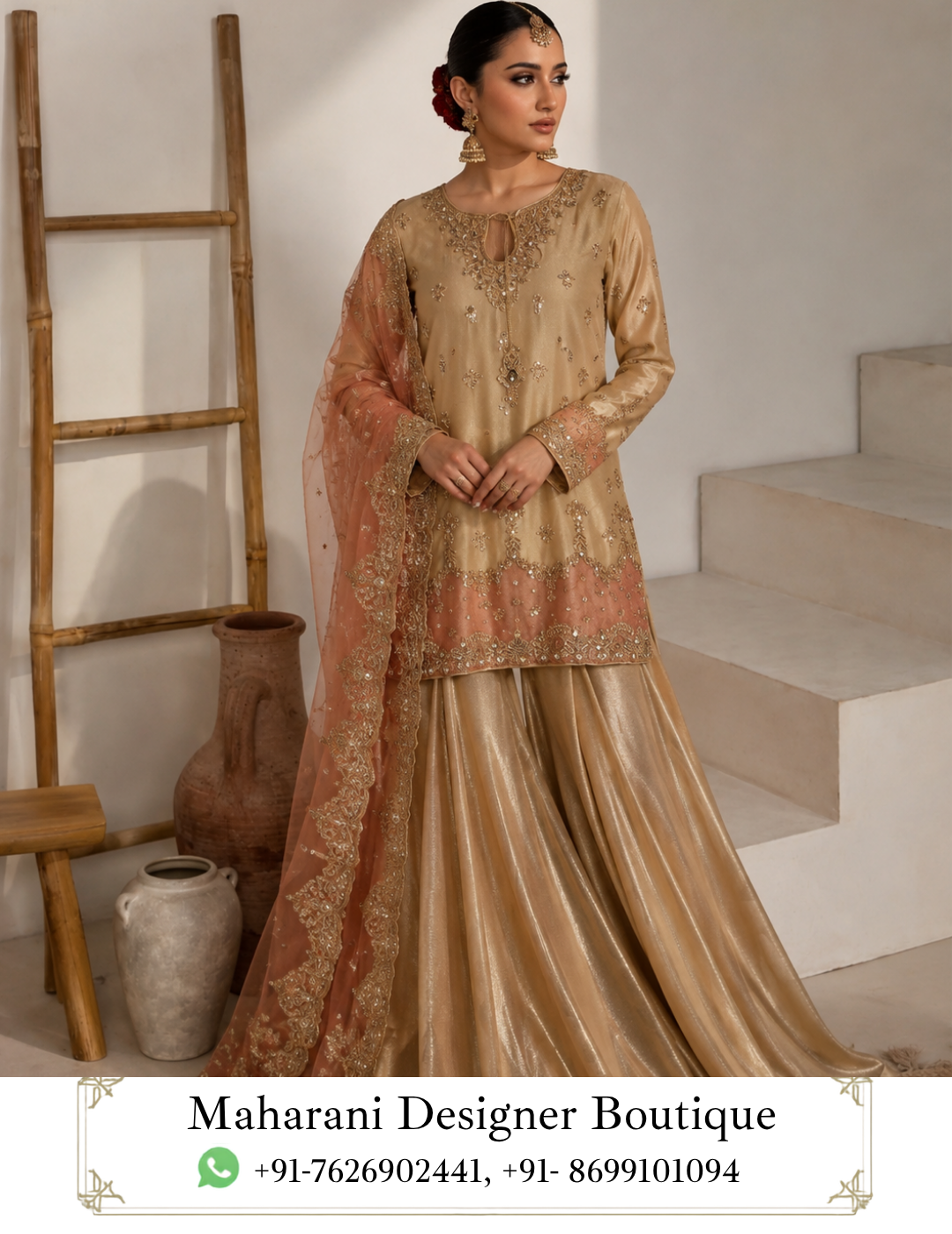 Noor-e-Gulab Champagne Sharara Suit by Maharani Designer Boutique Step into understated luxury with the Noor-e-Gulab Champagne Sharara Suit, an elegant three-piece ethnic ensemble created for women who appreciate refined embroidery, graceful silhouettes and sophisticated colour combinations. Presented by Maharani Designer Boutique, this designer suit beautifully blends a warm champagne-gold kurta and flowing sharara with a soft peach dupatta, creating a polished look for weddings, festive celebrations, engagement parties, receptions and special occasions. The ensemble is designed around a harmonious combination of neutral champagne tones and delicate peach accents. The warm golden-beige kurta provides a sophisticated foundation, while the peach-toned lower border and matching dupatta add softness and feminine contrast. Fine ornamental embroidery is distributed across the neckline, sleeves and lower hem, giving the outfit an elevated festive character without making the overall appearance feel visually overwhelming. The flowing sharara creates dramatic movement with every step, while the embroidered dupatta completes the outfit with an elegant finishing layer. Together, the three pieces create a timeless Indian ethnic look that can be styled traditionally or interpreted in a more contemporary way. Whether you are searching for a designer sharara suit, champagne sharara suit, party wear sharara suit, wedding guest outfit, embroidered Punjabi suit, or an elegant ethnic ensemble for a special celebration, Noor-e-Gulab offers a sophisticated option from Maharani Designer Boutique. A Sophisticated Champagne-Gold Colour Palette The most striking feature of Noor-e-Gulab is its warm champagne-gold colour palette. Champagne is a particularly elegant choice for occasion wear because it provides the richness associated with traditional gold while maintaining a softer, more contemporary appearance. The kurta and sharara share a coordinated champagne-gold tone, creating a beautifully elongated monochromatic base. Against this neutral foundation, the peach detailing becomes a subtle highlight. This colour combination works beautifully for both daytime and evening occasions. For daytime celebrations, pair the suit with delicate jewellery and neutral footwear for a graceful appearance. For evening events, introduce statement earrings, embellished heels and a metallic clutch to enhance the luxurious character of the outfit. The overall colour story is sophisticated, feminine and versatile. Embroidered Kurta The kurta is the focal point of the Noor-e-Gulab ensemble. It features a graceful straight silhouette with a rounded neckline and an elegant keyhole-inspired opening detail at the front. The neckline is surrounded by delicate ornamental embroidery that gradually extends downward into the central design. The embroidery incorporates floral and decorative motifs, creating a refined handcrafted-inspired appearance. Small motifs are distributed across the body of the kurta, providing subtle detailing without covering the entire surface. The lower section becomes more elaborate, with a broad embroidered border introducing additional depth and visual richness. This progression—from lighter detailing across the body to more concentrated embroidery near the hem—creates a balanced design. Intricate Neckline Detailing The neckline deserves special attention. A decorative embroidered frame surrounds the neckline and opening, drawing attention toward the face while giving the kurta a distinctive designer finish. The embroidery includes delicate floral-inspired elements and ornamental patterns that complement the champagne-gold base. The central neckline detail creates a vertical visual line that works particularly well with the elongated silhouette of the kurta. This makes the neckline an ideal focal point when styling the outfit with earrings or a necklace. For a minimalist look, pair it with statement earrings and skip the necklace. For a traditional occasion, add a delicate choker or layered jewellery. Beautiful Sleeve Embroidery The long sleeves continue the decorative language of the kurta. Fine embroidery appears across the sleeve cuffs, creating a concentrated border that complements the neckline and hem. This detail becomes particularly attractive when paired with traditional bangles. The sleeves provide a graceful balance between the decorated front of the kurta and the flowing lower silhouette. Their relatively streamlined structure also allows the outfit to retain a sophisticated appearance despite the richness of the embroidery. Decorative Kurta Hem The lower border of the kurta introduces another important design element. A decorative embroidered panel runs across the hem, incorporating floral and ornamental motifs. The border appears in coordinated tones that connect the champagne-gold kurta with the peach accents seen elsewhere in the ensemble. This creates a seamless transition between the upper and lower portions of the outfit. The hem embroidery also provides an attractive finishing point to the kurta, particularly when viewed with the flowing sharara underneath. Flowing Champagne Sharara The sharara is designed to add movement and volume to the ensemble. Its wide, flowing silhouette creates an elegant flare that becomes especially noticeable while walking or moving across a room. The coordinated champagne-gold colour maintains the monochromatic character of the outfit, while the subtle sheen visible in the design adds dimension. The wide-leg silhouette gives the traditional sharara a contemporary feel and allows the outfit to move beautifully. The sharara works particularly well for women who want the visual drama of a traditional festive outfit while maintaining a graceful and fluid silhouette. Peach-Toned Sharara Border The lower edge of the sharara features delicate peach-toned detailing that connects visually with the dupatta. This creates a subtle contrast against the champagne base. Rather than using a strong contrasting colour, the design relies on closely related warm tones, resulting in a sophisticated overall appearance. The border adds definition to the flowing sharara and helps frame the silhouette. It also provides a visual connection between the kurta's embroidered detailing and the peach dupatta. Elegant Peach Dupatta The peach dupatta is one of the most beautiful components of Noor-e-Gulab. Its soft peach tone provides a gentle contrast to the champagne-gold kurta and sharara. The dupatta features delicate embroidery and an elaborate border, giving it an elevated festive appearance. Its graceful drape adds softness to the outfit and creates beautiful movement when carried over the shoulder. The embroidered border frames the dupatta and makes it particularly suitable for traditional styling. It can be draped over one shoulder, carried across both shoulders or styled more traditionally depending on the occasion. Detailed Dupatta Border The dupatta border is richly decorated with floral and ornamental embroidery. This border provides structure to the otherwise lightweight visual appearance of the dupatta. When draped over the shoulder, the embroidered edge becomes a prominent decorative element alongside the kurta. For photographs, allowing the border to fall naturally down the front creates a beautiful vertical line. For a more traditional appearance, the dupatta can be carried across the front or placed over the head. A Perfect Wedding Guest Outfit Noor-e-Gulab is an excellent choice for wedding guests looking for something elegant without appearing overly bridal. Its champagne and peach palette is sophisticated enough for formal celebrations while remaining versatile. Wear it for: Wedding receptions Engagement ceremonies Sangeet celebrations Mehndi functions Family weddings Festive dinners Anniversary celebrations Traditional gatherings Formal parties Cultural events Pre-wedding celebrations The ensemble can easily be adapted according to the formality of the event. Engagement Party Styling For an engagement party, style Noor-e-Gulab with elegant statement earrings and a delicate bracelet. A sleek hairstyle or soft waves can complement the neckline. Choose a small embellished clutch and footwear in gold, champagne or nude tones. For jewellery, consider pearl, gold-toned, kundan-inspired or crystal-style pieces depending on your personal aesthetic. The result is refined and celebratory without competing with the bride-to-be. Reception Look For an evening reception, embrace the luxurious side of the ensemble. Pair the suit with: Statement earrings A delicate necklace or choker Metallic heels Embellished clutch Stacked bangles A polished hairstyle Soft luminous makeup can complement the warm champagne tones beautifully. A deeper peach, rose or nude lip can add definition while maintaining the elegant colour story. Mehndi Function Styling For a mehndi event, you can make the look more playful by introducing colourful accessories. Try: Floral jewellery Colourful bangles Embellished juttis Decorative hair accessories A colourful potli The champagne base acts as a neutral canvas, allowing brighter accessories to become accents. This makes the outfit versatile enough to be styled differently for different functions. Sangeet Styling For a sangeet celebration, style the sharara with a slightly more glamorous approach. Choose statement earrings, metallic footwear and a decorative clutch. Keep the dupatta draped over one shoulder so the sharara remains visible. The wide-leg silhouette creates natural movement, making the outfit particularly attractive for an energetic celebration. A contemporary updo or flowing waves can complete the look. Jewellery Guide Noor-e-Gulab works with several jewellery styles. Gold Jewellery Gold-toned jewellery complements the champagne base and creates a traditional appearance. Pearl Jewellery Pearls introduce softness and work particularly well with the peach dupatta. Kundan-Inspired Jewellery Kundan-style pieces can enhance the traditional character of the outfit. Crystal Jewellery Crystal-inspired jewellery can create a more contemporary evening look. Jhumkas Traditional jhumkas remain one of the easiest ways to style this ensemble. Choker A delicate choker can beautifully frame the neckline. Footwear Recommendations The flowing sharara looks beautiful with footwear that complements its graceful movement. For traditional occasions, choose embellished Punjabi juttis or mojaris. For formal evening functions, consider metallic sandals or heels. Nude and champagne footwear can create a seamless elongated appearance. Gold-toned footwear is another natural pairing with the warm colour palette. When selecting footwear, prioritize comfort if you expect to wear the outfit for several hours. Dupatta Draping Ideas Classic Shoulder Drape Place the dupatta over one shoulder and allow the embroidered edge to fall vertically. Two-Shoulder Drape Carry the dupatta across both shoulders for a balanced traditional appearance. Front Drape Bring the dupatta across the front for a more modest and classic look. Head Drape For traditional ceremonies, the dupatta can be gracefully placed over the head. Contemporary Drape Allow the dupatta to fall loosely from one shoulder for a relaxed designer look. Hairstyle Ideas The neckline and embroidery provide plenty of styling possibilities. Low Bun A sleek low bun creates a sophisticated formal appearance. Soft Waves Loose waves offer a feminine and contemporary finish. Side-Swept Waves A side-swept hairstyle can highlight statement earrings. Braided Style A decorated braid creates a traditional Indian aesthetic. Sleek Ponytail A sleek ponytail gives the outfit a modern fashion-forward character. Makeup Inspiration The warm colour palette allows for both subtle and glamorous makeup. For daytime events, choose luminous skin, soft brown eye makeup, defined lashes and a peach or nude lip. For evening celebrations, add more defined eyeliner, a glowing complexion and a deeper rose or warm nude lip. Peach-toned blush can complement the dupatta while maintaining a harmonious colour palette. The objective is to enhance the outfit rather than compete with its embroidery. Versatile Ethnic Fashion One of the biggest advantages of Noor-e-Gulab is its versatility. Although designed as a coordinated occasion ensemble, its individual elements can inspire multiple looks. The kurta can be styled with contrasting palazzos or straight pants. The sharara can be paired with another coordinated ethnic top for a new outfit combination. The peach dupatta can complement other champagne, beige, peach, blush or pastel outfits. This allows the pieces to become part of a broader ethnic wardrobe. Contemporary Indian Elegance Modern Indian fashion increasingly combines traditional silhouettes with refined contemporary styling. Noor-e-Gulab reflects this approach through its combination of: Traditional sharara silhouette Long embroidered kurta Soft contrasting dupatta Elegant neutral colour palette Feminine embroidery Flowing proportions Contemporary styling potential The result is an outfit that feels rooted in Indian ethnic fashion while remaining suitable for modern celebrations. Why Choose Noor-e-Gulab? Choose this designer sharara suit if you are looking for: A sophisticated champagne-gold ethnic outfit A soft peach and gold colour combination An embroidered sharara suit for women A wedding guest outfit A party wear sharara set An elegant engagement outfit A festive designer suit A flowing traditional silhouette A coordinated three-piece ensemble A versatile outfit from Maharani Designer Boutique Noor-e-Gulab is designed to make an impression through colour harmony, embroidery and graceful movement rather than relying solely on heavy embellishment. Styling for Different Occasions The beauty of this outfit lies in how easily its personality can change through accessories. For a daytime family gathering, choose minimal earrings, simple footwear and natural makeup. For a wedding ceremony, introduce traditional jewellery, bangles and embellished footwear. For an evening reception, select statement earrings, a metallic clutch and heels. For an engagement party, combine refined jewellery with a polished hairstyle. For a festive celebration, colourful bangles and traditional juttis can add personality. A Sophisticated Choice for Festive Wardrobes Every occasion-wear wardrobe benefits from a versatile neutral-toned outfit. While bright red, pink and green outfits make strong statements, champagne-gold offers a softer alternative. It is elegant without being overpowering and can be styled with a wide variety of jewellery colours. Peach adds another layer of softness, making the ensemble especially suitable for women who prefer feminine pastel-inspired combinations. Maharani Designer Boutique Maharani Designer Boutique presents ethnic occasion wear that celebrates traditional Indian silhouettes through sophisticated colours and decorative detailing. The Noor-e-Gulab Sharara Suit reflects this design philosophy through its carefully coordinated three-piece composition. The champagne-gold kurta establishes the foundation. The embroidered neckline, sleeves and hem provide decorative character. The flowing sharara introduces movement. The peach dupatta adds softness and contrast. Together, these details create an elegant outfit suitable for celebrations where you want to look polished, feminine and effortlessly stylish. Product Details Product Name: Noor-e-Gulab Champagne Sharara Suit Brand: Maharani Designer Boutique Category: Designer Sharara Suit / Party Wear Suit Primary Colour: Champagne Gold Secondary Colour: Peach Set Includes: Kurta, Sharara and Dupatta Kurta Style: Long embroidered kurta with decorative neckline Bottom Style: Flowing wide-leg sharara Dupatta: Peach-toned embroidered dupatta with decorative border Design: Floral and ornamental embroidery Occasions: Weddings, Engagements, Receptions, Mehndi, Sangeet, Festive Events, Parties and Family Celebrations Exact fabric composition, measurements, lining, embroidery technique and customization availability should be confirmed with Maharani Designer Boutique before purchase, as these specifications cannot be reliably determined from the image alone. Care & Storage To preserve the appearance of an embellished occasion-wear outfit, handle the ensemble carefully. Store the kurta, sharara and dupatta in a clean garment bag away from excessive moisture and direct sunlight. Keep jewellery, sharp accessories and rough surfaces away from the embroidered sections to reduce the possibility of snagging. Avoid applying perfume or cosmetic products directly onto the garment. Follow the garment's specific care label for cleaning and maintenance. Professional cleaning may be appropriate depending on the actual fabric and embellishment. Fold or hang the dupatta carefully so that the embroidered border is not crushed beneath heavy garments. With thoughtful storage and careful handling, the outfit can remain a beautiful part of your occasion-wear wardrobe for future celebrations. champagne sharara suit, champagne gold sharara suit, champagne sharara suit for women, designer sharara suit, designer sharara suit for women, embroidered sharara suit, embroidered sharara suit for women, peach dupatta sharara suit, champagne gold suit, champagne gold ethnic wear, peach and gold suit, peach and gold sharara suit, designer party wear suit, party wear sharara suit, wedding guest sharara suit, wedding guest outfit for women, sharara suit for wedding, sharara suit for engagement, engagement outfit for women, engagement sharara suit, reception outfit for women, reception sharara suit, mehndi outfit for women, mehndi sharara suit, sangeet outfit for women, sangeet sharara suit, festive sharara suit, festive ethnic wear, Indian sharara suit, Indian ethnic wear for women, traditional sharara suit, modern sharara suit, stylish sharara suit, embroidered ethnic suit, designer ethnic wear, ethnic wear for wedding, wedding wear for women, Indian party wear, party wear ethnic suit, embroidered party wear suit, luxury sharara suit, elegant sharara suit, gold embroidered suit, champagne embroidered suit