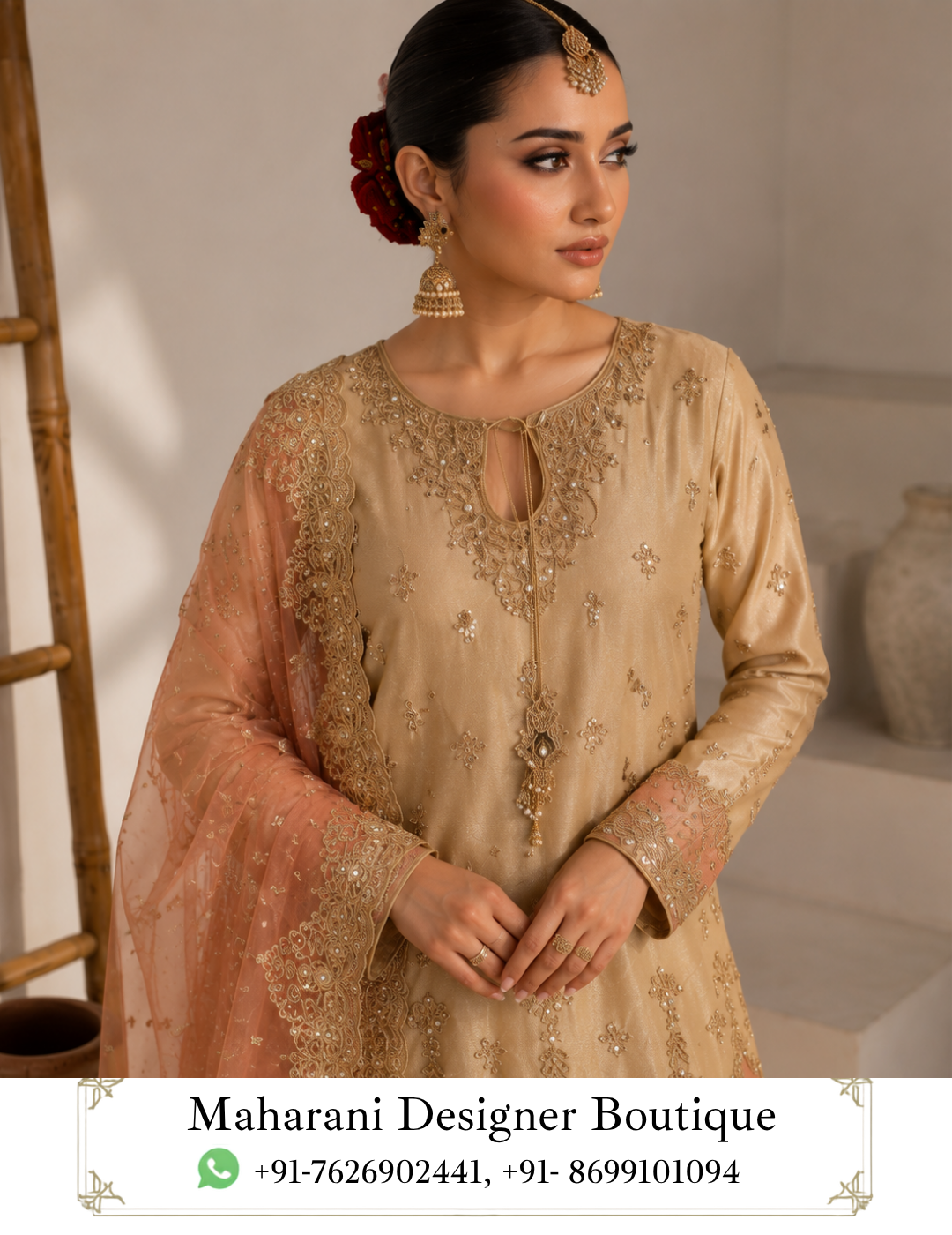 Noor-e-Gulab Champagne Sharara Suit by Maharani Designer Boutique Step into understated luxury with the Noor-e-Gulab Champagne Sharara Suit, an elegant three-piece ethnic ensemble created for women who appreciate refined embroidery, graceful silhouettes and sophisticated colour combinations. Presented by Maharani Designer Boutique, this designer suit beautifully blends a warm champagne-gold kurta and flowing sharara with a soft peach dupatta, creating a polished look for weddings, festive celebrations, engagement parties, receptions and special occasions. The ensemble is designed around a harmonious combination of neutral champagne tones and delicate peach accents. The warm golden-beige kurta provides a sophisticated foundation, while the peach-toned lower border and matching dupatta add softness and feminine contrast. Fine ornamental embroidery is distributed across the neckline, sleeves and lower hem, giving the outfit an elevated festive character without making the overall appearance feel visually overwhelming. The flowing sharara creates dramatic movement with every step, while the embroidered dupatta completes the outfit with an elegant finishing layer. Together, the three pieces create a timeless Indian ethnic look that can be styled traditionally or interpreted in a more contemporary way. Whether you are searching for a designer sharara suit, champagne sharara suit, party wear sharara suit, wedding guest outfit, embroidered Punjabi suit, or an elegant ethnic ensemble for a special celebration, Noor-e-Gulab offers a sophisticated option from Maharani Designer Boutique. A Sophisticated Champagne-Gold Colour Palette The most striking feature of Noor-e-Gulab is its warm champagne-gold colour palette. Champagne is a particularly elegant choice for occasion wear because it provides the richness associated with traditional gold while maintaining a softer, more contemporary appearance. The kurta and sharara share a coordinated champagne-gold tone, creating a beautifully elongated monochromatic base. Against this neutral foundation, the peach detailing becomes a subtle highlight. This colour combination works beautifully for both daytime and evening occasions. For daytime celebrations, pair the suit with delicate jewellery and neutral footwear for a graceful appearance. For evening events, introduce statement earrings, embellished heels and a metallic clutch to enhance the luxurious character of the outfit. The overall colour story is sophisticated, feminine and versatile. Embroidered Kurta The kurta is the focal point of the Noor-e-Gulab ensemble. It features a graceful straight silhouette with a rounded neckline and an elegant keyhole-inspired opening detail at the front. The neckline is surrounded by delicate ornamental embroidery that gradually extends downward into the central design. The embroidery incorporates floral and decorative motifs, creating a refined handcrafted-inspired appearance. Small motifs are distributed across the body of the kurta, providing subtle detailing without covering the entire surface. The lower section becomes more elaborate, with a broad embroidered border introducing additional depth and visual richness. This progression—from lighter detailing across the body to more concentrated embroidery near the hem—creates a balanced design. Intricate Neckline Detailing The neckline deserves special attention. A decorative embroidered frame surrounds the neckline and opening, drawing attention toward the face while giving the kurta a distinctive designer finish. The embroidery includes delicate floral-inspired elements and ornamental patterns that complement the champagne-gold base. The central neckline detail creates a vertical visual line that works particularly well with the elongated silhouette of the kurta. This makes the neckline an ideal focal point when styling the outfit with earrings or a necklace. For a minimalist look, pair it with statement earrings and skip the necklace. For a traditional occasion, add a delicate choker or layered jewellery. Beautiful Sleeve Embroidery The long sleeves continue the decorative language of the kurta. Fine embroidery appears across the sleeve cuffs, creating a concentrated border that complements the neckline and hem. This detail becomes particularly attractive when paired with traditional bangles. The sleeves provide a graceful balance between the decorated front of the kurta and the flowing lower silhouette. Their relatively streamlined structure also allows the outfit to retain a sophisticated appearance despite the richness of the embroidery. Decorative Kurta Hem The lower border of the kurta introduces another important design element. A decorative embroidered panel runs across the hem, incorporating floral and ornamental motifs. The border appears in coordinated tones that connect the champagne-gold kurta with the peach accents seen elsewhere in the ensemble. This creates a seamless transition between the upper and lower portions of the outfit. The hem embroidery also provides an attractive finishing point to the kurta, particularly when viewed with the flowing sharara underneath. Flowing Champagne Sharara The sharara is designed to add movement and volume to the ensemble. Its wide, flowing silhouette creates an elegant flare that becomes especially noticeable while walking or moving across a room. The coordinated champagne-gold colour maintains the monochromatic character of the outfit, while the subtle sheen visible in the design adds dimension. The wide-leg silhouette gives the traditional sharara a contemporary feel and allows the outfit to move beautifully. The sharara works particularly well for women who want the visual drama of a traditional festive outfit while maintaining a graceful and fluid silhouette. Peach-Toned Sharara Border The lower edge of the sharara features delicate peach-toned detailing that connects visually with the dupatta. This creates a subtle contrast against the champagne base. Rather than using a strong contrasting colour, the design relies on closely related warm tones, resulting in a sophisticated overall appearance. The border adds definition to the flowing sharara and helps frame the silhouette. It also provides a visual connection between the kurta's embroidered detailing and the peach dupatta. Elegant Peach Dupatta The peach dupatta is one of the most beautiful components of Noor-e-Gulab. Its soft peach tone provides a gentle contrast to the champagne-gold kurta and sharara. The dupatta features delicate embroidery and an elaborate border, giving it an elevated festive appearance. Its graceful drape adds softness to the outfit and creates beautiful movement when carried over the shoulder. The embroidered border frames the dupatta and makes it particularly suitable for traditional styling. It can be draped over one shoulder, carried across both shoulders or styled more traditionally depending on the occasion. Detailed Dupatta Border The dupatta border is richly decorated with floral and ornamental embroidery. This border provides structure to the otherwise lightweight visual appearance of the dupatta. When draped over the shoulder, the embroidered edge becomes a prominent decorative element alongside the kurta. For photographs, allowing the border to fall naturally down the front creates a beautiful vertical line. For a more traditional appearance, the dupatta can be carried across the front or placed over the head. A Perfect Wedding Guest Outfit Noor-e-Gulab is an excellent choice for wedding guests looking for something elegant without appearing overly bridal. Its champagne and peach palette is sophisticated enough for formal celebrations while remaining versatile. Wear it for: Wedding receptions Engagement ceremonies Sangeet celebrations Mehndi functions Family weddings Festive dinners Anniversary celebrations Traditional gatherings Formal parties Cultural events Pre-wedding celebrations The ensemble can easily be adapted according to the formality of the event. Engagement Party Styling For an engagement party, style Noor-e-Gulab with elegant statement earrings and a delicate bracelet. A sleek hairstyle or soft waves can complement the neckline. Choose a small embellished clutch and footwear in gold, champagne or nude tones. For jewellery, consider pearl, gold-toned, kundan-inspired or crystal-style pieces depending on your personal aesthetic. The result is refined and celebratory without competing with the bride-to-be. Reception Look For an evening reception, embrace the luxurious side of the ensemble. Pair the suit with: Statement earrings A delicate necklace or choker Metallic heels Embellished clutch Stacked bangles A polished hairstyle Soft luminous makeup can complement the warm champagne tones beautifully. A deeper peach, rose or nude lip can add definition while maintaining the elegant colour story. Mehndi Function Styling For a mehndi event, you can make the look more playful by introducing colourful accessories. Try: Floral jewellery Colourful bangles Embellished juttis Decorative hair accessories A colourful potli The champagne base acts as a neutral canvas, allowing brighter accessories to become accents. This makes the outfit versatile enough to be styled differently for different functions. Sangeet Styling For a sangeet celebration, style the sharara with a slightly more glamorous approach. Choose statement earrings, metallic footwear and a decorative clutch. Keep the dupatta draped over one shoulder so the sharara remains visible. The wide-leg silhouette creates natural movement, making the outfit particularly attractive for an energetic celebration. A contemporary updo or flowing waves can complete the look. Jewellery Guide Noor-e-Gulab works with several jewellery styles. Gold Jewellery Gold-toned jewellery complements the champagne base and creates a traditional appearance. Pearl Jewellery Pearls introduce softness and work particularly well with the peach dupatta. Kundan-Inspired Jewellery Kundan-style pieces can enhance the traditional character of the outfit. Crystal Jewellery Crystal-inspired jewellery can create a more contemporary evening look. Jhumkas Traditional jhumkas remain one of the easiest ways to style this ensemble. Choker A delicate choker can beautifully frame the neckline. Footwear Recommendations The flowing sharara looks beautiful with footwear that complements its graceful movement. For traditional occasions, choose embellished Punjabi juttis or mojaris. For formal evening functions, consider metallic sandals or heels. Nude and champagne footwear can create a seamless elongated appearance. Gold-toned footwear is another natural pairing with the warm colour palette. When selecting footwear, prioritize comfort if you expect to wear the outfit for several hours. Dupatta Draping Ideas Classic Shoulder Drape Place the dupatta over one shoulder and allow the embroidered edge to fall vertically. Two-Shoulder Drape Carry the dupatta across both shoulders for a balanced traditional appearance. Front Drape Bring the dupatta across the front for a more modest and classic look. Head Drape For traditional ceremonies, the dupatta can be gracefully placed over the head. Contemporary Drape Allow the dupatta to fall loosely from one shoulder for a relaxed designer look. Hairstyle Ideas The neckline and embroidery provide plenty of styling possibilities. Low Bun A sleek low bun creates a sophisticated formal appearance. Soft Waves Loose waves offer a feminine and contemporary finish. Side-Swept Waves A side-swept hairstyle can highlight statement earrings. Braided Style A decorated braid creates a traditional Indian aesthetic. Sleek Ponytail A sleek ponytail gives the outfit a modern fashion-forward character. Makeup Inspiration The warm colour palette allows for both subtle and glamorous makeup. For daytime events, choose luminous skin, soft brown eye makeup, defined lashes and a peach or nude lip. For evening celebrations, add more defined eyeliner, a glowing complexion and a deeper rose or warm nude lip. Peach-toned blush can complement the dupatta while maintaining a harmonious colour palette. The objective is to enhance the outfit rather than compete with its embroidery. Versatile Ethnic Fashion One of the biggest advantages of Noor-e-Gulab is its versatility. Although designed as a coordinated occasion ensemble, its individual elements can inspire multiple looks. The kurta can be styled with contrasting palazzos or straight pants. The sharara can be paired with another coordinated ethnic top for a new outfit combination. The peach dupatta can complement other champagne, beige, peach, blush or pastel outfits. This allows the pieces to become part of a broader ethnic wardrobe. Contemporary Indian Elegance Modern Indian fashion increasingly combines traditional silhouettes with refined contemporary styling. Noor-e-Gulab reflects this approach through its combination of: Traditional sharara silhouette Long embroidered kurta Soft contrasting dupatta Elegant neutral colour palette Feminine embroidery Flowing proportions Contemporary styling potential The result is an outfit that feels rooted in Indian ethnic fashion while remaining suitable for modern celebrations. Why Choose Noor-e-Gulab? Choose this designer sharara suit if you are looking for: A sophisticated champagne-gold ethnic outfit A soft peach and gold colour combination An embroidered sharara suit for women A wedding guest outfit A party wear sharara set An elegant engagement outfit A festive designer suit A flowing traditional silhouette A coordinated three-piece ensemble A versatile outfit from Maharani Designer Boutique Noor-e-Gulab is designed to make an impression through colour harmony, embroidery and graceful movement rather than relying solely on heavy embellishment. Styling for Different Occasions The beauty of this outfit lies in how easily its personality can change through accessories. For a daytime family gathering, choose minimal earrings, simple footwear and natural makeup. For a wedding ceremony, introduce traditional jewellery, bangles and embellished footwear. For an evening reception, select statement earrings, a metallic clutch and heels. For an engagement party, combine refined jewellery with a polished hairstyle. For a festive celebration, colourful bangles and traditional juttis can add personality. A Sophisticated Choice for Festive Wardrobes Every occasion-wear wardrobe benefits from a versatile neutral-toned outfit. While bright red, pink and green outfits make strong statements, champagne-gold offers a softer alternative. It is elegant without being overpowering and can be styled with a wide variety of jewellery colours. Peach adds another layer of softness, making the ensemble especially suitable for women who prefer feminine pastel-inspired combinations. Maharani Designer Boutique Maharani Designer Boutique presents ethnic occasion wear that celebrates traditional Indian silhouettes through sophisticated colours and decorative detailing. The Noor-e-Gulab Sharara Suit reflects this design philosophy through its carefully coordinated three-piece composition. The champagne-gold kurta establishes the foundation. The embroidered neckline, sleeves and hem provide decorative character. The flowing sharara introduces movement. The peach dupatta adds softness and contrast. Together, these details create an elegant outfit suitable for celebrations where you want to look polished, feminine and effortlessly stylish. Product Details Product Name: Noor-e-Gulab Champagne Sharara Suit Brand: Maharani Designer Boutique Category: Designer Sharara Suit / Party Wear Suit Primary Colour: Champagne Gold Secondary Colour: Peach Set Includes: Kurta, Sharara and Dupatta Kurta Style: Long embroidered kurta with decorative neckline Bottom Style: Flowing wide-leg sharara Dupatta: Peach-toned embroidered dupatta with decorative border Design: Floral and ornamental embroidery Occasions: Weddings, Engagements, Receptions, Mehndi, Sangeet, Festive Events, Parties and Family Celebrations Exact fabric composition, measurements, lining, embroidery technique and customization availability should be confirmed with Maharani Designer Boutique before purchase, as these specifications cannot be reliably determined from the image alone. Care & Storage To preserve the appearance of an embellished occasion-wear outfit, handle the ensemble carefully. Store the kurta, sharara and dupatta in a clean garment bag away from excessive moisture and direct sunlight. Keep jewellery, sharp accessories and rough surfaces away from the embroidered sections to reduce the possibility of snagging. Avoid applying perfume or cosmetic products directly onto the garment. Follow the garment's specific care label for cleaning and maintenance. Professional cleaning may be appropriate depending on the actual fabric and embellishment. Fold or hang the dupatta carefully so that the embroidered border is not crushed beneath heavy garments. With thoughtful storage and careful handling, the outfit can remain a beautiful part of your occasion-wear wardrobe for future celebrations. champagne sharara suit, champagne gold sharara suit, champagne sharara suit for women, designer sharara suit, designer sharara suit for women, embroidered sharara suit, embroidered sharara suit for women, peach dupatta sharara suit, champagne gold suit, champagne gold ethnic wear, peach and gold suit, peach and gold sharara suit, designer party wear suit, party wear sharara suit, wedding guest sharara suit, wedding guest outfit for women, sharara suit for wedding, sharara suit for engagement, engagement outfit for women, engagement sharara suit, reception outfit for women, reception sharara suit, mehndi outfit for women, mehndi sharara suit, sangeet outfit for women, sangeet sharara suit, festive sharara suit, festive ethnic wear, Indian sharara suit, Indian ethnic wear for women, traditional sharara suit, modern sharara suit, stylish sharara suit, embroidered ethnic suit, designer ethnic wear, ethnic wear for wedding, wedding wear for women, Indian party wear, party wear ethnic suit, embroidered party wear suit, luxury sharara suit, elegant sharara suit, gold embroidered suit, champagne embroidered suit