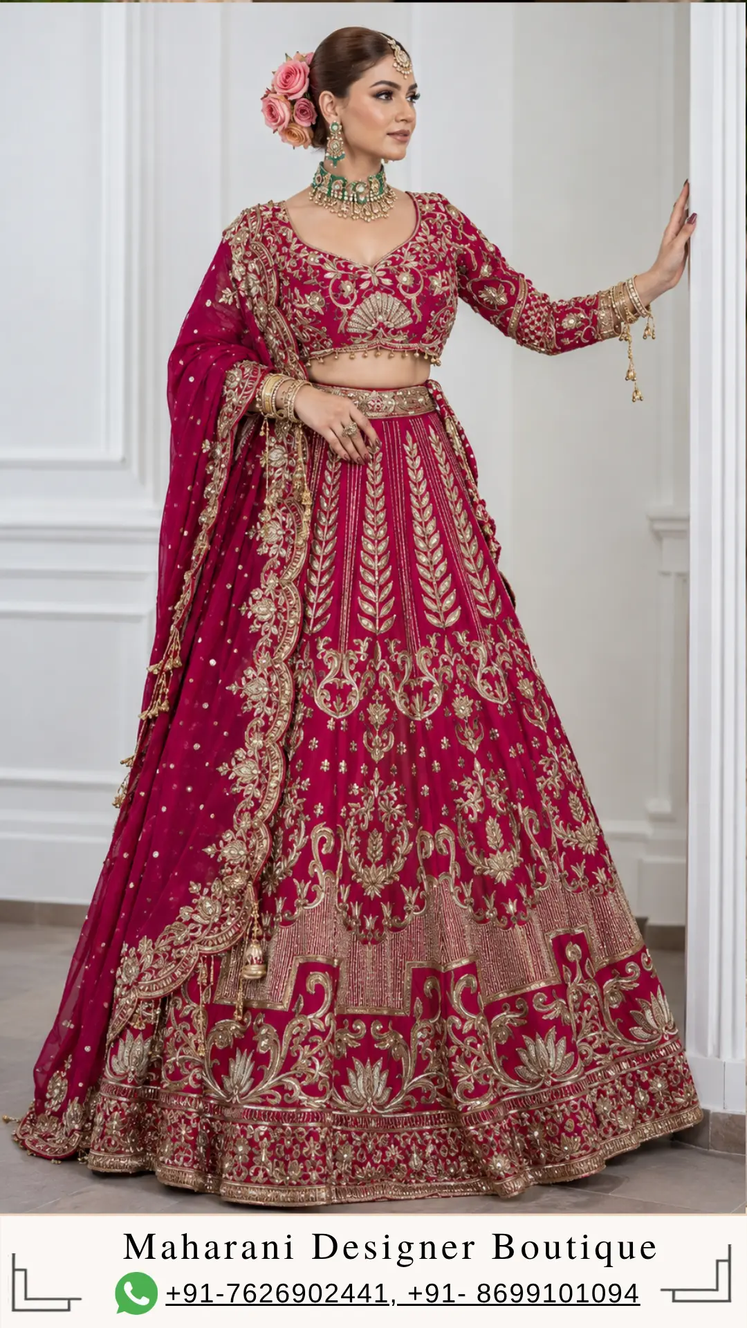 Maroon Bridal Lehenga with Heavy Gold Embroidery Make a regal statement on your special occasion with Maroon Bridal Lehenga with Heavy Gold Embroidery , a luxurious wine maroon bridal lehenga designed for women who appreciate traditional Indian craftsmanship, elaborate embroidery, and timeless bridal elegance. This breathtaking designer lehenga features a deep wine-maroon base enriched with intricate gold-toned embroidery, an ornate full-sleeved blouse, a beautifully flared lehenga skirt, and a matching embellished dupatta. The rich jewel-toned colour creates an instantly luxurious appearance, while the extensive embroidery adds depth, grandeur, and sophistication. The ensemble showcases elaborate botanical and floral-inspired motifs arranged throughout the blouse, skirt, borders, and dupatta. Intricate leafy patterns, ornamental flourishes, traditional motifs, and detailed borders create a richly layered visual effect. The blouse features a graceful neckline, fitted silhouette, and full sleeves decorated with coordinated embroidery. The lehenga skirt opens into a dramatic flare, with vertical leafy motifs and elaborate ornamental patterns flowing down the fabric. Multiple heavily embroidered borders complete the hem, giving the skirt a regal and couture-inspired finish. The matching wine-maroon dupatta adds another layer of luxury. Its ornate gold border, scattered embellishments, and intricate decorative motifs complement the lehenga beautifully. Created for brides, close family members, and women attending grand celebrations, Ruhani Gulab is an ideal choice for weddings, receptions, engagement ceremonies, sangeet celebrations, and formal Indian occasions. A Rich Wine-Maroon Colour The deep wine-maroon shade is the foundation of this ensemble and gives it its powerful bridal character. Maroon and wine tones have long been associated with luxury, celebration, sophistication, and traditional Indian bridal fashion. Compared with brighter reds, a deep wine-maroon shade offers a more mature and dramatic interpretation of bridal dressing. The rich colour creates a beautiful background for the gold embroidery. Every gold motif becomes more prominent against the deep base, allowing the intricate craftsmanship to remain visible from both a distance and up close. This colour palette is particularly beautiful for evening weddings and receptions, where warm lighting enhances the depth of the maroon fabric and allows the gold detailing to create a luminous effect. For brides who want a traditional bridal colour with a sophisticated contemporary personality, wine maroon offers an elegant alternative to classic bright red. Heavily Embroidered Designer Blouse The blouse is one of the most striking components of the ensemble. Designed in the same deep wine-maroon shade as the lehenga, the blouse is covered with intricate gold-toned embroidery. The neckline features elaborate floral and ornamental detailing that creates a beautiful frame around the face and neck. The embroidery extends naturally across the bodice, creating a richly decorated appearance. A central ornamental motif adds definition to the front of the blouse, while surrounding floral and leafy patterns create balance. The full sleeves are also heavily embroidered, continuing the same design language from the bodice. This creates a seamless appearance from the neckline to the cuffs. The fitted blouse provides structure against the flowing volume of the lehenga skirt, creating a balanced bridal silhouette. The combination of a fitted embroidered blouse and dramatically flared skirt gives the ensemble a classic couture-inspired appearance. Elegant Full-Sleeved Silhouette The full sleeves give this bridal blouse a sophisticated and timeless character. Instead of using a heavily embellished sleeveless or short-sleeved design, the long sleeves create a more regal appearance. The embroidery extends throughout the sleeves, with ornate floral motifs and delicate decorative elements placed across the fabric. This makes the blouse particularly attractive in close-up photographs. The sleeves also work beautifully with traditional bridal jewellery, including bangles, bracelets, and statement rings. The full-sleeved design can create an elegant and polished appearance for winter weddings, formal receptions, and grand evening celebrations. Intricate Gold Embroidery Gold embroidery is the visual language that connects the entire ensemble. The design incorporates multiple layers of ornamental detailing rather than relying on one repeated motif. Floral patterns, leaves, scrolling vines, traditional decorative elements, and geometric-inspired borders are carefully arranged throughout the lehenga. The embroidery becomes increasingly elaborate toward the lower portion of the skirt. This creates a beautiful sense of progression. The upper section features vertically arranged motifs that elongate the silhouette, while the lower portion becomes richer with multiple layers of ornate borders. This approach gives the lehenga a sophisticated couture appearance and ensures that every section of the outfit contributes to the overall design. Statement Lehenga Skirt The lehenga skirt is the centrepiece of Ruhani Gulab. Its full, flowing silhouette creates dramatic volume and movement. The deep wine-maroon fabric provides a rich foundation for the extensive gold embroidery. One of the most distinctive details is the arrangement of elongated leafy motifs running vertically across the upper and middle sections of the skirt. These motifs create a flattering visual direction and help emphasise the length of the silhouette. Between the larger motifs, smaller floral and ornamental details add texture. As the eye moves downward, the embroidery becomes progressively more elaborate. This creates a beautifully decorated lower section that gives the skirt a regal and luxurious appearance. Elaborate Multi-Layered Hem The hemline is one of the most heavily decorated sections of the lehenga. Several layers of gold embroidery create a broad, statement border around the bottom. Floral and lotus-inspired motifs appear alongside scrolling ornamental patterns, creating a traditional Indian aesthetic. Additional geometric and patterned borders add definition between the different sections. The multiple layers of embroidery create a strong finishing line around the skirt and give the lehenga a beautifully structured appearance. When the skirt moves, the decorated hem catches attention and creates a dramatic visual effect. This makes the lehenga especially suitable for bridal entrances, stage photographs, full-length portraits, and wedding ceremonies. Ornate Wine-Maroon Dupatta The matching dupatta completes the ensemble. Designed in the same rich wine-maroon tone, the dupatta creates a cohesive look from head to toe. Its border is heavily decorated with intricate gold embroidery. Floral and ornamental motifs extend along the border, creating a beautiful frame around the fabric. Scattered embellishments across the body of the dupatta add additional sparkle and ensure that it does not appear plain when draped. The dupatta can be styled traditionally over the head for a bridal ceremony or draped over one shoulder for a contemporary reception look. Its ornate border becomes especially prominent when arranged across the front of the body. Traditional Bridal Aesthetic Ruhani Gulab embraces the timeless language of Indian bridal fashion. Rich colour. Gold embroidery. A full flared lehenga. A heavily embellished blouse. A statement dupatta. Together, these elements create a bridal ensemble with a strong traditional identity. At the same time, the detailed placement of the embroidery and structured silhouette give the design a contemporary couture feel. This balance makes the outfit appropriate for brides who want traditional Indian wedding clothing without sacrificing modern sophistication. Perfect for Bridal Weddings This designer lehenga is particularly suited to bridal celebrations. Its rich wine-maroon colour and elaborate gold detailing create the grandeur expected from a bridal ensemble. It can be styled for: Wedding ceremonies Bridal receptions Engagement celebrations Sangeet functions Pre-wedding celebrations Formal wedding dinners Destination weddings Family wedding events Traditional ceremonies Luxury receptions For the bride, the outfit can be paired with elaborate jewellery and a traditional dupatta drape. For a close family member, the jewellery can be kept lighter to create a sophisticated formal look. Ideal for Evening Weddings The deep maroon and gold colour combination is particularly effective for evening events. Under warm wedding lighting, the gold embroidery can create a luminous appearance against the dark base. This makes the ensemble an excellent choice for evening wedding ceremonies, receptions, and formal celebrations. For evening styling, pair it with statement jewellery, a metallic clutch, and a polished hairstyle. The result is a dramatic yet elegant bridal appearance. Engagement and Reception Styling Although the ensemble has a bridal character, it can also be styled beautifully for an engagement or reception. For an engagement, choose a sophisticated choker, large earrings, and a sleek hairstyle. For a reception, statement jewellery and a glamorous makeup look can enhance the richness of the maroon and gold palette. If you want a more contemporary appearance, wear the dupatta over one shoulder and allow the blouse embroidery to remain clearly visible. Jewellery Styling The richness of the outfit provides the perfect foundation for traditional bridal jewellery. For a classic bridal appearance, pair the lehenga with: A statement choker Long layered necklace Traditional jhumkas Maang tikka Nath Bangles Bridal rings Gold-toned jewellery complements the embroidery naturally. Kundan-inspired, polki-inspired, or antique-finish jewellery can also create a regal appearance. For a more contemporary reception look, choose one statement choker with large earrings and keep the remaining jewellery minimal. Hairstyle Suggestions A traditional centre-parted bun is an excellent choice for this lehenga. The bun can be decorated with fresh flowers, traditional hair accessories, or jewellery. This hairstyle works particularly well with a maang tikka and keeps the neckline and earrings visible. For a more contemporary reception look, soft waves or a polished low bun can create an elegant contrast with the heavily embroidered outfit. If the dupatta is styled over the head, a neat bun provides a clean and balanced foundation. Makeup Suggestions The deep wine-maroon colour pairs beautifully with warm and glamorous makeup. For the eyes, choose gold, bronze, champagne, or warm brown tones. Defined eyeliner and softly sculpted brows can enhance the traditional bridal appearance. A luminous complexion works beautifully with the reflective quality of gold embroidery. For the lips, choose a deep rose, berry, wine, classic red, or muted nude depending on the desired intensity. For a traditional bridal look, a deeper lip can complement the rich colour of the lehenga. For a contemporary reception look, a softer rose or nude lip can create more balance. Perfect for Sangeet Celebrations The full lehenga silhouette creates beautiful movement, making it suitable for sangeet celebrations. The flared skirt can move gracefully while walking, posing, and dancing. For a sangeet, the dupatta can be draped securely over one shoulder. Pair it with statement earrings, a sleek hairstyle, and glamorous makeup for a sophisticated evening look. The gold embroidery will also photograph beautifully under event lighting. Destination Wedding Appeal The deep wine-maroon palette works beautifully against heritage architecture and luxurious wedding venues. Whether the wedding is held in a palace, heritage haveli, luxury hotel, resort, or traditional venue, the rich colour and gold detailing can create a dramatic visual effect. For destination weddings, style the outfit with traditional jewellery and a structured clutch. The flowing skirt can also create beautiful movement in outdoor photographs. Photography-Friendly Design Every element of the lehenga contributes to its photographic appeal. The rich maroon base creates a dramatic foundation. The gold embroidery adds texture. The vertical leafy motifs create visual length. The elaborate hem creates a strong finishing line. The embroidered blouse provides detailed close-up moments. The ornate dupatta adds movement and another layer of visual interest. This makes the ensemble particularly suitable for bridal portraits, wedding entrances, family photographs, couple photographs, and reception photography. A Regal Silhouette for the Modern Bride Modern bridal fashion increasingly combines traditional craftsmanship with contemporary styling. Ruhani Gulab reflects this evolution. The design retains the classic elements of Indian bridal wear while using carefully arranged embroidery to create a polished and sophisticated appearance. The fitted blouse defines the upper body, while the flowing lehenga creates volume. The result is a balanced silhouette that feels feminine, elegant, and regal. Suitable for Close Family Members Although this design can make a beautiful bridal lehenga, it can also be styled for close family members. A bride's sister, cousin, sister-in-law, or close family member can wear the ensemble for a formal wedding celebration. By reducing the jewellery and choosing a softer makeup look, the same outfit can become an elegant family-wedding ensemble. This versatility makes it suitable for women looking for luxurious Indian occasion wear beyond bridal dressing. Custom-Made Designer Lehenga At Maharani Designer Boutique, selected bridal and occasion-wear designs may be customised or made to measure according to individual requirements. Customers can discuss measurements, blouse fitting, neckline preferences, sleeve requirements, dupatta styling, and other possible design adjustments depending on the selected product. If you are ordering the outfit for a wedding, sharing the event date in advance is recommended. Heavily embroidered bridal garments require careful craftsmanship, construction, and finishing, so production timelines may vary depending on the design and level of customisation. A Timeless Bridal Investment A bridal lehenga often becomes more than just clothing. It becomes part of the memories, photographs, celebrations, and traditions associated with one of life's most important occasions. The rich wine-maroon and gold colour combination has a timeless quality that can remain beautiful long after current fashion trends change. The traditional motifs and ornate borders also give the outfit a classic character. With careful storage and professional cleaning, an elaborate designer lehenga can remain a treasured part of an occasion-wear wardrobe. Indian Luxury Fashion Luxury Indian clothing is defined by its craftsmanship, detailing, colour, and finishing. This ensemble brings those elements together through elaborate embroidery, a rich colour palette, a dramatic silhouette, and a coordinated dupatta. The extensive embroidery creates visual richness without requiring additional accessories to make the outfit feel complete. Jewellery can enhance the appearance, but the lehenga itself remains the primary statement piece. Care and Storage Due to the intricate embroidery and embellishment, careful handling is recommended. Store the lehenga in a clean, dry garment bag when not in use. Avoid placing heavy objects over embroidered areas. The dupatta should be folded carefully to help protect its embellished border. For cleaning, follow the instructions appropriate to the actual fabric and embellishment used in the finished garment. Professional cleaning is recommended for heavily embellished bridal wear. Indian Bridal Wear for Global Weddings Indian weddings are celebrated around the world, and brides increasingly seek authentic designer Indian clothing for celebrations outside India. This wine-maroon lehenga can be an excellent choice for weddings in Canada, the USA, the UK, Australia, New Zealand, and other international destinations. Its rich colour palette and traditional craftsmanship make it suitable for both Indian and multicultural wedding settings. Maharani Designer Boutique offers PAN India and worldwide shipping options for customers seeking premium Indian bridal and occasion wear. Why Choose Ruhani Gulab? Choose Ruhani Gulab if you are looking for: A wine-maroon bridal lehenga A deep maroon wedding lehenga Heavy gold embroidered lehenga Traditional Indian bridal wear A designer wedding lehenga A full-sleeved embroidered blouse A heavily embellished bridal outfit A statement wedding dupatta A reception lehenga A sangeet lehenga A luxury Indian bridal outfit Custom-made bridal wear Premium designer ethnic wear The Beauty of Maroon and Gold Few colour combinations create the same sense of grandeur as maroon and gold. The deep wine tone creates depth and sophistication. Gold embroidery introduces warmth and luminosity. Together, they create a timeless Indian bridal palette. The combination works particularly well for women who want their wedding outfit to feel luxurious and traditional while retaining a sophisticated contemporary character. Final Look Ruhani Gulab is a regal celebration of deep colour, intricate craftsmanship, traditional motifs, and contemporary bridal elegance. The rich wine-maroon blouse features elaborate gold embroidery across the neckline, bodice, and full sleeves. The flared lehenga creates a dramatic silhouette, with vertical leafy motifs, delicate floral details, ornate scrolling patterns, and multiple layers of heavily embroidered borders. The matching dupatta completes the ensemble with an intricate gold border and scattered embellishments. Every element works together to create a luxurious bridal appearance that is designed for memorable celebrations. Whether you are a bride preparing for your wedding, a close family member attending a grand ceremony, or a woman searching for a statement lehenga for a reception or sangeet, Ruhani Gulab offers a sophisticated expression of Indian occasion wear. Discover designer bridal and festive fashion at Maharani Designer Boutique, where traditional Indian craftsmanship meets contemporary styling. For current availability, pricing, fabric details, measurements, customisation, production timelines, and shipping information, contact the boutique directly before placing your order. Maharani Designer Boutique Jalandhar, Punjab, India PAN India & Worldwide Shipping Product Highlights Rich wine-maroon bridal lehenga Heavy gold-toned embroidery Intricately embellished full-sleeved blouse Detailed embroidered neckline Ornamental central blouse motif All-over leafy and floral embroidery Dramatic flared lehenga silhouette Elaborate multi-layered lehenga border Traditional floral and ornamental motifs Matching wine-maroon embellished dupatta Heavy embroidered dupatta border Scattered dupatta embellishments Regal bridal colour palette Ideal for weddings and receptions Perfect for sangeet and engagement celebrations Suitable for close family wedding occasions Customisation may be available Made-to-measure options may be available PAN India and worldwide shipping Wine maroon bridal lehenga, maroon bridal lehenga, wine bridal lehenga, maroon designer lehenga, wine maroon lehenga online, bridal lehenga online, designer bridal lehenga, heavy bridal lehenga, heavy embroidered lehenga, gold embroidered lehenga, maroon wedding lehenga, maroon lehenga for bride, wine lehenga for wedding, designer wedding lehenga, Indian bridal lehenga, luxury bridal lehenga, full sleeve bridal lehenga, embroidered bridal blouse, bridal lehenga with dupatta, reception lehenga, sangeet lehenga, engagement lehenga, wedding guest lehenga, royal bridal lehenga, traditional bridal wear, Indian wedding outfit, designer ethnic wear, luxury Indian clothing, designer lehenga India, bridal lehenga Jalandhar, boutique bridal lehenga, Maharani Designer Boutique.