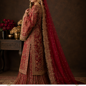 Noor-e-Maharani – Regal Maroon Bridal Sharara Ensemble Make your wedding celebration unforgettable with Noor-e-Maharani, a luxurious maroon bridal sharara ensemble from Maharani Designer Boutique. Designed for the bride who loves traditional grandeur, intricate craftsmanship, and a deeply regal colour palette, this exquisite outfit brings together a richly embroidered long kurta, an elaborately detailed sharara, and a dramatic matching bridal dupatta. The ensemble showcases a sophisticated maroon and antique-gold combination. The deep maroon base creates an elegant, royal foundation, while the extensive golden embroidery adds depth, dimension, and bridal opulence. From the neckline and bodice to the sleeves, hemline, sharara, and dupatta border, every part of the outfit has been designed to contribute to a coordinated statement look. The long embroidered kurta creates an elongated silhouette, while the flared sharara adds movement and traditional charm. The matching sheer dupatta is finished with an elaborate embroidered border and can be draped over the head to create a classic bridal veil. Noor-e-Maharani is an ideal choice for brides searching for a statement bridal outfit that combines traditional Indian aesthetics with the luxurious finish expected from designer wedding wear. A Royal Maroon Colour Palette The rich maroon shade gives this ensemble an unmistakably luxurious bridal character. Maroon is an elegant alternative to brighter bridal reds while retaining the warmth and richness associated with traditional Indian wedding fashion. It creates a sophisticated canvas for gold embroidery and allows the detailed motifs to stand out beautifully. The colour is especially striking for evening weddings, indoor ceremonies, reception celebrations, and traditional bridal portraits. The maroon-and-gold combination pairs naturally with: Gold jewellery Kundan jewellery Polki sets Antique gold accessories Maroon bridal bangles Traditional jhumkas Maang tikka Bridal nath Embellished footwear The depth of the colour also makes the outfit highly photogenic, especially under warm wedding lighting. Heavily Embroidered Long Kurta The long kurta forms the central element of the ensemble. It features extensive golden embroidery spread across the front, sleeves, neckline, and lower portion. The embroidery follows an ornate floral and traditional pattern, giving the kurta an exceptionally rich appearance. The elongated kurta silhouette offers a graceful alternative to a conventional lehenga blouse. Its length creates an elegant vertical line while the embroidery provides visual richness. The front panel is especially detailed, with floral-inspired motifs arranged across the maroon base. This makes the outfit suitable for brides who prefer a more covered and traditional silhouette without compromising on grandeur. Detailed Neckline The neckline has been carefully decorated with golden embroidery, creating a beautiful focal point around the face. The embroidery follows the neckline and continues into the central portion of the kurta. This design works particularly well with traditional bridal necklaces. A statement gold choker can sit beautifully around the neckline, while a longer necklace can be layered below it for a more elaborate bridal appearance. For a refined look, a single statement choker paired with oversized earrings can be enough. Intricate Floral Embroidery One of the defining characteristics of Noor-e-Maharani is its extensive floral embroidery. The motifs are distributed across the maroon fabric, creating an ornate yet balanced surface. Floral patterns have long been associated with Indian festive fashion because they provide a sense of softness while maintaining decorative richness. Here, the floral elements are rendered in golden tones, producing a beautiful contrast against the deep maroon background. The embroidery is particularly effective in close-up photography, where the fine decorative work can be appreciated in detail. Embellished Sleeves The sleeves continue the luxurious embroidery of the kurta. Detailed golden motifs extend along the arms and finish with a richly decorated cuff. This creates a balanced appearance between the bodice and sleeves. The sleeve cuffs feature heavier embroidery, providing a structured finishing detail. When paired with bangles, the decorated cuffs create an elegant transition from the outfit to the jewellery. Statement Kurta Border The lower edge of the kurta features a prominent embroidered border. This border helps define the transition between the long kurta and the sharara. The elaborate detailing creates a visually rich horizontal line and complements the borders used throughout the rest of the outfit. The coordinated borders give the entire ensemble a couture-inspired appearance. Traditional Sharara Silhouette The sharara is designed with a generous flare that brings movement and traditional charm to the ensemble. The lower portion features extensive vertical embroidery and decorative detailing. As the bride moves, the sharara opens beautifully, revealing the intricate embroidery across its panels. This silhouette is especially suitable for brides who love traditional Pakistani and North Indian-inspired bridal fashion. The flowing shape also provides a graceful appearance in photographs. Embroidered Sharara Panels The sharara features vertical embroidered detailing running from the upper portion toward the hem. The lines create an elongated visual effect while adding structure to the voluminous silhouette. The lower section becomes progressively richer with decorative detailing. This gives the sharara a grand bridal finish without taking attention away from the embroidered kurta. The combination of vertical motifs and a detailed hem makes the outfit visually dynamic. Ornate Sharara Hem The sharara finishes with an elaborate golden border. The border creates a luxurious frame around the lower edge and coordinates beautifully with the kurta border and dupatta border. The detailed hem is especially visible when the bride is seated, walking, or posing for full-length portraits. It also creates a strong visual foundation for the entire outfit. Dramatic Bridal Dupatta The dupatta is one of the most striking elements of Noor-e-Maharani. Designed in a matching maroon shade, the sheer dupatta features scattered golden motifs throughout the body. Its most prominent feature is the heavily embroidered border. The border frames the entire dupatta and gives it the weight and visual richness expected from a bridal ensemble. When draped over the head, the border frames the face and creates a traditional bridal veil effect. When worn over one shoulder, it creates a more contemporary silhouette. Traditional Bridal Veil Styling For the ultimate bridal appearance, the dupatta can be draped over the head. The embroidered border creates a beautiful frame around the bride's face while the sheer fabric allows the detailed kurta to remain visible underneath. This styling is perfect for: Bridal entry Wedding ceremony Pheras Nikah Traditional wedding portraits Family photographs Bridal stage photography The long drape of the dupatta also creates a beautiful trail behind the bride, adding drama to photographs. Scattered Motif Detailing While the dupatta border is heavily decorated, the central portion features smaller scattered golden motifs. This creates a sophisticated balance. Instead of covering the entire dupatta with dense embroidery, the design allows areas of the maroon fabric to remain visible. This makes the border appear even more prominent. The scattered motifs also catch light as the bride moves, creating subtle sparkle. Perfect for a Traditional Bride Noor-e-Maharani is designed for women who want their bridal outfit to celebrate traditional Indian craftsmanship. Its deep colour, extensive gold embroidery, long kurta, flared sharara, and dramatic dupatta create a complete bridal look without requiring excessive styling. It can be worn for a range of important wedding events. The ensemble is particularly suitable for brides who prefer: Regal colours Traditional silhouettes Heavy embroidery Full-length outfits Sharara-style bridal wear Gold detailing Veil-style dupattas Heritage-inspired fashion Bridal Jewellery Pairing Gold jewellery is a natural choice for this outfit. For a traditional bridal appearance, pair it with: Necklace A heavy gold choker or antique-finish bridal necklace. Earrings Large jhumkas or chandelier earrings. Maang Tikka A statement maang tikka can beautifully complement the central neckline embroidery. Nath A traditional bridal nath adds an unmistakably ceremonial touch. Bangles Stacked gold, maroon, and antique bangles can complete the bridal styling. Rings Choose one or two statement rings rather than overwhelming the detailed embroidery. Kundan and Polki jewellery can also complement the maroon-and-gold palette exceptionally well. Bridal Makeup Inspiration The richness of maroon works beautifully with warm bridal makeup. For a traditional look, consider: Warm gold eyeshadow Defined black eyeliner Soft smoky eyes Full lashes Warm-toned blush Highlighted complexion Deep rose lipstick Classic red lipstick For a softer contemporary appearance, pair the outfit with luminous skin, neutral eyes, and a muted rose lip. The goal should be to enhance the bride's natural features while allowing the elaborate outfit to remain the centre of attention. Hairstyle Suggestions A traditional bridal hairstyle works beautifully with the veil-style dupatta. Sleek Bridal Bun A neat low bun can provide an elegant foundation for the dupatta. Floral Bun Fresh or artificial flowers can be wrapped around the bun for a traditional finish. Centre-Parted Bun A centre-parted hairstyle complements a maang tikka beautifully. Soft Waves For a reception or post-ceremony look, soft waves can create a modern contrast to the heavily embroidered ensemble. Footwear Styling Complete Noor-e-Maharani with traditional or contemporary bridal footwear. Recommended options include: Embroidered juttis Maroon bridal juttis Gold heels Embellished sandals Antique-gold mojari Traditional Punjabi footwear If the outfit is being worn for an extended wedding ceremony, choose footwear that provides sufficient comfort. Ideal Wedding Occasions Bridal Wedding Ceremony The rich maroon shade and elaborate gold embroidery make this an excellent wedding-day ensemble. Nikah The long kurta and graceful dupatta create an elegant silhouette suitable for a traditional Nikah ceremony. Reception Drape the dupatta over one shoulder and style the hair differently for a glamorous reception appearance. Engagement For brides who prefer an elaborate traditional engagement look, the outfit can make a strong statement. Mehndi or Pre-Wedding Celebration The sharara silhouette is particularly suitable for festive pre-wedding events. Bridal Photoshoot The long embroidered silhouette and dramatic dupatta provide plenty of visual interest for editorial-style bridal photography. Styling the Dupatta Differently One outfit can create several looks depending on how the dupatta is styled. Traditional Veil Place the dupatta over the head and allow both sides to fall naturally. One-Shoulder Drape Drape the dupatta across one shoulder and let it flow toward the floor. Front-Open Drape Allow the dupatta to frame the front of the outfit while keeping the embroidery visible. Reception Drape Use a lighter, more relaxed drape to reveal the full embroidery of the kurta. A Statement for Bridal Photography Noor-e-Maharani is particularly suited to sophisticated bridal photography. The deep maroon base works beautifully against neutral, dark, heritage, or palace-inspired backgrounds. The golden embroidery catches warm light and creates depth in photographs. The long dupatta provides movement and can be spread across the floor for dramatic portraits. For a traditional photograph, style the dupatta over the head and pair it with full bridal jewellery. For an editorial photograph, allow the dupatta to trail behind the bride while highlighting the embroidered sharara. Bridal Entry Inspiration The long flowing silhouette can create an elegant bridal entry. Allow the dupatta to trail behind the bride while the embroidered sharara moves naturally with every step. A warm-lit venue, floral arrangements, candles, traditional décor, or palace-inspired setting can complement the maroon-and-gold palette. The result is a dramatic and memorable entrance. Designer Craftsmanship Maharani Designer Boutique brings together traditional Indian aesthetics and contemporary styling to create statement ethnic wear. Noor-e-Maharani reflects a design approach focused on: Detailed embroidery Rich colour combinations Traditional silhouettes Elaborate borders Elegant draping Occasion-focused design Bridal sophistication Every visual element of this ensemble works together to create a cohesive bridal appearance. Customisation & Bridal Fitting For bridal orders, proper fitting is an important part of achieving the intended silhouette. Depending on availability and design requirements, customisation may be discussed for: Bust fitting Waist fitting Sleeve length Kurta length Sharara length Dupatta styling Overall measurements Bridal sizing Customers should share their measurements and wedding date in advance when placing a customised order. Customisation availability may vary depending on the design and production requirements. Why Choose Noor-e-Maharani? Noor-e-Maharani is an excellent choice for brides looking for a luxurious traditional ensemble with a distinctive silhouette. Key Highlights Rich maroon bridal colour Heavy golden embroidery Long designer kurta Embellished sleeves Detailed neckline Flared sharara Ornate sharara border Matching sheer dupatta Heavy embroidered dupatta border Traditional veil styling Floral-inspired embroidery Regal bridal aesthetic Suitable for wedding and reception Designed by Maharani Designer Boutique This is an outfit created to make a memorable impression. Care & Storage Intricately embroidered bridal outfits require careful storage and handling. Keep the ensemble inside a clean, breathable garment bag. Avoid placing heavy objects over the embroidery. Protect the garment from excessive moisture and direct sunlight. Fold the dupatta carefully to prevent unnecessary stress on the embellished border. For long-term storage, periodically refold the outfit to prevent permanent creasing. Professional cleaning is recommended when appropriate for the fabric and embroidery. Always follow the specific care instructions supplied with the finished garment. Product Details Product Name: Noor-e-Maharani Brand: Maharani Designer Boutique Category: Bridal Sharara Suit Colour: Rich Maroon / Deep Wine Kurta: Heavily Embroidered Long Kurta Sharara: Flared Embroidered Sharara Dupatta: Sheer Maroon Bridal Dupatta Embroidery: Elaborate Gold-Toned Floral & Traditional Motifs Dupatta Style: Embroidered Border with Scattered Motifs Silhouette: Long Kurta with Flared Sharara Style: Regal, Traditional, Luxurious & Bridal Occasions: Wedding, Nikah, Reception, Engagement, Mehndi & Bridal Photoshoot Brand: Maharani Designer Boutique Customisation: Subject to availability and design requirements maroon bridal sharara, maroon bridal sharara suit, bridal sharara suit, maroon sharara suit, designer sharara suit, bridal sharara online, maroon bridal dress, maroon wedding dress, maroon bridal outfit, maroon and gold bridal suit, heavy embroidered sharara, embroidered bridal sharara, designer bridal sharara, bridal sharara with dupatta, maroon sharara with dupatta, bridal sharara suit with dupatta, Pakistani bridal sharara, Indian bridal sharara, traditional bridal sharara, luxury bridal sharara, wedding sharara for bride,