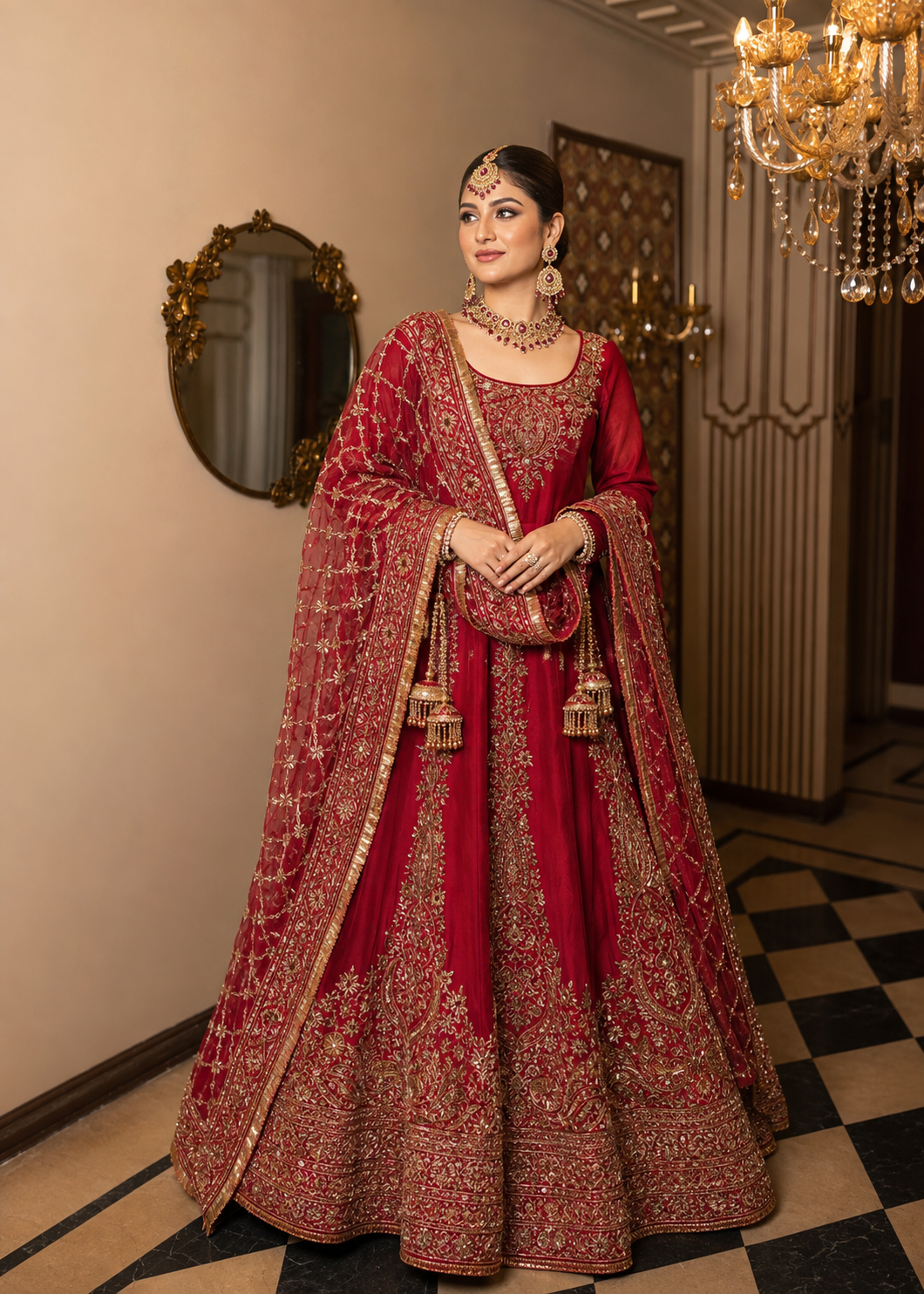 Ruhani Riwaaz Maroon Royal Anarkali Suit by Maharani Designer Boutique Make a graceful statement at your next celebration with the Ruhani Riwaaz Maroon Royal Embroidered Anarkali Suit, an exquisite Indian ethnic ensemble designed for women who appreciate rich colours, traditional artistry and sophisticated occasion wear. Created for Maharani Designer Boutique, this regal maroon outfit showcases an elegant floor-length Anarkali silhouette enhanced with intricate gold-toned embroidery and a beautifully coordinated embroidered dupatta. The deep maroon colour gives this ensemble a luxurious and timeless character, while the elaborate gold embroidery adds traditional Indian grandeur. From the detailed neckline and bodice to the ornate panels flowing down the Anarkali and the richly embellished hemline, every visible element contributes to a polished festive appearance. The matching maroon dupatta features an elaborate embroidered border and all-over decorative detailing, creating a beautifully coordinated look. Its graceful drape adds movement and dimension to the outfit while making it ideal for weddings, receptions, engagement celebrations, sangeet functions, festive gatherings and formal evening events. Whether you are searching for a maroon wedding suit, a heavy embroidered Anarkali suit, a designer party wear suit or a sophisticated outfit for a special celebration, the Ruhani Riwaaz ensemble offers a refined interpretation of traditional Indian fashion. Regal Maroon Colour Maroon is one of the most elegant shades in Indian occasion wear. Its deep, warm character creates an inherently luxurious appearance and pairs beautifully with gold embroidery. In the Ruhani Riwaaz design, the maroon base allows the ornate gold-toned motifs to become the visual focus. The result is a sophisticated colour combination that feels traditional while remaining highly versatile. The shade is especially beautiful for evening celebrations, where the richness of maroon complements formal décor, warm lighting and statement jewellery. It is also an excellent alternative for women who love traditional red but prefer a deeper, more sophisticated variation. Elegant Floor-Length Anarkali Silhouette The defining feature of this ensemble is its flowing Anarkali silhouette. The long, graceful shape creates an elegant vertical appearance, while the flared lower section provides beautiful movement as you walk. The silhouette is particularly effective for formal occasions because it combines the comfort and elegance of a traditional suit with the visual impact of a floor-length gown-inspired design. The embroidered vertical panels further enhance the appearance of the silhouette, creating a structured yet fluid look. The lower portion expands gracefully toward the hem, allowing the detailed embroidery to become increasingly prominent. This makes the outfit especially attractive for full-length photographs and formal portraits. Intricate Gold-Toned Embroidery The extensive embroidery gives this maroon Anarkali its luxurious character. Gold-toned ornamental motifs appear throughout the outfit, creating a rich decorative surface without losing the elegance of the maroon foundation. The embroidery around the neckline immediately draws attention toward the face, while the detailed bodice creates a refined focal point. Further motifs continue downward in carefully arranged vertical patterns. The lower section features particularly elaborate embroidery, including decorative borders and traditional-inspired ornamental forms. This layered placement gives the ensemble depth and allows the embroidery to remain visually balanced from neckline to hem. Beautifully Embroidered Neckline The neckline features concentrated embroidery that frames the upper portion of the Anarkali. The ornate detailing creates a natural focal point and works beautifully with traditional Indian jewellery. A statement choker can emphasize the neckline, while chandelier earrings can provide additional glamour. For a more traditional bridal-inspired appearance, the neckline can be paired with a layered necklace, maang tikka and coordinated bangles. For a reception or engagement event, statement earrings and a single elegant necklace can create a more contemporary finish. Detailed Bodice The bodice features elaborate gold-toned embroidery arranged across the maroon base. The decorative motifs create visual richness while maintaining the elegance of the overall silhouette. The embroidery extends across the front and works together with the sleeve detailing to create a cohesive upper section. This makes the outfit look beautifully finished even when the dupatta is styled over one shoulder. The concentrated detailing around the upper body also makes the ensemble particularly suitable for close-up photography. Embellished Sleeves The long sleeves continue the decorative language of the Anarkali. Intricate embroidery appears along the sleeve edges and cuffs, adding a refined finishing touch. The sleeve detailing also helps balance the heavily decorated lower section of the outfit. When paired with gold bangles or traditional bracelets, the embellished cuffs create an elegant transition between the sleeves and accessories. The full-length sleeve design makes the outfit suitable for formal evening occasions and traditional celebrations. Statement Embroidered Dupatta The coordinated dupatta completes the Ruhani Riwaaz ensemble. Designed in the same rich maroon shade, it carries elaborate gold-toned embroidery throughout the fabric. The border is particularly prominent, featuring a detailed decorative pattern that creates a luxurious frame around the dupatta. When draped over one shoulder, the embroidered border falls gracefully alongside the Anarkali. When styled over the head, it creates a more traditional and ceremonial appearance. The dupatta can also be arranged across both shoulders for formal photographs or family portraits. Its rich detailing ensures that the outfit maintains a luxurious appearance from every angle. Ornate Dupatta Border The border adds significant visual impact to the overall ensemble. Its intricate gold detailing coordinates with the embroidery on the Anarkali, creating a unified designer appearance. The border can be displayed prominently by draping the dupatta over one shoulder. Alternatively, a traditional head drape allows the border to frame the face and create a classic Indian occasion-wear look. The contrast between the deep maroon fabric and gold embroidery makes the border especially eye-catching. Perfect Maroon Wedding Suit The Ruhani Riwaaz Anarkali is an excellent option for weddings and formal family celebrations. Its deep maroon shade has the richness expected from traditional wedding clothing, while the flowing silhouette provides a contemporary elegance. Wear it to a wedding reception with statement jewellery and embellished footwear. For a family wedding, pair it with a traditional necklace, jhumkas and bangles. For an evening celebration, a gold clutch and sophisticated hairstyle can elevate the look further. Ideal for Bridal and Festive Occasions This design can be styled for several important celebrations. Wedding Reception The rich maroon colour and extensive embroidery create an elegant reception look. Engagement For an engagement ceremony, style it with refined jewellery and a polished hairstyle. Sangeet The flowing Anarkali silhouette offers beautiful movement during photographs and celebrations. Mehndi Pair it with traditional jewellery or contrasting accessories for a festive appearance. Family Functions Its classic colour and versatile silhouette make it suitable for formal family gatherings. Festive Celebrations The gold embroidery adds a celebratory quality that works beautifully for festive occasions. Designer Party Wear Suit Women looking for an elegant designer party wear suit can choose the Ruhani Riwaaz ensemble for its sophisticated silhouette and elaborate embroidery. Unlike a simple everyday suit, this design is intended to create a statement appearance. The floor-length silhouette gives it a gown-like presence, while the traditional embroidery retains the character of Indian ethnic wear. It is therefore an excellent choice when you want the sophistication of contemporary formal fashion combined with the beauty of traditional Indian craftsmanship. Heavy Embroidered Anarkali Suit The extensive embroidery makes this a strong choice for women searching for a heavy embroidered Anarkali suit. The embroidery is distributed across the neckline, bodice, sleeves, vertical panels, hem and dupatta. This creates an immersive decorative effect rather than concentrating all the detailing in one area. The result is an ensemble that looks elaborate and luxurious from head to toe. Maroon Anarkali Suit for Wedding A maroon Anarkali is a versatile alternative to traditional bright-red wedding outfits. The deeper shade provides a mature and sophisticated aesthetic while remaining festive. The gold detailing adds brightness and ensures that the overall appearance remains celebratory. Pair the ensemble with gold jewellery, warm makeup and metallic footwear for a classic wedding look. Styling with Jewellery The ornate embroidery provides plenty of opportunities for jewellery styling. Gold Choker A gold choker complements the decorated neckline and gives the ensemble a regal finish. Kundan-Inspired Jewellery Kundan-inspired pieces work particularly well with maroon and gold colour combinations. Polki-Inspired Necklace For a grand wedding appearance, a statement necklace can enhance the royal character. Jhumkas Traditional jhumkas or chandelier earrings provide an elegant Indian finishing touch. Maang Tikka A maang tikka can transform the outfit into a more traditional bridal-inspired look. Bangles Gold or maroon bangles coordinate naturally with the embroidery. Statement Rings One or two statement rings can add detail without overwhelming the ensemble. Hair Styling Ideas The flowing Anarkali works with numerous hairstyles. Low Bun A polished low bun creates a classic formal appearance and allows the earrings and neckline to remain visible. Centre-Parted Bun A centre-parted bun paired with a maang tikka creates a traditional Indian aesthetic. Soft Waves Loose waves provide a modern contrast to the heavily embroidered outfit. Side-Swept Curls Side-swept curls create a glamorous evening appearance. Floral Bun For weddings and festive celebrations, fresh or decorative flowers can be added to a traditional bun. Makeup Suggestions The rich maroon shade works particularly well with warm and elegant makeup. Consider pairing the ensemble with: Defined eyeliner Soft gold or bronze eyeshadow Warm-toned blush Subtle highlighter Defined brows Maroon, berry or rose-toned lipstick For a daytime celebration, softer makeup can keep the appearance fresh. For an evening reception, stronger eye definition and a deeper lip colour can complement the richness of the outfit. Footwear Styling Choose footwear that complements the formal character of the ensemble. Suitable options include: Gold heels Metallic sandals Maroon embellished heels Traditional juttis Embroidered mojaris Neutral formal heels For longer Anarkali silhouettes, footwear should be selected according to the desired height and comfort. Clutch and Handbag Pairing A coordinated clutch can complete the look. Gold and metallic clutches are particularly suitable because they echo the embroidery. A maroon embellished clutch creates a monochromatic appearance. For a more traditional styling approach, a decorative potli bag can add an Indian festive touch. For contemporary events, a structured metallic clutch can provide an elegant modern contrast. How to Style the Dupatta The dupatta can be styled according to the occasion. One-Shoulder Drape Drape it over one shoulder to highlight the embroidered border and create a sophisticated silhouette. Head Drape Place the dupatta over the head for weddings and traditional ceremonies. Two-Shoulder Drape Allow it to fall across both shoulders for a more formal and symmetrical appearance. Front Drape Bring the embroidered border toward the front to showcase its detailing in photographs. A Sophisticated Alternative to Traditional Red Maroon provides the visual richness of traditional bridal colours while offering a slightly deeper and more refined character. The combination of maroon and gold is timeless in Indian fashion. It works especially well for women who want an outfit that looks traditional without relying on a bright-red colour palette. The Ruhani Riwaaz design takes this classic combination and applies it to an elegant Anarkali silhouette. Photography-Friendly Design The detailed embroidery makes the ensemble particularly suitable for photography. The neckline and bodice provide visual interest in close-up portraits. The long embroidered panels create beautiful vertical lines in full-length photographs. The richly detailed hem becomes a focal point when the Anarkali is photographed in motion. The dupatta can also be arranged creatively to display its ornate border. For wedding photography, traditional jewellery and a head-draped dupatta can create a timeless bridal-inspired composition. Daytime Styling For a daytime wedding or festive celebration, keep the accessories balanced. Choose delicate gold jewellery, soft makeup and comfortable footwear. Allow the maroon colour and embroidery to remain the main focus. A simple hairstyle with soft waves can make the outfit feel elegant without appearing overly formal. Evening Styling For an evening reception or formal wedding, embrace the richness of the design. Choose statement earrings, a gold necklace, bangles and an embellished clutch. A sleek bun or polished waves can complement the floor-length silhouette. Warm lighting will beautifully emphasize the gold-toned embroidery against the maroon base. Why Choose the Ruhani Riwaaz Anarkali? The Ruhani Riwaaz Maroon Royal Anarkali Suit combines traditional Indian aesthetics with a graceful contemporary silhouette. Key Highlights Rich maroon colour Floor-length Anarkali silhouette Extensive gold-toned embroidery Embroidered neckline Detailed sleeves Elaborately decorated lower hem Coordinated embroidered dupatta Rich decorative dupatta border Suitable for weddings and receptions Ideal for festive and formal occasions Elegant choice for women seeking statement ethnic wear The coordinated detailing across the complete ensemble creates a polished appearance suitable for important celebrations. Maharani Designer Boutique Maharani Designer Boutique brings together elegant Indian ethnic fashion and statement occasion wear for women who want memorable outfits for their most important celebrations. The Ruhani Riwaaz Maroon Royal Anarkali Suit reflects a timeless approach to Indian occasion wear through its deep maroon colour, elaborate gold-toned embroidery and flowing silhouette. Whether you are attending a wedding, reception, engagement, sangeet, mehndi or festive gathering, this ensemble provides a sophisticated foundation for creating your own personal styling story. Its classic maroon-and-gold palette allows it to work with traditional jewellery, contemporary accessories and a wide range of festive styling choices. The flowing Anarkali silhouette offers the visual grandeur of formal occasion wear while maintaining the recognizable character of Indian ethnic fashion. Product Details Product Name: Ruhani Riwaaz Maroon Royal Embroidered Anarkali Suit Brand: Maharani Designer Boutique Category: Designer Anarkali Suit Colour: Maroon Embroidery: Gold-toned decorative embroidery Silhouette: Floor-length flared Anarkali Dupatta: Matching maroon embroidered dupatta with ornate border Style: Royal Indian / Traditional Contemporary Occasions: Wedding, Reception, Engagement, Sangeet, Mehndi, Festive Events and Party Wear Important: Exact fabric composition, measurements, lining, customization, embroidery technique and accessories included should be confirmed with Maharani Designer Boutique before purchase, as these details cannot be reliably determined from the image alone. Care & Storage To preserve the appearance of an embroidered occasion-wear ensemble, handle the garment carefully. Keep the Anarkali and dupatta in a clean, breathable garment bag when stored. Avoid prolonged exposure to direct sunlight. Keep the outfit away from moisture, rough surfaces and products such as perfume or hairspray that may come into direct contact with the fabric. When transporting the outfit, fold it carefully and protect heavily embroidered areas from unnecessary friction. The dupatta should also be stored carefully so that its decorative border does not become snagged. For cleaning, follow the care instructions supplied with the actual garment. Depending on the final fabric and embellishment construction, professional cleaning may be appropriate. SEO Keyword Suggestions maroon anarkali suit, maroon anarkali suit for wedding, maroon wedding suit, maroon wedding suit for women, maroon designer suit, maroon designer Anarkali, maroon heavy suit, maroon heavy embroidered suit, maroon embroidered suit, maroon party wear suit, maroon party wear Anarkali, maroon bridal suit, maroon bridal Anarkali, maroon wedding Anarkali suit, maroon Indian suit, maroon ethnic wear, maroon ethnic suit, maroon festive suit, maroon festive wear, maroon gold suit, maroon and gold Anarkali, maroon and gold wedding suit, gold embroidered maroon suit, heavy embroidery Anarkali suit, heavy embroidered Anarkali, designer Anarkali suit, designer Anarkali suit online, designer wedding suit, designer wedding wear, designer party wear suit, designer ethnic wear, luxury Anarkali suit, luxury Indian suit, royal Anarkali suit, royal wedding suit, royal maroon suit, royal Indian ethnic wear, traditional Anarkali suit, traditional Indian suit, traditional wedding wear, Indian wedding suit for women, Indian wedding wear, Indian party wear suit, Indian ethnic wear for women, wedding suits for women, wedding suit online, wedding Anarkali online, Anarkali suit online, Anarkali suit for women, embroidered Anarkali online, bridal party wear suit, reception suit for women, reception Anarkali suit, engagement Anarkali suit, sangeet suit for women, mehndi suit for women, festive Anarkali suit, evening party wear suit, heavy work suit for wedding, heavy work Anarkali, embroidered wedding suit, gold embroidery suit, maroon gold embroidered suit, maroon suit with dupatta, embroidered suit with dupatta, designer suit with dupatta, maroon dupatta suit, heavy dupatta suit, embroidered dupatta suit, royal dupatta suit, Indian designer suits, designer Indian clothing, premium Indian ethnic wear, luxury Indian fashion, Indian occasion wear, wedding occasion wear, festive Indian clothing, traditional Indian fashion, modern Indian ethnic wear, women ethnic fashion, bridal fashion India, Indian bridal fashion, wedding fashion India, Maharani Designer Boutique, Maharani Designer, Maharani Designer Boutique suit, Maharani Anarkali, Maharani wedding suit, Maharani designer suit, designer boutique India, Indian designer boutique, wedding suit boutique, Anarkali boutique, bridal boutique India, luxury wedding boutique, maroon suit boutique, maroon Anarkali boutique.