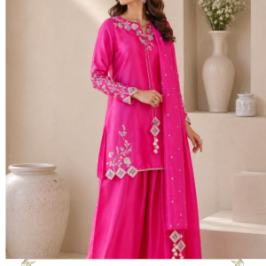 Gulabi Noor – A Statement Pink Designer Suit by Maharani Designer Boutique Bring vibrant colour, graceful detailing and contemporary Punjabi elegance to your occasion wardrobe with the Gulabi Noor Embroidered Palazzo Suit Set from Maharani Designer Boutique. Designed for women who appreciate statement ethnic fashion with a modern silhouette, this striking hot pink three-piece ensemble combines a beautifully detailed long kurta, coordinated wide-leg palazzo pants and an elegant matching dupatta. The vivid pink colour immediately gives the outfit a festive personality, while the delicate embroidery introduces a refined and feminine finish. Floral-inspired motifs decorate the neckline and sleeves, while carefully placed embellishments add visual interest across the otherwise clean silhouette. The coordinated dupatta completes the ensemble and creates an effortless head-to-toe statement. Gulabi Noor is an excellent choice for women searching for a pink Punjabi suit, designer palazzo suit, pink party wear suit, Punjabi suit for wedding functions, or a stylish ethnic outfit for celebrations and special occasions. The design successfully brings together traditional Indian clothing elements and contemporary proportions. The long straight kurta offers an elegant vertical silhouette, while the wide-leg palazzo adds movement and a modern fashion-forward character. The matching dupatta introduces softness and dimension, making the complete outfit feel polished and occasion-ready. A Vibrant Hot Pink Colour Story The defining feature of Gulabi Noor is its vibrant hot pink colour. Bold, feminine and celebratory, this shade creates an instant statement without requiring excessive ornamentation. The bright pink base allows the embroidery to stand out beautifully, creating a balanced relationship between colour and embellishment. Pink is particularly versatile for Indian celebrations. It can be styled for daytime functions with lighter jewellery and fresh makeup, or transformed into a glamorous evening ensemble with statement earrings, bangles and embellished footwear. The vivid colour also makes this suit an excellent choice for festive photographs. Whether you're attending a family celebration, wedding function, mehndi event or festive gathering, the striking pink palette naturally draws attention while maintaining an elegant ethnic identity. Elegant Long Kurta The kurta forms the central element of this designer suit set. Its elongated silhouette creates a graceful appearance and provides a contemporary interpretation of traditional Indian kurta styling. The clean body of the kurta allows the embroidered details around the neckline, cuffs and lower sections to become the primary visual highlights. The neckline features delicate floral-inspired embroidery with a decorative opening detail, adding character without overwhelming the design. The front also incorporates subtle ornamental accents, creating a refined progression from the neckline toward the body. This carefully balanced detailing allows the kurta to remain elegant while still feeling special enough for festive occasions. Intricate Floral Embroidery The embroidery is one of the most distinctive elements of Gulabi Noor. Floral-inspired motifs appear around the neckline, sleeves and lower portions of the kurta. The embroidery introduces contrasting decorative detailing against the vibrant pink foundation. The sleeves feature especially attractive embroidered cuffs, with geometric and floral elements working together to create a more elaborate finish around the wrists. Additional embroidery appears near the lower edges of the kurta, providing a visual connection between the upper and lower sections of the outfit. The overall placement feels deliberate rather than excessive, allowing the vivid pink colour to remain an important part of the design. Statement Sleeve Detailing Sleeves can transform the personality of a traditional suit, and the sleeves of Gulabi Noor are designed to do exactly that. The long sleeves maintain a streamlined silhouette while the cuffs receive concentrated embroidery. This creates an attractive contrast: the upper sleeve remains relatively clean while the wrist area becomes a decorative focal point. The cuff embroidery works particularly well with traditional bangles, bracelets or delicate jewellery. For a more contemporary styling approach, pair the outfit with minimal jewellery and allow the embroidered cuffs to make the statement. Wide-Leg Palazzo Pants The matching palazzo pants introduce a modern element to the traditional Punjabi suit. Their wide-leg silhouette creates fluidity and movement while providing a relaxed alternative to a traditional narrow trouser. The pants maintain the same vibrant pink colour as the kurta, creating a coordinated monochromatic appearance. A subtle embroidered motif appears toward the lower section, connecting the trousers visually with the embroidery on the kurta. The wide-leg design also creates an elongated appearance when worn with the matching long kurta. This combination makes Gulabi Noor particularly appealing to women who prefer contemporary ethnic silhouettes while still wanting the cultural character of a traditional Indian outfit. Matching Embroidered Dupatta The matching dupatta adds another layer of elegance to the ensemble. Its vibrant pink shade coordinates with the kurta and palazzo, creating a cohesive three-piece look. The dupatta features delicate scattered detailing along with decorative embroidered accents toward its edges. It can be worn in several different ways depending on the occasion and personal styling preference. Drape it over one shoulder for a modern appearance, carry it across both shoulders for a balanced silhouette, or style it traditionally for a more classic ethnic look. The lightweight visual appearance of the dupatta creates movement and softness against the structured silhouette of the kurta and palazzo. Contemporary Punjabi Suit Styling Gulabi Noor is designed for the modern woman who wants ethnic fashion that feels fresh. Traditional Punjabi suits are known for their beautiful colours, embroidery and cultural character. This ensemble maintains those qualities while introducing a wide-leg palazzo silhouette and streamlined long kurta. The result is an outfit that feels equally appropriate for traditional celebrations and contemporary social occasions. It can be dressed up or down depending on accessories. For a daytime event, pair it with delicate earrings and comfortable ethnic footwear. For an evening function, add statement jewellery, a clutch and embellished heels. Perfect for Wedding Functions Gulabi Noor makes a beautiful choice for wedding-related events where you want to stand out without wearing a heavily embellished bridal outfit. It is especially suitable for: Mehndi celebrations Haldi functions Sangeet evenings Wedding guest appearances Family celebrations Engagement parties Festive dinners Pre-wedding gatherings Traditional ceremonies Cultural events The vibrant colour works particularly well for celebratory environments, while the embroidery adds enough detail to make the outfit feel occasion-worthy. Mehndi Function Look For a mehndi celebration, style Gulabi Noor with colourful jewellery and traditional footwear. Consider pairing the suit with: Jhumka earrings Colourful bangles Floral jewellery Embellished Punjabi juttis A small ethnic potli Soft curls or a braided hairstyle The vibrant pink colour creates a lively appearance that works beautifully with colourful mehndi décor. Sangeet Styling For a sangeet function, the outfit can be styled in a more glamorous direction. Choose statement earrings, layered bangles and embellished heels. Wear the dupatta over one shoulder to keep the silhouette comfortable and allow the wide-leg palazzo to remain visible. Soft waves, a polished ponytail or a contemporary updo can complete the look. Because the outfit already has strong colour impact, you can choose either bold jewellery or a more minimal styling approach depending on your personal preference. Engagement Outfit Gulabi Noor can also work beautifully for an engagement celebration. For an elegant engagement look, pair the suit with refined jewellery in silver, diamond-inspired or contrasting gemstone tones. Keep the makeup luminous and polished. A sleek hairstyle can give the outfit a contemporary finish, while traditional earrings can maintain its ethnic character. Festive Wear for Women The outfit is equally suitable for festivals and family celebrations. Its bright pink palette gives it an instantly festive quality, while the coordinated three-piece construction makes styling effortless. For daytime celebrations, keep accessories lighter. For evening festivities, add a statement clutch, bangles and embellished footwear. The outfit can also be styled with a traditional hairstyle for a more cultural appearance. Jewellery Styling Guide Gulabi Noor offers plenty of opportunities for jewellery experimentation. Gold Jewellery Gold earrings and bangles create a warm traditional look. Silver Jewellery Silver-toned jewellery provides a modern contrast against the vibrant pink colour. Kundan Jewellery Kundan pieces can introduce a luxurious traditional character. Jhumkas Classic jhumkas are an effortless choice for Punjabi suit styling. Statement Earrings Large contemporary earrings can create a fashion-forward appearance without requiring a necklace. Bangles Stacked bangles can reinforce the traditional Punjabi aesthetic. Footwear Suggestions The wide-leg palazzo looks especially attractive with footwear that provides a little height. Recommended options include: Punjabi Juttis: Ideal for a traditional daytime look. Embellished Sandals: Perfect for festive celebrations. Block Heels: Comfortable and stylish for longer events. Metallic Heels: Excellent for evening functions. Traditional Mojaris: A natural pairing with the Punjabi-inspired silhouette. Choose footwear that complements the pink palette and your desired level of formality. Dupatta Styling Ideas The dupatta can significantly change the appearance of this suit. One-Shoulder Drape Place the dupatta over one shoulder and allow it to fall naturally. This creates a contemporary silhouette. Both-Shoulder Drape Drape the dupatta across both shoulders for a symmetrical appearance. Traditional Front Drape Carry the dupatta across the front for a more classic Indian styling approach. Head Drape For traditional ceremonies, the dupatta can be placed over the head, creating a more modest and classic appearance. Makeup Inspiration The bright pink colour allows for several makeup directions. For daytime occasions, choose luminous skin, soft eyeshadow, defined lashes and a natural pink or nude lip. For evening celebrations, add a stronger eyeliner look, glowing highlighter and a deeper rose or berry lip. A soft pink blush can complement the outfit without creating too much colour competition. The final makeup should reflect the occasion and personal preference. Hairstyle Ideas Gulabi Noor works beautifully with both traditional and contemporary hairstyles. Soft Waves Loose waves create a feminine, modern appearance. Sleek Ponytail A polished ponytail highlights the neckline and embroidery. Low Bun A low bun creates an elegant traditional look. Braided Hairstyle A braid decorated with accessories can complement the Punjabi aesthetic. Half-Up Hairstyle A half-up hairstyle offers an effortless balance between traditional and contemporary styling. A Versatile Three-Piece Ensemble One of the strongest qualities of Gulabi Noor is its versatility. The kurta, palazzo and dupatta create a complete coordinated look, but each component can also inspire different styling possibilities. The kurta can be paired with contrasting trousers for a new appearance. The palazzo can potentially be styled with another coordinated ethnic top. The dupatta can be used with other traditional outfits in a complementary colour palette. This versatility gives the outfit value beyond a single occasion. Why Choose Gulabi Noor? Gulabi Noor is an excellent choice for women who want: A vibrant statement colour Contemporary ethnic styling A comfortable-looking wide-leg silhouette Detailed floral-inspired embroidery A coordinated three-piece outfit A versatile matching dupatta A polished Punjabi-inspired appearance An outfit suitable for multiple celebrations Designer styling from Maharani Designer Boutique It combines visual impact with wearable ethnic elegance. Maharani Designer Boutique Maharani Designer Boutique brings together traditional Indian aesthetics and contemporary occasion-wear styling. The Gulabi Noor suit reflects the brand's emphasis on statement colours, feminine detailing and sophisticated ethnic silhouettes. From the vibrant pink base to the embroidered neckline, detailed sleeves, wide-leg palazzo and coordinated dupatta, every component works together to create a complete occasion-ready look. Whether you're shopping for a Punjabi suit for a wedding, a pink party wear suit, an ethnic outfit for a family celebration or a designer suit for a festive event, Gulabi Noor offers a distinctive option. Styling for Different Age Groups The clean silhouette makes this outfit adaptable across different personal styles. Younger women can style it with contemporary heels, statement earrings and modern hairstyles. Those who prefer traditional styling can choose jhumkas, bangles, juttis and a braided hairstyle. Women looking for understated elegance can keep accessories minimal and allow the embroidery and colour to remain the focus. The design is therefore less about following one particular fashion aesthetic and more about allowing the wearer to personalize the look. Day-to-Night Styling Gulabi Noor can transition easily from daytime celebrations to evening events. Daytime Choose lightweight jewellery, natural makeup and Punjabi juttis. Evening Add statement earrings, bangles, a metallic clutch and heels. The vivid pink shade remains the central feature in both styling directions. Photography & Social Events The strong colour palette makes this suit particularly effective for photographs. For full-length photographs, allow the dupatta to fall naturally beside the body. For portrait photographs, bring attention to the embroidered neckline and sleeves. For candid photographs, the flowing palazzo silhouette creates natural movement. The vibrant colour also works well against neutral backgrounds, floral décor and traditional Indian settings. Care & Storage Because this ensemble features decorative embroidery, it should be handled with care. Store the outfit in a clean, dry garment bag when not in use. Avoid exposing the embroidery unnecessarily to rough surfaces. Keep perfumes, oils and cosmetics away from embellished sections. For cleaning, follow the care instructions provided with the actual garment and consider professional cleaning when appropriate. Fold the dupatta carefully to protect its embroidered detailing. Avoid placing heavy objects directly on the embroidered areas during storage. Product Details Product Name: Gulabi Noor Embroidered Palazzo Suit Set Brand: Maharani Designer Boutique Category: Designer Punjabi Suit / Palazzo Suit Set Colour: Vibrant Hot Pink Style: Contemporary Ethnic / Punjabi Inspired Set Includes: Embroidered Kurta, Matching Palazzo Pants & Dupatta Kurta: Long silhouette with embroidered neckline, sleeves and lower detailing Bottom: Wide-leg matching palazzo with decorative detailing Dupatta: Coordinated pink dupatta with scattered embellishment and detailed edging Embroidery: Floral-inspired and ornamental detailing Occasions: Wedding Functions, Mehndi, Sangeet, Engagement, Festive Events, Parties & Family Celebrations Please confirm exact fabric composition, measurements, lining, embroidery technique and customisation options with Maharani Designer Boutique before ordering, as these details are not fully determinable from the product image alone. pink Punjabi suit, pink Punjabi suit for women, hot pink Punjabi suit, pink palazzo suit, pink palazzo suit for women, designer Punjabi suit, designer palazzo suit, Punjabi suit online, Punjabi suits online, Punjabi suit for wedding, Punjabi suit for wedding guest, pink suit for wedding, pink party wear suit, pink party wear Punjabi suit, designer suit for women, embroidered Punjabi suit, embroidered pink suit, pink embroidered suit, pink ethnic wear, pink ethnic suit, Punjabi ethnic wear, Punjabi designer suit, Punjabi designer suits, designer Punjabi suits online, Punjabi suit with palazzo, palazzo suit for wedding, palazzo suit for women, embroidered palazzo suit, pink embroidered palazzo suit, pink three piece suit, Punjabi three piece suit, designer three piece suit, pink kurta palazzo set, embroidered kurta palazzo set, pink kurta set, pink kurta set for women, festive Punjabi suit, festive ethnic wear, Indian ethnic wear for women, Indian designer suit,