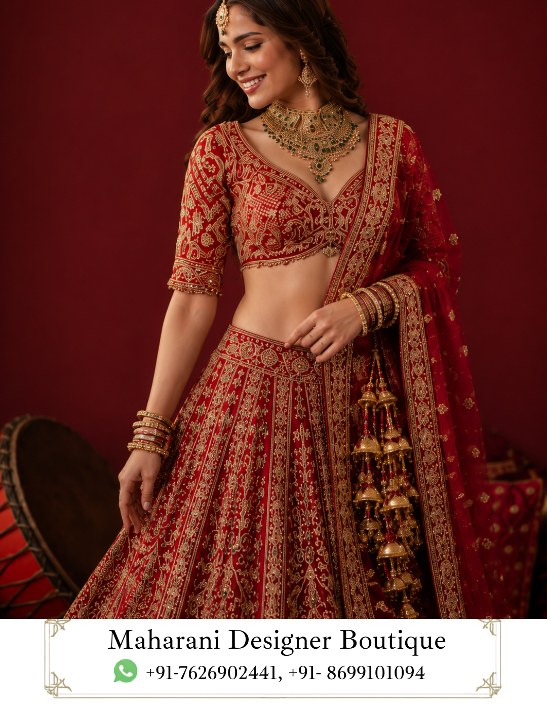 Ruhani Riwaayat – A Regal Red Bridal Lehenga for the Modern Maharani Step into your most unforgettable celebration with Ruhani Riwaayat, an exquisite red bridal lehenga choli designed for the woman who believes her wedding attire should feel as extraordinary as the occasion itself. Presented by Maharani Designer Boutique, this breathtaking ensemble combines the timeless beauty of traditional bridal red with elaborate golden embroidery, an elegant fitted blouse, a voluminous flared lehenga, and a richly bordered dupatta. Created to make a statement from every angle, Ruhani Riwaayat captures the essence of regal Indian bridal fashion. The deep red colour immediately creates a luxurious and celebratory mood, while the intricate gold-toned embroidery adds dimension and opulence across the entire ensemble. The coordinated blouse, lehenga and dupatta come together in a harmonious composition that feels traditional, glamorous and beautifully sophisticated. The lehenga features an expansive flare decorated with ornate vertical and paisley-inspired motifs, creating movement and visual richness with every step. The blouse carries complementary embroidery across the neckline, sleeves and bodice, while the dupatta completes the look with a richly embellished border and delicate scattered motifs. Whether chosen as a bridal lehenga, reception outfit, engagement ensemble or statement wedding look, Ruhani Riwaayat is designed for memorable moments, beautiful photographs and celebrations that deserve an unforgettable outfit. The Beauty of Traditional Bridal Red Red has always held a special place in South Asian bridal fashion. It represents celebration, elegance, passion and the grandeur of a wedding day. In Ruhani Riwaayat, the red base is paired with detailed golden embroidery to create a classic combination that feels luxurious without losing its traditional character. The deep red tone provides a dramatic foundation for the gold detailing. The contrast allows every embroidered motif to stand out, making the lehenga visually rich from both a distance and up close. This colour combination is especially beautiful for: Bridal weddings Reception ceremonies Engagement celebrations Sangeet functions Traditional wedding portraits Bridal entry Festive evening events Luxury wedding photoshoots The richness of red also pairs effortlessly with traditional gold jewellery, kundan, polki, pearls and bridal accessories. Elaborately Embroidered Lehenga The lehenga is the centrepiece of the Ruhani Riwaayat ensemble. Its generously flared silhouette creates the classic bridal shape associated with grand Indian wedding fashion. The expansive skirt allows the embroidery to spread across multiple panels, creating a sense of movement and depth. The design incorporates intricate gold-toned patterns arranged vertically across the skirt. These motifs create an elongated visual effect while maintaining the luxurious density expected from a bridal lehenga. The embroidery appears particularly rich toward the lower section, where the design becomes more elaborate and is complemented by a broad ornamental hemline. When the bride walks, the flare allows the embroidered panels to move naturally, revealing the intricate detailing and creating a beautiful visual effect. Intricate Gold Embroidery The gold embroidery is one of the defining features of this designer lehenga. The motifs create a beautiful contrast against the deep red base and give the ensemble a distinctly regal character. The embroidery includes ornamental floral, paisley-inspired and traditional decorative elements arranged throughout the lehenga. The combination of repeating motifs and larger statement patterns creates a balanced design rather than a flat surface of embellishment. This attention to pattern placement gives the lehenga a couture-inspired appearance. The embroidery also photographs beautifully under warm wedding lighting, where the gold detailing can catch and reflect light as the bride moves. Statement Lehenga Border The lower border provides a strong finishing element to the skirt. It features elaborate golden detailing that frames the bottom edge of the lehenga and complements the embroidery across the panels. A heavily decorated border is especially important in a bridal lehenga because it adds definition to the silhouette and gives the outfit a finished appearance. When the bride is seated, the border remains visible and creates an elegant frame around the lower portion of the outfit. When walking, the border moves naturally with the flare and highlights the graceful structure of the lehenga. Designer Bridal Blouse The blouse is designed to complement the richness of the lehenga without competing with it. It features a deep red base with intricate gold embroidery across the bodice and sleeves. The neckline is decorated with ornate detailing that naturally draws attention toward the face and jewellery. The fitted silhouette provides a refined contrast to the voluminous lehenga, creating the classic balance between a structured upper body and a flowing skirt. The three-quarter-length sleeves are also richly decorated, continuing the embroidery theme from the bodice. This makes the blouse visually complete from every angle. Beautifully Embellished Neckline The neckline features detailed golden embroidery that follows the shape of the blouse. It creates an elegant focal point and provides an ideal foundation for bridal jewellery. A traditional choker can be worn close to the neckline, while a longer necklace can be layered below it for a more elaborate bridal appearance. For brides who prefer a statement jewellery look, the blouse works beautifully with: Kundan chokers Polki necklaces Gold bridal sets Emerald jewellery Pearl necklaces Traditional Rajasthani jewellery Punjabi bridal jewellery Elegant Sleeves The sleeves continue the intricate embroidery of the blouse. The decorative pattern extends across the sleeves, creating a coordinated appearance with the bodice and lehenga. The embroidered sleeve cuffs provide additional detail around the wrists, making them particularly attractive when styled with bangles. The combination of embellished sleeves and traditional bridal jewellery creates a richly layered look without requiring excessive accessories. The Designer Dupatta The matching red dupatta completes the ensemble. It features a richly embroidered border running along its edges and smaller decorative motifs distributed across the body. The border is especially prominent and creates a luxurious frame around the dupatta. When draped across the shoulder, the embroidered edge creates a beautiful vertical line that complements the lehenga. For a more traditional bridal appearance, the dupatta can be placed over the head. This creates an elegant veil effect and frames the bride's face beautifully. Bridal Dupatta Draping Ideas The same dupatta can be styled in different ways depending on the occasion. Traditional Head Drape Place the dupatta over the head and allow the embellished border to frame the face. This is ideal for the wedding ceremony and bridal portraits. One-Shoulder Drape Drape the dupatta across one shoulder and let it fall naturally toward the floor. This allows more of the blouse and lehenga embroidery to remain visible. Front Drape Allow both sides of the dupatta to fall toward the front for a more traditional silhouette. Reception Styling For a reception, style the dupatta over one shoulder and allow the lehenga to remain the main visual focus. A Complete Bridal Statement Ruhani Riwaayat is not simply a red lehenga; it is a complete bridal expression. The combination of the richly embroidered blouse, dramatic flared lehenga and detailed dupatta gives the bride multiple layers of texture and ornamentation. The ensemble can easily become the centrepiece of the bridal look. With the right jewellery, makeup and hairstyle, it creates a polished appearance suitable for both traditional ceremonies and contemporary wedding celebrations. Jewellery Styling Gold jewellery is the natural choice for this ensemble. For a traditional bridal look, pair the lehenga with a statement gold or kundan necklace. A layered necklace can add additional grandeur, while a choker creates a more sophisticated appearance. Recommended Jewellery Necklace: Kundan, Polki or traditional gold choker Earrings: Large jhumkas, chandbalis or chandelier earrings Maang Tikka: Traditional gold or kundan maang tikka Nath: Large bridal nath for a classic wedding look Bangles: Red and gold bridal bangles or traditional chooda Rings: Statement bridal rings or coordinated gold rings Matha Patti: Ideal for a more elaborate bridal appearance The red-and-gold colour combination also works beautifully with jewellery featuring green accents. Bridal Makeup Suggestions The richness of the lehenga makes it ideal for warm, glamorous bridal makeup. A classic bridal look can include: Defined eyes Soft gold eyeshadow Black eyeliner Voluminous lashes Warm blush Illuminated skin Defined brows Red or deep rose lipstick For a contemporary appearance, pair the rich red outfit with softer neutral makeup and a muted lip. The goal is to create harmony between the face, jewellery and elaborate embroidery. Hairstyle Inspiration Ruhani Riwaayat works beautifully with both traditional and contemporary bridal hairstyles. Traditional Bridal Bun A sleek low bun creates an elegant base for the dupatta. Floral Bun Add traditional flowers around the bun for a classic wedding appearance. Centre-Parted Bun A centre part works particularly well with a maang tikka or matha patti. Soft Curls For an engagement or reception, soft curls can create a glamorous modern contrast. Side-Swept Waves For a contemporary editorial look, style the hair in soft side-swept waves and drape the dupatta over one shoulder. Perfect Bridal Footwear Complete the look with footwear that complements the red-and-gold palette. Suitable options include: Gold heels Embellished sandals Red bridal heels Gold juttis Embroidered Punjabi juttis Traditional mojari Kundan footwear For the wedding ceremony, comfortable footwear is recommended, particularly if the bride expects to spend several hours standing or walking. Ideal Wedding Occasions Wedding Ceremony The rich red colour and elaborate embroidery make Ruhani Riwaayat a natural choice for the main wedding celebration. Reception For the reception, wear the dupatta over one shoulder and pair the outfit with statement jewellery. Engagement The luxurious detailing makes this ensemble suitable for a grand engagement celebration. Sangeet The flowing lehenga silhouette allows graceful movement, making it an excellent choice for a glamorous sangeet evening. Bridal Photoshoot The dramatic flare and detailed dupatta offer numerous styling possibilities for editorial and traditional bridal photography. Festive Celebrations The red-and-gold colour combination also makes this outfit suitable for important family celebrations and festive occasions. Designed for Beautiful Photographs A bridal outfit should look beautiful in person and photograph beautifully from every angle. Ruhani Riwaayat offers several details that make it especially suited to bridal photography. The expansive lehenga creates a dramatic silhouette in full-length photographs. The detailed embroidery provides texture in close-up portraits. The dupatta border can be arranged to frame the bride's face. The red-and-gold palette works beautifully with warm lighting, floral arrangements, palace-inspired interiors and traditional wedding décor. For a dramatic photograph, spread the lehenga slightly around the bride and allow the dupatta to flow naturally beside her. Bridal Entry Styling The flowing silhouette of this lehenga can create a memorable bridal entry. The bride can hold one side of the lehenga slightly while allowing the dupatta to trail gracefully behind. A traditional floral pathway, warm lighting, candles or grand wedding décor can complement the rich red palette. For photography, the bride can pause briefly during her entry so the flare and embroidered border remain visible. Traditional Meets Contemporary Although Ruhani Riwaayat is inspired by traditional bridal fashion, its styling possibilities are highly contemporary. The classic red-and-gold colour combination provides the heritage element. The fitted blouse and flowing silhouette introduce a modern fashion sensibility. The result is an outfit that can be styled traditionally for the wedding ceremony or more fashion-forward for a reception or editorial photoshoot. This versatility makes it a valuable addition to a bridal wardrobe. Why Choose Maharani Designer Boutique? Maharani Designer Boutique focuses on statement Indian ethnic wear designed for meaningful celebrations. The brand's aesthetic combines rich colours, elaborate embroidery, traditional silhouettes and contemporary styling. Ruhani Riwaayat reflects this approach through its: Rich bridal red colour Elaborate gold embroidery Flared lehenga silhouette Coordinated embroidered blouse Statement dupatta Traditional bridal detailing Versatile styling options Regal overall appearance It is designed for the woman who wants her wedding outfit to feel luxurious, memorable and unmistakably bridal. Customisation & Fitting A bridal lehenga should fit comfortably and flatter the wearer. For customised orders, measurements may be required for the blouse and overall outfit. Depending on availability, customers can discuss requirements such as: Bust measurement Waist measurement Blouse length Sleeve length Lehenga length Overall fitting Dupatta preferences Other available design adjustments Customisation availability can vary depending on the specific design and production requirements. For bridal orders, it is recommended to provide measurements and wedding dates well in advance. Care Instructions Because this is an intricately embellished occasion-wear ensemble, careful handling is recommended. Store the lehenga in a clean, breathable garment bag. Avoid placing heavy items over the embroidered portions. Keep the outfit away from excessive moisture. Do not expose the embroidery unnecessarily to direct sunlight for extended periods. Fold and store the dupatta carefully to protect its embellished border. For cleaning, use professional garment-care services appropriate for the fabric and embroidery. Always follow the specific care instructions provided with the final garment. Product Details Product Name: Ruhani Riwaayat Brand: Maharani Designer Boutique Category: Bridal Lehenga Choli Primary Colour: Rich Red Embroidery: Intricate Gold-Toned Embroidery Blouse: Embroidered Designer Blouse Lehenga: Heavily Embroidered Flared Lehenga Dupatta: Matching Red Dupatta with Ornate Embroidered Border Style: Regal, Traditional, Luxurious & Bridal Occasions: Wedding, Reception, Engagement, Sangeet, Bridal Photoshoot & Festive Events Aesthetic: Traditional Indian Bridal Luxury Customisation: Subject to availability and design requirements red bridal lehenga, red bridal lehenga choli, red wedding lehenga, red bridal dress, red lehenga for bride, bridal lehenga online, designer bridal lehenga, red and gold bridal lehenga, red gold lehenga, heavily embroidered bridal lehenga, gold embroidered lehenga, bridal lehenga with dupatta, red lehenga with dupatta, designer lehenga choli, bridal lehenga India, Indian bridal lehenga, traditional bridal lehenga, luxury bridal lehenga, wedding lehenga for bride, bridal wear for women, designer bridal wear, bridal wedding outfit, red wedding outfit, red lehenga for wedding, bridal lehenga for reception, engagement lehenga,