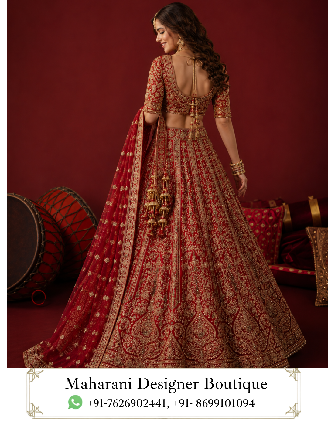 Ruhani Riwaayat – A Regal Red Bridal Lehenga for the Modern Maharani Step into your most unforgettable celebration with Ruhani Riwaayat, an exquisite red bridal lehenga choli designed for the woman who believes her wedding attire should feel as extraordinary as the occasion itself. Presented by Maharani Designer Boutique, this breathtaking ensemble combines the timeless beauty of traditional bridal red with elaborate golden embroidery, an elegant fitted blouse, a voluminous flared lehenga, and a richly bordered dupatta. Created to make a statement from every angle, Ruhani Riwaayat captures the essence of regal Indian bridal fashion. The deep red colour immediately creates a luxurious and celebratory mood, while the intricate gold-toned embroidery adds dimension and opulence across the entire ensemble. The coordinated blouse, lehenga and dupatta come together in a harmonious composition that feels traditional, glamorous and beautifully sophisticated. The lehenga features an expansive flare decorated with ornate vertical and paisley-inspired motifs, creating movement and visual richness with every step. The blouse carries complementary embroidery across the neckline, sleeves and bodice, while the dupatta completes the look with a richly embellished border and delicate scattered motifs. Whether chosen as a bridal lehenga, reception outfit, engagement ensemble or statement wedding look, Ruhani Riwaayat is designed for memorable moments, beautiful photographs and celebrations that deserve an unforgettable outfit. The Beauty of Traditional Bridal Red Red has always held a special place in South Asian bridal fashion. It represents celebration, elegance, passion and the grandeur of a wedding day. In Ruhani Riwaayat, the red base is paired with detailed golden embroidery to create a classic combination that feels luxurious without losing its traditional character. The deep red tone provides a dramatic foundation for the gold detailing. The contrast allows every embroidered motif to stand out, making the lehenga visually rich from both a distance and up close. This colour combination is especially beautiful for: Bridal weddings Reception ceremonies Engagement celebrations Sangeet functions Traditional wedding portraits Bridal entry Festive evening events Luxury wedding photoshoots The richness of red also pairs effortlessly with traditional gold jewellery, kundan, polki, pearls and bridal accessories. Elaborately Embroidered Lehenga The lehenga is the centrepiece of the Ruhani Riwaayat ensemble. Its generously flared silhouette creates the classic bridal shape associated with grand Indian wedding fashion. The expansive skirt allows the embroidery to spread across multiple panels, creating a sense of movement and depth. The design incorporates intricate gold-toned patterns arranged vertically across the skirt. These motifs create an elongated visual effect while maintaining the luxurious density expected from a bridal lehenga. The embroidery appears particularly rich toward the lower section, where the design becomes more elaborate and is complemented by a broad ornamental hemline. When the bride walks, the flare allows the embroidered panels to move naturally, revealing the intricate detailing and creating a beautiful visual effect. Intricate Gold Embroidery The gold embroidery is one of the defining features of this designer lehenga. The motifs create a beautiful contrast against the deep red base and give the ensemble a distinctly regal character. The embroidery includes ornamental floral, paisley-inspired and traditional decorative elements arranged throughout the lehenga. The combination of repeating motifs and larger statement patterns creates a balanced design rather than a flat surface of embellishment. This attention to pattern placement gives the lehenga a couture-inspired appearance. The embroidery also photographs beautifully under warm wedding lighting, where the gold detailing can catch and reflect light as the bride moves. Statement Lehenga Border The lower border provides a strong finishing element to the skirt. It features elaborate golden detailing that frames the bottom edge of the lehenga and complements the embroidery across the panels. A heavily decorated border is especially important in a bridal lehenga because it adds definition to the silhouette and gives the outfit a finished appearance. When the bride is seated, the border remains visible and creates an elegant frame around the lower portion of the outfit. When walking, the border moves naturally with the flare and highlights the graceful structure of the lehenga. Designer Bridal Blouse The blouse is designed to complement the richness of the lehenga without competing with it. It features a deep red base with intricate gold embroidery across the bodice and sleeves. The neckline is decorated with ornate detailing that naturally draws attention toward the face and jewellery. The fitted silhouette provides a refined contrast to the voluminous lehenga, creating the classic balance between a structured upper body and a flowing skirt. The three-quarter-length sleeves are also richly decorated, continuing the embroidery theme from the bodice. This makes the blouse visually complete from every angle. Beautifully Embellished Neckline The neckline features detailed golden embroidery that follows the shape of the blouse. It creates an elegant focal point and provides an ideal foundation for bridal jewellery. A traditional choker can be worn close to the neckline, while a longer necklace can be layered below it for a more elaborate bridal appearance. For brides who prefer a statement jewellery look, the blouse works beautifully with: Kundan chokers Polki necklaces Gold bridal sets Emerald jewellery Pearl necklaces Traditional Rajasthani jewellery Punjabi bridal jewellery Elegant Sleeves The sleeves continue the intricate embroidery of the blouse. The decorative pattern extends across the sleeves, creating a coordinated appearance with the bodice and lehenga. The embroidered sleeve cuffs provide additional detail around the wrists, making them particularly attractive when styled with bangles. The combination of embellished sleeves and traditional bridal jewellery creates a richly layered look without requiring excessive accessories. The Designer Dupatta The matching red dupatta completes the ensemble. It features a richly embroidered border running along its edges and smaller decorative motifs distributed across the body. The border is especially prominent and creates a luxurious frame around the dupatta. When draped across the shoulder, the embroidered edge creates a beautiful vertical line that complements the lehenga. For a more traditional bridal appearance, the dupatta can be placed over the head. This creates an elegant veil effect and frames the bride's face beautifully. Bridal Dupatta Draping Ideas The same dupatta can be styled in different ways depending on the occasion. Traditional Head Drape Place the dupatta over the head and allow the embellished border to frame the face. This is ideal for the wedding ceremony and bridal portraits. One-Shoulder Drape Drape the dupatta across one shoulder and let it fall naturally toward the floor. This allows more of the blouse and lehenga embroidery to remain visible. Front Drape Allow both sides of the dupatta to fall toward the front for a more traditional silhouette. Reception Styling For a reception, style the dupatta over one shoulder and allow the lehenga to remain the main visual focus. A Complete Bridal Statement Ruhani Riwaayat is not simply a red lehenga; it is a complete bridal expression. The combination of the richly embroidered blouse, dramatic flared lehenga and detailed dupatta gives the bride multiple layers of texture and ornamentation. The ensemble can easily become the centrepiece of the bridal look. With the right jewellery, makeup and hairstyle, it creates a polished appearance suitable for both traditional ceremonies and contemporary wedding celebrations. Jewellery Styling Gold jewellery is the natural choice for this ensemble. For a traditional bridal look, pair the lehenga with a statement gold or kundan necklace. A layered necklace can add additional grandeur, while a choker creates a more sophisticated appearance. Recommended Jewellery Necklace: Kundan, Polki or traditional gold choker Earrings: Large jhumkas, chandbalis or chandelier earrings Maang Tikka: Traditional gold or kundan maang tikka Nath: Large bridal nath for a classic wedding look Bangles: Red and gold bridal bangles or traditional chooda Rings: Statement bridal rings or coordinated gold rings Matha Patti: Ideal for a more elaborate bridal appearance The red-and-gold colour combination also works beautifully with jewellery featuring green accents. Bridal Makeup Suggestions The richness of the lehenga makes it ideal for warm, glamorous bridal makeup. A classic bridal look can include: Defined eyes Soft gold eyeshadow Black eyeliner Voluminous lashes Warm blush Illuminated skin Defined brows Red or deep rose lipstick For a contemporary appearance, pair the rich red outfit with softer neutral makeup and a muted lip. The goal is to create harmony between the face, jewellery and elaborate embroidery. Hairstyle Inspiration Ruhani Riwaayat works beautifully with both traditional and contemporary bridal hairstyles. Traditional Bridal Bun A sleek low bun creates an elegant base for the dupatta. Floral Bun Add traditional flowers around the bun for a classic wedding appearance. Centre-Parted Bun A centre part works particularly well with a maang tikka or matha patti. Soft Curls For an engagement or reception, soft curls can create a glamorous modern contrast. Side-Swept Waves For a contemporary editorial look, style the hair in soft side-swept waves and drape the dupatta over one shoulder. Perfect Bridal Footwear Complete the look with footwear that complements the red-and-gold palette. Suitable options include: Gold heels Embellished sandals Red bridal heels Gold juttis Embroidered Punjabi juttis Traditional mojari Kundan footwear For the wedding ceremony, comfortable footwear is recommended, particularly if the bride expects to spend several hours standing or walking. Ideal Wedding Occasions Wedding Ceremony The rich red colour and elaborate embroidery make Ruhani Riwaayat a natural choice for the main wedding celebration. Reception For the reception, wear the dupatta over one shoulder and pair the outfit with statement jewellery. Engagement The luxurious detailing makes this ensemble suitable for a grand engagement celebration. Sangeet The flowing lehenga silhouette allows graceful movement, making it an excellent choice for a glamorous sangeet evening. Bridal Photoshoot The dramatic flare and detailed dupatta offer numerous styling possibilities for editorial and traditional bridal photography. Festive Celebrations The red-and-gold colour combination also makes this outfit suitable for important family celebrations and festive occasions. Designed for Beautiful Photographs A bridal outfit should look beautiful in person and photograph beautifully from every angle. Ruhani Riwaayat offers several details that make it especially suited to bridal photography. The expansive lehenga creates a dramatic silhouette in full-length photographs. The detailed embroidery provides texture in close-up portraits. The dupatta border can be arranged to frame the bride's face. The red-and-gold palette works beautifully with warm lighting, floral arrangements, palace-inspired interiors and traditional wedding décor. For a dramatic photograph, spread the lehenga slightly around the bride and allow the dupatta to flow naturally beside her. Bridal Entry Styling The flowing silhouette of this lehenga can create a memorable bridal entry. The bride can hold one side of the lehenga slightly while allowing the dupatta to trail gracefully behind. A traditional floral pathway, warm lighting, candles or grand wedding décor can complement the rich red palette. For photography, the bride can pause briefly during her entry so the flare and embroidered border remain visible. Traditional Meets Contemporary Although Ruhani Riwaayat is inspired by traditional bridal fashion, its styling possibilities are highly contemporary. The classic red-and-gold colour combination provides the heritage element. The fitted blouse and flowing silhouette introduce a modern fashion sensibility. The result is an outfit that can be styled traditionally for the wedding ceremony or more fashion-forward for a reception or editorial photoshoot. This versatility makes it a valuable addition to a bridal wardrobe. Why Choose Maharani Designer Boutique? Maharani Designer Boutique focuses on statement Indian ethnic wear designed for meaningful celebrations. The brand's aesthetic combines rich colours, elaborate embroidery, traditional silhouettes and contemporary styling. Ruhani Riwaayat reflects this approach through its: Rich bridal red colour Elaborate gold embroidery Flared lehenga silhouette Coordinated embroidered blouse Statement dupatta Traditional bridal detailing Versatile styling options Regal overall appearance It is designed for the woman who wants her wedding outfit to feel luxurious, memorable and unmistakably bridal. Customisation & Fitting A bridal lehenga should fit comfortably and flatter the wearer. For customised orders, measurements may be required for the blouse and overall outfit. Depending on availability, customers can discuss requirements such as: Bust measurement Waist measurement Blouse length Sleeve length Lehenga length Overall fitting Dupatta preferences Other available design adjustments Customisation availability can vary depending on the specific design and production requirements. For bridal orders, it is recommended to provide measurements and wedding dates well in advance. Care Instructions Because this is an intricately embellished occasion-wear ensemble, careful handling is recommended. Store the lehenga in a clean, breathable garment bag. Avoid placing heavy items over the embroidered portions. Keep the outfit away from excessive moisture. Do not expose the embroidery unnecessarily to direct sunlight for extended periods. Fold and store the dupatta carefully to protect its embellished border. For cleaning, use professional garment-care services appropriate for the fabric and embroidery. Always follow the specific care instructions provided with the final garment. Product Details Product Name: Ruhani Riwaayat Brand: Maharani Designer Boutique Category: Bridal Lehenga Choli Primary Colour: Rich Red Embroidery: Intricate Gold-Toned Embroidery Blouse: Embroidered Designer Blouse Lehenga: Heavily Embroidered Flared Lehenga Dupatta: Matching Red Dupatta with Ornate Embroidered Border Style: Regal, Traditional, Luxurious & Bridal Occasions: Wedding, Reception, Engagement, Sangeet, Bridal Photoshoot & Festive Events Aesthetic: Traditional Indian Bridal Luxury Customisation: Subject to availability and design requirements red bridal lehenga, red bridal lehenga choli, red wedding lehenga, red bridal dress, red lehenga for bride, bridal lehenga online, designer bridal lehenga, red and gold bridal lehenga, red gold lehenga, heavily embroidered bridal lehenga, gold embroidered lehenga, bridal lehenga with dupatta, red lehenga with dupatta, designer lehenga choli, bridal lehenga India, Indian bridal lehenga, traditional bridal lehenga, luxury bridal lehenga, wedding lehenga for bride, bridal wear for women, designer bridal wear, bridal wedding outfit, red wedding outfit, red lehenga for wedding, bridal lehenga for reception, engagement lehenga,