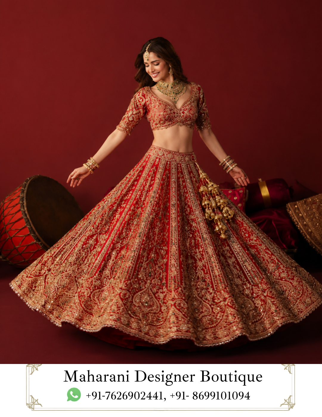 Ruhani Riwaayat – A Regal Red Bridal Lehenga for the Modern Maharani Step into your most unforgettable celebration with Ruhani Riwaayat, an exquisite red bridal lehenga choli designed for the woman who believes her wedding attire should feel as extraordinary as the occasion itself. Presented by Maharani Designer Boutique, this breathtaking ensemble combines the timeless beauty of traditional bridal red with elaborate golden embroidery, an elegant fitted blouse, a voluminous flared lehenga, and a richly bordered dupatta. Created to make a statement from every angle, Ruhani Riwaayat captures the essence of regal Indian bridal fashion. The deep red colour immediately creates a luxurious and celebratory mood, while the intricate gold-toned embroidery adds dimension and opulence across the entire ensemble. The coordinated blouse, lehenga and dupatta come together in a harmonious composition that feels traditional, glamorous and beautifully sophisticated. The lehenga features an expansive flare decorated with ornate vertical and paisley-inspired motifs, creating movement and visual richness with every step. The blouse carries complementary embroidery across the neckline, sleeves and bodice, while the dupatta completes the look with a richly embellished border and delicate scattered motifs. Whether chosen as a bridal lehenga, reception outfit, engagement ensemble or statement wedding look, Ruhani Riwaayat is designed for memorable moments, beautiful photographs and celebrations that deserve an unforgettable outfit. The Beauty of Traditional Bridal Red Red has always held a special place in South Asian bridal fashion. It represents celebration, elegance, passion and the grandeur of a wedding day. In Ruhani Riwaayat, the red base is paired with detailed golden embroidery to create a classic combination that feels luxurious without losing its traditional character. The deep red tone provides a dramatic foundation for the gold detailing. The contrast allows every embroidered motif to stand out, making the lehenga visually rich from both a distance and up close. This colour combination is especially beautiful for: Bridal weddings Reception ceremonies Engagement celebrations Sangeet functions Traditional wedding portraits Bridal entry Festive evening events Luxury wedding photoshoots The richness of red also pairs effortlessly with traditional gold jewellery, kundan, polki, pearls and bridal accessories. Elaborately Embroidered Lehenga The lehenga is the centrepiece of the Ruhani Riwaayat ensemble. Its generously flared silhouette creates the classic bridal shape associated with grand Indian wedding fashion. The expansive skirt allows the embroidery to spread across multiple panels, creating a sense of movement and depth. The design incorporates intricate gold-toned patterns arranged vertically across the skirt. These motifs create an elongated visual effect while maintaining the luxurious density expected from a bridal lehenga. The embroidery appears particularly rich toward the lower section, where the design becomes more elaborate and is complemented by a broad ornamental hemline. When the bride walks, the flare allows the embroidered panels to move naturally, revealing the intricate detailing and creating a beautiful visual effect. Intricate Gold Embroidery The gold embroidery is one of the defining features of this designer lehenga. The motifs create a beautiful contrast against the deep red base and give the ensemble a distinctly regal character. The embroidery includes ornamental floral, paisley-inspired and traditional decorative elements arranged throughout the lehenga. The combination of repeating motifs and larger statement patterns creates a balanced design rather than a flat surface of embellishment. This attention to pattern placement gives the lehenga a couture-inspired appearance. The embroidery also photographs beautifully under warm wedding lighting, where the gold detailing can catch and reflect light as the bride moves. Statement Lehenga Border The lower border provides a strong finishing element to the skirt. It features elaborate golden detailing that frames the bottom edge of the lehenga and complements the embroidery across the panels. A heavily decorated border is especially important in a bridal lehenga because it adds definition to the silhouette and gives the outfit a finished appearance. When the bride is seated, the border remains visible and creates an elegant frame around the lower portion of the outfit. When walking, the border moves naturally with the flare and highlights the graceful structure of the lehenga. Designer Bridal Blouse The blouse is designed to complement the richness of the lehenga without competing with it. It features a deep red base with intricate gold embroidery across the bodice and sleeves. The neckline is decorated with ornate detailing that naturally draws attention toward the face and jewellery. The fitted silhouette provides a refined contrast to the voluminous lehenga, creating the classic balance between a structured upper body and a flowing skirt. The three-quarter-length sleeves are also richly decorated, continuing the embroidery theme from the bodice. This makes the blouse visually complete from every angle. Beautifully Embellished Neckline The neckline features detailed golden embroidery that follows the shape of the blouse. It creates an elegant focal point and provides an ideal foundation for bridal jewellery. A traditional choker can be worn close to the neckline, while a longer necklace can be layered below it for a more elaborate bridal appearance. For brides who prefer a statement jewellery look, the blouse works beautifully with: Kundan chokers Polki necklaces Gold bridal sets Emerald jewellery Pearl necklaces Traditional Rajasthani jewellery Punjabi bridal jewellery Elegant Sleeves The sleeves continue the intricate embroidery of the blouse. The decorative pattern extends across the sleeves, creating a coordinated appearance with the bodice and lehenga. The embroidered sleeve cuffs provide additional detail around the wrists, making them particularly attractive when styled with bangles. The combination of embellished sleeves and traditional bridal jewellery creates a richly layered look without requiring excessive accessories. The Designer Dupatta The matching red dupatta completes the ensemble. It features a richly embroidered border running along its edges and smaller decorative motifs distributed across the body. The border is especially prominent and creates a luxurious frame around the dupatta. When draped across the shoulder, the embroidered edge creates a beautiful vertical line that complements the lehenga. For a more traditional bridal appearance, the dupatta can be placed over the head. This creates an elegant veil effect and frames the bride's face beautifully. Bridal Dupatta Draping Ideas The same dupatta can be styled in different ways depending on the occasion. Traditional Head Drape Place the dupatta over the head and allow the embellished border to frame the face. This is ideal for the wedding ceremony and bridal portraits. One-Shoulder Drape Drape the dupatta across one shoulder and let it fall naturally toward the floor. This allows more of the blouse and lehenga embroidery to remain visible. Front Drape Allow both sides of the dupatta to fall toward the front for a more traditional silhouette. Reception Styling For a reception, style the dupatta over one shoulder and allow the lehenga to remain the main visual focus. A Complete Bridal Statement Ruhani Riwaayat is not simply a red lehenga; it is a complete bridal expression. The combination of the richly embroidered blouse, dramatic flared lehenga and detailed dupatta gives the bride multiple layers of texture and ornamentation. The ensemble can easily become the centrepiece of the bridal look. With the right jewellery, makeup and hairstyle, it creates a polished appearance suitable for both traditional ceremonies and contemporary wedding celebrations. Jewellery Styling Gold jewellery is the natural choice for this ensemble. For a traditional bridal look, pair the lehenga with a statement gold or kundan necklace. A layered necklace can add additional grandeur, while a choker creates a more sophisticated appearance. Recommended Jewellery Necklace: Kundan, Polki or traditional gold choker Earrings: Large jhumkas, chandbalis or chandelier earrings Maang Tikka: Traditional gold or kundan maang tikka Nath: Large bridal nath for a classic wedding look Bangles: Red and gold bridal bangles or traditional chooda Rings: Statement bridal rings or coordinated gold rings Matha Patti: Ideal for a more elaborate bridal appearance The red-and-gold colour combination also works beautifully with jewellery featuring green accents. Bridal Makeup Suggestions The richness of the lehenga makes it ideal for warm, glamorous bridal makeup. A classic bridal look can include: Defined eyes Soft gold eyeshadow Black eyeliner Voluminous lashes Warm blush Illuminated skin Defined brows Red or deep rose lipstick For a contemporary appearance, pair the rich red outfit with softer neutral makeup and a muted lip. The goal is to create harmony between the face, jewellery and elaborate embroidery. Hairstyle Inspiration Ruhani Riwaayat works beautifully with both traditional and contemporary bridal hairstyles. Traditional Bridal Bun A sleek low bun creates an elegant base for the dupatta. Floral Bun Add traditional flowers around the bun for a classic wedding appearance. Centre-Parted Bun A centre part works particularly well with a maang tikka or matha patti. Soft Curls For an engagement or reception, soft curls can create a glamorous modern contrast. Side-Swept Waves For a contemporary editorial look, style the hair in soft side-swept waves and drape the dupatta over one shoulder. Perfect Bridal Footwear Complete the look with footwear that complements the red-and-gold palette. Suitable options include: Gold heels Embellished sandals Red bridal heels Gold juttis Embroidered Punjabi juttis Traditional mojari Kundan footwear For the wedding ceremony, comfortable footwear is recommended, particularly if the bride expects to spend several hours standing or walking. Ideal Wedding Occasions Wedding Ceremony The rich red colour and elaborate embroidery make Ruhani Riwaayat a natural choice for the main wedding celebration. Reception For the reception, wear the dupatta over one shoulder and pair the outfit with statement jewellery. Engagement The luxurious detailing makes this ensemble suitable for a grand engagement celebration. Sangeet The flowing lehenga silhouette allows graceful movement, making it an excellent choice for a glamorous sangeet evening. Bridal Photoshoot The dramatic flare and detailed dupatta offer numerous styling possibilities for editorial and traditional bridal photography. Festive Celebrations The red-and-gold colour combination also makes this outfit suitable for important family celebrations and festive occasions. Designed for Beautiful Photographs A bridal outfit should look beautiful in person and photograph beautifully from every angle. Ruhani Riwaayat offers several details that make it especially suited to bridal photography. The expansive lehenga creates a dramatic silhouette in full-length photographs. The detailed embroidery provides texture in close-up portraits. The dupatta border can be arranged to frame the bride's face. The red-and-gold palette works beautifully with warm lighting, floral arrangements, palace-inspired interiors and traditional wedding décor. For a dramatic photograph, spread the lehenga slightly around the bride and allow the dupatta to flow naturally beside her. Bridal Entry Styling The flowing silhouette of this lehenga can create a memorable bridal entry. The bride can hold one side of the lehenga slightly while allowing the dupatta to trail gracefully behind. A traditional floral pathway, warm lighting, candles or grand wedding décor can complement the rich red palette. For photography, the bride can pause briefly during her entry so the flare and embroidered border remain visible. Traditional Meets Contemporary Although Ruhani Riwaayat is inspired by traditional bridal fashion, its styling possibilities are highly contemporary. The classic red-and-gold colour combination provides the heritage element. The fitted blouse and flowing silhouette introduce a modern fashion sensibility. The result is an outfit that can be styled traditionally for the wedding ceremony or more fashion-forward for a reception or editorial photoshoot. This versatility makes it a valuable addition to a bridal wardrobe. Why Choose Maharani Designer Boutique? Maharani Designer Boutique focuses on statement Indian ethnic wear designed for meaningful celebrations. The brand's aesthetic combines rich colours, elaborate embroidery, traditional silhouettes and contemporary styling. Ruhani Riwaayat reflects this approach through its: Rich bridal red colour Elaborate gold embroidery Flared lehenga silhouette Coordinated embroidered blouse Statement dupatta Traditional bridal detailing Versatile styling options Regal overall appearance It is designed for the woman who wants her wedding outfit to feel luxurious, memorable and unmistakably bridal. Customisation & Fitting A bridal lehenga should fit comfortably and flatter the wearer. For customised orders, measurements may be required for the blouse and overall outfit. Depending on availability, customers can discuss requirements such as: Bust measurement Waist measurement Blouse length Sleeve length Lehenga length Overall fitting Dupatta preferences Other available design adjustments Customisation availability can vary depending on the specific design and production requirements. For bridal orders, it is recommended to provide measurements and wedding dates well in advance. Care Instructions Because this is an intricately embellished occasion-wear ensemble, careful handling is recommended. Store the lehenga in a clean, breathable garment bag. Avoid placing heavy items over the embroidered portions. Keep the outfit away from excessive moisture. Do not expose the embroidery unnecessarily to direct sunlight for extended periods. Fold and store the dupatta carefully to protect its embellished border. For cleaning, use professional garment-care services appropriate for the fabric and embroidery. Always follow the specific care instructions provided with the final garment. Product Details Product Name: Ruhani Riwaayat Brand: Maharani Designer Boutique Category: Bridal Lehenga Choli Primary Colour: Rich Red Embroidery: Intricate Gold-Toned Embroidery Blouse: Embroidered Designer Blouse Lehenga: Heavily Embroidered Flared Lehenga Dupatta: Matching Red Dupatta with Ornate Embroidered Border Style: Regal, Traditional, Luxurious & Bridal Occasions: Wedding, Reception, Engagement, Sangeet, Bridal Photoshoot & Festive Events Aesthetic: Traditional Indian Bridal Luxury Customisation: Subject to availability and design requirements red bridal lehenga, red bridal lehenga choli, red wedding lehenga, red bridal dress, red lehenga for bride, bridal lehenga online, designer bridal lehenga, red and gold bridal lehenga, red gold lehenga, heavily embroidered bridal lehenga, gold embroidered lehenga, bridal lehenga with dupatta, red lehenga with dupatta, designer lehenga choli, bridal lehenga India, Indian bridal lehenga, traditional bridal lehenga, luxury bridal lehenga, wedding lehenga for bride, bridal wear for women, designer bridal wear, bridal wedding outfit, red wedding outfit, red lehenga for wedding, bridal lehenga for reception, engagement lehenga,