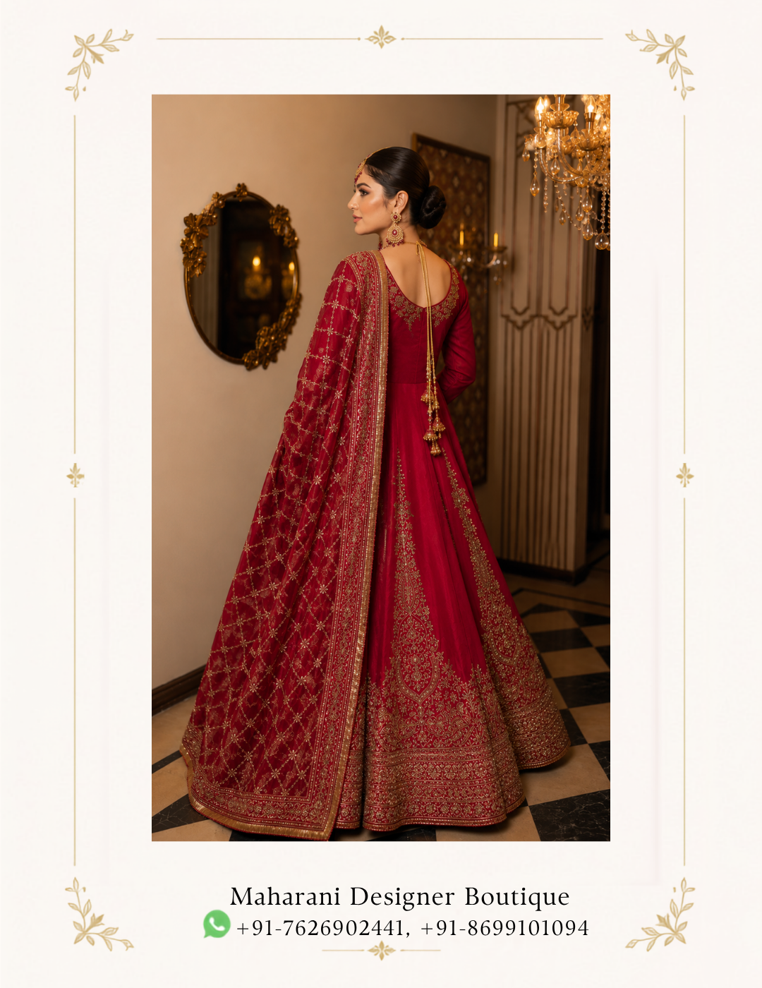 Ruhani Riwaaz Maroon Royal Anarkali Suit by Maharani Designer Boutique Make a graceful statement at your next celebration with the Ruhani Riwaaz Maroon Royal Embroidered Anarkali Suit, an exquisite Indian ethnic ensemble designed for women who appreciate rich colours, traditional artistry and sophisticated occasion wear. Created for Maharani Designer Boutique, this regal maroon outfit showcases an elegant floor-length Anarkali silhouette enhanced with intricate gold-toned embroidery and a beautifully coordinated embroidered dupatta. The deep maroon colour gives this ensemble a luxurious and timeless character, while the elaborate gold embroidery adds traditional Indian grandeur. From the detailed neckline and bodice to the ornate panels flowing down the Anarkali and the richly embellished hemline, every visible element contributes to a polished festive appearance. The matching maroon dupatta features an elaborate embroidered border and all-over decorative detailing, creating a beautifully coordinated look. Its graceful drape adds movement and dimension to the outfit while making it ideal for weddings, receptions, engagement celebrations, sangeet functions, festive gatherings and formal evening events. Whether you are searching for a maroon wedding suit, a heavy embroidered Anarkali suit, a designer party wear suit or a sophisticated outfit for a special celebration, the Ruhani Riwaaz ensemble offers a refined interpretation of traditional Indian fashion. Regal Maroon Colour Maroon is one of the most elegant shades in Indian occasion wear. Its deep, warm character creates an inherently luxurious appearance and pairs beautifully with gold embroidery. In the Ruhani Riwaaz design, the maroon base allows the ornate gold-toned motifs to become the visual focus. The result is a sophisticated colour combination that feels traditional while remaining highly versatile. The shade is especially beautiful for evening celebrations, where the richness of maroon complements formal décor, warm lighting and statement jewellery. It is also an excellent alternative for women who love traditional red but prefer a deeper, more sophisticated variation. Elegant Floor-Length Anarkali Silhouette The defining feature of this ensemble is its flowing Anarkali silhouette. The long, graceful shape creates an elegant vertical appearance, while the flared lower section provides beautiful movement as you walk. The silhouette is particularly effective for formal occasions because it combines the comfort and elegance of a traditional suit with the visual impact of a floor-length gown-inspired design. The embroidered vertical panels further enhance the appearance of the silhouette, creating a structured yet fluid look. The lower portion expands gracefully toward the hem, allowing the detailed embroidery to become increasingly prominent. This makes the outfit especially attractive for full-length photographs and formal portraits. Intricate Gold-Toned Embroidery The extensive embroidery gives this maroon Anarkali its luxurious character. Gold-toned ornamental motifs appear throughout the outfit, creating a rich decorative surface without losing the elegance of the maroon foundation. The embroidery around the neckline immediately draws attention toward the face, while the detailed bodice creates a refined focal point. Further motifs continue downward in carefully arranged vertical patterns. The lower section features particularly elaborate embroidery, including decorative borders and traditional-inspired ornamental forms. This layered placement gives the ensemble depth and allows the embroidery to remain visually balanced from neckline to hem. Beautifully Embroidered Neckline The neckline features concentrated embroidery that frames the upper portion of the Anarkali. The ornate detailing creates a natural focal point and works beautifully with traditional Indian jewellery. A statement choker can emphasize the neckline, while chandelier earrings can provide additional glamour. For a more traditional bridal-inspired appearance, the neckline can be paired with a layered necklace, maang tikka and coordinated bangles. For a reception or engagement event, statement earrings and a single elegant necklace can create a more contemporary finish. Detailed Bodice The bodice features elaborate gold-toned embroidery arranged across the maroon base. The decorative motifs create visual richness while maintaining the elegance of the overall silhouette. The embroidery extends across the front and works together with the sleeve detailing to create a cohesive upper section. This makes the outfit look beautifully finished even when the dupatta is styled over one shoulder. The concentrated detailing around the upper body also makes the ensemble particularly suitable for close-up photography. Embellished Sleeves The long sleeves continue the decorative language of the Anarkali. Intricate embroidery appears along the sleeve edges and cuffs, adding a refined finishing touch. The sleeve detailing also helps balance the heavily decorated lower section of the outfit. When paired with gold bangles or traditional bracelets, the embellished cuffs create an elegant transition between the sleeves and accessories. The full-length sleeve design makes the outfit suitable for formal evening occasions and traditional celebrations. Statement Embroidered Dupatta The coordinated dupatta completes the Ruhani Riwaaz ensemble. Designed in the same rich maroon shade, it carries elaborate gold-toned embroidery throughout the fabric. The border is particularly prominent, featuring a detailed decorative pattern that creates a luxurious frame around the dupatta. When draped over one shoulder, the embroidered border falls gracefully alongside the Anarkali. When styled over the head, it creates a more traditional and ceremonial appearance. The dupatta can also be arranged across both shoulders for formal photographs or family portraits. Its rich detailing ensures that the outfit maintains a luxurious appearance from every angle. Ornate Dupatta Border The border adds significant visual impact to the overall ensemble. Its intricate gold detailing coordinates with the embroidery on the Anarkali, creating a unified designer appearance. The border can be displayed prominently by draping the dupatta over one shoulder. Alternatively, a traditional head drape allows the border to frame the face and create a classic Indian occasion-wear look. The contrast between the deep maroon fabric and gold embroidery makes the border especially eye-catching. Perfect Maroon Wedding Suit The Ruhani Riwaaz Anarkali is an excellent option for weddings and formal family celebrations. Its deep maroon shade has the richness expected from traditional wedding clothing, while the flowing silhouette provides a contemporary elegance. Wear it to a wedding reception with statement jewellery and embellished footwear. For a family wedding, pair it with a traditional necklace, jhumkas and bangles. For an evening celebration, a gold clutch and sophisticated hairstyle can elevate the look further. Ideal for Bridal and Festive Occasions This design can be styled for several important celebrations. Wedding Reception The rich maroon colour and extensive embroidery create an elegant reception look. Engagement For an engagement ceremony, style it with refined jewellery and a polished hairstyle. Sangeet The flowing Anarkali silhouette offers beautiful movement during photographs and celebrations. Mehndi Pair it with traditional jewellery or contrasting accessories for a festive appearance. Family Functions Its classic colour and versatile silhouette make it suitable for formal family gatherings. Festive Celebrations The gold embroidery adds a celebratory quality that works beautifully for festive occasions. Designer Party Wear Suit Women looking for an elegant designer party wear suit can choose the Ruhani Riwaaz ensemble for its sophisticated silhouette and elaborate embroidery. Unlike a simple everyday suit, this design is intended to create a statement appearance. The floor-length silhouette gives it a gown-like presence, while the traditional embroidery retains the character of Indian ethnic wear. It is therefore an excellent choice when you want the sophistication of contemporary formal fashion combined with the beauty of traditional Indian craftsmanship. Heavy Embroidered Anarkali Suit The extensive embroidery makes this a strong choice for women searching for a heavy embroidered Anarkali suit. The embroidery is distributed across the neckline, bodice, sleeves, vertical panels, hem and dupatta. This creates an immersive decorative effect rather than concentrating all the detailing in one area. The result is an ensemble that looks elaborate and luxurious from head to toe. Maroon Anarkali Suit for Wedding A maroon Anarkali is a versatile alternative to traditional bright-red wedding outfits. The deeper shade provides a mature and sophisticated aesthetic while remaining festive. The gold detailing adds brightness and ensures that the overall appearance remains celebratory. Pair the ensemble with gold jewellery, warm makeup and metallic footwear for a classic wedding look. Styling with Jewellery The ornate embroidery provides plenty of opportunities for jewellery styling. Gold Choker A gold choker complements the decorated neckline and gives the ensemble a regal finish. Kundan-Inspired Jewellery Kundan-inspired pieces work particularly well with maroon and gold colour combinations. Polki-Inspired Necklace For a grand wedding appearance, a statement necklace can enhance the royal character. Jhumkas Traditional jhumkas or chandelier earrings provide an elegant Indian finishing touch. Maang Tikka A maang tikka can transform the outfit into a more traditional bridal-inspired look. Bangles Gold or maroon bangles coordinate naturally with the embroidery. Statement Rings One or two statement rings can add detail without overwhelming the ensemble. Hair Styling Ideas The flowing Anarkali works with numerous hairstyles. Low Bun A polished low bun creates a classic formal appearance and allows the earrings and neckline to remain visible. Centre-Parted Bun A centre-parted bun paired with a maang tikka creates a traditional Indian aesthetic. Soft Waves Loose waves provide a modern contrast to the heavily embroidered outfit. Side-Swept Curls Side-swept curls create a glamorous evening appearance. Floral Bun For weddings and festive celebrations, fresh or decorative flowers can be added to a traditional bun. Makeup Suggestions The rich maroon shade works particularly well with warm and elegant makeup. Consider pairing the ensemble with: Defined eyeliner Soft gold or bronze eyeshadow Warm-toned blush Subtle highlighter Defined brows Maroon, berry or rose-toned lipstick For a daytime celebration, softer makeup can keep the appearance fresh. For an evening reception, stronger eye definition and a deeper lip colour can complement the richness of the outfit. Footwear Styling Choose footwear that complements the formal character of the ensemble. Suitable options include: Gold heels Metallic sandals Maroon embellished heels Traditional juttis Embroidered mojaris Neutral formal heels For longer Anarkali silhouettes, footwear should be selected according to the desired height and comfort. Clutch and Handbag Pairing A coordinated clutch can complete the look. Gold and metallic clutches are particularly suitable because they echo the embroidery. A maroon embellished clutch creates a monochromatic appearance. For a more traditional styling approach, a decorative potli bag can add an Indian festive touch. For contemporary events, a structured metallic clutch can provide an elegant modern contrast. How to Style the Dupatta The dupatta can be styled according to the occasion. One-Shoulder Drape Drape it over one shoulder to highlight the embroidered border and create a sophisticated silhouette. Head Drape Place the dupatta over the head for weddings and traditional ceremonies. Two-Shoulder Drape Allow it to fall across both shoulders for a more formal and symmetrical appearance. Front Drape Bring the embroidered border toward the front to showcase its detailing in photographs. A Sophisticated Alternative to Traditional Red Maroon provides the visual richness of traditional bridal colours while offering a slightly deeper and more refined character. The combination of maroon and gold is timeless in Indian fashion. It works especially well for women who want an outfit that looks traditional without relying on a bright-red colour palette. The Ruhani Riwaaz design takes this classic combination and applies it to an elegant Anarkali silhouette. Photography-Friendly Design The detailed embroidery makes the ensemble particularly suitable for photography. The neckline and bodice provide visual interest in close-up portraits. The long embroidered panels create beautiful vertical lines in full-length photographs. The richly detailed hem becomes a focal point when the Anarkali is photographed in motion. The dupatta can also be arranged creatively to display its ornate border. For wedding photography, traditional jewellery and a head-draped dupatta can create a timeless bridal-inspired composition. Daytime Styling For a daytime wedding or festive celebration, keep the accessories balanced. Choose delicate gold jewellery, soft makeup and comfortable footwear. Allow the maroon colour and embroidery to remain the main focus. A simple hairstyle with soft waves can make the outfit feel elegant without appearing overly formal. Evening Styling For an evening reception or formal wedding, embrace the richness of the design. Choose statement earrings, a gold necklace, bangles and an embellished clutch. A sleek bun or polished waves can complement the floor-length silhouette. Warm lighting will beautifully emphasize the gold-toned embroidery against the maroon base. Why Choose the Ruhani Riwaaz Anarkali? The Ruhani Riwaaz Maroon Royal Anarkali Suit combines traditional Indian aesthetics with a graceful contemporary silhouette. Key Highlights Rich maroon colour Floor-length Anarkali silhouette Extensive gold-toned embroidery Embroidered neckline Detailed sleeves Elaborately decorated lower hem Coordinated embroidered dupatta Rich decorative dupatta border Suitable for weddings and receptions Ideal for festive and formal occasions Elegant choice for women seeking statement ethnic wear The coordinated detailing across the complete ensemble creates a polished appearance suitable for important celebrations. Maharani Designer Boutique Maharani Designer Boutique brings together elegant Indian ethnic fashion and statement occasion wear for women who want memorable outfits for their most important celebrations. The Ruhani Riwaaz Maroon Royal Anarkali Suit reflects a timeless approach to Indian occasion wear through its deep maroon colour, elaborate gold-toned embroidery and flowing silhouette. Whether you are attending a wedding, reception, engagement, sangeet, mehndi or festive gathering, this ensemble provides a sophisticated foundation for creating your own personal styling story. Its classic maroon-and-gold palette allows it to work with traditional jewellery, contemporary accessories and a wide range of festive styling choices. The flowing Anarkali silhouette offers the visual grandeur of formal occasion wear while maintaining the recognizable character of Indian ethnic fashion. Product Details Product Name: Ruhani Riwaaz Maroon Royal Embroidered Anarkali Suit Brand: Maharani Designer Boutique Category: Designer Anarkali Suit Colour: Maroon Embroidery: Gold-toned decorative embroidery Silhouette: Floor-length flared Anarkali Dupatta: Matching maroon embroidered dupatta with ornate border Style: Royal Indian / Traditional Contemporary Occasions: Wedding, Reception, Engagement, Sangeet, Mehndi, Festive Events and Party Wear Important: Exact fabric composition, measurements, lining, customization, embroidery technique and accessories included should be confirmed with Maharani Designer Boutique before purchase, as these details cannot be reliably determined from the image alone. Care & Storage To preserve the appearance of an embroidered occasion-wear ensemble, handle the garment carefully. Keep the Anarkali and dupatta in a clean, breathable garment bag when stored. Avoid prolonged exposure to direct sunlight. Keep the outfit away from moisture, rough surfaces and products such as perfume or hairspray that may come into direct contact with the fabric. When transporting the outfit, fold it carefully and protect heavily embroidered areas from unnecessary friction. The dupatta should also be stored carefully so that its decorative border does not become snagged. For cleaning, follow the care instructions supplied with the actual garment. Depending on the final fabric and embellishment construction, professional cleaning may be appropriate. SEO Keyword Suggestions maroon anarkali suit, maroon anarkali suit for wedding, maroon wedding suit, maroon wedding suit for women, maroon designer suit, maroon designer Anarkali, maroon heavy suit, maroon heavy embroidered suit, maroon embroidered suit, maroon party wear suit, maroon party wear Anarkali, maroon bridal suit, maroon bridal Anarkali, maroon wedding Anarkali suit, maroon Indian suit, maroon ethnic wear, maroon ethnic suit, maroon festive suit, maroon festive wear, maroon gold suit, maroon and gold Anarkali, maroon and gold wedding suit, gold embroidered maroon suit, heavy embroidery Anarkali suit, heavy embroidered Anarkali, designer Anarkali suit, designer Anarkali suit online, designer wedding suit, designer wedding wear, designer party wear suit, designer ethnic wear, luxury Anarkali suit, luxury Indian suit, royal Anarkali suit, royal wedding suit, royal maroon suit, royal Indian ethnic wear, traditional Anarkali suit, traditional Indian suit, traditional wedding wear, Indian wedding suit for women, Indian wedding wear, Indian party wear suit, Indian ethnic wear for women, wedding suits for women, wedding suit online, wedding Anarkali online, Anarkali suit online, Anarkali suit for women, embroidered Anarkali online, bridal party wear suit, reception suit for women, reception Anarkali suit, engagement Anarkali suit, sangeet suit for women, mehndi suit for women, festive Anarkali suit, evening party wear suit, heavy work suit for wedding, heavy work Anarkali, embroidered wedding suit, gold embroidery suit, maroon gold embroidered suit, maroon suit with dupatta, embroidered suit with dupatta, designer suit with dupatta, maroon dupatta suit, heavy dupatta suit, embroidered dupatta suit, royal dupatta suit, Indian designer suits, designer Indian clothing, premium Indian ethnic wear, luxury Indian fashion, Indian occasion wear, wedding occasion wear, festive Indian clothing, traditional Indian fashion, modern Indian ethnic wear, women ethnic fashion, bridal fashion India, Indian bridal fashion, wedding fashion India, Maharani Designer Boutique, Maharani Designer, Maharani Designer Boutique suit, Maharani Anarkali, Maharani wedding suit, Maharani designer suit, designer boutique India, Indian designer boutique, wedding suit boutique, Anarkali boutique, bridal boutique India, luxury wedding boutique, maroon suit boutique, maroon Anarkali boutique.