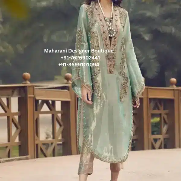 Royal Sage Green Hand Embroidered Kaftan Kurta Set Refresh your ethnic wardrobe with the Royal Sage Green Hand Embroidered Kaftan Kurta Set, a luxurious designer outfit created for women who appreciate timeless elegance and premium craftsmanship. Moreover, this sophisticated ensemble features intricate hand embroidery, flowing kaftan-inspired sleeves, a graceful straight-cut silhouette, and coordinated trousers, making it an exceptional choice for weddings, festive celebrations, receptions, and formal occasions. The soft sage green colour creates a refined and graceful look. Furthermore, the detailed embroidery around the neckline, sleeves, borders, and front panel showcases the beauty of traditional craftsmanship while adding a modern boutique finish. As a result, this outfit offers the perfect balance of luxury, comfort, and elegance. Whether you're attending a wedding in London, celebrating Eid in Toronto, or dressing for an engagement ceremony in New York, this designer kaftan suit helps you make a lasting impression. Premium Hand Embroidery The beauty of this designer outfit lies in its intricate handcrafted embroidery. Additionally, experienced artisans carefully create elegant floral and traditional motifs that enhance the overall appearance without overwhelming the design. In addition, the embroidery extends across the neckline, front panel, sleeves, cuffs, and borders to create a coordinated and luxurious finish. Therefore, every detail reflects boutique-quality craftsmanship. Elegant Kaftan-Inspired Design The flowing kaftan sleeves add effortless elegance while ensuring comfort throughout the day. Features Elegant V-neckline Hand embroidery Flowing kaftan sleeves Straight-cut silhouette Premium boutique stitching Lightweight luxurious fabric Comfortable fit Furthermore, the relaxed silhouette provides graceful movement, making this outfit ideal for long celebrations and formal events. Designer Trouser The coordinated trousers perfectly complement the embroidered kurta. Features Comfortable tailored fit Premium fabric Elegant finish Lightweight construction Easy movement Consequently, the complete outfit offers both sophistication and all-day comfort. Perfect for Every Occasion This luxury designer outfit is perfect for: Wedding Functions Reception Parties Engagement Ceremonies Mehndi Sangeet Eid Celebrations Diwali Karwa Chauth Raksha Bandhan Family Gatherings Anniversary Celebrations Cocktail Parties Destination Weddings Cultural Events Luxury Festive Wear Finally, its timeless elegance ensures that you feel confident and stylish wherever you go. Style It Beautifully Pair this elegant outfit with: Kundan jewellery Pearl necklace Statement earrings Embroidered heels Designer clutch Soft glam makeup Loose curls or a sleek bun Likewise, choosing minimal accessories allows the intricate embroidery to remain the focal point of your look. Why You'll Love This Outfit Elegant sage green colour Premium hand embroidery Modern kaftan silhouette Boutique-quality craftsmanship Comfortable all-day wear Lightweight luxury fabric Perfect for weddings and festive occasions Worldwide shipping available Perfect for Customers in the UK, USA & Canada Designed for women who appreciate premium ethnic fashion, this kaftan suit is an excellent choice for customers searching for designer Indian outfits in the UK, luxury ethnic wear in the USA, and boutique festive clothing in Canada. Moreover, its versatile design makes it suitable for multicultural weddings, festive celebrations, and elegant evening events. Care Instructions Dry clean only Steam iron on low heat Store in a garment bag Protect embroidered areas during storage Avoid bleach and harsh detergents Why Choose Maharani Designer Boutique? At Maharani Designer Boutique, we create luxury ethnic wear that celebrates timeless craftsmanship and modern elegance. Moreover, every outfit is crafted using premium fabrics, intricate embroidery, and expert tailoring to ensure exceptional quality. We proudly serve customers across the UK, USA, Canada, Australia, and Europe, helping women celebrate every special occasion with confidence and style. Sage Green Kaftan Suit, Designer Kaftan Kurta Set, Hand Embroidered Kaftan Suit, Luxury Ethnic Wear, Party Wear Kurta Set, Wedding Guest Outfit, Boutique Designer Suit, Indian Boutique UK, Indian Boutique USA, Indian Boutique Canada, Festive Wear for Women, Embroidered Kurta Set, Designer Ethnic Clothing, Luxury Kaftan Outfit, Maharani Designer Boutique.