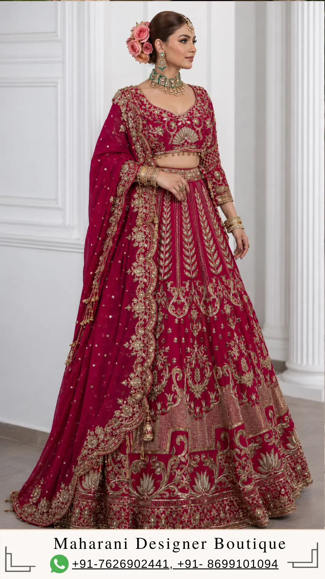Maroon Bridal Lehenga with Heavy Gold Embroidery Make a regal statement on your special occasion with Maroon Bridal Lehenga with Heavy Gold Embroidery , a luxurious wine maroon bridal lehenga designed for women who appreciate traditional Indian craftsmanship, elaborate embroidery, and timeless bridal elegance. This breathtaking designer lehenga features a deep wine-maroon base enriched with intricate gold-toned embroidery, an ornate full-sleeved blouse, a beautifully flared lehenga skirt, and a matching embellished dupatta. The rich jewel-toned colour creates an instantly luxurious appearance, while the extensive embroidery adds depth, grandeur, and sophistication. The ensemble showcases elaborate botanical and floral-inspired motifs arranged throughout the blouse, skirt, borders, and dupatta. Intricate leafy patterns, ornamental flourishes, traditional motifs, and detailed borders create a richly layered visual effect. The blouse features a graceful neckline, fitted silhouette, and full sleeves decorated with coordinated embroidery. The lehenga skirt opens into a dramatic flare, with vertical leafy motifs and elaborate ornamental patterns flowing down the fabric. Multiple heavily embroidered borders complete the hem, giving the skirt a regal and couture-inspired finish. The matching wine-maroon dupatta adds another layer of luxury. Its ornate gold border, scattered embellishments, and intricate decorative motifs complement the lehenga beautifully. Created for brides, close family members, and women attending grand celebrations, Ruhani Gulab is an ideal choice for weddings, receptions, engagement ceremonies, sangeet celebrations, and formal Indian occasions. A Rich Wine-Maroon Colour The deep wine-maroon shade is the foundation of this ensemble and gives it its powerful bridal character. Maroon and wine tones have long been associated with luxury, celebration, sophistication, and traditional Indian bridal fashion. Compared with brighter reds, a deep wine-maroon shade offers a more mature and dramatic interpretation of bridal dressing. The rich colour creates a beautiful background for the gold embroidery. Every gold motif becomes more prominent against the deep base, allowing the intricate craftsmanship to remain visible from both a distance and up close. This colour palette is particularly beautiful for evening weddings and receptions, where warm lighting enhances the depth of the maroon fabric and allows the gold detailing to create a luminous effect. For brides who want a traditional bridal colour with a sophisticated contemporary personality, wine maroon offers an elegant alternative to classic bright red. Heavily Embroidered Designer Blouse The blouse is one of the most striking components of the ensemble. Designed in the same deep wine-maroon shade as the lehenga, the blouse is covered with intricate gold-toned embroidery. The neckline features elaborate floral and ornamental detailing that creates a beautiful frame around the face and neck. The embroidery extends naturally across the bodice, creating a richly decorated appearance. A central ornamental motif adds definition to the front of the blouse, while surrounding floral and leafy patterns create balance. The full sleeves are also heavily embroidered, continuing the same design language from the bodice. This creates a seamless appearance from the neckline to the cuffs. The fitted blouse provides structure against the flowing volume of the lehenga skirt, creating a balanced bridal silhouette. The combination of a fitted embroidered blouse and dramatically flared skirt gives the ensemble a classic couture-inspired appearance. Elegant Full-Sleeved Silhouette The full sleeves give this bridal blouse a sophisticated and timeless character. Instead of using a heavily embellished sleeveless or short-sleeved design, the long sleeves create a more regal appearance. The embroidery extends throughout the sleeves, with ornate floral motifs and delicate decorative elements placed across the fabric. This makes the blouse particularly attractive in close-up photographs. The sleeves also work beautifully with traditional bridal jewellery, including bangles, bracelets, and statement rings. The full-sleeved design can create an elegant and polished appearance for winter weddings, formal receptions, and grand evening celebrations. Intricate Gold Embroidery Gold embroidery is the visual language that connects the entire ensemble. The design incorporates multiple layers of ornamental detailing rather than relying on one repeated motif. Floral patterns, leaves, scrolling vines, traditional decorative elements, and geometric-inspired borders are carefully arranged throughout the lehenga. The embroidery becomes increasingly elaborate toward the lower portion of the skirt. This creates a beautiful sense of progression. The upper section features vertically arranged motifs that elongate the silhouette, while the lower portion becomes richer with multiple layers of ornate borders. This approach gives the lehenga a sophisticated couture appearance and ensures that every section of the outfit contributes to the overall design. Statement Lehenga Skirt The lehenga skirt is the centrepiece of Ruhani Gulab. Its full, flowing silhouette creates dramatic volume and movement. The deep wine-maroon fabric provides a rich foundation for the extensive gold embroidery. One of the most distinctive details is the arrangement of elongated leafy motifs running vertically across the upper and middle sections of the skirt. These motifs create a flattering visual direction and help emphasise the length of the silhouette. Between the larger motifs, smaller floral and ornamental details add texture. As the eye moves downward, the embroidery becomes progressively more elaborate. This creates a beautifully decorated lower section that gives the skirt a regal and luxurious appearance. Elaborate Multi-Layered Hem The hemline is one of the most heavily decorated sections of the lehenga. Several layers of gold embroidery create a broad, statement border around the bottom. Floral and lotus-inspired motifs appear alongside scrolling ornamental patterns, creating a traditional Indian aesthetic. Additional geometric and patterned borders add definition between the different sections. The multiple layers of embroidery create a strong finishing line around the skirt and give the lehenga a beautifully structured appearance. When the skirt moves, the decorated hem catches attention and creates a dramatic visual effect. This makes the lehenga especially suitable for bridal entrances, stage photographs, full-length portraits, and wedding ceremonies. Ornate Wine-Maroon Dupatta The matching dupatta completes the ensemble. Designed in the same rich wine-maroon tone, the dupatta creates a cohesive look from head to toe. Its border is heavily decorated with intricate gold embroidery. Floral and ornamental motifs extend along the border, creating a beautiful frame around the fabric. Scattered embellishments across the body of the dupatta add additional sparkle and ensure that it does not appear plain when draped. The dupatta can be styled traditionally over the head for a bridal ceremony or draped over one shoulder for a contemporary reception look. Its ornate border becomes especially prominent when arranged across the front of the body. Traditional Bridal Aesthetic Ruhani Gulab embraces the timeless language of Indian bridal fashion. Rich colour. Gold embroidery. A full flared lehenga. A heavily embellished blouse. A statement dupatta. Together, these elements create a bridal ensemble with a strong traditional identity. At the same time, the detailed placement of the embroidery and structured silhouette give the design a contemporary couture feel. This balance makes the outfit appropriate for brides who want traditional Indian wedding clothing without sacrificing modern sophistication. Perfect for Bridal Weddings This designer lehenga is particularly suited to bridal celebrations. Its rich wine-maroon colour and elaborate gold detailing create the grandeur expected from a bridal ensemble. It can be styled for: Wedding ceremonies Bridal receptions Engagement celebrations Sangeet functions Pre-wedding celebrations Formal wedding dinners Destination weddings Family wedding events Traditional ceremonies Luxury receptions For the bride, the outfit can be paired with elaborate jewellery and a traditional dupatta drape. For a close family member, the jewellery can be kept lighter to create a sophisticated formal look. Ideal for Evening Weddings The deep maroon and gold colour combination is particularly effective for evening events. Under warm wedding lighting, the gold embroidery can create a luminous appearance against the dark base. This makes the ensemble an excellent choice for evening wedding ceremonies, receptions, and formal celebrations. For evening styling, pair it with statement jewellery, a metallic clutch, and a polished hairstyle. The result is a dramatic yet elegant bridal appearance. Engagement and Reception Styling Although the ensemble has a bridal character, it can also be styled beautifully for an engagement or reception. For an engagement, choose a sophisticated choker, large earrings, and a sleek hairstyle. For a reception, statement jewellery and a glamorous makeup look can enhance the richness of the maroon and gold palette. If you want a more contemporary appearance, wear the dupatta over one shoulder and allow the blouse embroidery to remain clearly visible. Jewellery Styling The richness of the outfit provides the perfect foundation for traditional bridal jewellery. For a classic bridal appearance, pair the lehenga with: A statement choker Long layered necklace Traditional jhumkas Maang tikka Nath Bangles Bridal rings Gold-toned jewellery complements the embroidery naturally. Kundan-inspired, polki-inspired, or antique-finish jewellery can also create a regal appearance. For a more contemporary reception look, choose one statement choker with large earrings and keep the remaining jewellery minimal. Hairstyle Suggestions A traditional centre-parted bun is an excellent choice for this lehenga. The bun can be decorated with fresh flowers, traditional hair accessories, or jewellery. This hairstyle works particularly well with a maang tikka and keeps the neckline and earrings visible. For a more contemporary reception look, soft waves or a polished low bun can create an elegant contrast with the heavily embroidered outfit. If the dupatta is styled over the head, a neat bun provides a clean and balanced foundation. Makeup Suggestions The deep wine-maroon colour pairs beautifully with warm and glamorous makeup. For the eyes, choose gold, bronze, champagne, or warm brown tones. Defined eyeliner and softly sculpted brows can enhance the traditional bridal appearance. A luminous complexion works beautifully with the reflective quality of gold embroidery. For the lips, choose a deep rose, berry, wine, classic red, or muted nude depending on the desired intensity. For a traditional bridal look, a deeper lip can complement the rich colour of the lehenga. For a contemporary reception look, a softer rose or nude lip can create more balance. Perfect for Sangeet Celebrations The full lehenga silhouette creates beautiful movement, making it suitable for sangeet celebrations. The flared skirt can move gracefully while walking, posing, and dancing. For a sangeet, the dupatta can be draped securely over one shoulder. Pair it with statement earrings, a sleek hairstyle, and glamorous makeup for a sophisticated evening look. The gold embroidery will also photograph beautifully under event lighting. Destination Wedding Appeal The deep wine-maroon palette works beautifully against heritage architecture and luxurious wedding venues. Whether the wedding is held in a palace, heritage haveli, luxury hotel, resort, or traditional venue, the rich colour and gold detailing can create a dramatic visual effect. For destination weddings, style the outfit with traditional jewellery and a structured clutch. The flowing skirt can also create beautiful movement in outdoor photographs. Photography-Friendly Design Every element of the lehenga contributes to its photographic appeal. The rich maroon base creates a dramatic foundation. The gold embroidery adds texture. The vertical leafy motifs create visual length. The elaborate hem creates a strong finishing line. The embroidered blouse provides detailed close-up moments. The ornate dupatta adds movement and another layer of visual interest. This makes the ensemble particularly suitable for bridal portraits, wedding entrances, family photographs, couple photographs, and reception photography. A Regal Silhouette for the Modern Bride Modern bridal fashion increasingly combines traditional craftsmanship with contemporary styling. Ruhani Gulab reflects this evolution. The design retains the classic elements of Indian bridal wear while using carefully arranged embroidery to create a polished and sophisticated appearance. The fitted blouse defines the upper body, while the flowing lehenga creates volume. The result is a balanced silhouette that feels feminine, elegant, and regal. Suitable for Close Family Members Although this design can make a beautiful bridal lehenga, it can also be styled for close family members. A bride's sister, cousin, sister-in-law, or close family member can wear the ensemble for a formal wedding celebration. By reducing the jewellery and choosing a softer makeup look, the same outfit can become an elegant family-wedding ensemble. This versatility makes it suitable for women looking for luxurious Indian occasion wear beyond bridal dressing. Custom-Made Designer Lehenga At Maharani Designer Boutique, selected bridal and occasion-wear designs may be customised or made to measure according to individual requirements. Customers can discuss measurements, blouse fitting, neckline preferences, sleeve requirements, dupatta styling, and other possible design adjustments depending on the selected product. If you are ordering the outfit for a wedding, sharing the event date in advance is recommended. Heavily embroidered bridal garments require careful craftsmanship, construction, and finishing, so production timelines may vary depending on the design and level of customisation. A Timeless Bridal Investment A bridal lehenga often becomes more than just clothing. It becomes part of the memories, photographs, celebrations, and traditions associated with one of life's most important occasions. The rich wine-maroon and gold colour combination has a timeless quality that can remain beautiful long after current fashion trends change. The traditional motifs and ornate borders also give the outfit a classic character. With careful storage and professional cleaning, an elaborate designer lehenga can remain a treasured part of an occasion-wear wardrobe. Indian Luxury Fashion Luxury Indian clothing is defined by its craftsmanship, detailing, colour, and finishing. This ensemble brings those elements together through elaborate embroidery, a rich colour palette, a dramatic silhouette, and a coordinated dupatta. The extensive embroidery creates visual richness without requiring additional accessories to make the outfit feel complete. Jewellery can enhance the appearance, but the lehenga itself remains the primary statement piece. Care and Storage Due to the intricate embroidery and embellishment, careful handling is recommended. Store the lehenga in a clean, dry garment bag when not in use. Avoid placing heavy objects over embroidered areas. The dupatta should be folded carefully to help protect its embellished border. For cleaning, follow the instructions appropriate to the actual fabric and embellishment used in the finished garment. Professional cleaning is recommended for heavily embellished bridal wear. Indian Bridal Wear for Global Weddings Indian weddings are celebrated around the world, and brides increasingly seek authentic designer Indian clothing for celebrations outside India. This wine-maroon lehenga can be an excellent choice for weddings in Canada, the USA, the UK, Australia, New Zealand, and other international destinations. Its rich colour palette and traditional craftsmanship make it suitable for both Indian and multicultural wedding settings. Maharani Designer Boutique offers PAN India and worldwide shipping options for customers seeking premium Indian bridal and occasion wear. Why Choose Ruhani Gulab? Choose Ruhani Gulab if you are looking for: A wine-maroon bridal lehenga A deep maroon wedding lehenga Heavy gold embroidered lehenga Traditional Indian bridal wear A designer wedding lehenga A full-sleeved embroidered blouse A heavily embellished bridal outfit A statement wedding dupatta A reception lehenga A sangeet lehenga A luxury Indian bridal outfit Custom-made bridal wear Premium designer ethnic wear The Beauty of Maroon and Gold Few colour combinations create the same sense of grandeur as maroon and gold. The deep wine tone creates depth and sophistication. Gold embroidery introduces warmth and luminosity. Together, they create a timeless Indian bridal palette. The combination works particularly well for women who want their wedding outfit to feel luxurious and traditional while retaining a sophisticated contemporary character. Final Look Ruhani Gulab is a regal celebration of deep colour, intricate craftsmanship, traditional motifs, and contemporary bridal elegance. The rich wine-maroon blouse features elaborate gold embroidery across the neckline, bodice, and full sleeves. The flared lehenga creates a dramatic silhouette, with vertical leafy motifs, delicate floral details, ornate scrolling patterns, and multiple layers of heavily embroidered borders. The matching dupatta completes the ensemble with an intricate gold border and scattered embellishments. Every element works together to create a luxurious bridal appearance that is designed for memorable celebrations. Whether you are a bride preparing for your wedding, a close family member attending a grand ceremony, or a woman searching for a statement lehenga for a reception or sangeet, Ruhani Gulab offers a sophisticated expression of Indian occasion wear. Discover designer bridal and festive fashion at Maharani Designer Boutique, where traditional Indian craftsmanship meets contemporary styling. For current availability, pricing, fabric details, measurements, customisation, production timelines, and shipping information, contact the boutique directly before placing your order. Maharani Designer Boutique Jalandhar, Punjab, India PAN India & Worldwide Shipping Product Highlights Rich wine-maroon bridal lehenga Heavy gold-toned embroidery Intricately embellished full-sleeved blouse Detailed embroidered neckline Ornamental central blouse motif All-over leafy and floral embroidery Dramatic flared lehenga silhouette Elaborate multi-layered lehenga border Traditional floral and ornamental motifs Matching wine-maroon embellished dupatta Heavy embroidered dupatta border Scattered dupatta embellishments Regal bridal colour palette Ideal for weddings and receptions Perfect for sangeet and engagement celebrations Suitable for close family wedding occasions Customisation may be available Made-to-measure options may be available PAN India and worldwide shipping Wine maroon bridal lehenga, maroon bridal lehenga, wine bridal lehenga, maroon designer lehenga, wine maroon lehenga online, bridal lehenga online, designer bridal lehenga, heavy bridal lehenga, heavy embroidered lehenga, gold embroidered lehenga, maroon wedding lehenga, maroon lehenga for bride, wine lehenga for wedding, designer wedding lehenga, Indian bridal lehenga, luxury bridal lehenga, full sleeve bridal lehenga, embroidered bridal blouse, bridal lehenga with dupatta, reception lehenga, sangeet lehenga, engagement lehenga, wedding guest lehenga, royal bridal lehenga, traditional bridal wear, Indian wedding outfit, designer ethnic wear, luxury Indian clothing, designer lehenga India, bridal lehenga Jalandhar, boutique bridal lehenga, Maharani Designer Boutique.