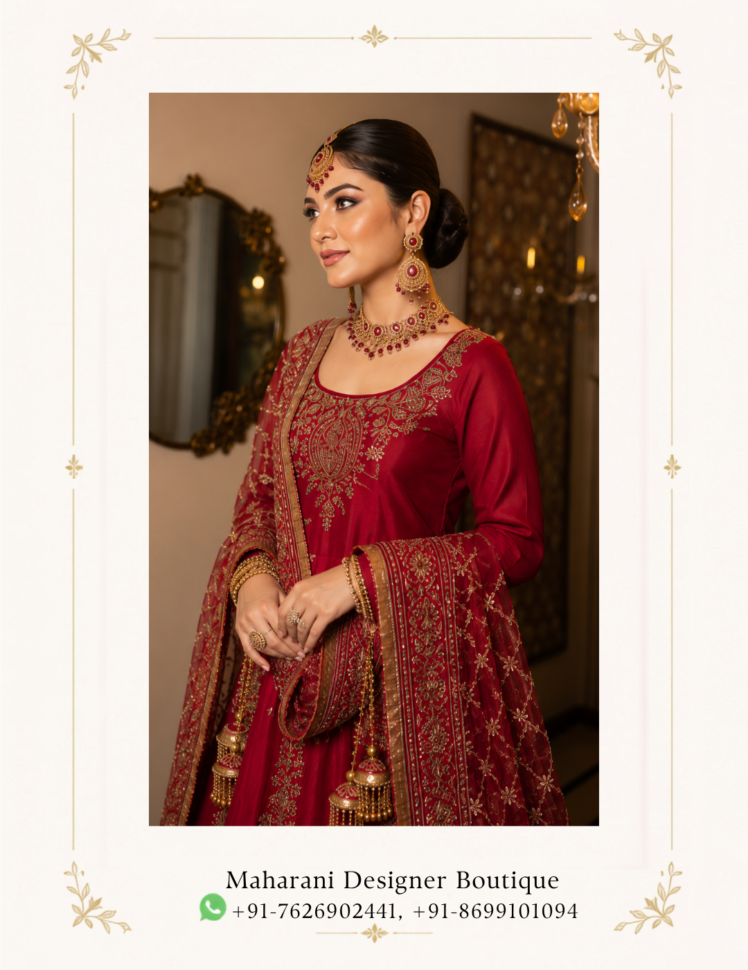 Ruhani Riwaaz Maroon Royal Anarkali Suit by Maharani Designer Boutique Make a graceful statement at your next celebration with the Ruhani Riwaaz Maroon Royal Embroidered Anarkali Suit, an exquisite Indian ethnic ensemble designed for women who appreciate rich colours, traditional artistry and sophisticated occasion wear. Created for Maharani Designer Boutique, this regal maroon outfit showcases an elegant floor-length Anarkali silhouette enhanced with intricate gold-toned embroidery and a beautifully coordinated embroidered dupatta. The deep maroon colour gives this ensemble a luxurious and timeless character, while the elaborate gold embroidery adds traditional Indian grandeur. From the detailed neckline and bodice to the ornate panels flowing down the Anarkali and the richly embellished hemline, every visible element contributes to a polished festive appearance. The matching maroon dupatta features an elaborate embroidered border and all-over decorative detailing, creating a beautifully coordinated look. Its graceful drape adds movement and dimension to the outfit while making it ideal for weddings, receptions, engagement celebrations, sangeet functions, festive gatherings and formal evening events. Whether you are searching for a maroon wedding suit, a heavy embroidered Anarkali suit, a designer party wear suit or a sophisticated outfit for a special celebration, the Ruhani Riwaaz ensemble offers a refined interpretation of traditional Indian fashion. Regal Maroon Colour Maroon is one of the most elegant shades in Indian occasion wear. Its deep, warm character creates an inherently luxurious appearance and pairs beautifully with gold embroidery. In the Ruhani Riwaaz design, the maroon base allows the ornate gold-toned motifs to become the visual focus. The result is a sophisticated colour combination that feels traditional while remaining highly versatile. The shade is especially beautiful for evening celebrations, where the richness of maroon complements formal décor, warm lighting and statement jewellery. It is also an excellent alternative for women who love traditional red but prefer a deeper, more sophisticated variation. Elegant Floor-Length Anarkali Silhouette The defining feature of this ensemble is its flowing Anarkali silhouette. The long, graceful shape creates an elegant vertical appearance, while the flared lower section provides beautiful movement as you walk. The silhouette is particularly effective for formal occasions because it combines the comfort and elegance of a traditional suit with the visual impact of a floor-length gown-inspired design. The embroidered vertical panels further enhance the appearance of the silhouette, creating a structured yet fluid look. The lower portion expands gracefully toward the hem, allowing the detailed embroidery to become increasingly prominent. This makes the outfit especially attractive for full-length photographs and formal portraits. Intricate Gold-Toned Embroidery The extensive embroidery gives this maroon Anarkali its luxurious character. Gold-toned ornamental motifs appear throughout the outfit, creating a rich decorative surface without losing the elegance of the maroon foundation. The embroidery around the neckline immediately draws attention toward the face, while the detailed bodice creates a refined focal point. Further motifs continue downward in carefully arranged vertical patterns. The lower section features particularly elaborate embroidery, including decorative borders and traditional-inspired ornamental forms. This layered placement gives the ensemble depth and allows the embroidery to remain visually balanced from neckline to hem. Beautifully Embroidered Neckline The neckline features concentrated embroidery that frames the upper portion of the Anarkali. The ornate detailing creates a natural focal point and works beautifully with traditional Indian jewellery. A statement choker can emphasize the neckline, while chandelier earrings can provide additional glamour. For a more traditional bridal-inspired appearance, the neckline can be paired with a layered necklace, maang tikka and coordinated bangles. For a reception or engagement event, statement earrings and a single elegant necklace can create a more contemporary finish. Detailed Bodice The bodice features elaborate gold-toned embroidery arranged across the maroon base. The decorative motifs create visual richness while maintaining the elegance of the overall silhouette. The embroidery extends across the front and works together with the sleeve detailing to create a cohesive upper section. This makes the outfit look beautifully finished even when the dupatta is styled over one shoulder. The concentrated detailing around the upper body also makes the ensemble particularly suitable for close-up photography. Embellished Sleeves The long sleeves continue the decorative language of the Anarkali. Intricate embroidery appears along the sleeve edges and cuffs, adding a refined finishing touch. The sleeve detailing also helps balance the heavily decorated lower section of the outfit. When paired with gold bangles or traditional bracelets, the embellished cuffs create an elegant transition between the sleeves and accessories. The full-length sleeve design makes the outfit suitable for formal evening occasions and traditional celebrations. Statement Embroidered Dupatta The coordinated dupatta completes the Ruhani Riwaaz ensemble. Designed in the same rich maroon shade, it carries elaborate gold-toned embroidery throughout the fabric. The border is particularly prominent, featuring a detailed decorative pattern that creates a luxurious frame around the dupatta. When draped over one shoulder, the embroidered border falls gracefully alongside the Anarkali. When styled over the head, it creates a more traditional and ceremonial appearance. The dupatta can also be arranged across both shoulders for formal photographs or family portraits. Its rich detailing ensures that the outfit maintains a luxurious appearance from every angle. Ornate Dupatta Border The border adds significant visual impact to the overall ensemble. Its intricate gold detailing coordinates with the embroidery on the Anarkali, creating a unified designer appearance. The border can be displayed prominently by draping the dupatta over one shoulder. Alternatively, a traditional head drape allows the border to frame the face and create a classic Indian occasion-wear look. The contrast between the deep maroon fabric and gold embroidery makes the border especially eye-catching. Perfect Maroon Wedding Suit The Ruhani Riwaaz Anarkali is an excellent option for weddings and formal family celebrations. Its deep maroon shade has the richness expected from traditional wedding clothing, while the flowing silhouette provides a contemporary elegance. Wear it to a wedding reception with statement jewellery and embellished footwear. For a family wedding, pair it with a traditional necklace, jhumkas and bangles. For an evening celebration, a gold clutch and sophisticated hairstyle can elevate the look further. Ideal for Bridal and Festive Occasions This design can be styled for several important celebrations. Wedding Reception The rich maroon colour and extensive embroidery create an elegant reception look. Engagement For an engagement ceremony, style it with refined jewellery and a polished hairstyle. Sangeet The flowing Anarkali silhouette offers beautiful movement during photographs and celebrations. Mehndi Pair it with traditional jewellery or contrasting accessories for a festive appearance. Family Functions Its classic colour and versatile silhouette make it suitable for formal family gatherings. Festive Celebrations The gold embroidery adds a celebratory quality that works beautifully for festive occasions. Designer Party Wear Suit Women looking for an elegant designer party wear suit can choose the Ruhani Riwaaz ensemble for its sophisticated silhouette and elaborate embroidery. Unlike a simple everyday suit, this design is intended to create a statement appearance. The floor-length silhouette gives it a gown-like presence, while the traditional embroidery retains the character of Indian ethnic wear. It is therefore an excellent choice when you want the sophistication of contemporary formal fashion combined with the beauty of traditional Indian craftsmanship. Heavy Embroidered Anarkali Suit The extensive embroidery makes this a strong choice for women searching for a heavy embroidered Anarkali suit. The embroidery is distributed across the neckline, bodice, sleeves, vertical panels, hem and dupatta. This creates an immersive decorative effect rather than concentrating all the detailing in one area. The result is an ensemble that looks elaborate and luxurious from head to toe. Maroon Anarkali Suit for Wedding A maroon Anarkali is a versatile alternative to traditional bright-red wedding outfits. The deeper shade provides a mature and sophisticated aesthetic while remaining festive. The gold detailing adds brightness and ensures that the overall appearance remains celebratory. Pair the ensemble with gold jewellery, warm makeup and metallic footwear for a classic wedding look. Styling with Jewellery The ornate embroidery provides plenty of opportunities for jewellery styling. Gold Choker A gold choker complements the decorated neckline and gives the ensemble a regal finish. Kundan-Inspired Jewellery Kundan-inspired pieces work particularly well with maroon and gold colour combinations. Polki-Inspired Necklace For a grand wedding appearance, a statement necklace can enhance the royal character. Jhumkas Traditional jhumkas or chandelier earrings provide an elegant Indian finishing touch. Maang Tikka A maang tikka can transform the outfit into a more traditional bridal-inspired look. Bangles Gold or maroon bangles coordinate naturally with the embroidery. Statement Rings One or two statement rings can add detail without overwhelming the ensemble. Hair Styling Ideas The flowing Anarkali works with numerous hairstyles. Low Bun A polished low bun creates a classic formal appearance and allows the earrings and neckline to remain visible. Centre-Parted Bun A centre-parted bun paired with a maang tikka creates a traditional Indian aesthetic. Soft Waves Loose waves provide a modern contrast to the heavily embroidered outfit. Side-Swept Curls Side-swept curls create a glamorous evening appearance. Floral Bun For weddings and festive celebrations, fresh or decorative flowers can be added to a traditional bun. Makeup Suggestions The rich maroon shade works particularly well with warm and elegant makeup. Consider pairing the ensemble with: Defined eyeliner Soft gold or bronze eyeshadow Warm-toned blush Subtle highlighter Defined brows Maroon, berry or rose-toned lipstick For a daytime celebration, softer makeup can keep the appearance fresh. For an evening reception, stronger eye definition and a deeper lip colour can complement the richness of the outfit. Footwear Styling Choose footwear that complements the formal character of the ensemble. Suitable options include: Gold heels Metallic sandals Maroon embellished heels Traditional juttis Embroidered mojaris Neutral formal heels For longer Anarkali silhouettes, footwear should be selected according to the desired height and comfort. Clutch and Handbag Pairing A coordinated clutch can complete the look. Gold and metallic clutches are particularly suitable because they echo the embroidery. A maroon embellished clutch creates a monochromatic appearance. For a more traditional styling approach, a decorative potli bag can add an Indian festive touch. For contemporary events, a structured metallic clutch can provide an elegant modern contrast. How to Style the Dupatta The dupatta can be styled according to the occasion. One-Shoulder Drape Drape it over one shoulder to highlight the embroidered border and create a sophisticated silhouette. Head Drape Place the dupatta over the head for weddings and traditional ceremonies. Two-Shoulder Drape Allow it to fall across both shoulders for a more formal and symmetrical appearance. Front Drape Bring the embroidered border toward the front to showcase its detailing in photographs. A Sophisticated Alternative to Traditional Red Maroon provides the visual richness of traditional bridal colours while offering a slightly deeper and more refined character. The combination of maroon and gold is timeless in Indian fashion. It works especially well for women who want an outfit that looks traditional without relying on a bright-red colour palette. The Ruhani Riwaaz design takes this classic combination and applies it to an elegant Anarkali silhouette. Photography-Friendly Design The detailed embroidery makes the ensemble particularly suitable for photography. The neckline and bodice provide visual interest in close-up portraits. The long embroidered panels create beautiful vertical lines in full-length photographs. The richly detailed hem becomes a focal point when the Anarkali is photographed in motion. The dupatta can also be arranged creatively to display its ornate border. For wedding photography, traditional jewellery and a head-draped dupatta can create a timeless bridal-inspired composition. Daytime Styling For a daytime wedding or festive celebration, keep the accessories balanced. Choose delicate gold jewellery, soft makeup and comfortable footwear. Allow the maroon colour and embroidery to remain the main focus. A simple hairstyle with soft waves can make the outfit feel elegant without appearing overly formal. Evening Styling For an evening reception or formal wedding, embrace the richness of the design. Choose statement earrings, a gold necklace, bangles and an embellished clutch. A sleek bun or polished waves can complement the floor-length silhouette. Warm lighting will beautifully emphasize the gold-toned embroidery against the maroon base. Why Choose the Ruhani Riwaaz Anarkali? The Ruhani Riwaaz Maroon Royal Anarkali Suit combines traditional Indian aesthetics with a graceful contemporary silhouette. Key Highlights Rich maroon colour Floor-length Anarkali silhouette Extensive gold-toned embroidery Embroidered neckline Detailed sleeves Elaborately decorated lower hem Coordinated embroidered dupatta Rich decorative dupatta border Suitable for weddings and receptions Ideal for festive and formal occasions Elegant choice for women seeking statement ethnic wear The coordinated detailing across the complete ensemble creates a polished appearance suitable for important celebrations. Maharani Designer Boutique Maharani Designer Boutique brings together elegant Indian ethnic fashion and statement occasion wear for women who want memorable outfits for their most important celebrations. The Ruhani Riwaaz Maroon Royal Anarkali Suit reflects a timeless approach to Indian occasion wear through its deep maroon colour, elaborate gold-toned embroidery and flowing silhouette. Whether you are attending a wedding, reception, engagement, sangeet, mehndi or festive gathering, this ensemble provides a sophisticated foundation for creating your own personal styling story. Its classic maroon-and-gold palette allows it to work with traditional jewellery, contemporary accessories and a wide range of festive styling choices. The flowing Anarkali silhouette offers the visual grandeur of formal occasion wear while maintaining the recognizable character of Indian ethnic fashion. Product Details Product Name: Ruhani Riwaaz Maroon Royal Embroidered Anarkali Suit Brand: Maharani Designer Boutique Category: Designer Anarkali Suit Colour: Maroon Embroidery: Gold-toned decorative embroidery Silhouette: Floor-length flared Anarkali Dupatta: Matching maroon embroidered dupatta with ornate border Style: Royal Indian / Traditional Contemporary Occasions: Wedding, Reception, Engagement, Sangeet, Mehndi, Festive Events and Party Wear Important: Exact fabric composition, measurements, lining, customization, embroidery technique and accessories included should be confirmed with Maharani Designer Boutique before purchase, as these details cannot be reliably determined from the image alone. Care & Storage To preserve the appearance of an embroidered occasion-wear ensemble, handle the garment carefully. Keep the Anarkali and dupatta in a clean, breathable garment bag when stored. Avoid prolonged exposure to direct sunlight. Keep the outfit away from moisture, rough surfaces and products such as perfume or hairspray that may come into direct contact with the fabric. When transporting the outfit, fold it carefully and protect heavily embroidered areas from unnecessary friction. The dupatta should also be stored carefully so that its decorative border does not become snagged. For cleaning, follow the care instructions supplied with the actual garment. Depending on the final fabric and embellishment construction, professional cleaning may be appropriate. SEO Keyword Suggestions maroon anarkali suit, maroon anarkali suit for wedding, maroon wedding suit, maroon wedding suit for women, maroon designer suit, maroon designer Anarkali, maroon heavy suit, maroon heavy embroidered suit, maroon embroidered suit, maroon party wear suit, maroon party wear Anarkali, maroon bridal suit, maroon bridal Anarkali, maroon wedding Anarkali suit, maroon Indian suit, maroon ethnic wear, maroon ethnic suit, maroon festive suit, maroon festive wear, maroon gold suit, maroon and gold Anarkali, maroon and gold wedding suit, gold embroidered maroon suit, heavy embroidery Anarkali suit, heavy embroidered Anarkali, designer Anarkali suit, designer Anarkali suit online, designer wedding suit, designer wedding wear, designer party wear suit, designer ethnic wear, luxury Anarkali suit, luxury Indian suit, royal Anarkali suit, royal wedding suit, royal maroon suit, royal Indian ethnic wear, traditional Anarkali suit, traditional Indian suit, traditional wedding wear, Indian wedding suit for women, Indian wedding wear, Indian party wear suit, Indian ethnic wear for women, wedding suits for women, wedding suit online, wedding Anarkali online, Anarkali suit online, Anarkali suit for women, embroidered Anarkali online, bridal party wear suit, reception suit for women, reception Anarkali suit, engagement Anarkali suit, sangeet suit for women, mehndi suit for women, festive Anarkali suit, evening party wear suit, heavy work suit for wedding, heavy work Anarkali, embroidered wedding suit, gold embroidery suit, maroon gold embroidered suit, maroon suit with dupatta, embroidered suit with dupatta, designer suit with dupatta, maroon dupatta suit, heavy dupatta suit, embroidered dupatta suit, royal dupatta suit, Indian designer suits, designer Indian clothing, premium Indian ethnic wear, luxury Indian fashion, Indian occasion wear, wedding occasion wear, festive Indian clothing, traditional Indian fashion, modern Indian ethnic wear, women ethnic fashion, bridal fashion India, Indian bridal fashion, wedding fashion India, Maharani Designer Boutique, Maharani Designer, Maharani Designer Boutique suit, Maharani Anarkali, Maharani wedding suit, Maharani designer suit, designer boutique India, Indian designer boutique, wedding suit boutique, Anarkali boutique, bridal boutique India, luxury wedding boutique, maroon suit boutique, maroon Anarkali boutique.