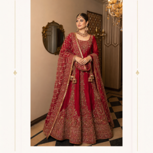 Ruhani Riwaaz Maroon Royal Anarkali Suit by Maharani Designer Boutique Make a graceful statement at your next celebration with the Ruhani Riwaaz Maroon Royal Embroidered Anarkali Suit, an exquisite Indian ethnic ensemble designed for women who appreciate rich colours, traditional artistry and sophisticated occasion wear. Created for Maharani Designer Boutique, this regal maroon outfit showcases an elegant floor-length Anarkali silhouette enhanced with intricate gold-toned embroidery and a beautifully coordinated embroidered dupatta. The deep maroon colour gives this ensemble a luxurious and timeless character, while the elaborate gold embroidery adds traditional Indian grandeur. From the detailed neckline and bodice to the ornate panels flowing down the Anarkali and the richly embellished hemline, every visible element contributes to a polished festive appearance. The matching maroon dupatta features an elaborate embroidered border and all-over decorative detailing, creating a beautifully coordinated look. Its graceful drape adds movement and dimension to the outfit while making it ideal for weddings, receptions, engagement celebrations, sangeet functions, festive gatherings and formal evening events. Whether you are searching for a maroon wedding suit, a heavy embroidered Anarkali suit, a designer party wear suit or a sophisticated outfit for a special celebration, the Ruhani Riwaaz ensemble offers a refined interpretation of traditional Indian fashion. Regal Maroon Colour Maroon is one of the most elegant shades in Indian occasion wear. Its deep, warm character creates an inherently luxurious appearance and pairs beautifully with gold embroidery. In the Ruhani Riwaaz design, the maroon base allows the ornate gold-toned motifs to become the visual focus. The result is a sophisticated colour combination that feels traditional while remaining highly versatile. The shade is especially beautiful for evening celebrations, where the richness of maroon complements formal décor, warm lighting and statement jewellery. It is also an excellent alternative for women who love traditional red but prefer a deeper, more sophisticated variation. Elegant Floor-Length Anarkali Silhouette The defining feature of this ensemble is its flowing Anarkali silhouette. The long, graceful shape creates an elegant vertical appearance, while the flared lower section provides beautiful movement as you walk. The silhouette is particularly effective for formal occasions because it combines the comfort and elegance of a traditional suit with the visual impact of a floor-length gown-inspired design. The embroidered vertical panels further enhance the appearance of the silhouette, creating a structured yet fluid look. The lower portion expands gracefully toward the hem, allowing the detailed embroidery to become increasingly prominent. This makes the outfit especially attractive for full-length photographs and formal portraits. Intricate Gold-Toned Embroidery The extensive embroidery gives this maroon Anarkali its luxurious character. Gold-toned ornamental motifs appear throughout the outfit, creating a rich decorative surface without losing the elegance of the maroon foundation. The embroidery around the neckline immediately draws attention toward the face, while the detailed bodice creates a refined focal point. Further motifs continue downward in carefully arranged vertical patterns. The lower section features particularly elaborate embroidery, including decorative borders and traditional-inspired ornamental forms. This layered placement gives the ensemble depth and allows the embroidery to remain visually balanced from neckline to hem. Beautifully Embroidered Neckline The neckline features concentrated embroidery that frames the upper portion of the Anarkali. The ornate detailing creates a natural focal point and works beautifully with traditional Indian jewellery. A statement choker can emphasize the neckline, while chandelier earrings can provide additional glamour. For a more traditional bridal-inspired appearance, the neckline can be paired with a layered necklace, maang tikka and coordinated bangles. For a reception or engagement event, statement earrings and a single elegant necklace can create a more contemporary finish. Detailed Bodice The bodice features elaborate gold-toned embroidery arranged across the maroon base. The decorative motifs create visual richness while maintaining the elegance of the overall silhouette. The embroidery extends across the front and works together with the sleeve detailing to create a cohesive upper section. This makes the outfit look beautifully finished even when the dupatta is styled over one shoulder. The concentrated detailing around the upper body also makes the ensemble particularly suitable for close-up photography. Embellished Sleeves The long sleeves continue the decorative language of the Anarkali. Intricate embroidery appears along the sleeve edges and cuffs, adding a refined finishing touch. The sleeve detailing also helps balance the heavily decorated lower section of the outfit. When paired with gold bangles or traditional bracelets, the embellished cuffs create an elegant transition between the sleeves and accessories. The full-length sleeve design makes the outfit suitable for formal evening occasions and traditional celebrations. Statement Embroidered Dupatta The coordinated dupatta completes the Ruhani Riwaaz ensemble. Designed in the same rich maroon shade, it carries elaborate gold-toned embroidery throughout the fabric. The border is particularly prominent, featuring a detailed decorative pattern that creates a luxurious frame around the dupatta. When draped over one shoulder, the embroidered border falls gracefully alongside the Anarkali. When styled over the head, it creates a more traditional and ceremonial appearance. The dupatta can also be arranged across both shoulders for formal photographs or family portraits. Its rich detailing ensures that the outfit maintains a luxurious appearance from every angle. Ornate Dupatta Border The border adds significant visual impact to the overall ensemble. Its intricate gold detailing coordinates with the embroidery on the Anarkali, creating a unified designer appearance. The border can be displayed prominently by draping the dupatta over one shoulder. Alternatively, a traditional head drape allows the border to frame the face and create a classic Indian occasion-wear look. The contrast between the deep maroon fabric and gold embroidery makes the border especially eye-catching. Perfect Maroon Wedding Suit The Ruhani Riwaaz Anarkali is an excellent option for weddings and formal family celebrations. Its deep maroon shade has the richness expected from traditional wedding clothing, while the flowing silhouette provides a contemporary elegance. Wear it to a wedding reception with statement jewellery and embellished footwear. For a family wedding, pair it with a traditional necklace, jhumkas and bangles. For an evening celebration, a gold clutch and sophisticated hairstyle can elevate the look further. Ideal for Bridal and Festive Occasions This design can be styled for several important celebrations. Wedding Reception The rich maroon colour and extensive embroidery create an elegant reception look. Engagement For an engagement ceremony, style it with refined jewellery and a polished hairstyle. Sangeet The flowing Anarkali silhouette offers beautiful movement during photographs and celebrations. Mehndi Pair it with traditional jewellery or contrasting accessories for a festive appearance. Family Functions Its classic colour and versatile silhouette make it suitable for formal family gatherings. Festive Celebrations The gold embroidery adds a celebratory quality that works beautifully for festive occasions. Designer Party Wear Suit Women looking for an elegant designer party wear suit can choose the Ruhani Riwaaz ensemble for its sophisticated silhouette and elaborate embroidery. Unlike a simple everyday suit, this design is intended to create a statement appearance. The floor-length silhouette gives it a gown-like presence, while the traditional embroidery retains the character of Indian ethnic wear. It is therefore an excellent choice when you want the sophistication of contemporary formal fashion combined with the beauty of traditional Indian craftsmanship. Heavy Embroidered Anarkali Suit The extensive embroidery makes this a strong choice for women searching for a heavy embroidered Anarkali suit. The embroidery is distributed across the neckline, bodice, sleeves, vertical panels, hem and dupatta. This creates an immersive decorative effect rather than concentrating all the detailing in one area. The result is an ensemble that looks elaborate and luxurious from head to toe. Maroon Anarkali Suit for Wedding A maroon Anarkali is a versatile alternative to traditional bright-red wedding outfits. The deeper shade provides a mature and sophisticated aesthetic while remaining festive. The gold detailing adds brightness and ensures that the overall appearance remains celebratory. Pair the ensemble with gold jewellery, warm makeup and metallic footwear for a classic wedding look. Styling with Jewellery The ornate embroidery provides plenty of opportunities for jewellery styling. Gold Choker A gold choker complements the decorated neckline and gives the ensemble a regal finish. Kundan-Inspired Jewellery Kundan-inspired pieces work particularly well with maroon and gold colour combinations. Polki-Inspired Necklace For a grand wedding appearance, a statement necklace can enhance the royal character. Jhumkas Traditional jhumkas or chandelier earrings provide an elegant Indian finishing touch. Maang Tikka A maang tikka can transform the outfit into a more traditional bridal-inspired look. Bangles Gold or maroon bangles coordinate naturally with the embroidery. Statement Rings One or two statement rings can add detail without overwhelming the ensemble. Hair Styling Ideas The flowing Anarkali works with numerous hairstyles. Low Bun A polished low bun creates a classic formal appearance and allows the earrings and neckline to remain visible. Centre-Parted Bun A centre-parted bun paired with a maang tikka creates a traditional Indian aesthetic. Soft Waves Loose waves provide a modern contrast to the heavily embroidered outfit. Side-Swept Curls Side-swept curls create a glamorous evening appearance. Floral Bun For weddings and festive celebrations, fresh or decorative flowers can be added to a traditional bun. Makeup Suggestions The rich maroon shade works particularly well with warm and elegant makeup. Consider pairing the ensemble with: Defined eyeliner Soft gold or bronze eyeshadow Warm-toned blush Subtle highlighter Defined brows Maroon, berry or rose-toned lipstick For a daytime celebration, softer makeup can keep the appearance fresh. For an evening reception, stronger eye definition and a deeper lip colour can complement the richness of the outfit. Footwear Styling Choose footwear that complements the formal character of the ensemble. Suitable options include: Gold heels Metallic sandals Maroon embellished heels Traditional juttis Embroidered mojaris Neutral formal heels For longer Anarkali silhouettes, footwear should be selected according to the desired height and comfort. Clutch and Handbag Pairing A coordinated clutch can complete the look. Gold and metallic clutches are particularly suitable because they echo the embroidery. A maroon embellished clutch creates a monochromatic appearance. For a more traditional styling approach, a decorative potli bag can add an Indian festive touch. For contemporary events, a structured metallic clutch can provide an elegant modern contrast. How to Style the Dupatta The dupatta can be styled according to the occasion. One-Shoulder Drape Drape it over one shoulder to highlight the embroidered border and create a sophisticated silhouette. Head Drape Place the dupatta over the head for weddings and traditional ceremonies. Two-Shoulder Drape Allow it to fall across both shoulders for a more formal and symmetrical appearance. Front Drape Bring the embroidered border toward the front to showcase its detailing in photographs. A Sophisticated Alternative to Traditional Red Maroon provides the visual richness of traditional bridal colours while offering a slightly deeper and more refined character. The combination of maroon and gold is timeless in Indian fashion. It works especially well for women who want an outfit that looks traditional without relying on a bright-red colour palette. The Ruhani Riwaaz design takes this classic combination and applies it to an elegant Anarkali silhouette. Photography-Friendly Design The detailed embroidery makes the ensemble particularly suitable for photography. The neckline and bodice provide visual interest in close-up portraits. The long embroidered panels create beautiful vertical lines in full-length photographs. The richly detailed hem becomes a focal point when the Anarkali is photographed in motion. The dupatta can also be arranged creatively to display its ornate border. For wedding photography, traditional jewellery and a head-draped dupatta can create a timeless bridal-inspired composition. Daytime Styling For a daytime wedding or festive celebration, keep the accessories balanced. Choose delicate gold jewellery, soft makeup and comfortable footwear. Allow the maroon colour and embroidery to remain the main focus. A simple hairstyle with soft waves can make the outfit feel elegant without appearing overly formal. Evening Styling For an evening reception or formal wedding, embrace the richness of the design. Choose statement earrings, a gold necklace, bangles and an embellished clutch. A sleek bun or polished waves can complement the floor-length silhouette. Warm lighting will beautifully emphasize the gold-toned embroidery against the maroon base. Why Choose the Ruhani Riwaaz Anarkali? The Ruhani Riwaaz Maroon Royal Anarkali Suit combines traditional Indian aesthetics with a graceful contemporary silhouette. Key Highlights Rich maroon colour Floor-length Anarkali silhouette Extensive gold-toned embroidery Embroidered neckline Detailed sleeves Elaborately decorated lower hem Coordinated embroidered dupatta Rich decorative dupatta border Suitable for weddings and receptions Ideal for festive and formal occasions Elegant choice for women seeking statement ethnic wear The coordinated detailing across the complete ensemble creates a polished appearance suitable for important celebrations. Maharani Designer Boutique Maharani Designer Boutique brings together elegant Indian ethnic fashion and statement occasion wear for women who want memorable outfits for their most important celebrations. The Ruhani Riwaaz Maroon Royal Anarkali Suit reflects a timeless approach to Indian occasion wear through its deep maroon colour, elaborate gold-toned embroidery and flowing silhouette. Whether you are attending a wedding, reception, engagement, sangeet, mehndi or festive gathering, this ensemble provides a sophisticated foundation for creating your own personal styling story. Its classic maroon-and-gold palette allows it to work with traditional jewellery, contemporary accessories and a wide range of festive styling choices. The flowing Anarkali silhouette offers the visual grandeur of formal occasion wear while maintaining the recognizable character of Indian ethnic fashion. Product Details Product Name: Ruhani Riwaaz Maroon Royal Embroidered Anarkali Suit Brand: Maharani Designer Boutique Category: Designer Anarkali Suit Colour: Maroon Embroidery: Gold-toned decorative embroidery Silhouette: Floor-length flared Anarkali Dupatta: Matching maroon embroidered dupatta with ornate border Style: Royal Indian / Traditional Contemporary Occasions: Wedding, Reception, Engagement, Sangeet, Mehndi, Festive Events and Party Wear Important: Exact fabric composition, measurements, lining, customization, embroidery technique and accessories included should be confirmed with Maharani Designer Boutique before purchase, as these details cannot be reliably determined from the image alone. Care & Storage To preserve the appearance of an embroidered occasion-wear ensemble, handle the garment carefully. Keep the Anarkali and dupatta in a clean, breathable garment bag when stored. Avoid prolonged exposure to direct sunlight. Keep the outfit away from moisture, rough surfaces and products such as perfume or hairspray that may come into direct contact with the fabric. When transporting the outfit, fold it carefully and protect heavily embroidered areas from unnecessary friction. The dupatta should also be stored carefully so that its decorative border does not become snagged. For cleaning, follow the care instructions supplied with the actual garment. Depending on the final fabric and embellishment construction, professional cleaning may be appropriate. SEO Keyword Suggestions maroon anarkali suit, maroon anarkali suit for wedding, maroon wedding suit, maroon wedding suit for women, maroon designer suit, maroon designer Anarkali, maroon heavy suit, maroon heavy embroidered suit, maroon embroidered suit, maroon party wear suit, maroon party wear Anarkali, maroon bridal suit, maroon bridal Anarkali, maroon wedding Anarkali suit, maroon Indian suit, maroon ethnic wear, maroon ethnic suit, maroon festive suit, maroon festive wear, maroon gold suit, maroon and gold Anarkali, maroon and gold wedding suit, gold embroidered maroon suit, heavy embroidery Anarkali suit, heavy embroidered Anarkali, designer Anarkali suit, designer Anarkali suit online, designer wedding suit, designer wedding wear, designer party wear suit, designer ethnic wear, luxury Anarkali suit, luxury Indian suit, royal Anarkali suit, royal wedding suit, royal maroon suit, royal Indian ethnic wear, traditional Anarkali suit, traditional Indian suit, traditional wedding wear, Indian wedding suit for women, Indian wedding wear, Indian party wear suit, Indian ethnic wear for women, wedding suits for women, wedding suit online, wedding Anarkali online, Anarkali suit online, Anarkali suit for women, embroidered Anarkali online, bridal party wear suit, reception suit for women, reception Anarkali suit, engagement Anarkali suit, sangeet suit for women, mehndi suit for women, festive Anarkali suit, evening party wear suit, heavy work suit for wedding, heavy work Anarkali, embroidered wedding suit, gold embroidery suit, maroon gold embroidered suit, maroon suit with dupatta, embroidered suit with dupatta, designer suit with dupatta, maroon dupatta suit, heavy dupatta suit, embroidered dupatta suit, royal dupatta suit, Indian designer suits, designer Indian clothing, premium Indian ethnic wear, luxury Indian fashion, Indian occasion wear, wedding occasion wear, festive Indian clothing, traditional Indian fashion, modern Indian ethnic wear, women ethnic fashion, bridal fashion India, Indian bridal fashion, wedding fashion India, Maharani Designer Boutique, Maharani Designer, Maharani Designer Boutique suit, Maharani Anarkali, Maharani wedding suit, Maharani designer suit, designer boutique India, Indian designer boutique, wedding suit boutique, Anarkali boutique, bridal boutique India, luxury wedding boutique, maroon suit boutique, maroon Anarkali boutique.