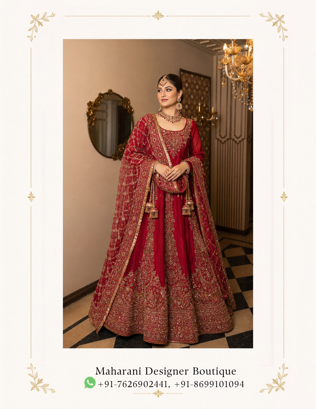 Ruhani Riwaaz Maroon Royal Anarkali Suit by Maharani Designer Boutique Make a graceful statement at your next celebration with the Ruhani Riwaaz Maroon Royal Embroidered Anarkali Suit, an exquisite Indian ethnic ensemble designed for women who appreciate rich colours, traditional artistry and sophisticated occasion wear. Created for Maharani Designer Boutique, this regal maroon outfit showcases an elegant floor-length Anarkali silhouette enhanced with intricate gold-toned embroidery and a beautifully coordinated embroidered dupatta. The deep maroon colour gives this ensemble a luxurious and timeless character, while the elaborate gold embroidery adds traditional Indian grandeur. From the detailed neckline and bodice to the ornate panels flowing down the Anarkali and the richly embellished hemline, every visible element contributes to a polished festive appearance. The matching maroon dupatta features an elaborate embroidered border and all-over decorative detailing, creating a beautifully coordinated look. Its graceful drape adds movement and dimension to the outfit while making it ideal for weddings, receptions, engagement celebrations, sangeet functions, festive gatherings and formal evening events. Whether you are searching for a maroon wedding suit, a heavy embroidered Anarkali suit, a designer party wear suit or a sophisticated outfit for a special celebration, the Ruhani Riwaaz ensemble offers a refined interpretation of traditional Indian fashion. Regal Maroon Colour Maroon is one of the most elegant shades in Indian occasion wear. Its deep, warm character creates an inherently luxurious appearance and pairs beautifully with gold embroidery. In the Ruhani Riwaaz design, the maroon base allows the ornate gold-toned motifs to become the visual focus. The result is a sophisticated colour combination that feels traditional while remaining highly versatile. The shade is especially beautiful for evening celebrations, where the richness of maroon complements formal décor, warm lighting and statement jewellery. It is also an excellent alternative for women who love traditional red but prefer a deeper, more sophisticated variation. Elegant Floor-Length Anarkali Silhouette The defining feature of this ensemble is its flowing Anarkali silhouette. The long, graceful shape creates an elegant vertical appearance, while the flared lower section provides beautiful movement as you walk. The silhouette is particularly effective for formal occasions because it combines the comfort and elegance of a traditional suit with the visual impact of a floor-length gown-inspired design. The embroidered vertical panels further enhance the appearance of the silhouette, creating a structured yet fluid look. The lower portion expands gracefully toward the hem, allowing the detailed embroidery to become increasingly prominent. This makes the outfit especially attractive for full-length photographs and formal portraits. Intricate Gold-Toned Embroidery The extensive embroidery gives this maroon Anarkali its luxurious character. Gold-toned ornamental motifs appear throughout the outfit, creating a rich decorative surface without losing the elegance of the maroon foundation. The embroidery around the neckline immediately draws attention toward the face, while the detailed bodice creates a refined focal point. Further motifs continue downward in carefully arranged vertical patterns. The lower section features particularly elaborate embroidery, including decorative borders and traditional-inspired ornamental forms. This layered placement gives the ensemble depth and allows the embroidery to remain visually balanced from neckline to hem. Beautifully Embroidered Neckline The neckline features concentrated embroidery that frames the upper portion of the Anarkali. The ornate detailing creates a natural focal point and works beautifully with traditional Indian jewellery. A statement choker can emphasize the neckline, while chandelier earrings can provide additional glamour. For a more traditional bridal-inspired appearance, the neckline can be paired with a layered necklace, maang tikka and coordinated bangles. For a reception or engagement event, statement earrings and a single elegant necklace can create a more contemporary finish. Detailed Bodice The bodice features elaborate gold-toned embroidery arranged across the maroon base. The decorative motifs create visual richness while maintaining the elegance of the overall silhouette. The embroidery extends across the front and works together with the sleeve detailing to create a cohesive upper section. This makes the outfit look beautifully finished even when the dupatta is styled over one shoulder. The concentrated detailing around the upper body also makes the ensemble particularly suitable for close-up photography. Embellished Sleeves The long sleeves continue the decorative language of the Anarkali. Intricate embroidery appears along the sleeve edges and cuffs, adding a refined finishing touch. The sleeve detailing also helps balance the heavily decorated lower section of the outfit. When paired with gold bangles or traditional bracelets, the embellished cuffs create an elegant transition between the sleeves and accessories. The full-length sleeve design makes the outfit suitable for formal evening occasions and traditional celebrations. Statement Embroidered Dupatta The coordinated dupatta completes the Ruhani Riwaaz ensemble. Designed in the same rich maroon shade, it carries elaborate gold-toned embroidery throughout the fabric. The border is particularly prominent, featuring a detailed decorative pattern that creates a luxurious frame around the dupatta. When draped over one shoulder, the embroidered border falls gracefully alongside the Anarkali. When styled over the head, it creates a more traditional and ceremonial appearance. The dupatta can also be arranged across both shoulders for formal photographs or family portraits. Its rich detailing ensures that the outfit maintains a luxurious appearance from every angle. Ornate Dupatta Border The border adds significant visual impact to the overall ensemble. Its intricate gold detailing coordinates with the embroidery on the Anarkali, creating a unified designer appearance. The border can be displayed prominently by draping the dupatta over one shoulder. Alternatively, a traditional head drape allows the border to frame the face and create a classic Indian occasion-wear look. The contrast between the deep maroon fabric and gold embroidery makes the border especially eye-catching. Perfect Maroon Wedding Suit The Ruhani Riwaaz Anarkali is an excellent option for weddings and formal family celebrations. Its deep maroon shade has the richness expected from traditional wedding clothing, while the flowing silhouette provides a contemporary elegance. Wear it to a wedding reception with statement jewellery and embellished footwear. For a family wedding, pair it with a traditional necklace, jhumkas and bangles. For an evening celebration, a gold clutch and sophisticated hairstyle can elevate the look further. Ideal for Bridal and Festive Occasions This design can be styled for several important celebrations. Wedding Reception The rich maroon colour and extensive embroidery create an elegant reception look. Engagement For an engagement ceremony, style it with refined jewellery and a polished hairstyle. Sangeet The flowing Anarkali silhouette offers beautiful movement during photographs and celebrations. Mehndi Pair it with traditional jewellery or contrasting accessories for a festive appearance. Family Functions Its classic colour and versatile silhouette make it suitable for formal family gatherings. Festive Celebrations The gold embroidery adds a celebratory quality that works beautifully for festive occasions. Designer Party Wear Suit Women looking for an elegant designer party wear suit can choose the Ruhani Riwaaz ensemble for its sophisticated silhouette and elaborate embroidery. Unlike a simple everyday suit, this design is intended to create a statement appearance. The floor-length silhouette gives it a gown-like presence, while the traditional embroidery retains the character of Indian ethnic wear. It is therefore an excellent choice when you want the sophistication of contemporary formal fashion combined with the beauty of traditional Indian craftsmanship. Heavy Embroidered Anarkali Suit The extensive embroidery makes this a strong choice for women searching for a heavy embroidered Anarkali suit. The embroidery is distributed across the neckline, bodice, sleeves, vertical panels, hem and dupatta. This creates an immersive decorative effect rather than concentrating all the detailing in one area. The result is an ensemble that looks elaborate and luxurious from head to toe. Maroon Anarkali Suit for Wedding A maroon Anarkali is a versatile alternative to traditional bright-red wedding outfits. The deeper shade provides a mature and sophisticated aesthetic while remaining festive. The gold detailing adds brightness and ensures that the overall appearance remains celebratory. Pair the ensemble with gold jewellery, warm makeup and metallic footwear for a classic wedding look. Styling with Jewellery The ornate embroidery provides plenty of opportunities for jewellery styling. Gold Choker A gold choker complements the decorated neckline and gives the ensemble a regal finish. Kundan-Inspired Jewellery Kundan-inspired pieces work particularly well with maroon and gold colour combinations. Polki-Inspired Necklace For a grand wedding appearance, a statement necklace can enhance the royal character. Jhumkas Traditional jhumkas or chandelier earrings provide an elegant Indian finishing touch. Maang Tikka A maang tikka can transform the outfit into a more traditional bridal-inspired look. Bangles Gold or maroon bangles coordinate naturally with the embroidery. Statement Rings One or two statement rings can add detail without overwhelming the ensemble. Hair Styling Ideas The flowing Anarkali works with numerous hairstyles. Low Bun A polished low bun creates a classic formal appearance and allows the earrings and neckline to remain visible. Centre-Parted Bun A centre-parted bun paired with a maang tikka creates a traditional Indian aesthetic. Soft Waves Loose waves provide a modern contrast to the heavily embroidered outfit. Side-Swept Curls Side-swept curls create a glamorous evening appearance. Floral Bun For weddings and festive celebrations, fresh or decorative flowers can be added to a traditional bun. Makeup Suggestions The rich maroon shade works particularly well with warm and elegant makeup. Consider pairing the ensemble with: Defined eyeliner Soft gold or bronze eyeshadow Warm-toned blush Subtle highlighter Defined brows Maroon, berry or rose-toned lipstick For a daytime celebration, softer makeup can keep the appearance fresh. For an evening reception, stronger eye definition and a deeper lip colour can complement the richness of the outfit. Footwear Styling Choose footwear that complements the formal character of the ensemble. Suitable options include: Gold heels Metallic sandals Maroon embellished heels Traditional juttis Embroidered mojaris Neutral formal heels For longer Anarkali silhouettes, footwear should be selected according to the desired height and comfort. Clutch and Handbag Pairing A coordinated clutch can complete the look. Gold and metallic clutches are particularly suitable because they echo the embroidery. A maroon embellished clutch creates a monochromatic appearance. For a more traditional styling approach, a decorative potli bag can add an Indian festive touch. For contemporary events, a structured metallic clutch can provide an elegant modern contrast. How to Style the Dupatta The dupatta can be styled according to the occasion. One-Shoulder Drape Drape it over one shoulder to highlight the embroidered border and create a sophisticated silhouette. Head Drape Place the dupatta over the head for weddings and traditional ceremonies. Two-Shoulder Drape Allow it to fall across both shoulders for a more formal and symmetrical appearance. Front Drape Bring the embroidered border toward the front to showcase its detailing in photographs. A Sophisticated Alternative to Traditional Red Maroon provides the visual richness of traditional bridal colours while offering a slightly deeper and more refined character. The combination of maroon and gold is timeless in Indian fashion. It works especially well for women who want an outfit that looks traditional without relying on a bright-red colour palette. The Ruhani Riwaaz design takes this classic combination and applies it to an elegant Anarkali silhouette. Photography-Friendly Design The detailed embroidery makes the ensemble particularly suitable for photography. The neckline and bodice provide visual interest in close-up portraits. The long embroidered panels create beautiful vertical lines in full-length photographs. The richly detailed hem becomes a focal point when the Anarkali is photographed in motion. The dupatta can also be arranged creatively to display its ornate border. For wedding photography, traditional jewellery and a head-draped dupatta can create a timeless bridal-inspired composition. Daytime Styling For a daytime wedding or festive celebration, keep the accessories balanced. Choose delicate gold jewellery, soft makeup and comfortable footwear. Allow the maroon colour and embroidery to remain the main focus. A simple hairstyle with soft waves can make the outfit feel elegant without appearing overly formal. Evening Styling For an evening reception or formal wedding, embrace the richness of the design. Choose statement earrings, a gold necklace, bangles and an embellished clutch. A sleek bun or polished waves can complement the floor-length silhouette. Warm lighting will beautifully emphasize the gold-toned embroidery against the maroon base. Why Choose the Ruhani Riwaaz Anarkali? The Ruhani Riwaaz Maroon Royal Anarkali Suit combines traditional Indian aesthetics with a graceful contemporary silhouette. Key Highlights Rich maroon colour Floor-length Anarkali silhouette Extensive gold-toned embroidery Embroidered neckline Detailed sleeves Elaborately decorated lower hem Coordinated embroidered dupatta Rich decorative dupatta border Suitable for weddings and receptions Ideal for festive and formal occasions Elegant choice for women seeking statement ethnic wear The coordinated detailing across the complete ensemble creates a polished appearance suitable for important celebrations. Maharani Designer Boutique Maharani Designer Boutique brings together elegant Indian ethnic fashion and statement occasion wear for women who want memorable outfits for their most important celebrations. The Ruhani Riwaaz Maroon Royal Anarkali Suit reflects a timeless approach to Indian occasion wear through its deep maroon colour, elaborate gold-toned embroidery and flowing silhouette. Whether you are attending a wedding, reception, engagement, sangeet, mehndi or festive gathering, this ensemble provides a sophisticated foundation for creating your own personal styling story. Its classic maroon-and-gold palette allows it to work with traditional jewellery, contemporary accessories and a wide range of festive styling choices. The flowing Anarkali silhouette offers the visual grandeur of formal occasion wear while maintaining the recognizable character of Indian ethnic fashion. Product Details Product Name: Ruhani Riwaaz Maroon Royal Embroidered Anarkali Suit Brand: Maharani Designer Boutique Category: Designer Anarkali Suit Colour: Maroon Embroidery: Gold-toned decorative embroidery Silhouette: Floor-length flared Anarkali Dupatta: Matching maroon embroidered dupatta with ornate border Style: Royal Indian / Traditional Contemporary Occasions: Wedding, Reception, Engagement, Sangeet, Mehndi, Festive Events and Party Wear Important: Exact fabric composition, measurements, lining, customization, embroidery technique and accessories included should be confirmed with Maharani Designer Boutique before purchase, as these details cannot be reliably determined from the image alone. Care & Storage To preserve the appearance of an embroidered occasion-wear ensemble, handle the garment carefully. Keep the Anarkali and dupatta in a clean, breathable garment bag when stored. Avoid prolonged exposure to direct sunlight. Keep the outfit away from moisture, rough surfaces and products such as perfume or hairspray that may come into direct contact with the fabric. When transporting the outfit, fold it carefully and protect heavily embroidered areas from unnecessary friction. The dupatta should also be stored carefully so that its decorative border does not become snagged. For cleaning, follow the care instructions supplied with the actual garment. Depending on the final fabric and embellishment construction, professional cleaning may be appropriate. SEO Keyword Suggestions maroon anarkali suit, maroon anarkali suit for wedding, maroon wedding suit, maroon wedding suit for women, maroon designer suit, maroon designer Anarkali, maroon heavy suit, maroon heavy embroidered suit, maroon embroidered suit, maroon party wear suit, maroon party wear Anarkali, maroon bridal suit, maroon bridal Anarkali, maroon wedding Anarkali suit, maroon Indian suit, maroon ethnic wear, maroon ethnic suit, maroon festive suit, maroon festive wear, maroon gold suit, maroon and gold Anarkali, maroon and gold wedding suit, gold embroidered maroon suit, heavy embroidery Anarkali suit, heavy embroidered Anarkali, designer Anarkali suit, designer Anarkali suit online, designer wedding suit, designer wedding wear, designer party wear suit, designer ethnic wear, luxury Anarkali suit, luxury Indian suit, royal Anarkali suit, royal wedding suit, royal maroon suit, royal Indian ethnic wear, traditional Anarkali suit, traditional Indian suit, traditional wedding wear, Indian wedding suit for women, Indian wedding wear, Indian party wear suit, Indian ethnic wear for women, wedding suits for women, wedding suit online, wedding Anarkali online, Anarkali suit online, Anarkali suit for women, embroidered Anarkali online, bridal party wear suit, reception suit for women, reception Anarkali suit, engagement Anarkali suit, sangeet suit for women, mehndi suit for women, festive Anarkali suit, evening party wear suit, heavy work suit for wedding, heavy work Anarkali, embroidered wedding suit, gold embroidery suit, maroon gold embroidered suit, maroon suit with dupatta, embroidered suit with dupatta, designer suit with dupatta, maroon dupatta suit, heavy dupatta suit, embroidered dupatta suit, royal dupatta suit, Indian designer suits, designer Indian clothing, premium Indian ethnic wear, luxury Indian fashion, Indian occasion wear, wedding occasion wear, festive Indian clothing, traditional Indian fashion, modern Indian ethnic wear, women ethnic fashion, bridal fashion India, Indian bridal fashion, wedding fashion India, Maharani Designer Boutique, Maharani Designer, Maharani Designer Boutique suit, Maharani Anarkali, Maharani wedding suit, Maharani designer suit, designer boutique India, Indian designer boutique, wedding suit boutique, Anarkali boutique, bridal boutique India, luxury wedding boutique, maroon suit boutique, maroon Anarkali boutique.