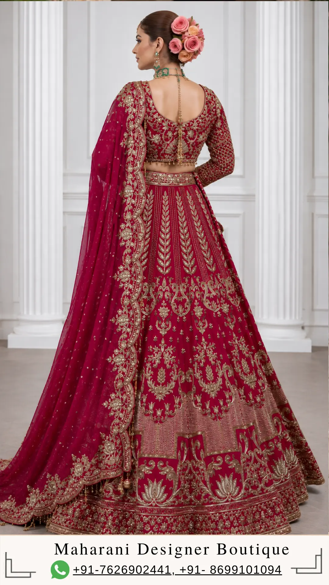 Maroon Bridal Lehenga with Heavy Gold Embroidery Make a regal statement on your special occasion with Maroon Bridal Lehenga with Heavy Gold Embroidery , a luxurious wine maroon bridal lehenga designed for women who appreciate traditional Indian craftsmanship, elaborate embroidery, and timeless bridal elegance. This breathtaking designer lehenga features a deep wine-maroon base enriched with intricate gold-toned embroidery, an ornate full-sleeved blouse, a beautifully flared lehenga skirt, and a matching embellished dupatta. The rich jewel-toned colour creates an instantly luxurious appearance, while the extensive embroidery adds depth, grandeur, and sophistication. The ensemble showcases elaborate botanical and floral-inspired motifs arranged throughout the blouse, skirt, borders, and dupatta. Intricate leafy patterns, ornamental flourishes, traditional motifs, and detailed borders create a richly layered visual effect. The blouse features a graceful neckline, fitted silhouette, and full sleeves decorated with coordinated embroidery. The lehenga skirt opens into a dramatic flare, with vertical leafy motifs and elaborate ornamental patterns flowing down the fabric. Multiple heavily embroidered borders complete the hem, giving the skirt a regal and couture-inspired finish. The matching wine-maroon dupatta adds another layer of luxury. Its ornate gold border, scattered embellishments, and intricate decorative motifs complement the lehenga beautifully. Created for brides, close family members, and women attending grand celebrations, Ruhani Gulab is an ideal choice for weddings, receptions, engagement ceremonies, sangeet celebrations, and formal Indian occasions. A Rich Wine-Maroon Colour The deep wine-maroon shade is the foundation of this ensemble and gives it its powerful bridal character. Maroon and wine tones have long been associated with luxury, celebration, sophistication, and traditional Indian bridal fashion. Compared with brighter reds, a deep wine-maroon shade offers a more mature and dramatic interpretation of bridal dressing. The rich colour creates a beautiful background for the gold embroidery. Every gold motif becomes more prominent against the deep base, allowing the intricate craftsmanship to remain visible from both a distance and up close. This colour palette is particularly beautiful for evening weddings and receptions, where warm lighting enhances the depth of the maroon fabric and allows the gold detailing to create a luminous effect. For brides who want a traditional bridal colour with a sophisticated contemporary personality, wine maroon offers an elegant alternative to classic bright red. Heavily Embroidered Designer Blouse The blouse is one of the most striking components of the ensemble. Designed in the same deep wine-maroon shade as the lehenga, the blouse is covered with intricate gold-toned embroidery. The neckline features elaborate floral and ornamental detailing that creates a beautiful frame around the face and neck. The embroidery extends naturally across the bodice, creating a richly decorated appearance. A central ornamental motif adds definition to the front of the blouse, while surrounding floral and leafy patterns create balance. The full sleeves are also heavily embroidered, continuing the same design language from the bodice. This creates a seamless appearance from the neckline to the cuffs. The fitted blouse provides structure against the flowing volume of the lehenga skirt, creating a balanced bridal silhouette. The combination of a fitted embroidered blouse and dramatically flared skirt gives the ensemble a classic couture-inspired appearance. Elegant Full-Sleeved Silhouette The full sleeves give this bridal blouse a sophisticated and timeless character. Instead of using a heavily embellished sleeveless or short-sleeved design, the long sleeves create a more regal appearance. The embroidery extends throughout the sleeves, with ornate floral motifs and delicate decorative elements placed across the fabric. This makes the blouse particularly attractive in close-up photographs. The sleeves also work beautifully with traditional bridal jewellery, including bangles, bracelets, and statement rings. The full-sleeved design can create an elegant and polished appearance for winter weddings, formal receptions, and grand evening celebrations. Intricate Gold Embroidery Gold embroidery is the visual language that connects the entire ensemble. The design incorporates multiple layers of ornamental detailing rather than relying on one repeated motif. Floral patterns, leaves, scrolling vines, traditional decorative elements, and geometric-inspired borders are carefully arranged throughout the lehenga. The embroidery becomes increasingly elaborate toward the lower portion of the skirt. This creates a beautiful sense of progression. The upper section features vertically arranged motifs that elongate the silhouette, while the lower portion becomes richer with multiple layers of ornate borders. This approach gives the lehenga a sophisticated couture appearance and ensures that every section of the outfit contributes to the overall design. Statement Lehenga Skirt The lehenga skirt is the centrepiece of Ruhani Gulab. Its full, flowing silhouette creates dramatic volume and movement. The deep wine-maroon fabric provides a rich foundation for the extensive gold embroidery. One of the most distinctive details is the arrangement of elongated leafy motifs running vertically across the upper and middle sections of the skirt. These motifs create a flattering visual direction and help emphasise the length of the silhouette. Between the larger motifs, smaller floral and ornamental details add texture. As the eye moves downward, the embroidery becomes progressively more elaborate. This creates a beautifully decorated lower section that gives the skirt a regal and luxurious appearance. Elaborate Multi-Layered Hem The hemline is one of the most heavily decorated sections of the lehenga. Several layers of gold embroidery create a broad, statement border around the bottom. Floral and lotus-inspired motifs appear alongside scrolling ornamental patterns, creating a traditional Indian aesthetic. Additional geometric and patterned borders add definition between the different sections. The multiple layers of embroidery create a strong finishing line around the skirt and give the lehenga a beautifully structured appearance. When the skirt moves, the decorated hem catches attention and creates a dramatic visual effect. This makes the lehenga especially suitable for bridal entrances, stage photographs, full-length portraits, and wedding ceremonies. Ornate Wine-Maroon Dupatta The matching dupatta completes the ensemble. Designed in the same rich wine-maroon tone, the dupatta creates a cohesive look from head to toe. Its border is heavily decorated with intricate gold embroidery. Floral and ornamental motifs extend along the border, creating a beautiful frame around the fabric. Scattered embellishments across the body of the dupatta add additional sparkle and ensure that it does not appear plain when draped. The dupatta can be styled traditionally over the head for a bridal ceremony or draped over one shoulder for a contemporary reception look. Its ornate border becomes especially prominent when arranged across the front of the body. Traditional Bridal Aesthetic Ruhani Gulab embraces the timeless language of Indian bridal fashion. Rich colour. Gold embroidery. A full flared lehenga. A heavily embellished blouse. A statement dupatta. Together, these elements create a bridal ensemble with a strong traditional identity. At the same time, the detailed placement of the embroidery and structured silhouette give the design a contemporary couture feel. This balance makes the outfit appropriate for brides who want traditional Indian wedding clothing without sacrificing modern sophistication. Perfect for Bridal Weddings This designer lehenga is particularly suited to bridal celebrations. Its rich wine-maroon colour and elaborate gold detailing create the grandeur expected from a bridal ensemble. It can be styled for: Wedding ceremonies Bridal receptions Engagement celebrations Sangeet functions Pre-wedding celebrations Formal wedding dinners Destination weddings Family wedding events Traditional ceremonies Luxury receptions For the bride, the outfit can be paired with elaborate jewellery and a traditional dupatta drape. For a close family member, the jewellery can be kept lighter to create a sophisticated formal look. Ideal for Evening Weddings The deep maroon and gold colour combination is particularly effective for evening events. Under warm wedding lighting, the gold embroidery can create a luminous appearance against the dark base. This makes the ensemble an excellent choice for evening wedding ceremonies, receptions, and formal celebrations. For evening styling, pair it with statement jewellery, a metallic clutch, and a polished hairstyle. The result is a dramatic yet elegant bridal appearance. Engagement and Reception Styling Although the ensemble has a bridal character, it can also be styled beautifully for an engagement or reception. For an engagement, choose a sophisticated choker, large earrings, and a sleek hairstyle. For a reception, statement jewellery and a glamorous makeup look can enhance the richness of the maroon and gold palette. If you want a more contemporary appearance, wear the dupatta over one shoulder and allow the blouse embroidery to remain clearly visible. Jewellery Styling The richness of the outfit provides the perfect foundation for traditional bridal jewellery. For a classic bridal appearance, pair the lehenga with: A statement choker Long layered necklace Traditional jhumkas Maang tikka Nath Bangles Bridal rings Gold-toned jewellery complements the embroidery naturally. Kundan-inspired, polki-inspired, or antique-finish jewellery can also create a regal appearance. For a more contemporary reception look, choose one statement choker with large earrings and keep the remaining jewellery minimal. Hairstyle Suggestions A traditional centre-parted bun is an excellent choice for this lehenga. The bun can be decorated with fresh flowers, traditional hair accessories, or jewellery. This hairstyle works particularly well with a maang tikka and keeps the neckline and earrings visible. For a more contemporary reception look, soft waves or a polished low bun can create an elegant contrast with the heavily embroidered outfit. If the dupatta is styled over the head, a neat bun provides a clean and balanced foundation. Makeup Suggestions The deep wine-maroon colour pairs beautifully with warm and glamorous makeup. For the eyes, choose gold, bronze, champagne, or warm brown tones. Defined eyeliner and softly sculpted brows can enhance the traditional bridal appearance. A luminous complexion works beautifully with the reflective quality of gold embroidery. For the lips, choose a deep rose, berry, wine, classic red, or muted nude depending on the desired intensity. For a traditional bridal look, a deeper lip can complement the rich colour of the lehenga. For a contemporary reception look, a softer rose or nude lip can create more balance. Perfect for Sangeet Celebrations The full lehenga silhouette creates beautiful movement, making it suitable for sangeet celebrations. The flared skirt can move gracefully while walking, posing, and dancing. For a sangeet, the dupatta can be draped securely over one shoulder. Pair it with statement earrings, a sleek hairstyle, and glamorous makeup for a sophisticated evening look. The gold embroidery will also photograph beautifully under event lighting. Destination Wedding Appeal The deep wine-maroon palette works beautifully against heritage architecture and luxurious wedding venues. Whether the wedding is held in a palace, heritage haveli, luxury hotel, resort, or traditional venue, the rich colour and gold detailing can create a dramatic visual effect. For destination weddings, style the outfit with traditional jewellery and a structured clutch. The flowing skirt can also create beautiful movement in outdoor photographs. Photography-Friendly Design Every element of the lehenga contributes to its photographic appeal. The rich maroon base creates a dramatic foundation. The gold embroidery adds texture. The vertical leafy motifs create visual length. The elaborate hem creates a strong finishing line. The embroidered blouse provides detailed close-up moments. The ornate dupatta adds movement and another layer of visual interest. This makes the ensemble particularly suitable for bridal portraits, wedding entrances, family photographs, couple photographs, and reception photography. A Regal Silhouette for the Modern Bride Modern bridal fashion increasingly combines traditional craftsmanship with contemporary styling. Ruhani Gulab reflects this evolution. The design retains the classic elements of Indian bridal wear while using carefully arranged embroidery to create a polished and sophisticated appearance. The fitted blouse defines the upper body, while the flowing lehenga creates volume. The result is a balanced silhouette that feels feminine, elegant, and regal. Suitable for Close Family Members Although this design can make a beautiful bridal lehenga, it can also be styled for close family members. A bride's sister, cousin, sister-in-law, or close family member can wear the ensemble for a formal wedding celebration. By reducing the jewellery and choosing a softer makeup look, the same outfit can become an elegant family-wedding ensemble. This versatility makes it suitable for women looking for luxurious Indian occasion wear beyond bridal dressing. Custom-Made Designer Lehenga At Maharani Designer Boutique, selected bridal and occasion-wear designs may be customised or made to measure according to individual requirements. Customers can discuss measurements, blouse fitting, neckline preferences, sleeve requirements, dupatta styling, and other possible design adjustments depending on the selected product. If you are ordering the outfit for a wedding, sharing the event date in advance is recommended. Heavily embroidered bridal garments require careful craftsmanship, construction, and finishing, so production timelines may vary depending on the design and level of customisation. A Timeless Bridal Investment A bridal lehenga often becomes more than just clothing. It becomes part of the memories, photographs, celebrations, and traditions associated with one of life's most important occasions. The rich wine-maroon and gold colour combination has a timeless quality that can remain beautiful long after current fashion trends change. The traditional motifs and ornate borders also give the outfit a classic character. With careful storage and professional cleaning, an elaborate designer lehenga can remain a treasured part of an occasion-wear wardrobe. Indian Luxury Fashion Luxury Indian clothing is defined by its craftsmanship, detailing, colour, and finishing. This ensemble brings those elements together through elaborate embroidery, a rich colour palette, a dramatic silhouette, and a coordinated dupatta. The extensive embroidery creates visual richness without requiring additional accessories to make the outfit feel complete. Jewellery can enhance the appearance, but the lehenga itself remains the primary statement piece. Care and Storage Due to the intricate embroidery and embellishment, careful handling is recommended. Store the lehenga in a clean, dry garment bag when not in use. Avoid placing heavy objects over embroidered areas. The dupatta should be folded carefully to help protect its embellished border. For cleaning, follow the instructions appropriate to the actual fabric and embellishment used in the finished garment. Professional cleaning is recommended for heavily embellished bridal wear. Indian Bridal Wear for Global Weddings Indian weddings are celebrated around the world, and brides increasingly seek authentic designer Indian clothing for celebrations outside India. This wine-maroon lehenga can be an excellent choice for weddings in Canada, the USA, the UK, Australia, New Zealand, and other international destinations. Its rich colour palette and traditional craftsmanship make it suitable for both Indian and multicultural wedding settings. Maharani Designer Boutique offers PAN India and worldwide shipping options for customers seeking premium Indian bridal and occasion wear. Why Choose Ruhani Gulab? Choose Ruhani Gulab if you are looking for: A wine-maroon bridal lehenga A deep maroon wedding lehenga Heavy gold embroidered lehenga Traditional Indian bridal wear A designer wedding lehenga A full-sleeved embroidered blouse A heavily embellished bridal outfit A statement wedding dupatta A reception lehenga A sangeet lehenga A luxury Indian bridal outfit Custom-made bridal wear Premium designer ethnic wear The Beauty of Maroon and Gold Few colour combinations create the same sense of grandeur as maroon and gold. The deep wine tone creates depth and sophistication. Gold embroidery introduces warmth and luminosity. Together, they create a timeless Indian bridal palette. The combination works particularly well for women who want their wedding outfit to feel luxurious and traditional while retaining a sophisticated contemporary character. Final Look Ruhani Gulab is a regal celebration of deep colour, intricate craftsmanship, traditional motifs, and contemporary bridal elegance. The rich wine-maroon blouse features elaborate gold embroidery across the neckline, bodice, and full sleeves. The flared lehenga creates a dramatic silhouette, with vertical leafy motifs, delicate floral details, ornate scrolling patterns, and multiple layers of heavily embroidered borders. The matching dupatta completes the ensemble with an intricate gold border and scattered embellishments. Every element works together to create a luxurious bridal appearance that is designed for memorable celebrations. Whether you are a bride preparing for your wedding, a close family member attending a grand ceremony, or a woman searching for a statement lehenga for a reception or sangeet, Ruhani Gulab offers a sophisticated expression of Indian occasion wear. Discover designer bridal and festive fashion at Maharani Designer Boutique, where traditional Indian craftsmanship meets contemporary styling. For current availability, pricing, fabric details, measurements, customisation, production timelines, and shipping information, contact the boutique directly before placing your order. Maharani Designer Boutique Jalandhar, Punjab, India PAN India & Worldwide Shipping Product Highlights Rich wine-maroon bridal lehenga Heavy gold-toned embroidery Intricately embellished full-sleeved blouse Detailed embroidered neckline Ornamental central blouse motif All-over leafy and floral embroidery Dramatic flared lehenga silhouette Elaborate multi-layered lehenga border Traditional floral and ornamental motifs Matching wine-maroon embellished dupatta Heavy embroidered dupatta border Scattered dupatta embellishments Regal bridal colour palette Ideal for weddings and receptions Perfect for sangeet and engagement celebrations Suitable for close family wedding occasions Customisation may be available Made-to-measure options may be available PAN India and worldwide shipping Wine maroon bridal lehenga, maroon bridal lehenga, wine bridal lehenga, maroon designer lehenga, wine maroon lehenga online, bridal lehenga online, designer bridal lehenga, heavy bridal lehenga, heavy embroidered lehenga, gold embroidered lehenga, maroon wedding lehenga, maroon lehenga for bride, wine lehenga for wedding, designer wedding lehenga, Indian bridal lehenga, luxury bridal lehenga, full sleeve bridal lehenga, embroidered bridal blouse, bridal lehenga with dupatta, reception lehenga, sangeet lehenga, engagement lehenga, wedding guest lehenga, royal bridal lehenga, traditional bridal wear, Indian wedding outfit, designer ethnic wear, luxury Indian clothing, designer lehenga India, bridal lehenga Jalandhar, boutique bridal lehenga, Maharani Designer Boutique.