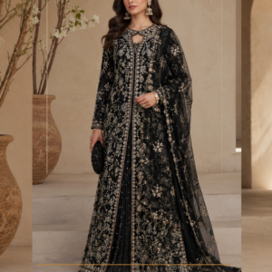 Noor-e-Siyah – Black & Gold Embroidered Designer Sharara Suit Make an unforgettable entrance with Noor-e-Siyah, a luxurious black and gold embroidered designer sharara suit from Maharani Designer Boutique. Created for women who appreciate sophisticated Indian occasion wear, this ensemble brings together a timeless black base, intricate floral embroidery, ornate borders, and a graceful sheer dupatta for an elegant yet dramatic appearance. The design is centred around a beautifully detailed long kurta featuring dense floral and botanical embroidery in gold and antique-inspired metallic tones. The deep black base allows the embroidery to stand out with exceptional definition, creating a rich contrast that gives the outfit its luxurious character. The kurta features an elegant rounded neckline with an intricately embroidered front panel. Fine floral vines extend across the bodice and continue down the length of the outfit, creating a balanced and elongated visual effect. The sleeves are equally detailed, with ornate embroidery concentrated around the cuffs for an elevated finish. The lower hem of the kurta features an elaborate scalloped embroidered border. This decorative edge adds movement and dimension to the silhouette while creating a beautiful transition between the kurta and the coordinated sharara. The matching black sharara is decorated with elaborate gold embroidery and a statement border. Its flowing silhouette complements the long kurta beautifully, creating the graceful volume associated with traditional Indian festive fashion. Completing the ensemble is a lightweight black sheer dupatta adorned with delicate gold motifs and a richly embroidered border. The dupatta adds softness to the overall look while maintaining the dramatic black-and-gold colour story. Noor-e-Siyah is an ideal choice for weddings, receptions, engagement celebrations, sangeet functions, festive evenings, formal family occasions, bridesmaid appearances, and luxury Indian celebrations. Timeless Black and Gold Colour Combination Black and gold have always represented one of the most sophisticated combinations in occasion wear. Black provides depth, elegance, and a powerful foundation. Gold adds luminosity, richness, and traditional Indian glamour. Together, these shades create a refined aesthetic that can transition beautifully from intimate celebrations to grand evening events. Unlike brighter colour combinations, black allows the embroidery to become the visual focus. Every floral motif, ornamental detail, and embroidered border becomes more noticeable against the dark background. This makes the outfit particularly attractive for evening celebrations and formal occasions. The colour palette is also highly versatile when it comes to accessories. You can style it with traditional gold jewellery for a regal appearance, diamond-inspired jewellery for a contemporary look, or emerald-toned accessories for an additional colour accent. Intricately Embroidered Long Kurta The long kurta forms the centrepiece of Noor-e-Siyah. Its elongated silhouette creates a graceful appearance while allowing the embroidery to flow naturally across the garment. The front is richly decorated with floral and botanical patterns. Fine embroidered vines create continuity from the neckline through the bodice and towards the lower portion of the kurta. The embroidery has been carefully distributed to maintain a sophisticated visual balance. The neckline features a detailed embroidered frame that draws attention towards the face. A decorative central panel extends downward from the neckline, creating an elegant focal point. The sleeves continue the same design language. Rich embroidery around the cuffs creates a statement finish while maintaining harmony with the heavily decorated front. Floral Embroidery Details Floral craftsmanship gives this ensemble its feminine character. The embroidery features flowers, leaves, vines, and ornamental botanical compositions. Large floral motifs provide visual impact. Smaller motifs fill the surrounding areas and create depth. The combination of different motif sizes prevents the design from appearing flat. Instead, the embroidery creates a layered appearance that catches the light beautifully. The gold-toned detailing against black also creates a couture-inspired effect. The embroidery is especially striking in photographs because the contrast between the black base and metallic detailing creates definition even from a distance. Statement Embroidered Hemline The lower hem of the kurta features a richly decorated scalloped border. This border is one of the most distinctive elements of the outfit. Its ornamental design creates a decorative frame around the lower edge. The scalloped shape adds softness to the structured embroidery while introducing movement to the silhouette. The border also visually connects the kurta with the embroidered sharara. This creates a cohesive three-piece appearance. When the wearer walks, the lower border moves naturally, allowing the embroidery to catch the light. Coordinated Black Sharara The matching sharara gives Noor-e-Siyah its distinctive traditional character. Sharara silhouettes are known for their flowing volume and graceful movement. The coordinated black sharara complements the long kurta while providing a beautiful foundation for additional embroidery. The lower portion is richly decorated with floral and ornamental embroidery. A detailed border completes the hem. The wider silhouette of the sharara creates movement while maintaining the elegance of the long kurta. This makes the outfit appropriate for women who want traditional Indian styling with a contemporary finish. Sheer Black Dupatta The dupatta is designed in a lightweight sheer appearance that adds softness to the ensemble. Its black colour maintains continuity with the kurta and sharara. Small gold floral motifs are distributed across the dupatta, creating subtle detailing without competing with the heavily embroidered kurta. The border is significantly more elaborate. A rich gold embroidered border runs along the edge and creates a statement frame. When draped over one shoulder, the border creates a beautiful vertical line alongside the outfit. When draped across both shoulders, it creates a more traditional silhouette. The dupatta can also be styled over the head for a more ceremonial appearance. Elegant Neckline The rounded neckline is both sophisticated and versatile. Its embroidered frame adds richness while maintaining a refined shape. The neckline brings attention towards the face and works beautifully with different styles of jewellery. For a traditional look, pair it with a gold choker. For a contemporary appearance, choose statement earrings and skip the necklace. For a more luxurious wedding look, combine a choker with a longer necklace. Detailed Sleeves The long sleeves are richly embroidered, with particularly detailed cuffs. This adds an element of sophistication to the outfit and ensures that the design remains visually interesting from every angle. The sleeve embroidery also works beautifully with traditional bangles. Gold bangles can sit naturally around the embroidered cuffs. For a more contemporary appearance, choose a statement bracelet or cuff. The combination of embroidered sleeves and jewellery creates a polished festive look. Perfect for Weddings Noor-e-Siyah is an elegant option for women attending weddings who want a sophisticated alternative to conventional bright colours. The black-and-gold palette creates an evening-ready appearance. The embroidered kurta provides luxury. The sharara adds traditional movement. The dupatta adds softness. Together, they create a complete occasion-wear look. For a wedding, style the outfit with gold jhumkas, a statement ring, bangles, and embellished footwear. Wedding Reception Outfit The dramatic black-and-gold colour palette makes this ensemble particularly suitable for a wedding reception. For an evening reception, pair it with: Statement gold earrings Gold choker Embellished clutch Metallic heels Traditional bangles Soft glamorous makeup A sleek bun or soft waves can complete the look. The metallic embroidery will catch the lighting beautifully during evening photographs. Engagement Ceremony Look For an engagement celebration, Noor-e-Siyah can be styled with refined jewellery. A statement choker and matching earrings can create a luxurious appearance. Alternatively, wear oversized earrings with a sleek hairstyle for a more modern look. Keep the makeup luminous and sophisticated. Soft smoky eyes, defined lashes, warm blush, and a nude or rose-toned lip complement the black-and-gold palette beautifully. Sangeet Celebration The flowing sharara silhouette makes the outfit suitable for a glamorous sangeet evening. The wider lower silhouette creates natural movement while walking and dancing. For a sangeet, consider styling the outfit with lightweight jewellery so the look remains comfortable. Statement earrings, bangles, and a decorative clutch are enough to complete the ensemble. The dupatta can be secured neatly over one shoulder to allow comfortable movement. Mehendi Function Although black is traditionally associated with evening occasions, contemporary Indian fashion increasingly embraces black for festive celebrations. Noor-e-Siyah can create a striking look for an evening mehendi function. Pair it with floral-inspired jewellery or colourful bangles to introduce a playful contrast. Green, pink, orange, or multicoloured accessories can work beautifully against the black base. For a more traditional appearance, stay with gold jewellery. Bridesmaid Outfit For bridesmaids looking for an elegant and sophisticated outfit, Noor-e-Siyah provides a strong statement without looking overly conventional. The black and gold combination can complement a wide range of wedding décor. It also works beautifully when bridesmaids wear coordinated accessories. Gold jewellery, matching clutches, and similar hairstyles can create a polished group appearance. The outfit can also be styled differently for each bridesmaid, allowing everyone to maintain individual personality while retaining a coordinated aesthetic. Wedding Guest Wear Noor-e-Siyah is equally suited to wedding guests. For a wedding guest look, choose refined jewellery rather than an overly bridal jewellery set. A pair of gold chandbalis or statement jhumkas can be enough. Add a compact clutch and elegant heels. The result is sophisticated, polished, and occasion appropriate. Festive Evening Wear This designer sharara suit is not limited to weddings. Its versatile black-and-gold colour palette makes it appropriate for several festive occasions. Wear it for: Diwali celebrations Family dinners Anniversary parties Formal festive gatherings Cultural celebrations Luxury dinner events Cocktail-style Indian functions Festival parties Special family occasions For smaller gatherings, keep the accessories minimal. For grand occasions, build the look with statement jewellery. Traditional Indian Styling Noor-e-Siyah can be styled in a completely traditional manner. Consider pairing it with: Jewellery: Kundan choker, jhumkas, bangles, maang tikka, statement ring. Hair: Centre-parted low bun decorated with fresh flowers. Makeup: Defined eyes, warm blush, luminous skin, and a classic lip. Footwear: Embellished juttis or traditional heels. This styling creates a regal Indian appearance. Contemporary Styling For a modern interpretation, reduce the amount of jewellery. Choose oversized earrings, a sleek bracelet, and a contemporary clutch. Wear the hair in soft waves. Choose luminous makeup with defined eyes and a neutral lip. The black base will keep the overall look sophisticated while the gold embroidery provides enough glamour. Jewellery Recommendations Gold jewellery is the most natural match for this ensemble. Traditional Look Kundan necklace Gold jhumkas Maang tikka Gold bangles Statement ring Modern Look Oversized earrings Minimal bracelet Statement ring Embellished clutch Luxury Evening Look Layered necklace Chandelier earrings Gold bangles Decorative cocktail ring Emerald accents can also be introduced for an additional colour dimension. Hairstyle Ideas A centre-parted low bun is ideal for a traditional appearance. Decorate the bun with white flowers for a classic Indian look. Soft waves work beautifully for an evening reception. A side-parted hairstyle gives the ensemble a contemporary feel. For a formal celebration, a polished low ponytail can also work with statement earrings. Makeup Inspiration The black and gold colour palette gives you considerable freedom with makeup. Soft Glam Choose luminous skin, brown eyeshadow, defined lashes, warm blush, and nude lips. Golden Glam Use gold shimmer on the eyelids with defined eyeliner and a warm neutral lip. Smoky Evening Create a soft black or brown smoky eye with highlighted skin and a muted rose lip. Traditional Indian Use defined eyeliner, kajal, warm blush, highlighter, and a classic deeper lip. Elegant Indian Silhouette The combination of the long kurta and sharara creates a graceful traditional silhouette. The kurta provides length and structure. The sharara introduces volume. The dupatta creates another layer of movement. This combination is particularly flattering for formal occasions because the silhouette feels elegant without appearing overly rigid. The embroidered borders further enhance the visual structure. Designed for Statement Photography Noor-e-Siyah is especially suitable for fashion and occasion photography. The black background of the outfit allows the metallic embroidery to remain visually prominent. The intricate floral patterns create texture in close-up photographs. The embroidered borders add strong visual details. The sheer dupatta creates movement. For wedding photography, consider portraits near warm lighting or architectural backgrounds. Gold embroidery tends to appear particularly striking under evening lighting. A Versatile Occasion-Wear Investment A well-designed black and gold ensemble can remain relevant across multiple seasons. The colour combination is timeless. The silhouette is rooted in traditional Indian fashion. The embroidery provides a luxurious appearance. The styling can be changed depending on the occasion. Wear it traditionally for a family celebration. Style it minimally for an elegant dinner. Add statement jewellery for a wedding reception. This versatility makes it an excellent addition to a premium occasion-wear wardrobe. Designer Indian Wear by Maharani Designer Boutique Maharani Designer Boutique brings together traditional Indian aesthetics and contemporary occasion-wear styling. The brand focuses on designer Indian clothing including bridal wear, designer suits, lehengas, shararas, salwar suits, gowns, and custom-made festive outfits. Noor-e-Siyah reflects this design philosophy through its combination of intricate embroidery, elegant proportions, dramatic colour contrast, and traditional detailing. The ensemble is designed for women who want their occasion wear to feel distinctive, luxurious, and memorable. Suitable for Global Indian Celebrations Indian fashion is celebrated worldwide, and Noor-e-Siyah can be an elegant choice for women attending Indian weddings and cultural celebrations internationally. The sophisticated colour palette works beautifully for formal celebrations in different settings. It can be styled for weddings, receptions, Diwali events, cultural celebrations, family occasions, and destination weddings. For customers outside India, measurements and event timelines should be discussed before ordering to ensure the outfit is prepared appropriately. Maharani Designer Boutique offers worldwide shipping, making its designer Indian occasion wear accessible to customers in India and international markets. Customisation Possibilities Depending on the design and production requirements, customisation may be available. Customers can discuss requirements such as: Measurements Kurta length Sleeve length Neckline preferences Sharara length Dupatta styling Fitting requirements Selected design adjustments Customisation availability can vary according to the design. For a special event, it is recommended to provide the event date before confirming the order so the production schedule can be planned accordingly. Care and Maintenance Embroidered occasion wear requires careful storage and handling. Store the outfit in a clean, breathable garment bag. Avoid placing heavy garments on top of the embroidered kurta. Fold the dupatta carefully to protect its embroidered border. Keep the outfit away from moisture, perfumes, and direct sunlight for extended periods. For heavily embroidered garments, professional cleaning is recommended. The final garment's care instructions should always be followed according to its actual fabric and embellishment composition. Why Choose Noor-e-Siyah? Choose this designer sharara suit if you are searching for: Black designer sharara suit Black and gold sharara suit Black embroidered suit Black wedding suit Black festive suit Black ethnic wear for women Black party wear suit Black gold designer suit Embroidered sharara online Designer sharara online Wedding sharara suit Reception outfit for women Engagement party outfit Sangeet outfit Mehendi outfit Bridesmaid outfit Wedding guest outfit Luxury Indian ethnic wear Designer Indian occasion wear Pakistani-inspired designer suit Black embroidered Pakistani suit Black gold ethnic wear Festive designer suit Premium embroidered suit Maharani Designer Boutique Complete Look at a Glance Product Name: Noor-e-Siyah Brand: Maharani Designer Boutique Category: Designer Sharara Suit Colour: Black with Gold Embroidery Dupatta: Black Sheer Embroidered Dupatta Embroidery: Floral and Botanical Inspired Silhouette: Long Kurta with Sharara Occasion: Wedding, Reception, Engagement, Sangeet, Mehendi, Festive & Party Wear Style: Traditional Indian with Contemporary Luxury Customisation: May be available on request Shipping: PAN India & Worldwide Final Product Story Noor-e-Siyah is created for the woman who believes elegance does not always need bright colours. Sometimes, the deepest shade creates the most powerful statement. The black base gives this ensemble a timeless character. The gold embroidery adds light and luxury. The floral motifs bring femininity. The embroidered borders provide structure. The sharara introduces movement. The sheer dupatta adds softness. Every element works together to create an occasion-wear ensemble that feels traditional yet sophisticated. Whether you are attending an evening wedding, celebrating an engagement, dancing at a sangeet, attending a reception, or dressing for a luxurious festive celebration, Noor-e-Siyah offers a polished and memorable look. Pair it with traditional gold jewellery for a regal appearance, or style it with contemporary accessories for a modern fashion statement. From close-up embroidery details to full-length photographs, the outfit is designed to create visual impact. The timeless black-and-gold palette ensures that the design remains elegant beyond a single occasion, while the detailed craftsmanship gives it the presence expected from premium Indian occasion wear. Noor-e-Siyah by Maharani Designer Boutique is more than a festive outfit—it is a statement of timeless Indian elegance, intricate craftsmanship, and sophisticated contemporary style. black sharara suit, black and gold sharara suit, black embroidered sharara suit, black designer suit, black gold designer suit, black embroidered suit for women, black ethnic wear, black party wear suit, black wedding suit, black wedding guest outfit, black reception outfit, black engagement outfit, black sangeet outfit, black mehendi outfit, black bridesmaid outfit, black festive suit, black designer sharara, designer sharara suit online, embroidered sharara suit online, designer Indian wear, luxury ethnic wear for women, Designer Sharara Suits Indian wedding wear, Indian designer suits, embroidered designer suit, gold embroidered suit, black and gold ethnic wear, black Pakistani suit, black Pakistani sharara suit, black embroidered Pakistani suit, luxury Pakistani suit, designer Pakistani suit, Indian party wear suit, wedding wear for women, festive wear for women, premium designer suit, custom designer suit, designer boutique suits, Maharani Designer Boutique, designer boutique Jalandhar, designer suits Jalandhar, Indian designer wear online, Indian ethnic wear online, black suit Canada, Indian suits Canada, Indian wedding wear Canada, Indian suits USA, Indian wedding wear USA, Indian suits UK, Indian wedding wear UK, Indian ethnic wear Australia.