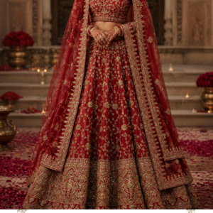 Ruhani Riwaayat – A Timeless Bridal Designer Lehenga with Gold Embroidery & Veil Dupatta Step into your bridal era with Ruhani Riwaayat, an exquisite red bridal lehenga created for the woman who wants her wedding ensemble to feel regal, traditional, luxurious, and unforgettable. Designed by Maharani Designer Boutique, this striking bridal lehenga captures the timeless beauty of classic Indian bridal fashion through a rich red colour palette, elaborate golden embroidery, a beautifully detailed blouse, a voluminous flared lehenga, and an elegant matching veil-style dupatta. The design celebrates the traditional bridal colour of red while giving it a sophisticated designer finish. The deep red base creates a dramatic canvas for the intricate golden embellishment, allowing every motif, border, and decorative detail to stand out beautifully. The lehenga features an elaborately embroidered skirt with repeated floral and ornamental patterns extending throughout the panels. The lower hem is finished with a statement embroidered border, giving the skirt a grand and structured appearance. The matching blouse is equally detailed, with embroidery flowing across the neckline, sleeves, and bodice. Completing the ensemble is a sheer red dupatta featuring scattered golden motifs and a heavily embroidered border. Styled over the head in the image, the dupatta creates a traditional bridal veil effect and beautifully frames the entire silhouette. Ruhani Riwaayat is designed for brides who appreciate heritage-inspired Indian fashion but want their bridal appearance to feel polished, sophisticated, and luxurious. A Classic Red Bridal Colour Red has long been associated with bridal celebrations across Indian culture, representing festivity, romance, celebration, and grandeur. This particular deep red shade gives the lehenga a rich and dramatic appearance. Rather than relying on excessive colour contrast, the design uses red as the foundation and gold as the primary decorative element. The result is a classic combination that photographs beautifully and remains timeless across changing fashion trends. The red-and-gold palette is especially suitable for: Wedding ceremonies Bridal portraits Traditional pheras Reception celebrations Engagement celebrations Bridal entry Pre-wedding photography Family wedding functions Traditional cultural ceremonies The richness of the colour also makes this lehenga particularly striking under warm indoor lighting, candlelight, chandeliers, and traditional wedding décor. Intricately Embroidered Bridal Blouse The blouse forms an important part of the overall bridal silhouette. The design features a fitted blouse covered with detailed golden embroidery. The embroidery creates an ornate surface while maintaining the classic bridal character of the garment. The neckline has been framed with decorative embroidery, creating a beautiful focal point around the face and jewellery. The sleeves are also richly embellished, extending the embroidery from the bodice toward the arms. This creates continuity throughout the upper portion of the outfit. The blouse is designed to work seamlessly with the lehenga skirt, creating the appearance of one coordinated bridal ensemble rather than separate pieces. Elegant Neckline Detailing The neckline incorporates intricate embroidery that complements the traditional bridal styling. The detailed border around the neckline provides definition and works beautifully with bridal jewellery. A traditional bridal necklace or choker can be layered around the neckline to create a luxurious jewellery look. For a classic appearance, pair it with: Kundan necklace Polki choker Gold bridal necklace Matching earrings Maang tikka Nath Bangles The richly embroidered neckline ensures that even when the dupatta is positioned traditionally over the head, the blouse remains visually prominent. Statement Sleeves The sleeves are decorated with detailed golden motifs, continuing the ornate embroidery seen throughout the blouse. The sleeve design gives the bridal blouse a sophisticated and structured appearance. The embroidery can catch light beautifully as the bride moves, making the sleeves especially attractive in photographs. For brides who prefer a traditional appearance, the detailed sleeves can be paired with stacked bangles. For a more contemporary bridal look, keep the jewellery focused on one statement bracelet and an elaborate ring. Grand Flared Lehenga The lehenga skirt is the centrepiece of Ruhani Riwaayat. Its generous flare creates a dramatic bridal silhouette. As the bride walks, the skirt opens beautifully, allowing the embroidered panels to become visible. The full silhouette is particularly effective for bridal photography because the embroidery remains visible even when the bride is standing at a distance. The skirt is decorated with intricate golden motifs arranged across the red base. The repeated embroidery creates rhythm throughout the design while allowing the rich red colour to remain visible between the motifs. Ornate Floral Embroidery The embroidery throughout the lehenga incorporates floral and ornamental-inspired motifs. The motifs create a traditional Indian aesthetic, reflecting the decorative richness associated with bridal clothing. The embroidery is distributed across the skirt rather than being limited to the hem. This gives the lehenga a richly decorated appearance from top to bottom. The intricate motifs are especially effective in close-up photographs. When paired with traditional jewellery, the embroidered surface creates a luxurious layered appearance. Grand Bridal Border The lower portion of the lehenga features a wide statement border. This border is one of the strongest design elements of the outfit. The elaborate golden detailing creates a visual foundation for the skirt. The border includes multiple decorative layers, producing depth and definition around the hem. The scalloped lower edge adds an elegant finishing detail. As the bride moves, the border creates a beautiful frame around the lehenga. It also coordinates with the border of the dupatta, tying the entire outfit together. Beautiful Panelled Effect The skirt's embroidery creates the visual impression of multiple decorated panels. This panelled arrangement gives the lehenga a structured appearance while maintaining its flowing volume. Each section contributes to the overall symmetry of the design. The repeated motifs create a sense of continuity from the waist toward the hem. This is especially attractive in full-length photographs where the entire skirt is visible. Traditional Bridal Dupatta The matching red dupatta completes the bridal look. It features a rich red base decorated with scattered golden motifs. The motifs are positioned across the dupatta, creating a delicate contrast against the heavily embroidered lehenga. The border, however, is much more elaborate. This creates an effective balance between the body of the dupatta and its edges. The dupatta can be worn in several ways depending on the bride's personal styling preference. Veil-Style Bridal Draping In the featured look, the dupatta is draped over the head to create a traditional bridal veil. This styling gives Ruhani Riwaayat an unmistakably bridal character. The embroidered border frames the face and continues down the sides of the body. It also creates beautiful symmetry in bridal portraits. A veil-style drape works particularly well for: Bridal entry Pheras Wedding ceremony Bridal portraits Traditional family photographs For the reception, the bride can move the dupatta from the head and style it over one shoulder for a more contemporary appearance. Matching Embroidered Dupatta Border The dupatta border coordinates with the embroidery on the lehenga. This creates a unified visual language throughout the outfit. The border is detailed enough to remain visible when the dupatta is worn over the head. It also creates a beautiful vertical line when the dupatta falls along the side of the lehenga. The combination of scattered motifs and an elaborate border gives the dupatta a sophisticated balance. Perfect Bridal Lehenga for Traditional Weddings Ruhani Riwaayat is particularly suited to brides who want a traditional red wedding lehenga. The rich colour, elaborate embroidery, flared skirt, embroidered blouse, and veil-style dupatta all contribute to a classic bridal appearance. The outfit can be styled with traditional jewellery for a complete wedding-day look. Choose a statement bridal necklace, oversized earrings, maang tikka, nath, bangles, and rings for a grand appearance. For a more refined look, select one statement necklace with matching earrings and keep the remaining jewellery delicate. Bridal Jewellery Styling The embroidery is predominantly golden, making gold-toned jewellery a natural choice. Traditional Gold Look Pair the lehenga with: Gold choker Long necklace Jhumka earrings Maang tikka Nath Gold bangles Kundan Bridal Look Kundan jewellery can introduce additional dimension while maintaining the traditional aesthetic. Polki Styling Polki jewellery gives the outfit a luxurious heritage-inspired appearance. Minimal Contemporary Styling For a modern bride, choose a single statement choker, large earrings, and a maang tikka. This keeps attention on the embroidery without creating an overly layered appearance. Bridal Makeup Suggestions The deep red colour works beautifully with warm bridal makeup. For a traditional appearance, consider: Defined eyes Soft gold eyeshadow Black eyeliner Voluminous lashes Warm blush Subtle contouring Red or deep rose lipstick A classic red lip can beautifully echo the lehenga. For a contemporary bridal appearance, use nude-pink lips with warm metallic eye makeup. A luminous complexion can complement the golden embroidery. Hairstyle Ideas The veil-style dupatta makes a traditional bun particularly suitable. Classic Bridal Bun A sleek low bun decorated with flowers can create a timeless bridal appearance. Centre-Parted Bun A centre-parted bun works beautifully with a maang tikka and traditional dupatta placement. Braided Bun A decorative braid incorporated into a bun can add additional texture. Contemporary Waves For reception styling, soft waves can provide a modern contrast to the traditional lehenga. Bridal Footwear Complete the look with: Gold heels Embellished juttis Red-and-gold bridal footwear Metallic sandals Traditional embroidered mojari For the wedding ceremony, comfort should remain a priority because bridal celebrations can involve long periods of standing and walking. A beautifully embellished flat or low heel can work just as effectively as a high heel. Ideal for Bridal Photography Ruhani Riwaayat has been visually designed around elements that photograph beautifully. The rich red colour provides a strong contrast against neutral architectural backgrounds. The golden embroidery catches light. The full lehenga creates movement. The long dupatta adds drama. The embroidered veil frames the face. These details make the outfit suitable for both posed bridal portraits and candid wedding photography. For a dramatic portrait, allow the dupatta border to fall naturally along the side. For a traditional portrait, position the veil symmetrically over the head. For movement photographs, gently spread the lehenga to showcase its flare and embroidery. A Statement for the Bridal Entry The full silhouette and flowing dupatta make this lehenga particularly striking for a bridal entry. As the bride walks, the lehenga moves naturally while the dupatta creates a graceful trail. Traditional floral arrangements, candles, warm lighting, or grand wedding décor can complement the rich red-and-gold colour palette beautifully. For a memorable bridal entry, keep the jewellery and styling coordinated with the traditional character of the outfit. Suitable for Reception Styling Although the design has a distinctly bridal character, it can be styled differently for the reception. Remove the veil styling and drape the dupatta over one shoulder. Allow the blouse neckline and jewellery to remain visible. Choose statement earrings and a sleek hairstyle. A metallic clutch and elegant heels can transform the look from traditional wedding ceremony attire into a glamorous reception ensemble. Maharani Designer Boutique Maharani Designer Boutique presents ethnic occasion wear designed around traditional craftsmanship, contemporary elegance, and memorable silhouettes. The boutique's aesthetic is particularly suited to women searching for bridal lehengas, designer suits, Punjabi suits, shararas, party wear, wedding outfits, and customised ethnic fashion. Ruhani Riwaayat reflects this design philosophy through its classic red-and-gold palette and elaborate bridal detailing. The goal is to create an outfit that does not simply follow a seasonal trend but remains visually beautiful for years to come. Custom Bridal Requirements For bridal orders, customisation may be discussed according to the design and requirements. Possible considerations can include: Custom measurements Blouse fitting Sleeve length Lehenga length Waist fitting Dupatta arrangement Colour variations Embroidery preferences Custom sizing Customisation availability depends on the design, production requirements, and order specifications. Brides are encouraged to provide their wedding date and measurement requirements in advance. Ideal Occasions This designer lehenga is suitable for: Wedding Ceremony The rich red colour makes it an ideal traditional bridal choice. Bridal Portrait Session The detailed embroidery and flowing silhouette photograph beautifully. Reception Style the dupatta differently for a glamorous evening appearance. Engagement For brides who want a more traditional and luxurious engagement look. Bridal Entry The flowing skirt and long dupatta create beautiful movement. Traditional Wedding Events The classic red-and-gold palette works particularly well with traditional ceremonies. Why Choose Ruhani Riwaayat? Choose Ruhani Riwaayat if you are searching for a bridal outfit that combines: Classic red bridal colour Rich golden embroidery Traditional Indian aesthetic Full flared lehenga Detailed bridal blouse Matching embroidered dupatta Veil-style bridal styling Ornate borders Floral-inspired motifs Statement bridal appearance Timeless wedding appeal It is an ideal choice for a bride who wants her wedding outfit to feel deeply traditional while retaining a sophisticated designer finish. Care & Storage Because this is an intricately embellished bridal ensemble, careful handling is recommended. Store the lehenga in a clean, breathable garment bag. Keep embroidered sections away from rough surfaces. Avoid placing heavy items on top of the embroidery. Fold the dupatta carefully to protect its embellished border. Avoid unnecessary exposure to moisture. Professional cleaning may be preferred depending on the garment construction and embellishment. For long-term storage, periodically refold the outfit to help preserve the fabric and embroidery. Always follow the care instructions provided with the finished garment. Product Details Product Name: Ruhani Riwaayat Brand: Maharani Designer Boutique Category: Bridal Lehenga Colour: Deep Bridal Red Blouse: Heavily Embroidered Designer Blouse Lehenga: Flared Embroidered Bridal Skirt Dupatta: Matching Red Embroidered Veil Dupatta Embroidery: Gold-Toned Floral & Ornamental Embroidery Style: Traditional Indian Bridal Wear Occasion: Wedding, Bridal Ceremony, Reception, Engagement & Bridal Photography Look: Regal, Traditional, Luxurious & Timeless Customisation: Available subject to design and requirements Availability: Contact Maharani Designer Boutique for current availability, sizing and customisation red bridal lehenga, red bridal lehenga online, designer red lehenga, red wedding lehenga, bridal lehenga for wedding, red lehenga for bride, traditional red bridal lehenga, red and gold bridal lehenga, heavily embroidered bridal lehenga, embroidered red lehenga, designer bridal lehenga, bridal lehenga with dupatta, red lehenga with veil, bridal red lehenga with dupatta, red bridal dress, Indian bridal lehenga, Indian wedding lehenga, traditional Indian bridal wear, luxury bridal lehenga, wedding lehenga for bride, bridal wear for women, designer wedding wear, red wedding dress for bride, red embroidered lehenga, Bridal Lehenga Choli gold embroidered red lehenga, bridal lehenga online India, bridal lehenga India, wedding lehenga India, bridal fashion India, designer lehenga India, bridal couture, wedding couture, Maharani Designer Boutique, Maharani Designer, designer boutique Jalandhar, bridal boutique Jalandhar, bridal lehenga Jalandhar, wedding shopping Jalandhar, Punjabi bridal wear, Punjabi wedding lehenga, Punjabi bridal boutique, bridal designer boutique, luxury Indian ethnic wear, traditional bridal outfit, red lehenga for wedding ceremony, bridal entry lehenga, reception lehenga, engagement lehenga, bridal photography outfit.