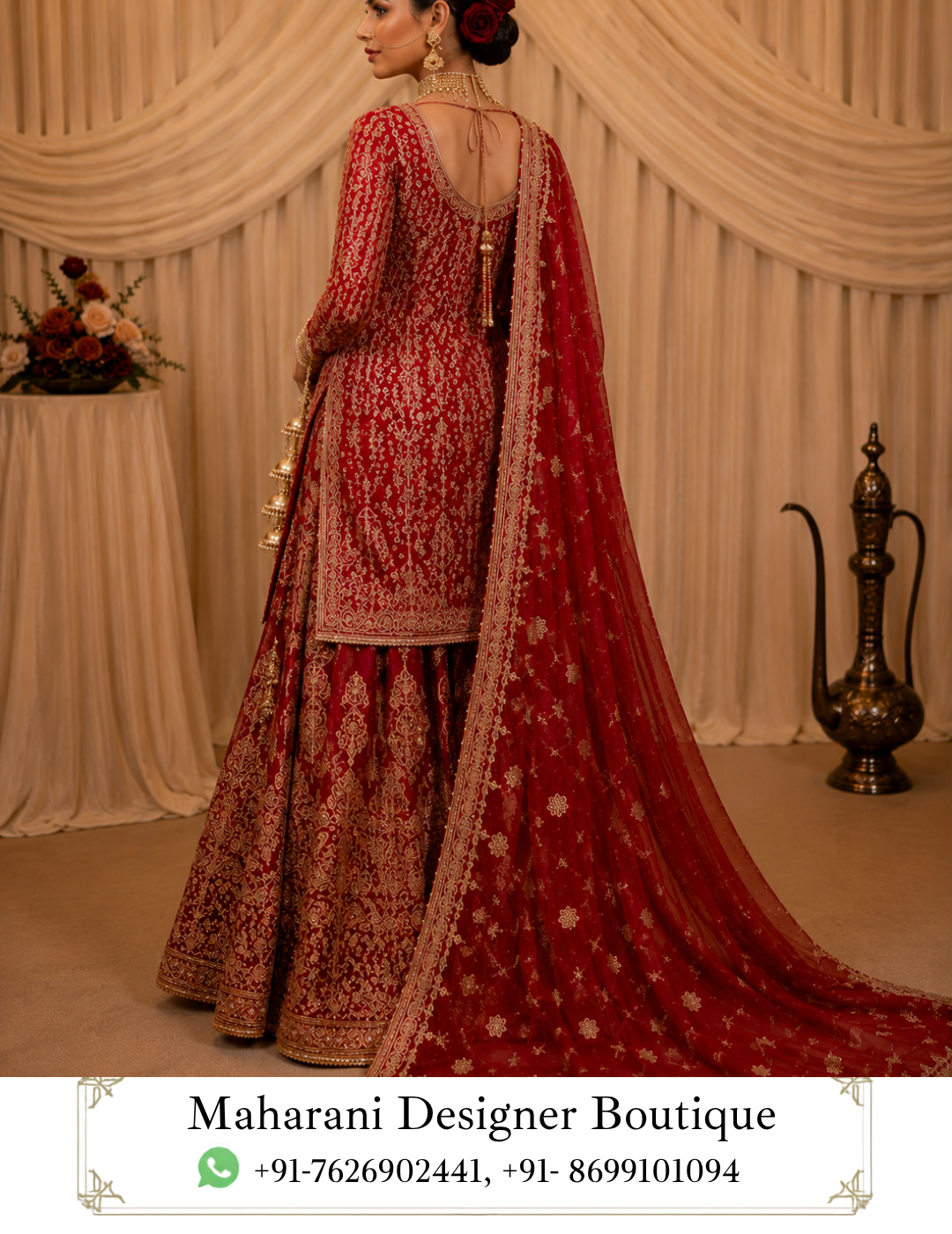 Ruhani Riwaayat – Regal Red Bridal Sharara Suit Make your most cherished celebrations unforgettable with Ruhani Riwaayat, a magnificent red bridal sharara suit designed by Maharani Designer Boutique. Created for the modern bride who treasures traditional Indian craftsmanship, this luxurious ensemble combines a rich red colour palette, intricate golden embroidery, a beautifully detailed short kurta, an ornate sharara, and a statement dupatta that completes the bridal silhouette. The deep red base gives the outfit a classic bridal character, while the elaborate golden embroidery creates a luxurious and regal appearance. Every element of the ensemble works together to create a harmonious traditional look, from the richly decorated neckline and bodice to the embroidered hemline, flowing sharara panels, and wide dupatta border. Ruhani Riwaayat is designed for women who want to embrace the timeless beauty of Indian wedding fashion while maintaining an elegant and sophisticated appearance. It can be styled for bridal celebrations, engagement ceremonies, wedding festivities, reception events, family weddings, sangeet functions, and other grand occasions. The outfit beautifully represents the charm of traditional South Asian occasion wear. Its red-and-gold combination instantly evokes the grandeur of Indian bridal fashion, while the sharara silhouette adds movement, volume, and elegance. Whether you are the bride, a close family member, or a woman looking for an exceptionally luxurious wedding outfit, Ruhani Riwaayat offers a statement-making choice. A Timeless Red Bridal Colour Red has always held a special place in Indian bridal fashion. It represents celebration, beauty, confidence, tradition, and grandeur. The rich red tone of Ruhani Riwaayat gives the ensemble an unmistakably festive personality. Rather than relying on multiple contrasting colours, the design uses red as the dominant base and allows the golden embroidery to become the primary decorative element. This creates a sophisticated red-and-gold combination that works beautifully for bridal photography. Under warm lighting, the golden embroidery catches attention against the deep red base, creating a luxurious visual effect. The colour is particularly suitable for: Bridal ceremonies Wedding receptions Sangeet celebrations Engagement functions Roka ceremonies Family weddings Festive celebrations Traditional wedding portraits Formal evening events For brides who love classic Indian wedding colours, this red sharara suit offers an elegant interpretation of traditional bridal dressing. Bridal Designer Lehenga , MDB 024848 , MDB 026342 , MDB 027210229, MDB 027210275, Intricate Golden Embroidery The most striking feature of Ruhani Riwaayat is its elaborate golden embroidery. The embroidery covers significant portions of the outfit while maintaining a balanced pattern. Floral, ornamental, and traditional-inspired motifs are distributed across the kurta and sharara, creating an ornate appearance. The detailing around the neckline draws attention toward the face. The embroidery continues across the bodice, sleeves, lower hem, and sharara panels. The border work adds definition to each garment and gives the entire outfit a structured finish. Golden embroidery against red creates a classic combination that has remained popular in Indian occasion wear for generations. The richness of the embroidery also makes the outfit particularly suitable for formal photographs and evening celebrations. Elegant Short Kurta The kurta features a refined short silhouette designed to complement the voluminous sharara. The neckline is beautifully decorated with dense golden embroidery. The embroidered neckline creates a strong focal point around the face and allows the wearer to style the outfit with a statement choker, necklace, or traditional bridal jewellery. The front of the kurta features all-over ornamental embroidery. The sleeves are also richly decorated, maintaining continuity between the upper and lower portions of the outfit. The hem features a prominent embroidered border that separates the kurta from the sharara while keeping the overall look cohesive. The shorter kurta creates a balanced proportion with the wide sharara silhouette. Statement Sharara The sharara is the defining element of the ensemble. Its wide, flowing silhouette creates beautiful movement while walking. Each panel is richly decorated with golden motifs. The embroidery is arranged vertically and across the lower sections, giving the sharara a luxurious appearance. The broad embroidered borders at the hem provide additional structure and definition. When the wearer moves, the wide sharara creates graceful folds that reveal the embroidery from different angles. This makes the outfit particularly attractive for wedding entrances, sangeet performances, bridal portraits, and celebration photographs. The sharara silhouette also offers a beautiful alternative to the traditional lehenga for women who want a distinctive wedding outfit. Ornate Sharara Borders The lower border of the sharara features intricate golden detailing. The border creates a strong visual foundation for the entire outfit. Its elaborate design complements the embroidery on the kurta and dupatta. The layered appearance of the border adds richness without taking attention away from the overall silhouette. The combination of vertical motifs and horizontal borders creates a balanced pattern. This detailed finishing makes the sharara look especially beautiful in full-length photographs. Regal Dupatta The dupatta completes the ensemble with an elegant flowing silhouette. The red dupatta coordinates perfectly with the kurta and sharara. Its outer border features rich golden embroidery. Small motifs are distributed across the body of the dupatta, creating a sophisticated balance between the central fabric and the heavy border. The generous length allows the dupatta to be styled traditionally over the head or draped across the shoulders. For bridal styling, the dupatta can be placed over the head to create a traditional bridal appearance. For a reception or sangeet, it can be draped over one shoulder for a more contemporary silhouette. Beautiful Dupatta Border The heavily embroidered dupatta border is one of the most important design elements. It frames the red fabric with a rich golden edge. When placed over the head, the border beautifully surrounds the face. When draped over the shoulder, the embroidered edge creates a statement vertical line. When allowed to trail behind the wearer, it adds drama and movement to bridal photographs. The border also visually connects the dupatta with the embroidered borders of the kurta and sharara. Perfect Bridal Sharara Suit Ruhani Riwaayat is especially suitable for brides searching for an alternative to the conventional bridal lehenga. A sharara provides a different silhouette while maintaining the grandeur expected from bridal clothing. The wide trousers create movement and volume. The short kurta balances the proportions. The flowing dupatta adds the traditional bridal finishing layer. Together, these three pieces create a complete and luxurious bridal ensemble. The red colour further enhances its bridal character. Ideal for Wedding Functions This ensemble can be styled for different wedding celebrations. Engagement For an engagement ceremony, style it with a statement necklace, earrings, and elegant heels. Sangeet For a sangeet, the sharara silhouette provides beautiful movement and is ideal for dancing and photographs. Wedding For the wedding ceremony, wear the dupatta over the head and pair it with traditional bridal jewellery. Reception For a reception, style the dupatta over one shoulder and choose statement earrings with a sophisticated hairstyle. Family Wedding The ensemble is also suitable for close family members who want a luxurious traditional appearance. Bridal Jewellery Styling Ruhani Riwaayat works beautifully with traditional Indian jewellery. For a classic bridal look, consider: Gold choker Long necklace Jhumka earrings Maang tikka Nath Bangles Hathphool Statement rings A layered jewellery combination can create a grand bridal appearance. For a more contemporary look, choose one statement choker and oversized earrings. Because the outfit already features rich embroidery, jewellery should be selected according to the desired level of grandeur. Traditional Bridal Makeup The rich red colour works beautifully with traditional bridal makeup. Consider warm gold or bronze eyeshadow, defined eyeliner, softly sculpted cheeks, and a classic red or deep berry lip. For a softer look, choose neutral eyes with a warm nude-pink lip. A luminous complexion can complement the golden embroidery beautifully. The final makeup style can be adjusted depending on the wedding function and time of day. Hairstyle Ideas A traditional bridal bun is an excellent choice when wearing the dupatta over the head. Decorate the bun with fresh flowers for a classic Indian bridal appearance. For a reception, soft waves or a low textured bun can create a more contemporary appearance. A centre-parted hairstyle works especially well with a maang tikka. If wearing a traditional nath, an elegant bun can help keep the overall bridal look balanced. Perfect for Bridal Photography The red-and-gold palette makes Ruhani Riwaayat particularly suitable for bridal photography. The embroidery creates visual texture. The flowing dupatta adds movement. The wide sharara provides volume. The deep red colour creates a striking contrast against neutral wedding décor. For full-length photographs, allow the sharara panels to spread naturally. For portraits, style the dupatta over the head and highlight the neckline and jewellery. For movement photographs, allow the dupatta to flow behind you. Traditional Yet Contemporary One of the strongest qualities of this design is its ability to combine traditional styling with a contemporary silhouette. The red-and-gold colour combination feels deeply rooted in Indian bridal culture. The sharara silhouette gives it a fashionable and distinctive character. The shorter kurta creates a modern proportion. The flowing dupatta preserves the traditional elegance expected from a formal Indian ensemble. This balance makes Ruhani Riwaayat suitable for women who want cultural richness without choosing a conventional lehenga. A Statement Outfit for the Modern Bride Modern brides increasingly look for outfits that express individuality. Ruhani Riwaayat offers a beautiful alternative to standard bridal silhouettes. The sharara allows freedom of movement while maintaining a dramatic appearance. The intricate embroidery ensures the outfit remains luxurious. The red colour maintains the traditional bridal character. The result is an ensemble that can feel both familiar and distinctive. Styling for Sangeet For a sangeet celebration, style the outfit with: Statement earrings Minimal necklace Comfortable embellished heels Soft waves Metallic clutch The sharara silhouette works particularly well for movement. Its wide panels create a beautiful effect while dancing or walking. For a coordinated family look, the outfit can also inspire complementary colours for bridesmaids or family members. Styling for Reception For a reception, create a glamorous appearance with: Statement diamond-style earrings Sleek hairstyle High heels Elegant clutch Defined eye makeup Soft berry lipstick Drape the dupatta across one shoulder instead of covering the head. This changes the character of the outfit from traditional bridal to contemporary evening wear. Styling for Roka or Engagement For a smaller celebration, keep the styling refined. Choose a delicate choker and matching earrings. Use soft makeup and a low bun. Allow the dupatta to fall naturally from one shoulder. The embroidery will provide sufficient visual detail without requiring excessive accessories. Versatility of the Ensemble Although designed with bridal aesthetics, Ruhani Riwaayat can be styled for several formal occasions. The three-piece design provides multiple styling possibilities. The dupatta can be worn differently. Jewellery can be changed. Hairstyles can be adjusted. Makeup can be softened or intensified. Footwear can transform the overall appearance. This versatility makes it a valuable addition to an occasion-wear wardrobe. Maharani Designer Boutique Maharani Designer Boutique specialises in elegant Indian ethnic wear designed for important celebrations. The brand's collections include designer Punjabi suits, bridal lehengas, sharara suits, Pakistani-inspired outfits, party wear suits, wedding dresses, and custom-made ethnic ensembles. Ruhani Riwaayat represents the luxurious side of the brand's occasion-wear aesthetic. The design combines traditional South Asian influences with detailed finishing and contemporary styling. Custom-Made Experience Depending on the specific order and design requirements, customisation can be discussed with Maharani Designer Boutique. Possible considerations may include: Personal measurements Fit adjustments Sleeve length Kurta length Sharara length Dupatta styling Colour preferences Embroidery variations Personal design requirements Customisation availability depends on the design and production requirements. For bridal orders, customers are encouraged to plan ahead and discuss their event date before placing an order. Suitable for Indian Weddings Worldwide Ruhani Riwaayat is suitable for South Asian weddings and celebrations across India and internationally. It can be styled for weddings in: India Canada USA UK Australia New Zealand Other international destinations The timeless red-and-gold colour combination works beautifully across different wedding themes and décor styles. Care and Storage Because this is an elaborately embroidered occasion-wear ensemble, careful handling is recommended. Store the outfit in a clean, breathable garment bag. Avoid placing heavy objects over the embroidered areas. Keep the garment away from excessive moisture. Fold the dupatta carefully to protect the embroidered border. Avoid contact with rough surfaces that could catch delicate embellishments. Professional cleaning is recommended where appropriate. For long-term storage, refold the garment periodically to help preserve its shape and embroidery. Always follow the specific care instructions supplied with the finished garment. Why Choose Ruhani Riwaayat? Choose this design if you are looking for: Red bridal sharara Red bridal sharara suit Red embroidered sharara Red wedding sharara Bridal sharara suit for women Designer sharara suit Bridal sharara online Red Pakistani sharara suit Red Punjabi sharara suit Red wedding outfit Red bridal outfit Red wedding wear for women Red engagement outfit Red sangeet outfit Red reception outfit Traditional Indian bridal wear Designer Indian ethnic wear Luxury bridal wear Embroidered bridal outfit Red and gold bridal outfit Red and gold sharara Golden embroidered sharara Wedding guest sharara Bridal party wear Designer wedding outfit Maharani Designer Boutique Designer boutique Jalandhar Bridal boutique Jalandhar Punjabi designer boutique Indian wedding clothing Luxury ethnic wear for women Product Details Product Name: Ruhani Riwaayat Brand: Maharani Designer Boutique Category: Bridal Sharara Suit Colour: Deep Red / Bridal Red Style: Traditional Luxury Ethnic Wear Top: Embroidered Short Kurta Bottom: Wide-Leg Embroidered Sharara Dupatta: Red Embroidered Dupatta with Ornate Border Embroidery: Intricate Golden Traditional-Inspired Embroidery Look: Regal, Traditional, Bridal & Festive Occasions: Wedding, Engagement, Sangeet, Reception, Roka, Festive Events & Formal Celebrations Customisation: Available depending on design and requirements Shipping: PAN India & Worldwide red bridal sharara, red bridal sharara suit, bridal sharara suit, red sharara suit, red wedding sharara, red embroidered sharara, designer sharara suit, bridal sharara online, red bridal outfit, red wedding outfit, red and gold bridal outfit, red and gold sharara, golden embroidered sharara, bridal sharara for wedding, bridal sharara for women, designer bridal sharara, luxury bridal sharara, Indian bridal sharara, Pakistani bridal sharara, Punjabi bridal sharara, red Pakistani sharara, red Punjabi sharara, Punjabi sharara suit, Pakistani sharara suit, sharara suit for wedding, wedding sharara for women, sangeet sharara, Bridal Sharara Suits engagement sharara, reception sharara, bridal party wear, wedding party wear, traditional bridal wear, Indian wedding wear, designer Indian ethnic wear, luxury ethnic wear for women, embroidered wedding outfit, embroidered bridal wear, red ethnic wear, red festive wear, wedding outfit for women, bridal outfit online, designer wedding outfit, bridal boutique, designer boutique Jalandhar, bridal boutique Jalandhar, Punjabi designer boutique, Maharani Designer Boutique, Maharani Designer bridal wear.