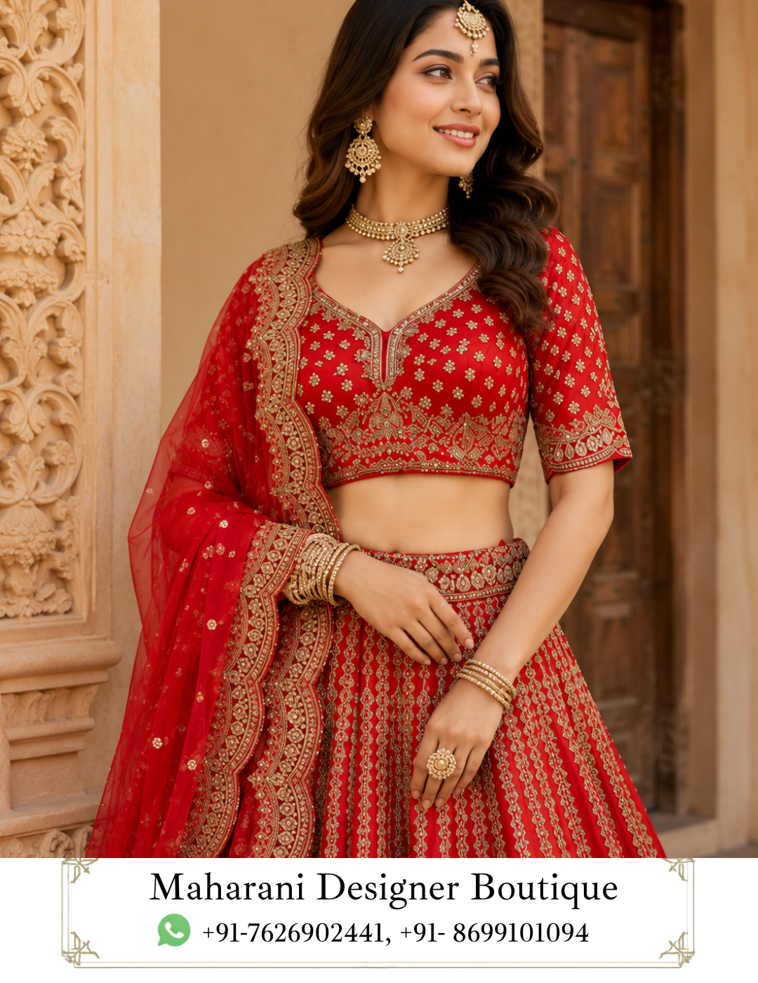 Ruhani Crimson Heritage Red Bridal Lehenga by Maharani Designer Boutique Step into timeless bridal elegance with the Ruhani Crimson Heritage Lehenga, a statement red bridal ensemble created for women who want to celebrate traditional Indian fashion with grandeur, sophistication and unforgettable detailing. Presented by Maharani Designer Boutique, this richly embellished lehenga features a vibrant crimson-red colour palette, intricate gold-toned embroidery, an ornate blouse and a beautifully coordinated sheer dupatta with an elaborate border. Designed to make a powerful impression at weddings and grand celebrations, this ensemble combines classic bridal styling with a polished contemporary silhouette. The deep red base creates a traditional bridal appearance, while the extensive gold embroidery adds richness and dimension throughout the lehenga, blouse and dupatta. The lehenga showcases a flowing, voluminous silhouette decorated with repeating vertical ornamental panels. Each panel features detailed gold-inspired motifs that extend toward the hem, creating a beautiful sense of length and movement. The lower portion is finished with multiple elaborate borders, giving the skirt a luxurious and ceremonial appearance. The matching blouse continues the decorative language of the lehenga. Its neckline, sleeves and lower edge are enhanced with ornate gold embroidery, while small motifs across the red base connect the blouse visually with the skirt. Completing the ensemble is a lightweight-looking red dupatta featuring delicate scattered embellishments and a wide embroidered border. Draped over the shoulder, it creates an elegant frame around the complete outfit and adds another layer of traditional bridal character. Whether you are searching for a red bridal lehenga, red wedding lehenga, designer bridal lehenga, heavy embroidered lehenga, red and gold lehenga, Indian bridal lehenga, or a luxurious wedding outfit, Ruhani is designed to bring a regal presence to your most memorable occasions. A Classic Red Bridal Colour Palette Red has long been associated with celebration, romance, tradition and bridal fashion. The Ruhani Lehenga embraces this iconic colour through a rich crimson-red base that immediately establishes its bridal character. Rather than relying on a single flat tone, the extensive gold detailing creates contrast across the fabric. The result is a dramatic combination of red and gold that looks particularly striking under warm indoor lighting and evening celebration settings. The colour combination also offers tremendous versatility when it comes to jewellery. Traditional gold jewellery blends naturally with the embroidery, while kundan-inspired, polki-inspired or antique-finish accessories can introduce additional dimension. For a bride who wants a classic appearance, red and gold remain an enduring choice. Elaborately Embroidered Lehenga Skirt The lehenga skirt is the centrepiece of the ensemble. Its expansive silhouette creates graceful movement and provides an impressive canvas for the elaborate embroidery. Bridal Red Embroidered ,Red Bridal Lehenga Choli,Bridal Designer Lehenga with Gold Embroidery,MDB 027210164 ,MDB 027210162 The skirt features multiple vertical decorative sections, with ornate gold motifs arranged from the upper portion toward the lower hem. These repeating panels create rhythm throughout the garment while helping emphasize the flowing shape of the lehenga. The embroidery incorporates floral, paisley-inspired and ornamental patterns, giving the skirt a richly traditional appearance. The lower section becomes progressively more elaborate, with several decorative borders adding weight and definition to the hem. When the skirt moves, the embroidered panels create a dynamic visual effect, allowing the detailing to remain visible from different angles. Statement Gold Embroidery The defining feature of Ruhani is its extensive gold-toned embroidery. The decorative work is distributed thoughtfully across the entire outfit rather than being concentrated in only one location. Gold detailing appears across: The blouse Lehenga panels Lehenga hem Dupatta border Dupatta motifs Sleeve edges Waist area This coordinated placement creates a complete designer look. The embroidery provides contrast against the crimson-red base and gives the outfit its ceremonial richness. For bridal portraits, close-up photography and wedding celebrations, the detailed surface work adds texture and visual depth. Ornate Bridal Blouse The blouse has been designed as an integral part of the overall lehenga composition. It features a traditional short silhouette with a beautifully decorated neckline and sleeves. The front is covered with intricate gold-toned motifs that echo the patterns seen throughout the skirt. The neckline is framed with decorative embroidery, creating a polished transition between the blouse and the wearer's jewellery. The sleeves feature elaborate detailing along the edges, adding refinement to the overall design. The lower border of the blouse also features ornamental embroidery, creating a defined finish around the waist. This makes the blouse visually complete even when the dupatta is styled away from the torso. Traditional Neckline Detailing The neckline is one of the most important visual features of a bridal blouse. Ruhani features a graceful neckline surrounded by detailed gold embroidery. The decorative framing draws attention toward the face and creates a natural space for a bridal necklace or choker. For a traditional bridal look, the neckline can be complemented with a statement choker layered with a longer necklace. For a more contemporary appearance, a single ornate necklace can provide a cleaner silhouette. Embellished Sleeves The sleeves continue the luxurious character of the blouse. Detailed embroidery frames the sleeve edges and complements the rest of the outfit. The sleeve length provides an elegant balance between traditional coverage and modern bridal styling. The decorated sleeve cuffs also work beautifully with bridal bangles. Gold bangles, red bridal bangles or a combination of both can emphasize the detailed borders around the wrists. Grand Lehenga Border The hemline is particularly elaborate. Several layers of decorative borders create a substantial finishing detail around the lower edge of the lehenga. The embroidery incorporates repeating floral and ornamental forms, producing a rich frame around the skirt. The lower border also helps define the silhouette when the lehenga is photographed from a distance. This makes the garment suitable for grand bridal entrances, reception photography and full-length portraits. Flowing Bridal Silhouette The voluminous lehenga silhouette creates an unmistakably celebratory appearance. The skirt opens outward from the waist and falls gracefully toward the floor. This shape allows the embroidery to spread across a larger surface area, creating a dramatic visual effect. The flowing structure also provides movement while walking, making the outfit particularly suitable for wedding entrances and photography. For brides who love traditional Indian silhouettes but want a statement-making designer appearance, this style offers a timeless foundation. Sheer Red Dupatta The matching red dupatta completes the bridal ensemble. It features a lightweight-looking sheer appearance with delicate scattered gold embellishments. The transparent quality allows the rich red tone of the outfit to remain visible while adding softness around the shoulders. Its most prominent feature is the wide decorative border. The border is heavily detailed and runs along the length of the dupatta, creating a strong finishing element. When draped over one shoulder, the border creates a beautiful vertical line that complements the embroidered lehenga. Designer Dupatta Border The dupatta border is intentionally bold enough to balance the richly embroidered skirt. Its ornate pattern connects with the borders found on the lehenga and blouse. This repetition creates consistency across the three-piece ensemble. For a bridal look, the dupatta can be draped over one shoulder and allowed to fall toward the floor. For traditional ceremonies, it can be arranged over the head, allowing the decorative border to frame the face. For reception styling, a more relaxed shoulder drape can create a contemporary appearance. Perfect Bridal Wedding Outfit Ruhani is designed primarily for grand wedding occasions. The combination of crimson red and gold embroidery makes it particularly suitable for brides who want a traditional and luxurious wedding aesthetic. It can be considered for: Bridal wedding ceremonies Wedding receptions Engagement celebrations Sangeet functions Mehndi events Cocktail-style wedding celebrations Family wedding functions Bridal portraits Pre-wedding photography Formal festive celebrations Its rich detailing allows it to stand confidently as a primary bridal outfit while its classic colour palette keeps it timeless. Bridal Wedding Styling For a traditional bridal appearance, pair the lehenga with layered gold jewellery. A statement choker can sit beautifully against the decorated neckline, while a longer necklace can add depth. Complete the jewellery with: Maang tikka Jhumka earrings Bridal bangles Rings Waist belt Traditional nose ring The red-and-gold colour palette works particularly well with classic bridal accessories. For footwear, choose embellished gold, red or metallic heels that complement the lehenga. Reception Styling The same lehenga can be styled differently for a wedding reception. Instead of layering multiple heavy necklaces, choose statement earrings and a single elegant necklace. Wear the dupatta over one shoulder and allow the embroidered border to remain visible. A polished hairstyle, luminous makeup and embellished clutch can complete the look. The extensive embroidery means accessories can be adjusted according to personal preference without compromising the richness of the outfit. Sangeet Styling For a sangeet celebration, the lehenga can be styled with slightly more playful accessories. Choose statement earrings, layered bangles and a decorative clutch. A soft, voluminous hairstyle can complement the flowing silhouette. The lehenga's broad flare also allows comfortable visual movement during photographs and celebratory moments. Mehndi Function Styling For a mehndi event, introduce contrasting accessories while maintaining the red-and-gold foundation. Green, pink or multicoloured jewellery can add a youthful touch. Floral accessories can also create a softer pre-wedding appearance. For the dupatta, a relaxed drape allows the embroidery on the blouse and lehenga to remain clearly visible. Jewellery Pairing Guide Gold Jewellery Traditional gold jewellery is the most natural pairing. It harmonizes with the gold-toned embroidery and enhances the overall bridal aesthetic. Kundan-Inspired Jewellery Kundan-inspired pieces can create an ornate royal appearance. Polki-Inspired Jewellery Polki-inspired jewellery can provide additional bridal grandeur. Jhumkas Large jhumkas complement the traditional character of the outfit. Choker A statement choker works particularly well with the ornate blouse neckline. Maang Tikka A maang tikka creates a classic bridal finishing touch. Bangles Layered bangles emphasize the traditional red bridal aesthetic. Hairstyle Recommendations The hairstyle can dramatically change the overall mood of the ensemble. Traditional Bun A classic bridal bun decorated with flowers creates a timeless appearance. Soft Waves Loose waves provide a softer, contemporary look for receptions. Braided Hairstyle A decorated braid complements traditional wedding styling. Low Bun A sleek low bun allows the neckline and jewellery to remain prominent. Side-Swept Waves Side-swept curls can create a glamorous reception appearance. Makeup Inspiration The red-and-gold colour palette provides plenty of opportunities for bridal makeup. A traditional bridal look can include glowing skin, defined eyes, fuller lashes and a rich red lip. For a softer reception look, choose warm neutral eye makeup with luminous skin and a rose-toned lip. Gold-toned highlights can complement the embroidery. For daytime celebrations, slightly softer makeup can balance the intensity of the red. For evening ceremonies, stronger eye definition and richer lip colour can complement the dramatic colour palette. Bridal Photography Appeal Ruhani is especially suited to full-length bridal photography. The expansive skirt creates a dramatic silhouette, while the repeated embroidery gives photographs plenty of texture. The dupatta adds another visual layer and can be positioned in different ways for portraits. For close-up photographs, the blouse neckline, sleeve detailing and jewellery create a rich frame around the face. For full-length photographs, the ornate hem and flowing silhouette become the focal point. Traditional Meets Contemporary While the colour and embroidery are rooted in traditional bridal fashion, the overall silhouette can be styled in a contemporary way. A modern hairstyle, minimalist jewellery and structured draping can transform the outfit into a sophisticated fashion-forward bridal look. Alternatively, traditional jewellery, classic makeup and a head-draped dupatta can create a more conventional bridal appearance. This adaptability allows the same lehenga to reflect different personal styles. Ideal for the Modern Bride The Ruhani Lehenga is suited to the bride who appreciates classic colour but wants a refined designer presentation. The red base provides traditional bridal symbolism, while the structured placement of embroidery gives the ensemble a sophisticated finish. The combination is dramatic without needing additional colour blocking. The gold detailing provides all the contrast necessary to make the garment visually impressive. A Memorable Statement Piece A bridal lehenga is more than an outfit. It becomes part of the visual memory of one of life's most important celebrations. Ruhani is designed with this idea in mind. The rich red colour, elaborate gold embroidery, flowing silhouette and statement dupatta work together to create an ensemble intended to be remembered. From the bridal entrance to wedding portraits and reception photographs, the outfit provides a strong visual presence. Styling With a Waist Belt A traditional or contemporary waist belt can be added around the waist to emphasize the lehenga silhouette. A gold-toned belt can blend with the embroidery. A statement kamarbandh can create a more traditional bridal appearance. This styling option is particularly effective when the dupatta is positioned over one shoulder. Styling With Bridal Bangles Red bridal bangles can reinforce the traditional colour story. Gold bangles can echo the embroidery. A combination of red and gold bangles creates a cohesive bridal appearance. Keep the remaining jewellery balanced so that the overall styling remains elegant rather than visually overwhelming. Footwear Recommendations Choose footwear that complements the length and silhouette of the lehenga. Embellished heels can provide height while maintaining the formal character of the outfit. Gold sandals offer a seamless match with the embroidery. Traditional juttis or embellished mojaris can provide an ethnic alternative. Since the lehenga reaches the floor, the footwear should be selected with the final outfit length in mind. Clutch & Accessories A small embellished clutch can complete the look. Choose gold, red, champagne or complementary metallic tones. Avoid accessories with patterns that compete heavily with the embroidery. A simple ornate clutch can provide a polished finishing detail. Occasion Versatility Although the Ruhani Lehenga has a distinctly bridal aesthetic, it can also be styled for other grand celebrations. It can work beautifully for bridesmaids, close family members, wedding receptions and formal cultural events when styled appropriately. For non-bridal wear, reduce the jewellery and choose a simpler dupatta drape. This allows the detailed lehenga to remain the primary statement. Maharani Designer Boutique Maharani Designer Boutique brings together traditional Indian aesthetics and contemporary occasion-wear styling. The Ruhani Crimson Heritage Lehenga represents this design direction through its traditional red colour, elaborate gold embroidery and graceful silhouette. It is an ensemble created for women who appreciate statement ethnic fashion and want an outfit that feels appropriate for weddings, celebrations and memorable occasions. Whether selected as a bridal lehenga or as an elaborate wedding outfit, its combination of rich colour and detailed ornamentation creates a strong designer-inspired appearance. Product Details Product Name: Ruhani Crimson Heritage Lehenga Brand: Maharani Designer Boutique Category: Bridal Lehenga / Designer Lehenga Primary Colour: Crimson Red Embroidery: Gold-toned floral and ornamental detailing Blouse: Embroidered red bridal blouse with detailed neckline and sleeves Lehenga: Flared red skirt with repeated ornamental panels and elaborate borders Dupatta: Red sheer-style dupatta with scattered embellishments and ornate embroidered border Style: Traditional Indian Bridal / Designer Wedding Wear Ideal For: Weddings, Bridal Ceremonies, Receptions, Engagements, Sangeet, Mehndi and Grand Celebrations Exact fabric composition, lining, embroidery technique, measurements, blouse construction and customization options should be confirmed with Maharani Designer Boutique before purchase, as these details cannot be established reliably from the image alone. Care & Storage Because this ensemble features extensive decorative work, careful handling is recommended. Store the lehenga in a clean garment bag away from moisture and direct sunlight. Avoid placing heavy garments or accessories directly on top of the embroidered areas. Keep perfumes, oils and cosmetic products away from the fabric. When transporting the outfit, fold it carefully and protect the embroidered surface from friction. The dupatta should be stored separately or folded carefully to prevent its decorative border from becoming crushed. Always follow the garment's actual care label for cleaning instructions. Depending on the final fabric and embellishment, professional cleaning may be recommended. After wearing the outfit, allow it to air appropriately before long-term storage and ensure it is completely dry before packing. red bridal lehenga, red bridal lehenga for wedding, red wedding lehenga, red wedding lehenga for bride, red bridal lehenga online, designer red bridal lehenga, designer bridal lehenga, bridal lehenga online, bridal lehenga for women, bridal lehenga India, Indian bridal lehenga, traditional bridal lehenga, traditional red lehenga, red and gold bridal lehenga, red and gold lehenga, red gold wedding lehenga, gold embroidered red lehenga, heavily embroidered bridal lehenga, heavy work bridal lehenga, heavy embroidery lehenga, embroidered bridal lehenga, designer wedding lehenga, luxury bridal lehenga, luxury red lehenga, bridal wear lehenga, wedding wear lehenga, wedding lehenga for bride