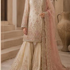 Noor-e-Gul – Ivory & Blush Pink Designer Sharara Suit Step into timeless elegance with Noor-e-Gul, an exquisite ivory and blush pink embroidered sharara suit designed by Maharani Designer Boutique. Created for women who appreciate delicate colours, intricate craftsmanship, graceful silhouettes, and sophisticated Indian occasion wear, this ensemble brings together traditional elegance and contemporary luxury. The outfit features a beautifully embellished ivory-toned straight kurta, a flowing ivory sharara, and a delicate blush pink sheer dupatta. The coordinated colour palette creates a soft, romantic appearance, while intricate gold-toned embroidery and subtle pink floral accents add richness and dimension. The kurta showcases an elegant neckline with a delicate keyhole opening, intricate embroidery through the front, elaborately decorated sleeves, and a heavily detailed lower border. The embroidery incorporates floral, botanical, and traditional ornamental inspirations, creating a refined surface that feels luxurious without appearing overwhelming. The matching sharara introduces movement and volume to the ensemble. Its flowing silhouette is decorated with delicate embroidered motifs and an ornate lower border, giving the outfit a graceful and feminine appearance. Completing the look is a sheer blush pink dupatta adorned with delicate scattered motifs and an elaborate embroidered border. The blush pink layer creates a beautiful contrast against the ivory outfit while maintaining the soft pastel character of the ensemble. Noor-e-Gul is an elegant choice for weddings, engagement ceremonies, mehendi functions, sangeet celebrations, wedding receptions, festive gatherings, formal dinners, family celebrations, and sophisticated evening occasions. The Beauty of Ivory The ivory base gives Noor-e-Gul its timeless and sophisticated character. Ivory is one of the most versatile colours in Indian occasion wear. It offers the elegance of a neutral palette while providing a beautiful canvas for intricate embroidery. Unlike stark white, ivory has a warmer and softer appearance. This makes it especially suitable for traditional celebrations where a refined, luxurious colour palette is desired. The ivory fabric allows the gold-toned embroidery to remain prominent. Delicate blush pink accents introduce subtle colour without disturbing the calm appearance of the ensemble. This creates a balanced combination that can work beautifully for daytime celebrations as well as evening events. For women who prefer sophisticated neutrals, pastel Indian wear, and understated luxury, this ivory sharara suit provides a graceful alternative to brighter festive colours. Romantic Blush Pink Dupatta The blush pink dupatta is one of the most distinctive elements of Noor-e-Gul. Its sheer appearance creates a soft layer over the ivory outfit. The delicate pink shade introduces a romantic quality and provides subtle contrast against the cream-toned kurta and sharara. Small embroidered motifs are distributed across the dupatta, giving it an elegant scattered pattern. The border is considerably more detailed, featuring intricate gold-toned embroidery and floral-inspired ornamentation. This border creates definition around the dupatta and makes it especially beautiful when draped over one shoulder. For traditional occasions, the dupatta can be placed over the head. For a contemporary wedding reception, it can be arranged across one shoulder to showcase the embroidered kurta. Blush Pink Bridal , Ivory Gold Heritage Embroidered , Blush Garden Embroidery Sharara Suit, MDB 025899 , MDB 025952 Intricate Floral Embroidery Floral-inspired embroidery is central to the aesthetic of Noor-e-Gul. The kurta features delicate flowers, leaves, vines, and ornamental patterns arranged throughout the front. The embroidery is carefully distributed to create visual balance. Larger floral compositions draw attention to important areas such as the neckline and centre front, while smaller motifs create continuity across the rest of the garment. Subtle pink floral details add colour variation to the gold embroidery. This creates a soft, feminine appearance that works beautifully with the ivory base. The floral embroidery also gives the ensemble a timeless character. Floral motifs remain one of the most enduring elements of Indian fashion because they can be interpreted in traditional, contemporary, delicate, or elaborate ways. Elegant Embroidered Kurta The kurta forms the central element of the outfit. Its straight silhouette provides a graceful foundation for the flowing sharara. The front is richly detailed with embroidery, creating an elegant vertical composition. The neckline is framed with intricate work and features a delicate keyhole detail. This creates an attractive focal point around the face while adding a contemporary element to the traditional silhouette. The central embroidery extends downward, incorporating floral and ornamental patterns. Smaller motifs appear across the body, creating a cohesive visual connection between the upper and lower sections. Statement Neckline The neckline features a refined rounded shape with a delicate keyhole opening. The surrounding embroidery creates an ornate frame that draws attention to the neckline. The design is particularly suitable for statement jewellery. A delicate choker can complement the embroidery without competing with it. For a more contemporary appearance, large earrings can be worn while leaving the neckline free. For a traditional wedding look, pair the neckline with a gold-toned choker, jhumkas, maang tikka, and bangles. The neckline design balances modern elegance with traditional Indian detailing. Heavily Embroidered Sleeves The long sleeves add sophistication to the silhouette. They are decorated with intricate embroidery that becomes more elaborate towards the cuffs. The lower sleeve section features a rich border, creating a beautifully finished appearance around the wrists. The detailed sleeves are particularly attractive when paired with traditional bangles. They also make the ensemble suitable for formal evening celebrations and cooler-season occasions. The embroidery across the sleeves complements the neckline and hem, creating continuity throughout the kurta. Detailed Kurta Hem The lower border of the kurta is one of its most elaborate details. Multiple rows of embroidery create a richly decorated finishing edge. Floral, geometric, and ornamental motifs are combined to create depth. The border helps visually define the bottom of the straight kurta. It also creates a beautiful transition between the kurta and the flowing sharara. The detailed hem is particularly effective in full-length photographs because it creates a clear finishing line around the outfit. Graceful Sharara Silhouette The ivory sharara adds movement and volume to the ensemble. Its wide, flowing shape creates a beautiful contrast against the comparatively structured straight kurta. The sharara silhouette is deeply rooted in Indian fashion while remaining highly relevant to contemporary occasion wear. Its flowing structure creates a graceful appearance while walking. The lower portion features delicate embroidery arranged in vertical and floral compositions. These motifs complement the embroidery on the kurta without making the entire outfit appear excessively dense. The sharara allows the ensemble to feel comfortable, elegant, and festive at the same time. Embroidered Sharara Details The sharara features delicate motifs across its flowing panels. Floral-inspired embroidery appears throughout the lower sections, creating visual rhythm. The embroidery becomes richer towards the hem. A decorative border frames the bottom of the sharara and complements the ornate kurta hem. This creates symmetry between the upper and lower sections of the outfit. When the sharara moves, the embroidery creates subtle movement and dimension. This makes it particularly suitable for wedding photography and formal events where the wearer will be walking and posing frequently. Coordinated Colour Palette The colour combination is one of the strongest features of Noor-e-Gul. The ensemble combines: Ivory Soft cream Blush pink Warm gold-toned embroidery Subtle pastel floral accents These colours create a soft and luxurious aesthetic. The ivory foundation keeps the outfit elegant. Blush pink introduces romance. Gold detailing adds richness. Pastel floral accents create visual depth. The overall effect is sophisticated rather than overly dramatic. Perfect for Weddings Noor-e-Gul is designed for women looking for elegant Indian wedding wear. The outfit can be styled for a variety of wedding-related celebrations. It is particularly suitable for: Engagement ceremonies Mehendi functions Sangeet celebrations Wedding receptions Wedding guest occasions Family weddings Pre-wedding events Destination weddings Festive dinners Anniversary celebrations The same outfit can be transformed through different jewellery, makeup, hairstyle, footwear, and dupatta styling. Engagement Ceremony Styling For an engagement ceremony, Noor-e-Gul can create a sophisticated and feminine appearance. Pair the ensemble with statement earrings, a delicate choker, and a polished hairstyle. A low bun can create a traditional look. Soft waves can introduce a modern romantic feel. For makeup, choose luminous skin, soft pink blush, defined eyes, and a rose or nude-pink lip. The ivory and blush palette is particularly attractive in engagement photography. Mehendi Celebration Look The soft colours make this ensemble an excellent option for a sophisticated mehendi celebration. For a daytime mehendi, style it with floral jewellery. Choose flowers in blush pink, ivory, peach, and complementary pastel tones. A floral hair accessory can complete the look. For an evening mehendi, replace floral jewellery with gold-toned statement earrings and bangles. The flowing sharara allows easy movement while retaining its elegant appearance. Sangeet Styling For a sangeet celebration, the sharara silhouette offers natural movement. The wide lower shape can create a beautiful visual effect during movement and dancing. Pair the outfit with statement earrings and a sleek hairstyle. A metallic or embroidered clutch can complement the gold detailing. For a contemporary look, drape the blush pink dupatta over one shoulder. For a more traditional appearance, wear it across both shoulders. Wedding Reception Outfit Noor-e-Gul is an elegant option for a wedding reception. The combination of ivory, blush pink, and gold creates a sophisticated evening palette. For a formal reception, pair the outfit with: Statement gold earrings Embellished clutch Gold bangles Delicate necklace Elegant heels Polished hairstyle A deeper rose or berry lip can add contrast to the soft colours. Wedding Guest Styling As a wedding guest, this ensemble offers a refined alternative to heavily traditional bridal colours. The soft ivory base creates an elegant appearance, while the embroidery gives it enough richness for a formal celebration. For a sophisticated guest look, choose statement earrings and minimal jewellery. A structured clutch and metallic footwear can complete the outfit. For a close family wedding, the jewellery can be made more elaborate. Festive Indian Wear Noor-e-Gul is not limited to weddings. Its elegant colour palette makes it suitable for festive celebrations such as Diwali gatherings, family functions, cultural events, festive dinners, anniversaries, and formal celebrations. For daytime festivities, keep the jewellery delicate. For evening occasions, add statement accessories. The soft colour palette allows the outfit to transition beautifully between different event styles. Jewellery Styling The gold-toned embroidery naturally complements traditional jewellery. Gold jhumkas can enhance the neckline and sleeves. A delicate choker can frame the face. Kundan-inspired jewellery can create a more regal appearance. Pearls can soften the look. For a modern appearance, choose oversized earrings without a necklace. Traditional bangles can add festive character. A statement ring can complete the overall styling. Hairstyle Suggestions A sleek low bun is a timeless choice for this outfit. It creates a clean foundation for statement earrings and a maang tikka. Fresh flowers can be added around the bun for a traditional Indian touch. For a contemporary reception, soft waves can create a romantic appearance. A centre-parted hairstyle works particularly well when the dupatta is draped over the head. A polished side-parted hairstyle can also complement the elegant silhouette. Makeup Suggestions The ivory and blush colour palette pairs beautifully with soft, luminous makeup. For daytime celebrations, choose: Natural luminous skin Soft peach or pink blush Champagne eyeshadow Brown eyeliner Soft lashes Nude-pink lipstick For evening events, gold or champagne shimmer can enhance the eyes. A rose, berry, or muted pink lip can create additional definition. The makeup should complement the softness of the outfit while enhancing its luxurious embroidery. Photography-Friendly Design Noor-e-Gul offers numerous details that photograph beautifully. The embroidered neckline creates a strong close-up focal point. The detailed sleeves add texture to portrait photographs. The richly embroidered kurta hem creates definition. The flowing sharara creates movement in full-length photographs. The blush pink dupatta introduces transparency and softness. The ornate dupatta border creates a dramatic finishing detail. The ivory and blush palette works beautifully against neutral interiors, heritage architecture, gardens, luxury wedding venues, and pastel décor. Garden and Daytime Celebrations The soft pastel palette makes Noor-e-Gul particularly suitable for daytime celebrations. The ivory base looks fresh in natural light. The blush pink dupatta complements floral settings. The gold embroidery provides enough richness for formal events. For an outdoor celebration, style the outfit with floral jewellery and soft waves. The ensemble can create a romantic appearance without feeling excessively heavy. Destination Wedding Appeal Noor-e-Gul is also an excellent choice for destination weddings. Its neutral pastel colour palette can complement luxury hotels, heritage properties, gardens, resorts, and palace-inspired venues. For a daytime destination wedding, pair it with delicate jewellery. For an evening reception, choose statement gold accessories. The flowing sharara and sheer dupatta create beautiful movement in outdoor photography. Contemporary Indian Fashion The sharara silhouette represents a beautiful meeting point between traditional and contemporary fashion. The outfit retains traditional elements through its embroidery, ornate borders, floral motifs, and dupatta. At the same time, the clean kurta silhouette and flowing sharara create a modern appearance. This balance makes Noor-e-Gul suitable for women who want ethnic wear that feels current while remaining deeply connected to Indian fashion traditions. Designer Indian Wear for Global Customers Indian occasion wear has become an important part of celebrations around the world. Noor-e-Gul can be styled for weddings and cultural celebrations in India as well as internationally. Women attending Indian weddings in Canada, the USA, the UK, Australia, New Zealand, and other destinations can style this ensemble for engagement ceremonies, wedding receptions, sangeet celebrations, and festive occasions. Maharani Designer Boutique offers PAN India and worldwide shipping for customers looking for premium designer Indian wear. Custom-Made Designer Experience At Maharani Designer Boutique, selected designs may be customised or made to measure depending on the product and individual requirements. Customers can discuss measurements, fitting preferences, neckline details, sleeve styling, sharara length, dupatta preferences, and other possible modifications where applicable. If the outfit is being ordered for a particular wedding or event, customers are encouraged to provide the event date before confirming an order. Production timelines can vary according to embroidery, construction, customisation, and order specifications. A Versatile Occasion-Wear Ensemble One of the most attractive features of a sharara suit is its versatility. It can create different looks depending on how it is styled. With traditional jewellery, Noor-e-Gul becomes a classic Indian wedding ensemble. With statement earrings and minimal accessories, it becomes sophisticated contemporary evening wear. With floral jewellery, it can become a romantic mehendi outfit. With a statement choker and glamorous makeup, it can become a luxurious reception look. This adaptability makes the ensemble a valuable addition to a designer ethnic wardrobe. Understated Luxury Noor-e-Gul represents a softer interpretation of luxury Indian fashion. Instead of relying exclusively on bold colours, the design uses delicate shades and detailed craftsmanship. The ivory base creates sophistication. The blush pink dupatta introduces romance. Gold embroidery adds richness. Floral motifs provide femininity. The flowing sharara creates movement. The embroidered borders provide structure. Together, these elements create a luxurious outfit that remains graceful and wearable. Timeless Indian Craftsmanship The design reflects the enduring appeal of Indian embroidery and occasion wear. Floral motifs, decorative borders, detailed necklines, embroidered sleeves, and embellished dupattas have remained important elements of Indian fashion for generations. Noor-e-Gul brings these traditional design principles together through a soft contemporary palette. The result is an ensemble that can appeal to women who appreciate heritage-inspired fashion while still wanting a modern silhouette. Care and Storage Because the ensemble features delicate embroidery and a sheer dupatta, careful handling is recommended. Store the outfit in a clean and dry garment bag when not in use. Avoid placing heavy objects directly over embroidered sections. Fold the dupatta carefully to protect its delicate border and embellishments. For long-term storage, keep the outfit away from moisture and excessive direct sunlight. Professional cleaning is recommended for heavily embellished occasion wear. The exact cleaning method should be selected according to the actual fabric and embellishments used in the finished garment. Always follow the care instructions supplied with the final outfit. Why Choose Noor-e-Gul? Choose Noor-e-Gul if you are searching for: An ivory designer sharara suit Blush pink dupatta suit Ivory and pink ethnic wear Embroidered sharara suit Designer sharara for weddings Engagement sharara outfit Mehendi sharara suit Sangeet outfit for women Wedding reception outfit Wedding guest ethnic wear Pastel Indian occasion wear Luxury designer suit Floral embroidered Indian outfit Contemporary traditional wear Premium designer Indian clothing The Beauty of Ivory and Blush Pink Ivory and blush pink create a naturally elegant combination. Ivory provides softness and sophistication. Blush pink introduces femininity and romance. Gold embroidery connects the two shades with warmth. The result is a colour palette that feels luxurious without being overpowering. This makes Noor-e-Gul particularly suitable for women who prefer soft, elegant colours for special occasions. A Timeless Addition to Your Wardrobe A beautifully embroidered sharara suit can remain relevant for many different occasions. Its classic silhouette allows it to move beyond seasonal fashion trends. The ivory base provides versatility. The blush pink dupatta adds personality. The detailed embroidery makes it special. With different jewellery and styling, the same ensemble can create multiple looks. It can become an engagement outfit, wedding reception ensemble, festive suit, or sophisticated formal outfit. Final Look Noor-e-Gul is a graceful expression of ivory elegance, blush pink romance, intricate floral embroidery, and contemporary Indian fashion. The beautifully embroidered ivory kurta creates a refined silhouette, featuring an elegant neckline, delicate keyhole detail, intricate front embroidery, detailed sleeves, and an ornate lower border. The flowing ivory sharara introduces volume and movement, with delicate floral motifs and a beautifully embellished hem. The sheer blush pink dupatta completes the ensemble with scattered motifs and an elaborate embroidered border. The combination of ivory, blush pink, gold-inspired detailing, and floral embroidery creates a sophisticated occasion-wear look that is feminine, timeless, and luxurious. Whether you are attending an engagement, mehendi, sangeet, wedding reception, festive gathering, destination wedding, or formal family celebration, Noor-e-Gul offers an elegant way to make a memorable statement. Discover premium Indian designer fashion from Maharani Designer Boutique, where traditional craftsmanship meets contemporary styling. For current availability, pricing, measurements, fabric specifications, customisation, production timelines, and shipping information, contact Maharani Designer Boutique before placing your order. Product Highlights Ivory and blush pink designer sharara suit Soft ivory kurta Blush pink sheer dupatta Intricate floral embroidery Gold-toned embroidered detailing Elegant keyhole neckline Heavily embroidered front panel Long embroidered sleeves Detailed sleeve cuffs Elaborate kurta hem Flowing ivory sharara Floral embroidered sharara panels Rich sharara hem border Scattered motifs on dupatta Elaborately embroidered dupatta border Soft pastel colour palette Contemporary Indian silhouette Ideal for weddings Perfect for engagement ceremonies Suitable for mehendi and sangeet Elegant reception outfit Sophisticated wedding guest wear Festive Indian occasion wear Customisation may be available Made-to-measure options may be available PAN India and worldwide shipping Ivory sharara suit, ivory designer sharara, ivory sharara suit online, blush pink sharara suit, ivory and pink sharara, blush pink dupatta suit, ivory embroidered suit, embroidered sharara suit, designer sharara suit, designer sharara online, wedding sharara suit, wedding sharara for women, engagement sharara suit, engagement outfit for women, mehendi sharara suit, sangeet sharara outfit, wedding reception sharara, wedding guest sharara, pastel sharara suit, pastel Indian outfit, ivory Indian ethnic wear, ivory wedding outfit, pink and ivory ethnic wear, embroidered Indian suit, floral embroidered sharara, designer ethnic wear, luxury Indian occasion wear, Indian wedding outfit, designer Punjabi suit, sharara suit for wedding, sharara suit with dupatta, designer boutique Jalandhar, boutique suits Jalandhar, Maharani Designer Boutique, Indian designer wear, custom made Indian wear, premium ethnic wear, Indian wedding fashion, sharara suit Canada, sharara suit USA, sharara suit UK.