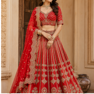 Ruhani Crimson Heritage Red Bridal Lehenga by Maharani Designer Boutique Step into timeless bridal elegance with the Ruhani Crimson Heritage Lehenga, a statement red bridal ensemble created for women who want to celebrate traditional Indian fashion with grandeur, sophistication and unforgettable detailing. Presented by Maharani Designer Boutique, this richly embellished lehenga features a vibrant crimson-red colour palette, intricate gold-toned embroidery, an ornate blouse and a beautifully coordinated sheer dupatta with an elaborate border. Designed to make a powerful impression at weddings and grand celebrations, this ensemble combines classic bridal styling with a polished contemporary silhouette. The deep red base creates a traditional bridal appearance, while the extensive gold embroidery adds richness and dimension throughout the lehenga, blouse and dupatta. The lehenga showcases a flowing, voluminous silhouette decorated with repeating vertical ornamental panels. Each panel features detailed gold-inspired motifs that extend toward the hem, creating a beautiful sense of length and movement. The lower portion is finished with multiple elaborate borders, giving the skirt a luxurious and ceremonial appearance. The matching blouse continues the decorative language of the lehenga. Its neckline, sleeves and lower edge are enhanced with ornate gold embroidery, while small motifs across the red base connect the blouse visually with the skirt. Completing the ensemble is a lightweight-looking red dupatta featuring delicate scattered embellishments and a wide embroidered border. Draped over the shoulder, it creates an elegant frame around the complete outfit and adds another layer of traditional bridal character. Whether you are searching for a red bridal lehenga, red wedding lehenga, designer bridal lehenga, heavy embroidered lehenga, red and gold lehenga, Indian bridal lehenga, or a luxurious wedding outfit, Ruhani is designed to bring a regal presence to your most memorable occasions. A Classic Red Bridal Colour Palette Red has long been associated with celebration, romance, tradition and bridal fashion. The Ruhani Lehenga embraces this iconic colour through a rich crimson-red base that immediately establishes its bridal character. Rather than relying on a single flat tone, the extensive gold detailing creates contrast across the fabric. The result is a dramatic combination of red and gold that looks particularly striking under warm indoor lighting and evening celebration settings. The colour combination also offers tremendous versatility when it comes to jewellery. Traditional gold jewellery blends naturally with the embroidery, while kundan-inspired, polki-inspired or antique-finish accessories can introduce additional dimension. For a bride who wants a classic appearance, red and gold remain an enduring choice. Elaborately Embroidered Lehenga Skirt The lehenga skirt is the centrepiece of the ensemble. Its expansive silhouette creates graceful movement and provides an impressive canvas for the elaborate embroidery. Bridal Red Embroidered ,Red Bridal Lehenga Choli,Bridal Designer Lehenga with Gold Embroidery,MDB 027210164 ,MDB 027210162 The skirt features multiple vertical decorative sections, with ornate gold motifs arranged from the upper portion toward the lower hem. These repeating panels create rhythm throughout the garment while helping emphasize the flowing shape of the lehenga. The embroidery incorporates floral, paisley-inspired and ornamental patterns, giving the skirt a richly traditional appearance. The lower section becomes progressively more elaborate, with several decorative borders adding weight and definition to the hem. When the skirt moves, the embroidered panels create a dynamic visual effect, allowing the detailing to remain visible from different angles. Statement Gold Embroidery The defining feature of Ruhani is its extensive gold-toned embroidery. The decorative work is distributed thoughtfully across the entire outfit rather than being concentrated in only one location. Gold detailing appears across: The blouse Lehenga panels Lehenga hem Dupatta border Dupatta motifs Sleeve edges Waist area This coordinated placement creates a complete designer look. The embroidery provides contrast against the crimson-red base and gives the outfit its ceremonial richness. For bridal portraits, close-up photography and wedding celebrations, the detailed surface work adds texture and visual depth. Ornate Bridal Blouse The blouse has been designed as an integral part of the overall lehenga composition. It features a traditional short silhouette with a beautifully decorated neckline and sleeves. The front is covered with intricate gold-toned motifs that echo the patterns seen throughout the skirt. The neckline is framed with decorative embroidery, creating a polished transition between the blouse and the wearer's jewellery. The sleeves feature elaborate detailing along the edges, adding refinement to the overall design. The lower border of the blouse also features ornamental embroidery, creating a defined finish around the waist. This makes the blouse visually complete even when the dupatta is styled away from the torso. Traditional Neckline Detailing The neckline is one of the most important visual features of a bridal blouse. Ruhani features a graceful neckline surrounded by detailed gold embroidery. The decorative framing draws attention toward the face and creates a natural space for a bridal necklace or choker. For a traditional bridal look, the neckline can be complemented with a statement choker layered with a longer necklace. For a more contemporary appearance, a single ornate necklace can provide a cleaner silhouette. Embellished Sleeves The sleeves continue the luxurious character of the blouse. Detailed embroidery frames the sleeve edges and complements the rest of the outfit. The sleeve length provides an elegant balance between traditional coverage and modern bridal styling. The decorated sleeve cuffs also work beautifully with bridal bangles. Gold bangles, red bridal bangles or a combination of both can emphasize the detailed borders around the wrists. Grand Lehenga Border The hemline is particularly elaborate. Several layers of decorative borders create a substantial finishing detail around the lower edge of the lehenga. The embroidery incorporates repeating floral and ornamental forms, producing a rich frame around the skirt. The lower border also helps define the silhouette when the lehenga is photographed from a distance. This makes the garment suitable for grand bridal entrances, reception photography and full-length portraits. Flowing Bridal Silhouette The voluminous lehenga silhouette creates an unmistakably celebratory appearance. The skirt opens outward from the waist and falls gracefully toward the floor. This shape allows the embroidery to spread across a larger surface area, creating a dramatic visual effect. The flowing structure also provides movement while walking, making the outfit particularly suitable for wedding entrances and photography. For brides who love traditional Indian silhouettes but want a statement-making designer appearance, this style offers a timeless foundation. Sheer Red Dupatta The matching red dupatta completes the bridal ensemble. It features a lightweight-looking sheer appearance with delicate scattered gold embellishments. The transparent quality allows the rich red tone of the outfit to remain visible while adding softness around the shoulders. Its most prominent feature is the wide decorative border. The border is heavily detailed and runs along the length of the dupatta, creating a strong finishing element. When draped over one shoulder, the border creates a beautiful vertical line that complements the embroidered lehenga. Designer Dupatta Border The dupatta border is intentionally bold enough to balance the richly embroidered skirt. Its ornate pattern connects with the borders found on the lehenga and blouse. This repetition creates consistency across the three-piece ensemble. For a bridal look, the dupatta can be draped over one shoulder and allowed to fall toward the floor. For traditional ceremonies, it can be arranged over the head, allowing the decorative border to frame the face. For reception styling, a more relaxed shoulder drape can create a contemporary appearance. Perfect Bridal Wedding Outfit Ruhani is designed primarily for grand wedding occasions. The combination of crimson red and gold embroidery makes it particularly suitable for brides who want a traditional and luxurious wedding aesthetic. It can be considered for: Bridal wedding ceremonies Wedding receptions Engagement celebrations Sangeet functions Mehndi events Cocktail-style wedding celebrations Family wedding functions Bridal portraits Pre-wedding photography Formal festive celebrations Its rich detailing allows it to stand confidently as a primary bridal outfit while its classic colour palette keeps it timeless. Bridal Wedding Styling For a traditional bridal appearance, pair the lehenga with layered gold jewellery. A statement choker can sit beautifully against the decorated neckline, while a longer necklace can add depth. Complete the jewellery with: Maang tikka Jhumka earrings Bridal bangles Rings Waist belt Traditional nose ring The red-and-gold colour palette works particularly well with classic bridal accessories. For footwear, choose embellished gold, red or metallic heels that complement the lehenga. Reception Styling The same lehenga can be styled differently for a wedding reception. Instead of layering multiple heavy necklaces, choose statement earrings and a single elegant necklace. Wear the dupatta over one shoulder and allow the embroidered border to remain visible. A polished hairstyle, luminous makeup and embellished clutch can complete the look. The extensive embroidery means accessories can be adjusted according to personal preference without compromising the richness of the outfit. Sangeet Styling For a sangeet celebration, the lehenga can be styled with slightly more playful accessories. Choose statement earrings, layered bangles and a decorative clutch. A soft, voluminous hairstyle can complement the flowing silhouette. The lehenga's broad flare also allows comfortable visual movement during photographs and celebratory moments. Mehndi Function Styling For a mehndi event, introduce contrasting accessories while maintaining the red-and-gold foundation. Green, pink or multicoloured jewellery can add a youthful touch. Floral accessories can also create a softer pre-wedding appearance. For the dupatta, a relaxed drape allows the embroidery on the blouse and lehenga to remain clearly visible. Jewellery Pairing Guide Gold Jewellery Traditional gold jewellery is the most natural pairing. It harmonizes with the gold-toned embroidery and enhances the overall bridal aesthetic. Kundan-Inspired Jewellery Kundan-inspired pieces can create an ornate royal appearance. Polki-Inspired Jewellery Polki-inspired jewellery can provide additional bridal grandeur. Jhumkas Large jhumkas complement the traditional character of the outfit. Choker A statement choker works particularly well with the ornate blouse neckline. Maang Tikka A maang tikka creates a classic bridal finishing touch. Bangles Layered bangles emphasize the traditional red bridal aesthetic. Hairstyle Recommendations The hairstyle can dramatically change the overall mood of the ensemble. Traditional Bun A classic bridal bun decorated with flowers creates a timeless appearance. Soft Waves Loose waves provide a softer, contemporary look for receptions. Braided Hairstyle A decorated braid complements traditional wedding styling. Low Bun A sleek low bun allows the neckline and jewellery to remain prominent. Side-Swept Waves Side-swept curls can create a glamorous reception appearance. Makeup Inspiration The red-and-gold colour palette provides plenty of opportunities for bridal makeup. A traditional bridal look can include glowing skin, defined eyes, fuller lashes and a rich red lip. For a softer reception look, choose warm neutral eye makeup with luminous skin and a rose-toned lip. Gold-toned highlights can complement the embroidery. For daytime celebrations, slightly softer makeup can balance the intensity of the red. For evening ceremonies, stronger eye definition and richer lip colour can complement the dramatic colour palette. Bridal Photography Appeal Ruhani is especially suited to full-length bridal photography. The expansive skirt creates a dramatic silhouette, while the repeated embroidery gives photographs plenty of texture. The dupatta adds another visual layer and can be positioned in different ways for portraits. For close-up photographs, the blouse neckline, sleeve detailing and jewellery create a rich frame around the face. For full-length photographs, the ornate hem and flowing silhouette become the focal point. Traditional Meets Contemporary While the colour and embroidery are rooted in traditional bridal fashion, the overall silhouette can be styled in a contemporary way. A modern hairstyle, minimalist jewellery and structured draping can transform the outfit into a sophisticated fashion-forward bridal look. Alternatively, traditional jewellery, classic makeup and a head-draped dupatta can create a more conventional bridal appearance. This adaptability allows the same lehenga to reflect different personal styles. Ideal for the Modern Bride The Ruhani Lehenga is suited to the bride who appreciates classic colour but wants a refined designer presentation. The red base provides traditional bridal symbolism, while the structured placement of embroidery gives the ensemble a sophisticated finish. The combination is dramatic without needing additional colour blocking. The gold detailing provides all the contrast necessary to make the garment visually impressive. A Memorable Statement Piece A bridal lehenga is more than an outfit. It becomes part of the visual memory of one of life's most important celebrations. Ruhani is designed with this idea in mind. The rich red colour, elaborate gold embroidery, flowing silhouette and statement dupatta work together to create an ensemble intended to be remembered. From the bridal entrance to wedding portraits and reception photographs, the outfit provides a strong visual presence. Styling With a Waist Belt A traditional or contemporary waist belt can be added around the waist to emphasize the lehenga silhouette. A gold-toned belt can blend with the embroidery. A statement kamarbandh can create a more traditional bridal appearance. This styling option is particularly effective when the dupatta is positioned over one shoulder. Styling With Bridal Bangles Red bridal bangles can reinforce the traditional colour story. Gold bangles can echo the embroidery. A combination of red and gold bangles creates a cohesive bridal appearance. Keep the remaining jewellery balanced so that the overall styling remains elegant rather than visually overwhelming. Footwear Recommendations Choose footwear that complements the length and silhouette of the lehenga. Embellished heels can provide height while maintaining the formal character of the outfit. Gold sandals offer a seamless match with the embroidery. Traditional juttis or embellished mojaris can provide an ethnic alternative. Since the lehenga reaches the floor, the footwear should be selected with the final outfit length in mind. Clutch & Accessories A small embellished clutch can complete the look. Choose gold, red, champagne or complementary metallic tones. Avoid accessories with patterns that compete heavily with the embroidery. A simple ornate clutch can provide a polished finishing detail. Occasion Versatility Although the Ruhani Lehenga has a distinctly bridal aesthetic, it can also be styled for other grand celebrations. It can work beautifully for bridesmaids, close family members, wedding receptions and formal cultural events when styled appropriately. For non-bridal wear, reduce the jewellery and choose a simpler dupatta drape. This allows the detailed lehenga to remain the primary statement. Maharani Designer Boutique Maharani Designer Boutique brings together traditional Indian aesthetics and contemporary occasion-wear styling. The Ruhani Crimson Heritage Lehenga represents this design direction through its traditional red colour, elaborate gold embroidery and graceful silhouette. It is an ensemble created for women who appreciate statement ethnic fashion and want an outfit that feels appropriate for weddings, celebrations and memorable occasions. Whether selected as a bridal lehenga or as an elaborate wedding outfit, its combination of rich colour and detailed ornamentation creates a strong designer-inspired appearance. Product Details Product Name: Ruhani Crimson Heritage Lehenga Brand: Maharani Designer Boutique Category: Bridal Lehenga / Designer Lehenga Primary Colour: Crimson Red Embroidery: Gold-toned floral and ornamental detailing Blouse: Embroidered red bridal blouse with detailed neckline and sleeves Lehenga: Flared red skirt with repeated ornamental panels and elaborate borders Dupatta: Red sheer-style dupatta with scattered embellishments and ornate embroidered border Style: Traditional Indian Bridal / Designer Wedding Wear Ideal For: Weddings, Bridal Ceremonies, Receptions, Engagements, Sangeet, Mehndi and Grand Celebrations Exact fabric composition, lining, embroidery technique, measurements, blouse construction and customization options should be confirmed with Maharani Designer Boutique before purchase, as these details cannot be established reliably from the image alone. Care & Storage Because this ensemble features extensive decorative work, careful handling is recommended. Store the lehenga in a clean garment bag away from moisture and direct sunlight. Avoid placing heavy garments or accessories directly on top of the embroidered areas. Keep perfumes, oils and cosmetic products away from the fabric. When transporting the outfit, fold it carefully and protect the embroidered surface from friction. The dupatta should be stored separately or folded carefully to prevent its decorative border from becoming crushed. Always follow the garment's actual care label for cleaning instructions. Depending on the final fabric and embellishment, professional cleaning may be recommended. After wearing the outfit, allow it to air appropriately before long-term storage and ensure it is completely dry before packing. red bridal lehenga, red bridal lehenga for wedding, red wedding lehenga, red wedding lehenga for bride, red bridal lehenga online, designer red bridal lehenga, designer bridal lehenga, bridal lehenga online, bridal lehenga for women, bridal lehenga India, Indian bridal lehenga, traditional bridal lehenga, traditional red lehenga, red and gold bridal lehenga, red and gold lehenga, red gold wedding lehenga, gold embroidered red lehenga, heavily embroidered bridal lehenga, heavy work bridal lehenga, heavy embroidery lehenga, embroidered bridal lehenga, designer wedding lehenga, luxury bridal lehenga, luxury red lehenga, bridal wear lehenga, wedding wear lehenga, wedding lehenga for bride