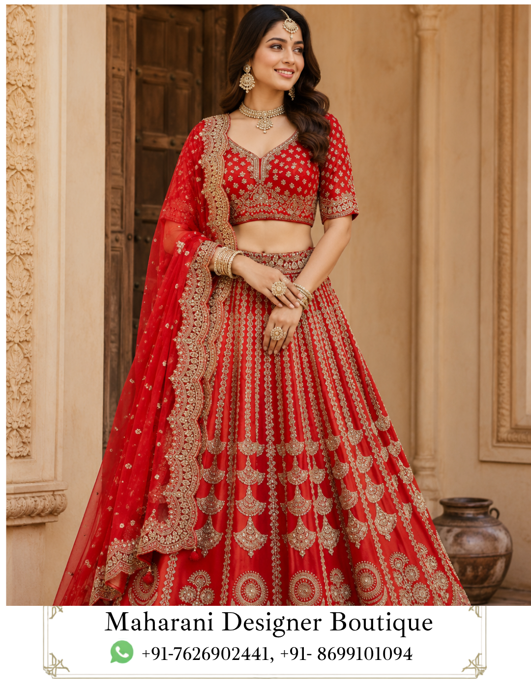 Ruhani Crimson Heritage Red Bridal Lehenga by Maharani Designer Boutique Step into timeless bridal elegance with the Ruhani Crimson Heritage Lehenga, a statement red bridal ensemble created for women who want to celebrate traditional Indian fashion with grandeur, sophistication and unforgettable detailing. Presented by Maharani Designer Boutique, this richly embellished lehenga features a vibrant crimson-red colour palette, intricate gold-toned embroidery, an ornate blouse and a beautifully coordinated sheer dupatta with an elaborate border. Designed to make a powerful impression at weddings and grand celebrations, this ensemble combines classic bridal styling with a polished contemporary silhouette. The deep red base creates a traditional bridal appearance, while the extensive gold embroidery adds richness and dimension throughout the lehenga, blouse and dupatta. The lehenga showcases a flowing, voluminous silhouette decorated with repeating vertical ornamental panels. Each panel features detailed gold-inspired motifs that extend toward the hem, creating a beautiful sense of length and movement. The lower portion is finished with multiple elaborate borders, giving the skirt a luxurious and ceremonial appearance. The matching blouse continues the decorative language of the lehenga. Its neckline, sleeves and lower edge are enhanced with ornate gold embroidery, while small motifs across the red base connect the blouse visually with the skirt. Completing the ensemble is a lightweight-looking red dupatta featuring delicate scattered embellishments and a wide embroidered border. Draped over the shoulder, it creates an elegant frame around the complete outfit and adds another layer of traditional bridal character. Whether you are searching for a red bridal lehenga, red wedding lehenga, designer bridal lehenga, heavy embroidered lehenga, red and gold lehenga, Indian bridal lehenga, or a luxurious wedding outfit, Ruhani is designed to bring a regal presence to your most memorable occasions. A Classic Red Bridal Colour Palette Red has long been associated with celebration, romance, tradition and bridal fashion. The Ruhani Lehenga embraces this iconic colour through a rich crimson-red base that immediately establishes its bridal character. Rather than relying on a single flat tone, the extensive gold detailing creates contrast across the fabric. The result is a dramatic combination of red and gold that looks particularly striking under warm indoor lighting and evening celebration settings. The colour combination also offers tremendous versatility when it comes to jewellery. Traditional gold jewellery blends naturally with the embroidery, while kundan-inspired, polki-inspired or antique-finish accessories can introduce additional dimension. For a bride who wants a classic appearance, red and gold remain an enduring choice. Elaborately Embroidered Lehenga Skirt The lehenga skirt is the centrepiece of the ensemble. Its expansive silhouette creates graceful movement and provides an impressive canvas for the elaborate embroidery. Bridal Red Embroidered ,Red Bridal Lehenga Choli,Bridal Designer Lehenga with Gold Embroidery,MDB 027210164 ,MDB 027210162 The skirt features multiple vertical decorative sections, with ornate gold motifs arranged from the upper portion toward the lower hem. These repeating panels create rhythm throughout the garment while helping emphasize the flowing shape of the lehenga. The embroidery incorporates floral, paisley-inspired and ornamental patterns, giving the skirt a richly traditional appearance. The lower section becomes progressively more elaborate, with several decorative borders adding weight and definition to the hem. When the skirt moves, the embroidered panels create a dynamic visual effect, allowing the detailing to remain visible from different angles. Statement Gold Embroidery The defining feature of Ruhani is its extensive gold-toned embroidery. The decorative work is distributed thoughtfully across the entire outfit rather than being concentrated in only one location. Gold detailing appears across: The blouse Lehenga panels Lehenga hem Dupatta border Dupatta motifs Sleeve edges Waist area This coordinated placement creates a complete designer look. The embroidery provides contrast against the crimson-red base and gives the outfit its ceremonial richness. For bridal portraits, close-up photography and wedding celebrations, the detailed surface work adds texture and visual depth. Ornate Bridal Blouse The blouse has been designed as an integral part of the overall lehenga composition. It features a traditional short silhouette with a beautifully decorated neckline and sleeves. The front is covered with intricate gold-toned motifs that echo the patterns seen throughout the skirt. The neckline is framed with decorative embroidery, creating a polished transition between the blouse and the wearer's jewellery. The sleeves feature elaborate detailing along the edges, adding refinement to the overall design. The lower border of the blouse also features ornamental embroidery, creating a defined finish around the waist. This makes the blouse visually complete even when the dupatta is styled away from the torso. Traditional Neckline Detailing The neckline is one of the most important visual features of a bridal blouse. Ruhani features a graceful neckline surrounded by detailed gold embroidery. The decorative framing draws attention toward the face and creates a natural space for a bridal necklace or choker. For a traditional bridal look, the neckline can be complemented with a statement choker layered with a longer necklace. For a more contemporary appearance, a single ornate necklace can provide a cleaner silhouette. Embellished Sleeves The sleeves continue the luxurious character of the blouse. Detailed embroidery frames the sleeve edges and complements the rest of the outfit. The sleeve length provides an elegant balance between traditional coverage and modern bridal styling. The decorated sleeve cuffs also work beautifully with bridal bangles. Gold bangles, red bridal bangles or a combination of both can emphasize the detailed borders around the wrists. Grand Lehenga Border The hemline is particularly elaborate. Several layers of decorative borders create a substantial finishing detail around the lower edge of the lehenga. The embroidery incorporates repeating floral and ornamental forms, producing a rich frame around the skirt. The lower border also helps define the silhouette when the lehenga is photographed from a distance. This makes the garment suitable for grand bridal entrances, reception photography and full-length portraits. Flowing Bridal Silhouette The voluminous lehenga silhouette creates an unmistakably celebratory appearance. The skirt opens outward from the waist and falls gracefully toward the floor. This shape allows the embroidery to spread across a larger surface area, creating a dramatic visual effect. The flowing structure also provides movement while walking, making the outfit particularly suitable for wedding entrances and photography. For brides who love traditional Indian silhouettes but want a statement-making designer appearance, this style offers a timeless foundation. Sheer Red Dupatta The matching red dupatta completes the bridal ensemble. It features a lightweight-looking sheer appearance with delicate scattered gold embellishments. The transparent quality allows the rich red tone of the outfit to remain visible while adding softness around the shoulders. Its most prominent feature is the wide decorative border. The border is heavily detailed and runs along the length of the dupatta, creating a strong finishing element. When draped over one shoulder, the border creates a beautiful vertical line that complements the embroidered lehenga. Designer Dupatta Border The dupatta border is intentionally bold enough to balance the richly embroidered skirt. Its ornate pattern connects with the borders found on the lehenga and blouse. This repetition creates consistency across the three-piece ensemble. For a bridal look, the dupatta can be draped over one shoulder and allowed to fall toward the floor. For traditional ceremonies, it can be arranged over the head, allowing the decorative border to frame the face. For reception styling, a more relaxed shoulder drape can create a contemporary appearance. Perfect Bridal Wedding Outfit Ruhani is designed primarily for grand wedding occasions. The combination of crimson red and gold embroidery makes it particularly suitable for brides who want a traditional and luxurious wedding aesthetic. It can be considered for: Bridal wedding ceremonies Wedding receptions Engagement celebrations Sangeet functions Mehndi events Cocktail-style wedding celebrations Family wedding functions Bridal portraits Pre-wedding photography Formal festive celebrations Its rich detailing allows it to stand confidently as a primary bridal outfit while its classic colour palette keeps it timeless. Bridal Wedding Styling For a traditional bridal appearance, pair the lehenga with layered gold jewellery. A statement choker can sit beautifully against the decorated neckline, while a longer necklace can add depth. Complete the jewellery with: Maang tikka Jhumka earrings Bridal bangles Rings Waist belt Traditional nose ring The red-and-gold colour palette works particularly well with classic bridal accessories. For footwear, choose embellished gold, red or metallic heels that complement the lehenga. Reception Styling The same lehenga can be styled differently for a wedding reception. Instead of layering multiple heavy necklaces, choose statement earrings and a single elegant necklace. Wear the dupatta over one shoulder and allow the embroidered border to remain visible. A polished hairstyle, luminous makeup and embellished clutch can complete the look. The extensive embroidery means accessories can be adjusted according to personal preference without compromising the richness of the outfit. Sangeet Styling For a sangeet celebration, the lehenga can be styled with slightly more playful accessories. Choose statement earrings, layered bangles and a decorative clutch. A soft, voluminous hairstyle can complement the flowing silhouette. The lehenga's broad flare also allows comfortable visual movement during photographs and celebratory moments. Mehndi Function Styling For a mehndi event, introduce contrasting accessories while maintaining the red-and-gold foundation. Green, pink or multicoloured jewellery can add a youthful touch. Floral accessories can also create a softer pre-wedding appearance. For the dupatta, a relaxed drape allows the embroidery on the blouse and lehenga to remain clearly visible. Jewellery Pairing Guide Gold Jewellery Traditional gold jewellery is the most natural pairing. It harmonizes with the gold-toned embroidery and enhances the overall bridal aesthetic. Kundan-Inspired Jewellery Kundan-inspired pieces can create an ornate royal appearance. Polki-Inspired Jewellery Polki-inspired jewellery can provide additional bridal grandeur. Jhumkas Large jhumkas complement the traditional character of the outfit. Choker A statement choker works particularly well with the ornate blouse neckline. Maang Tikka A maang tikka creates a classic bridal finishing touch. Bangles Layered bangles emphasize the traditional red bridal aesthetic. Hairstyle Recommendations The hairstyle can dramatically change the overall mood of the ensemble. Traditional Bun A classic bridal bun decorated with flowers creates a timeless appearance. Soft Waves Loose waves provide a softer, contemporary look for receptions. Braided Hairstyle A decorated braid complements traditional wedding styling. Low Bun A sleek low bun allows the neckline and jewellery to remain prominent. Side-Swept Waves Side-swept curls can create a glamorous reception appearance. Makeup Inspiration The red-and-gold colour palette provides plenty of opportunities for bridal makeup. A traditional bridal look can include glowing skin, defined eyes, fuller lashes and a rich red lip. For a softer reception look, choose warm neutral eye makeup with luminous skin and a rose-toned lip. Gold-toned highlights can complement the embroidery. For daytime celebrations, slightly softer makeup can balance the intensity of the red. For evening ceremonies, stronger eye definition and richer lip colour can complement the dramatic colour palette. Bridal Photography Appeal Ruhani is especially suited to full-length bridal photography. The expansive skirt creates a dramatic silhouette, while the repeated embroidery gives photographs plenty of texture. The dupatta adds another visual layer and can be positioned in different ways for portraits. For close-up photographs, the blouse neckline, sleeve detailing and jewellery create a rich frame around the face. For full-length photographs, the ornate hem and flowing silhouette become the focal point. Traditional Meets Contemporary While the colour and embroidery are rooted in traditional bridal fashion, the overall silhouette can be styled in a contemporary way. A modern hairstyle, minimalist jewellery and structured draping can transform the outfit into a sophisticated fashion-forward bridal look. Alternatively, traditional jewellery, classic makeup and a head-draped dupatta can create a more conventional bridal appearance. This adaptability allows the same lehenga to reflect different personal styles. Ideal for the Modern Bride The Ruhani Lehenga is suited to the bride who appreciates classic colour but wants a refined designer presentation. The red base provides traditional bridal symbolism, while the structured placement of embroidery gives the ensemble a sophisticated finish. The combination is dramatic without needing additional colour blocking. The gold detailing provides all the contrast necessary to make the garment visually impressive. A Memorable Statement Piece A bridal lehenga is more than an outfit. It becomes part of the visual memory of one of life's most important celebrations. Ruhani is designed with this idea in mind. The rich red colour, elaborate gold embroidery, flowing silhouette and statement dupatta work together to create an ensemble intended to be remembered. From the bridal entrance to wedding portraits and reception photographs, the outfit provides a strong visual presence. Styling With a Waist Belt A traditional or contemporary waist belt can be added around the waist to emphasize the lehenga silhouette. A gold-toned belt can blend with the embroidery. A statement kamarbandh can create a more traditional bridal appearance. This styling option is particularly effective when the dupatta is positioned over one shoulder. Styling With Bridal Bangles Red bridal bangles can reinforce the traditional colour story. Gold bangles can echo the embroidery. A combination of red and gold bangles creates a cohesive bridal appearance. Keep the remaining jewellery balanced so that the overall styling remains elegant rather than visually overwhelming. Footwear Recommendations Choose footwear that complements the length and silhouette of the lehenga. Embellished heels can provide height while maintaining the formal character of the outfit. Gold sandals offer a seamless match with the embroidery. Traditional juttis or embellished mojaris can provide an ethnic alternative. Since the lehenga reaches the floor, the footwear should be selected with the final outfit length in mind. Clutch & Accessories A small embellished clutch can complete the look. Choose gold, red, champagne or complementary metallic tones. Avoid accessories with patterns that compete heavily with the embroidery. A simple ornate clutch can provide a polished finishing detail. Occasion Versatility Although the Ruhani Lehenga has a distinctly bridal aesthetic, it can also be styled for other grand celebrations. It can work beautifully for bridesmaids, close family members, wedding receptions and formal cultural events when styled appropriately. For non-bridal wear, reduce the jewellery and choose a simpler dupatta drape. This allows the detailed lehenga to remain the primary statement. Maharani Designer Boutique Maharani Designer Boutique brings together traditional Indian aesthetics and contemporary occasion-wear styling. The Ruhani Crimson Heritage Lehenga represents this design direction through its traditional red colour, elaborate gold embroidery and graceful silhouette. It is an ensemble created for women who appreciate statement ethnic fashion and want an outfit that feels appropriate for weddings, celebrations and memorable occasions. Whether selected as a bridal lehenga or as an elaborate wedding outfit, its combination of rich colour and detailed ornamentation creates a strong designer-inspired appearance. Product Details Product Name: Ruhani Crimson Heritage Lehenga Brand: Maharani Designer Boutique Category: Bridal Lehenga / Designer Lehenga Primary Colour: Crimson Red Embroidery: Gold-toned floral and ornamental detailing Blouse: Embroidered red bridal blouse with detailed neckline and sleeves Lehenga: Flared red skirt with repeated ornamental panels and elaborate borders Dupatta: Red sheer-style dupatta with scattered embellishments and ornate embroidered border Style: Traditional Indian Bridal / Designer Wedding Wear Ideal For: Weddings, Bridal Ceremonies, Receptions, Engagements, Sangeet, Mehndi and Grand Celebrations Exact fabric composition, lining, embroidery technique, measurements, blouse construction and customization options should be confirmed with Maharani Designer Boutique before purchase, as these details cannot be established reliably from the image alone. Care & Storage Because this ensemble features extensive decorative work, careful handling is recommended. Store the lehenga in a clean garment bag away from moisture and direct sunlight. Avoid placing heavy garments or accessories directly on top of the embroidered areas. Keep perfumes, oils and cosmetic products away from the fabric. When transporting the outfit, fold it carefully and protect the embroidered surface from friction. The dupatta should be stored separately or folded carefully to prevent its decorative border from becoming crushed. Always follow the garment's actual care label for cleaning instructions. Depending on the final fabric and embellishment, professional cleaning may be recommended. After wearing the outfit, allow it to air appropriately before long-term storage and ensure it is completely dry before packing. red bridal lehenga, red bridal lehenga for wedding, red wedding lehenga, red wedding lehenga for bride, red bridal lehenga online, designer red bridal lehenga, designer bridal lehenga, bridal lehenga online, bridal lehenga for women, bridal lehenga India, Indian bridal lehenga, traditional bridal lehenga, traditional red lehenga, red and gold bridal lehenga, red and gold lehenga, red gold wedding lehenga, gold embroidered red lehenga, heavily embroidered bridal lehenga, heavy work bridal lehenga, heavy embroidery lehenga, embroidered bridal lehenga, designer wedding lehenga, luxury bridal lehenga, luxury red lehenga, bridal wear lehenga, wedding wear lehenga, wedding lehenga for bride