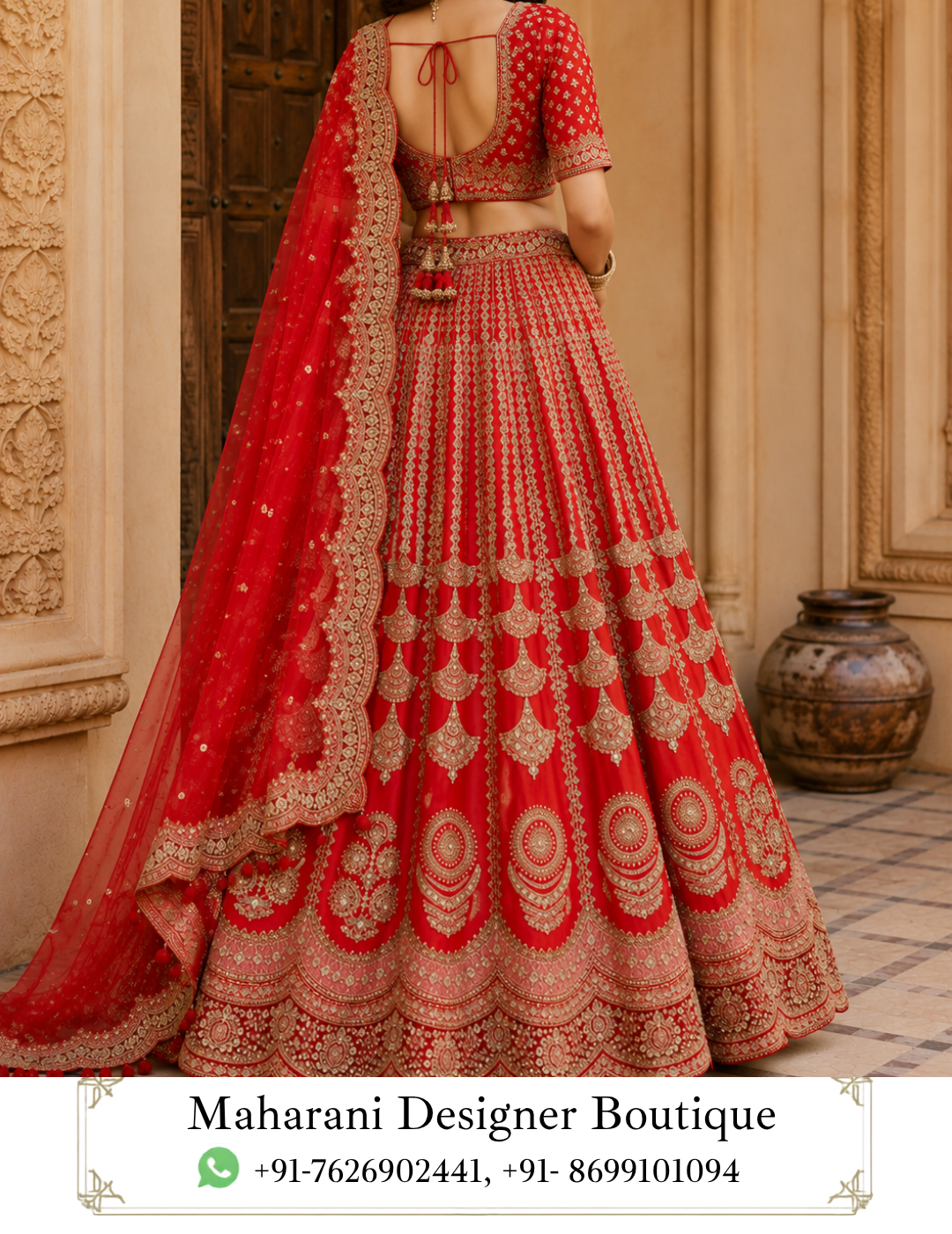 Ruhani Crimson Heritage Red Bridal Lehenga by Maharani Designer Boutique Step into timeless bridal elegance with the Ruhani Crimson Heritage Lehenga, a statement red bridal ensemble created for women who want to celebrate traditional Indian fashion with grandeur, sophistication and unforgettable detailing. Presented by Maharani Designer Boutique, this richly embellished lehenga features a vibrant crimson-red colour palette, intricate gold-toned embroidery, an ornate blouse and a beautifully coordinated sheer dupatta with an elaborate border. Designed to make a powerful impression at weddings and grand celebrations, this ensemble combines classic bridal styling with a polished contemporary silhouette. The deep red base creates a traditional bridal appearance, while the extensive gold embroidery adds richness and dimension throughout the lehenga, blouse and dupatta. The lehenga showcases a flowing, voluminous silhouette decorated with repeating vertical ornamental panels. Each panel features detailed gold-inspired motifs that extend toward the hem, creating a beautiful sense of length and movement. The lower portion is finished with multiple elaborate borders, giving the skirt a luxurious and ceremonial appearance. The matching blouse continues the decorative language of the lehenga. Its neckline, sleeves and lower edge are enhanced with ornate gold embroidery, while small motifs across the red base connect the blouse visually with the skirt. Completing the ensemble is a lightweight-looking red dupatta featuring delicate scattered embellishments and a wide embroidered border. Draped over the shoulder, it creates an elegant frame around the complete outfit and adds another layer of traditional bridal character. Whether you are searching for a red bridal lehenga, red wedding lehenga, designer bridal lehenga, heavy embroidered lehenga, red and gold lehenga, Indian bridal lehenga, or a luxurious wedding outfit, Ruhani is designed to bring a regal presence to your most memorable occasions. A Classic Red Bridal Colour Palette Red has long been associated with celebration, romance, tradition and bridal fashion. The Ruhani Lehenga embraces this iconic colour through a rich crimson-red base that immediately establishes its bridal character. Rather than relying on a single flat tone, the extensive gold detailing creates contrast across the fabric. The result is a dramatic combination of red and gold that looks particularly striking under warm indoor lighting and evening celebration settings. The colour combination also offers tremendous versatility when it comes to jewellery. Traditional gold jewellery blends naturally with the embroidery, while kundan-inspired, polki-inspired or antique-finish accessories can introduce additional dimension. For a bride who wants a classic appearance, red and gold remain an enduring choice. Elaborately Embroidered Lehenga Skirt The lehenga skirt is the centrepiece of the ensemble. Its expansive silhouette creates graceful movement and provides an impressive canvas for the elaborate embroidery. Bridal Red Embroidered ,Red Bridal Lehenga Choli,Bridal Designer Lehenga with Gold Embroidery,MDB 027210164 ,MDB 027210162 The skirt features multiple vertical decorative sections, with ornate gold motifs arranged from the upper portion toward the lower hem. These repeating panels create rhythm throughout the garment while helping emphasize the flowing shape of the lehenga. The embroidery incorporates floral, paisley-inspired and ornamental patterns, giving the skirt a richly traditional appearance. The lower section becomes progressively more elaborate, with several decorative borders adding weight and definition to the hem. When the skirt moves, the embroidered panels create a dynamic visual effect, allowing the detailing to remain visible from different angles. Statement Gold Embroidery The defining feature of Ruhani is its extensive gold-toned embroidery. The decorative work is distributed thoughtfully across the entire outfit rather than being concentrated in only one location. Gold detailing appears across: The blouse Lehenga panels Lehenga hem Dupatta border Dupatta motifs Sleeve edges Waist area This coordinated placement creates a complete designer look. The embroidery provides contrast against the crimson-red base and gives the outfit its ceremonial richness. For bridal portraits, close-up photography and wedding celebrations, the detailed surface work adds texture and visual depth. Ornate Bridal Blouse The blouse has been designed as an integral part of the overall lehenga composition. It features a traditional short silhouette with a beautifully decorated neckline and sleeves. The front is covered with intricate gold-toned motifs that echo the patterns seen throughout the skirt. The neckline is framed with decorative embroidery, creating a polished transition between the blouse and the wearer's jewellery. The sleeves feature elaborate detailing along the edges, adding refinement to the overall design. The lower border of the blouse also features ornamental embroidery, creating a defined finish around the waist. This makes the blouse visually complete even when the dupatta is styled away from the torso. Traditional Neckline Detailing The neckline is one of the most important visual features of a bridal blouse. Ruhani features a graceful neckline surrounded by detailed gold embroidery. The decorative framing draws attention toward the face and creates a natural space for a bridal necklace or choker. For a traditional bridal look, the neckline can be complemented with a statement choker layered with a longer necklace. For a more contemporary appearance, a single ornate necklace can provide a cleaner silhouette. Embellished Sleeves The sleeves continue the luxurious character of the blouse. Detailed embroidery frames the sleeve edges and complements the rest of the outfit. The sleeve length provides an elegant balance between traditional coverage and modern bridal styling. The decorated sleeve cuffs also work beautifully with bridal bangles. Gold bangles, red bridal bangles or a combination of both can emphasize the detailed borders around the wrists. Grand Lehenga Border The hemline is particularly elaborate. Several layers of decorative borders create a substantial finishing detail around the lower edge of the lehenga. The embroidery incorporates repeating floral and ornamental forms, producing a rich frame around the skirt. The lower border also helps define the silhouette when the lehenga is photographed from a distance. This makes the garment suitable for grand bridal entrances, reception photography and full-length portraits. Flowing Bridal Silhouette The voluminous lehenga silhouette creates an unmistakably celebratory appearance. The skirt opens outward from the waist and falls gracefully toward the floor. This shape allows the embroidery to spread across a larger surface area, creating a dramatic visual effect. The flowing structure also provides movement while walking, making the outfit particularly suitable for wedding entrances and photography. For brides who love traditional Indian silhouettes but want a statement-making designer appearance, this style offers a timeless foundation. Sheer Red Dupatta The matching red dupatta completes the bridal ensemble. It features a lightweight-looking sheer appearance with delicate scattered gold embellishments. The transparent quality allows the rich red tone of the outfit to remain visible while adding softness around the shoulders. Its most prominent feature is the wide decorative border. The border is heavily detailed and runs along the length of the dupatta, creating a strong finishing element. When draped over one shoulder, the border creates a beautiful vertical line that complements the embroidered lehenga. Designer Dupatta Border The dupatta border is intentionally bold enough to balance the richly embroidered skirt. Its ornate pattern connects with the borders found on the lehenga and blouse. This repetition creates consistency across the three-piece ensemble. For a bridal look, the dupatta can be draped over one shoulder and allowed to fall toward the floor. For traditional ceremonies, it can be arranged over the head, allowing the decorative border to frame the face. For reception styling, a more relaxed shoulder drape can create a contemporary appearance. Perfect Bridal Wedding Outfit Ruhani is designed primarily for grand wedding occasions. The combination of crimson red and gold embroidery makes it particularly suitable for brides who want a traditional and luxurious wedding aesthetic. It can be considered for: Bridal wedding ceremonies Wedding receptions Engagement celebrations Sangeet functions Mehndi events Cocktail-style wedding celebrations Family wedding functions Bridal portraits Pre-wedding photography Formal festive celebrations Its rich detailing allows it to stand confidently as a primary bridal outfit while its classic colour palette keeps it timeless. Bridal Wedding Styling For a traditional bridal appearance, pair the lehenga with layered gold jewellery. A statement choker can sit beautifully against the decorated neckline, while a longer necklace can add depth. Complete the jewellery with: Maang tikka Jhumka earrings Bridal bangles Rings Waist belt Traditional nose ring The red-and-gold colour palette works particularly well with classic bridal accessories. For footwear, choose embellished gold, red or metallic heels that complement the lehenga. Reception Styling The same lehenga can be styled differently for a wedding reception. Instead of layering multiple heavy necklaces, choose statement earrings and a single elegant necklace. Wear the dupatta over one shoulder and allow the embroidered border to remain visible. A polished hairstyle, luminous makeup and embellished clutch can complete the look. The extensive embroidery means accessories can be adjusted according to personal preference without compromising the richness of the outfit. Sangeet Styling For a sangeet celebration, the lehenga can be styled with slightly more playful accessories. Choose statement earrings, layered bangles and a decorative clutch. A soft, voluminous hairstyle can complement the flowing silhouette. The lehenga's broad flare also allows comfortable visual movement during photographs and celebratory moments. Mehndi Function Styling For a mehndi event, introduce contrasting accessories while maintaining the red-and-gold foundation. Green, pink or multicoloured jewellery can add a youthful touch. Floral accessories can also create a softer pre-wedding appearance. For the dupatta, a relaxed drape allows the embroidery on the blouse and lehenga to remain clearly visible. Jewellery Pairing Guide Gold Jewellery Traditional gold jewellery is the most natural pairing. It harmonizes with the gold-toned embroidery and enhances the overall bridal aesthetic. Kundan-Inspired Jewellery Kundan-inspired pieces can create an ornate royal appearance. Polki-Inspired Jewellery Polki-inspired jewellery can provide additional bridal grandeur. Jhumkas Large jhumkas complement the traditional character of the outfit. Choker A statement choker works particularly well with the ornate blouse neckline. Maang Tikka A maang tikka creates a classic bridal finishing touch. Bangles Layered bangles emphasize the traditional red bridal aesthetic. Hairstyle Recommendations The hairstyle can dramatically change the overall mood of the ensemble. Traditional Bun A classic bridal bun decorated with flowers creates a timeless appearance. Soft Waves Loose waves provide a softer, contemporary look for receptions. Braided Hairstyle A decorated braid complements traditional wedding styling. Low Bun A sleek low bun allows the neckline and jewellery to remain prominent. Side-Swept Waves Side-swept curls can create a glamorous reception appearance. Makeup Inspiration The red-and-gold colour palette provides plenty of opportunities for bridal makeup. A traditional bridal look can include glowing skin, defined eyes, fuller lashes and a rich red lip. For a softer reception look, choose warm neutral eye makeup with luminous skin and a rose-toned lip. Gold-toned highlights can complement the embroidery. For daytime celebrations, slightly softer makeup can balance the intensity of the red. For evening ceremonies, stronger eye definition and richer lip colour can complement the dramatic colour palette. Bridal Photography Appeal Ruhani is especially suited to full-length bridal photography. The expansive skirt creates a dramatic silhouette, while the repeated embroidery gives photographs plenty of texture. The dupatta adds another visual layer and can be positioned in different ways for portraits. For close-up photographs, the blouse neckline, sleeve detailing and jewellery create a rich frame around the face. For full-length photographs, the ornate hem and flowing silhouette become the focal point. Traditional Meets Contemporary While the colour and embroidery are rooted in traditional bridal fashion, the overall silhouette can be styled in a contemporary way. A modern hairstyle, minimalist jewellery and structured draping can transform the outfit into a sophisticated fashion-forward bridal look. Alternatively, traditional jewellery, classic makeup and a head-draped dupatta can create a more conventional bridal appearance. This adaptability allows the same lehenga to reflect different personal styles. Ideal for the Modern Bride The Ruhani Lehenga is suited to the bride who appreciates classic colour but wants a refined designer presentation. The red base provides traditional bridal symbolism, while the structured placement of embroidery gives the ensemble a sophisticated finish. The combination is dramatic without needing additional colour blocking. The gold detailing provides all the contrast necessary to make the garment visually impressive. A Memorable Statement Piece A bridal lehenga is more than an outfit. It becomes part of the visual memory of one of life's most important celebrations. Ruhani is designed with this idea in mind. The rich red colour, elaborate gold embroidery, flowing silhouette and statement dupatta work together to create an ensemble intended to be remembered. From the bridal entrance to wedding portraits and reception photographs, the outfit provides a strong visual presence. Styling With a Waist Belt A traditional or contemporary waist belt can be added around the waist to emphasize the lehenga silhouette. A gold-toned belt can blend with the embroidery. A statement kamarbandh can create a more traditional bridal appearance. This styling option is particularly effective when the dupatta is positioned over one shoulder. Styling With Bridal Bangles Red bridal bangles can reinforce the traditional colour story. Gold bangles can echo the embroidery. A combination of red and gold bangles creates a cohesive bridal appearance. Keep the remaining jewellery balanced so that the overall styling remains elegant rather than visually overwhelming. Footwear Recommendations Choose footwear that complements the length and silhouette of the lehenga. Embellished heels can provide height while maintaining the formal character of the outfit. Gold sandals offer a seamless match with the embroidery. Traditional juttis or embellished mojaris can provide an ethnic alternative. Since the lehenga reaches the floor, the footwear should be selected with the final outfit length in mind. Clutch & Accessories A small embellished clutch can complete the look. Choose gold, red, champagne or complementary metallic tones. Avoid accessories with patterns that compete heavily with the embroidery. A simple ornate clutch can provide a polished finishing detail. Occasion Versatility Although the Ruhani Lehenga has a distinctly bridal aesthetic, it can also be styled for other grand celebrations. It can work beautifully for bridesmaids, close family members, wedding receptions and formal cultural events when styled appropriately. For non-bridal wear, reduce the jewellery and choose a simpler dupatta drape. This allows the detailed lehenga to remain the primary statement. Maharani Designer Boutique Maharani Designer Boutique brings together traditional Indian aesthetics and contemporary occasion-wear styling. The Ruhani Crimson Heritage Lehenga represents this design direction through its traditional red colour, elaborate gold embroidery and graceful silhouette. It is an ensemble created for women who appreciate statement ethnic fashion and want an outfit that feels appropriate for weddings, celebrations and memorable occasions. Whether selected as a bridal lehenga or as an elaborate wedding outfit, its combination of rich colour and detailed ornamentation creates a strong designer-inspired appearance. Product Details Product Name: Ruhani Crimson Heritage Lehenga Brand: Maharani Designer Boutique Category: Bridal Lehenga / Designer Lehenga Primary Colour: Crimson Red Embroidery: Gold-toned floral and ornamental detailing Blouse: Embroidered red bridal blouse with detailed neckline and sleeves Lehenga: Flared red skirt with repeated ornamental panels and elaborate borders Dupatta: Red sheer-style dupatta with scattered embellishments and ornate embroidered border Style: Traditional Indian Bridal / Designer Wedding Wear Ideal For: Weddings, Bridal Ceremonies, Receptions, Engagements, Sangeet, Mehndi and Grand Celebrations Exact fabric composition, lining, embroidery technique, measurements, blouse construction and customization options should be confirmed with Maharani Designer Boutique before purchase, as these details cannot be established reliably from the image alone. Care & Storage Because this ensemble features extensive decorative work, careful handling is recommended. Store the lehenga in a clean garment bag away from moisture and direct sunlight. Avoid placing heavy garments or accessories directly on top of the embroidered areas. Keep perfumes, oils and cosmetic products away from the fabric. When transporting the outfit, fold it carefully and protect the embroidered surface from friction. The dupatta should be stored separately or folded carefully to prevent its decorative border from becoming crushed. Always follow the garment's actual care label for cleaning instructions. Depending on the final fabric and embellishment, professional cleaning may be recommended. After wearing the outfit, allow it to air appropriately before long-term storage and ensure it is completely dry before packing. red bridal lehenga, red bridal lehenga for wedding, red wedding lehenga, red wedding lehenga for bride, red bridal lehenga online, designer red bridal lehenga, designer bridal lehenga, bridal lehenga online, bridal lehenga for women, bridal lehenga India, Indian bridal lehenga, traditional bridal lehenga, traditional red lehenga, red and gold bridal lehenga, red and gold lehenga, red gold wedding lehenga, gold embroidered red lehenga, heavily embroidered bridal lehenga, heavy work bridal lehenga, heavy embroidery lehenga, embroidered bridal lehenga, designer wedding lehenga, luxury bridal lehenga, luxury red lehenga, bridal wear lehenga, wedding wear lehenga, wedding lehenga for bride