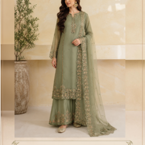 Sage Royale – Sage Green Embroidered Designer Suit Introducing Sage Royale, an elegant sage green designer suit created for women who appreciate understated luxury, refined embroidery, and timeless Indian ethnic fashion. Designed by Maharani Designer Boutique, this sophisticated three-piece ensemble combines a graceful sage green kurta, matching wide-leg trousers, and a lightweight sheer dupatta adorned with intricate floral embroidery. The beauty of Sage Royale lies in its subtle colour palette and detailed craftsmanship. Rather than relying on bold colours or excessive embellishment, this ensemble creates an elegant statement through delicate embroidery, tonal coordination, graceful proportions, and carefully placed borders. The soft sage green shade gives the outfit a sophisticated and contemporary character. It is versatile enough for daytime celebrations, intimate wedding functions, festive gatherings, formal lunches, family occasions, and elegant evening events. The kurta features a refined neckline with an elongated embroidered motif running down the centre. Delicate floral detailing is distributed across the front, while the sleeves feature beautifully embroidered cuffs. A statement floral border decorates the lower edge of the kurta, creating a polished finishing detail. The matching wide-leg pants continue the floral embroidery theme along the lower portion. This creates visual continuity between the kurta and trousers while maintaining the relaxed elegance of the silhouette. The sheer dupatta completes the look. Its soft sage green tone coordinates with the rest of the ensemble, while the richly embroidered floral border adds definition and sophistication. The delicate embroidery running along the dupatta creates a beautiful flowing effect when draped over the shoulder. Sage Royale is designed for the modern woman who wants Indian ethnic wear that feels luxurious without appearing overly heavy. The Sophistication of Sage Green Sage green has become a beautiful choice for contemporary Indian fashion because of its soft, sophisticated character. Unlike brighter greens, sage offers a muted and elegant appearance. It feels fresh without being loud. It works beautifully with gold accessories. It can also be paired with pearl, kundan, antique gold, or delicate contemporary jewellery. In Sage Royale, the colour is used throughout the kurta, trousers, and dupatta to create a harmonious monochromatic appearance. The result is an outfit that feels coordinated from head to toe. The subtle green shade is especially suitable for women who prefer sophisticated pastel and muted colour palettes. It can be worn during daytime celebrations and easily transitioned into evening occasions through jewellery and makeup styling. Elegant Three-Piece Designer Ensemble Sage Royale is presented as a coordinated three-piece Indian outfit consisting of: Embroidered sage green kurta Matching wide-leg pants Embroidered sheer dupatta Each component contributes to the overall aesthetic. The kurta provides the primary embroidered focal point. The wide-leg pants add movement and comfort. The dupatta introduces softness and an elegant finishing layer. Together, the three pieces create a balanced silhouette that is graceful, feminine, and contemporary. The coordinated colour palette allows the embroidery to remain the main visual feature. Intricate Embroidered Kurta The kurta is the central element of Sage Royale. Its design combines a clean silhouette with delicate floral embroidery. The neckline features an elegant rounded opening with a subtle slit-like detail. From the neckline, an elongated embroidered motif extends vertically down the centre. This creates a beautiful focal point around the upper body. The embroidery includes delicate floral and botanical-inspired elements. Small embellishments are distributed across the body of the kurta, creating subtle detail without overwhelming the soft sage base. The overall arrangement gives the garment a sophisticated designer appearance. Statement Neckline The neckline is designed to create a refined focal point. The soft rounded neckline is complemented by an elongated embroidered motif. This vertical embroidery adds definition while maintaining the understated character of the outfit. The neckline can be styled beautifully with a delicate necklace. Alternatively, statement earrings can be worn while keeping the neck area minimal. For festive occasions, a traditional kundan or gold choker can add a more regal character. For daytime events, pearl or delicate gold jewellery can create a softer appearance. Floral Embroidery Floral embroidery is one of the defining characteristics of Sage Royale. The motifs appear throughout the kurta, sleeves, trousers, and dupatta. This creates a consistent design language across the entire ensemble. The floral patterns feature delicate branches, leaves, blossoms, and ornamental arrangements. The embroidery is especially prominent along the lower border of the kurta. This creates a beautiful visual transition between the relatively minimal upper section and the more decorative lower section. The floral embroidery also creates a feminine character without making the outfit appear overly ornate. Embroidered Sleeve Cuffs The sleeves feature beautifully detailed embroidered cuffs. The cuffs create a statement around the wrists and coordinate with the embroidery throughout the outfit. This makes them particularly attractive when paired with traditional bangles or bracelets. Gold bangles can emphasize the festive character. Delicate bracelets can create a more contemporary appearance. The sleeves provide enough detail to make the outfit feel luxurious while maintaining a graceful and wearable silhouette. Intricate Kurta Hemline The lower border of the kurta is richly embroidered with floral and botanical motifs. The embroidery creates a decorative frame around the hem. This detail becomes particularly noticeable when the kurta is worn with the matching wide-leg pants. The border adds structure to the outfit and creates a beautiful contrast against the otherwise soft and understated sage green base. The floral arrangement continues the embroidery story from the neckline and sleeves. Matching Wide-Leg Pants The coordinated wide-leg pants provide a modern interpretation of traditional Indian trousers. Their relaxed silhouette allows natural movement. The wide-leg design creates a graceful flow and works beautifully with the longer kurta. The lower portion of the pants features elaborate floral embroidery. This creates an elegant statement around the ankles while maintaining the clean appearance of the upper section. The wide-leg silhouette also provides versatility in styling. It can be paired with traditional footwear such as juttis or embellished flats. For a contemporary look, metallic heels or delicate sandals can be selected. Embroidered Trouser Border The floral embroidery along the lower portion of the trousers provides a beautiful finishing detail. It creates continuity with the embroidered kurta hem. When the wearer walks, the movement of the wide-leg trousers allows the embroidery to become visible. This makes the ensemble particularly attractive in photographs and videos. The matching embroidery ensures that the trousers feel like an integral part of the designer ensemble rather than a simple supporting piece. Sheer Embroidered Dupatta The dupatta adds an elegant final layer to Sage Royale. Its lightweight, sheer appearance creates softness around the silhouette. The sage green colour blends naturally with the kurta and trousers. The dupatta features delicate scattered motifs throughout the body. The most prominent detail is the embroidered border. The border creates definition along the edges and adds a luxurious finish. When draped over one shoulder, the embroidered border falls vertically alongside the kurta. This creates an elongated appearance. The dupatta can also be draped across both shoulders for a more traditional Indian look. Floral Dupatta Border The embroidered dupatta border is one of the most noticeable details of the ensemble. It features a rich floral composition that runs along the length of the dupatta. The border is particularly effective because it contrasts subtly against the sheer fabric. The result is delicate yet luxurious. The border can be positioned prominently over the shoulder to showcase the embroidery. Alternatively, it can be allowed to fall naturally for a softer and more relaxed appearance. Minimal Luxury Sage Royale represents a refined approach to occasion wear. The design does not depend on excessive embellishment. Instead, it combines: Soft colour. Intricate embroidery. Elegant proportions. Flowing fabric. Delicate detailing. This makes the outfit suitable for women who want a sophisticated statement rather than an extremely heavy bridal ensemble. The result is luxurious, feminine, and timeless. Perfect for Daytime Celebrations The sage green colour makes Sage Royale particularly suitable for daytime occasions. It can be worn for: Day weddings Mehendi functions Brunch celebrations Family gatherings Festive lunches Engagement ceremonies Cultural events Intimate wedding functions For daytime styling, choose delicate jewellery and soft makeup. Pearls, light gold jewellery, or floral accessories can complement the muted green palette beautifully. Elegant Mehendi Outfit Sage Royale can be an excellent choice for a mehendi celebration. The soft green shade naturally complements the colourful and floral atmosphere associated with mehendi events. For a daytime mehendi, consider pairing the outfit with floral earrings or delicate jewellery. A loose hairstyle or soft waves can create a relaxed festive appearance. For evening mehendi celebrations, add gold statement earrings and a more defined eye look. Engagement Ceremony Look The elegant embroidery makes Sage Royale suitable for engagement celebrations. The outfit can be styled with a statement necklace and matching earrings. A sleek low bun can create a polished appearance. Alternatively, soft curls can introduce a romantic touch. For makeup, luminous skin, soft peach blush, defined eyes, and a neutral or rosy lip can complement the sage green colour. Wedding Guest Outfit Sage Royale can be styled beautifully as a wedding guest outfit. Its sophisticated colour palette allows you to stand out while maintaining an elegant appearance. Pair it with statement earrings, a small embellished clutch, and traditional footwear. For a more contemporary wedding guest look, choose metallic heels and modern jewellery. The outfit is particularly suitable for daytime wedding ceremonies and smaller evening celebrations. Festive Indian Wear The ensemble can also be styled for festive celebrations. It works beautifully for: Diwali gatherings Family celebrations Anniversary events Festive dinners Religious and cultural functions Holiday celebrations Formal family occasions Gold accessories can instantly elevate the look. For a more understated festive appearance, choose delicate jewellery and minimal makeup. Formal Evening Styling Although sage green has a soft appearance, the intricate embroidery allows Sage Royale to transition beautifully into evening wear. For an evening event, add: Statement gold earrings Gold bracelet Embellished clutch Metallic heels Defined eye makeup The sheer dupatta can be draped elegantly over one shoulder. This creates a sophisticated evening silhouette. Jewellery Styling Sage green works beautifully with several jewellery tones. Gold Jewellery Gold is an excellent choice for traditional occasions. A gold choker, jhumkas, bangles, and rings can create a regal appearance. Kundan Jewellery Kundan-inspired jewellery can enhance the traditional Indian character of the ensemble. Pearl Jewellery Pearls create a softer and more contemporary appearance. Contemporary Jewellery Minimal statement earrings can create a modern luxury look. The outfit is versatile enough to accommodate both traditional and contemporary accessories. Hairstyle Suggestions A sleek low bun can create a classic Indian appearance. Add delicate flowers for a more traditional wedding look. Soft waves can create a contemporary and feminine appearance. A centre-parted hairstyle can complement the embroidered neckline. For an evening event, polished waves or a sophisticated updo can complete the look. Makeup Suggestions The muted sage palette pairs beautifully with warm neutral makeup. For daytime: Soft brown eyeshadow Defined lashes Peach blush Natural highlight Nude-pink lipstick For evening: Gold or champagne shimmer Defined eyeliner Warm bronzer Rosy blush Rose, mauve, or nude lipstick Avoid overpowering the delicate colour palette with overly dramatic colours. Photography-Friendly Design Sage Royale is particularly well suited to elegant photography. The muted green colour creates a soft visual background. The embroidered neckline provides a strong portrait focal point. The detailed hemline creates texture in full-length images. The flowing dupatta adds movement. The wide-leg trousers create a graceful silhouette. The ensemble can be photographed beautifully against: Heritage architecture Garden settings Neutral interiors Palace-inspired venues Luxury hotel spaces Minimal studio backgrounds Destination Wedding Styling Sage Royale can work beautifully for destination wedding celebrations. Its soft colour palette is ideal for garden weddings, heritage venues, luxury resorts, and intimate destination ceremonies. For outdoor celebrations, the sheer dupatta can be styled loosely to create movement. For evening functions, traditional gold jewellery can add additional richness. The versatile colour makes the ensemble suitable for different wedding themes. Contemporary Indian Fashion Sage Royale represents the modern evolution of Indian ethnic wear. The outfit maintains familiar traditional elements such as embroidery, kurta styling, wide-leg trousers, and a dupatta. However, the muted sage colour and clean silhouette give the ensemble a contemporary identity. This makes it ideal for women who want traditional clothing with a modern luxury feel. Designer Indian Wear for Global Customers Indian ethnic wear has become an important part of celebrations around the world. Sage Royale can be styled for weddings, festivals, cultural celebrations, and formal events in India and internationally. Its sophisticated colour palette makes it particularly versatile for multicultural weddings and destination celebrations. Maharani Designer Boutique serves customers looking for premium Indian designer wear and offers PAN India and worldwide shipping. Custom-Made Experience At Maharani Designer Boutique, selected designs may be customised or made to measure depending on the design and customer requirements. Possible customisation may include measurements, fitting, sleeve preferences, neckline adjustments, garment length, trouser styling, and other design details where applicable. Customers requiring an outfit for a particular wedding or event are encouraged to share their event date before placing an order. Production timelines may vary depending on embroidery, construction, customisation, and order requirements. A Versatile Addition to Your Wardrobe Sage Royale is not limited to one occasion. Its elegant colour and sophisticated design allow it to be styled repeatedly for different celebrations. Wear it with statement jewellery for a wedding. Choose delicate accessories for a daytime gathering. Pair it with contemporary heels for an evening event. Style it with traditional juttis for a festive family function. The same ensemble can therefore create different looks depending on accessories and styling. The Appeal of Monochromatic Indian Fashion Monochromatic styling creates an elegant and cohesive appearance. Sage Royale uses sage green throughout the kurta, pants, and dupatta. This creates visual harmony. Instead of relying on contrasting colours, the outfit uses embroidery and texture to create interest. The result is sophisticated and refined. This makes the ensemble particularly suitable for women who appreciate subtle luxury. Floral Craftsmanship The floral embroidery brings softness and femininity to the overall design. Flowers appear along the neckline, sleeves, kurta hem, trouser border, and dupatta. The consistent motif creates a cohesive design language. The floral detailing also ensures that the outfit remains connected to traditional Indian craftsmanship. At the same time, its muted colour palette keeps the overall appearance modern. A Refined Alternative to Heavy Bridal Wear Not every wedding function requires a heavily embellished lehenga. Sage Royale offers an elegant alternative for women who prefer a lighter and more sophisticated appearance. The embroidery provides richness. The flowing silhouette provides grace. The sage green colour provides freshness. The sheer dupatta adds delicacy. This makes it particularly suitable for pre-wedding events, intimate weddings, day ceremonies, and sophisticated family celebrations. Care and Storage Because this ensemble includes delicate embroidery and a sheer embroidered dupatta, careful handling is recommended. Store the outfit in a clean, dry garment bag. Keep embroidered surfaces protected from friction. Avoid placing heavy garments over the embroidered areas. Fold the dupatta carefully to protect its embroidered border. Keep the ensemble away from excessive moisture and prolonged direct sunlight. Professional cleaning is recommended for detailed occasion wear. The exact cleaning method should always be selected according to the final fabric and embellishment specifications. Follow the care instructions provided with the finished garment. Why Choose Sage Royale? Choose Sage Royale if you are looking for: Sage green designer suit Sage green embroidered suit Sage green salwar suit Sage green Punjabi suit Sage green ethnic wear Sage green party wear suit Sage green wedding guest outfit Sage green festive suit Embroidered designer suit Floral embroidered suit Sage green suit with dupatta Sage green wide-leg pants suit Designer Indian suit Luxury ethnic wear Contemporary Indian ethnic wear Wedding guest suit Mehendi outfit Engagement outfit Festive Indian outfit Designer boutique suit Premium Indian occasion wear The Perfect Balance of Tradition and Modernity Sage Royale brings together traditional Indian design elements with contemporary styling. The embroidered kurta provides heritage-inspired elegance. The wide-leg trousers introduce modern comfort and movement. The sheer dupatta adds softness. The sage green colour creates a contemporary identity. Together, these elements create a balanced outfit for today's woman. Final Look Sage Royale is a refined sage green designer suit created for women who appreciate sophisticated Indian fashion, delicate embroidery, and effortless elegance. The coordinated ensemble features an intricately embroidered sage green kurta, matching wide-leg pants, and a graceful sheer dupatta. The kurta showcases a beautifully detailed neckline with an elongated floral motif, delicate scattered embroidery, embellished sleeve cuffs, and a statement floral border along the hem. The matching wide-leg pants feature coordinating floral embroidery along the lower section, creating balance and continuity. The sheer dupatta completes the look with subtle scattered motifs and a beautifully embroidered floral border. The muted sage green palette gives the ensemble a fresh and sophisticated character, while the detailed embroidery provides the richness expected from premium occasion wear. Whether styled for a mehendi ceremony, engagement celebration, wedding function, festive gathering, family celebration, formal dinner, or destination wedding, Sage Royale offers an elegant interpretation of modern Indian ethnic fashion. Designed by Maharani Designer Boutique, this ensemble reflects a philosophy of combining traditional craftsmanship with contemporary elegance. For current availability, pricing, fabric specifications, measurements, customisation options, production timelines, and shipping information, contact Maharani Designer Boutique before placing your order. Product Highlights Sage green designer suit Elegant monochromatic colour palette Embroidered sage green kurta Floral and botanical embroidery Detailed neckline embroidery Embroidered sleeve cuffs Elaborate kurta hem Matching wide-leg trousers Floral embroidered trouser border Sheer sage green dupatta Embroidered dupatta border Scattered floral dupatta motifs Contemporary Indian silhouette Suitable for weddings Ideal for mehendi functions Perfect for engagement ceremonies Elegant wedding guest outfit Suitable for festive celebrations Beautiful daytime occasion wear Sophisticated evening styling Destination wedding suitable Premium Indian ethnic wear Customisation may be available Made-to-measure options may be available PAN India and worldwide shipping Sage green suit, sage green designer suit, sage green embroidered suit, sage green salwar suit, sage green Punjabi suit, sage green ethnic wear, sage green party wear suit, sage green wedding suit, sage green wedding guest outfit, sage green suit for women, sage green suit with dupatta, sage green embroidered salwar suit, sage green floral suit, embroidered designer suit, floral embroidered suit, designer salwar suit, designer Punjabi suit, designer Indian suit, luxury Indian ethnic wear, premium ethnic wear, contemporary Indian ethnic wear, wedding guest suit, mehendi outfit, engagement outfit, festive Indian outfit, party wear salwar suit, designer boutique suit, Indian designer clothing, ethnic wear online, designer suits online, sage green suit Canada, sage green suit USA, sage green suit UK, Indian suits Canada, Indian suits USA, Indian suits UK, designer boutique Jalandhar, boutique suits Jalandhar, designer suits Jalandhar, Maharani Designer Boutique.