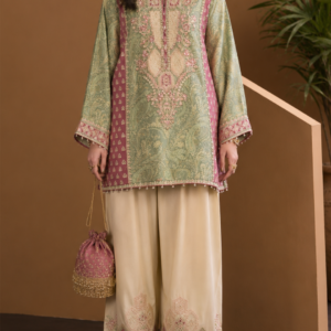 Mehfil-e-Gul – Sage Green & Blush Pink Designer Punjabi Suit Introduce understated luxury to your ethnic wardrobe with Mehfil-e-Gul, a beautifully designed sage green and blush pink Punjabi suit from Maharani Designer Boutique. Created for women who appreciate elegant colour combinations, intricate traditional-inspired detailing, and contemporary silhouettes, this ensemble brings together soft sophistication and timeless Indian style. The outfit features a beautifully detailed sage green kurta with a relaxed straight silhouette, contrasting blush pink side panels, an intricately decorated neckline, long sleeves, and statement embroidered borders. It is paired with a flowing ivory-toned wide-leg palazzo featuring delicate motifs and richly finished borders. The overall colour palette combines sage green, blush pink, ivory, and antique-gold-inspired detailing, creating a graceful and sophisticated appearance. The muted shades make this outfit versatile enough for daytime celebrations, festive gatherings, family functions, intimate weddings, and elegant evening occasions. The kurta showcases intricate ornamental and floral-inspired patterns across the front and sleeves. The neckline is highlighted with a decorative embroidered panel, while the sleeve cuffs and lower hem feature coordinated borders. Small decorative details along the hem add a delicate finishing touch. The contrasting blush pink panels bring character to the otherwise serene sage green base. This thoughtful use of contrast creates a modern designer appearance while maintaining the traditional identity of the Punjabi suit. The ivory wide-leg palazzo completes the ensemble with a relaxed and graceful silhouette. Its lower portion is decorated with geometric and floral-inspired motifs, creating a statement border that complements the pink and sage detailing of the kurta. Mehfil-e-Gul is an ideal choice for women searching for a sophisticated designer Punjabi suit, festive Indian outfit, elegant ethnic wear ensemble, or contemporary traditional suit for a special occasion. The Beauty of Sage Green Sage green gives this ensemble its calm and sophisticated personality. Unlike brighter greens, sage green has a soft muted quality that makes it particularly easy to wear for different occasions. It creates an elegant foundation for the contrasting blush pink and ivory elements. The colour works beautifully with gold jewellery because the warm metallic tones add richness to the muted green base. Sage green is also particularly suited to daytime celebrations. It looks fresh in natural light while maintaining enough sophistication for formal occasions. For women who prefer pastel-inspired Indian clothing but still want traditional detailing, this colour provides an excellent balance. The sage green kurta can also be styled independently with different bottoms and accessories, making it a versatile addition to an ethnic wardrobe. Blush Pink Contrast Detailing One of the defining features of Mehfil-e-Gul is the use of blush pink detailing. The pink panels create a beautiful contrast against the sage green base without overwhelming the overall design. This colour combination gives the outfit a feminine yet sophisticated character. Blush pink appears through the contrasting side sections and coordinated borders, creating visual continuity throughout the outfit. The combination of sage green and blush pink is especially attractive for spring and summer celebrations, daytime weddings, festive lunches, family gatherings, and elegant cultural occasions. The muted tones also make the outfit easy to accessorise with gold, pearl, champagne, rose-toned, and neutral accessories. Intricately Designed Kurta The kurta is the focal point of the ensemble. Its straight silhouette creates a polished and contemporary appearance while retaining the traditional character of Indian ethnic wear. The sage green fabric is decorated with intricate ornamental motifs arranged across the front. The embroidery and decorative detailing incorporate floral, paisley-inspired, and traditional Indian patterns, creating texture across the garment. The front panel is especially detailed and draws attention towards the neckline. The overall arrangement of motifs creates a balanced appearance, allowing the base colour to remain visible between the decorative elements. This prevents the outfit from appearing overly heavy while still giving it the richness expected from designer occasion wear. Statement Neckline The neckline is one of the most detailed sections of the kurta. A vertically arranged embroidered panel extends from the neckline towards the centre of the garment. It features delicate ornamental motifs and contrasting blush pink and gold-toned detailing. This vertical placement creates an elongated visual effect and naturally draws attention towards the face. The neckline also creates an ideal foundation for jewellery. A delicate necklace can complement the design for a subtle look, while statement earrings can be used to create a more contemporary appearance. For a traditional occasion, the neckline can be paired with a choker, jhumkas, and bangles. Intricate Sleeve Design The long sleeves add sophistication to the silhouette. The sage green sleeves feature detailed patterns inspired by traditional Indian ornamentation. The cuffs are finished with a contrasting blush pink and ivory-toned border that coordinates with the rest of the outfit. Small decorative elements along the sleeve border add additional visual interest. The sleeve design creates continuity between the upper portion of the kurta and the lower hem. This makes the ensemble appear carefully coordinated from every angle. The long sleeves also make the outfit suitable for formal occasions where a more polished and elegant silhouette is preferred. Decorative Kurta Hem The lower hem of the kurta features a beautifully designed multi-layered border. The border incorporates sage green, blush pink, ivory, and gold-inspired details. Geometric patterns, floral-inspired motifs, and decorative lines create a rich finishing effect. Small hanging decorative details along the hem add subtle movement and enhance the traditional character of the garment. The heavier hem creates a beautiful visual transition between the kurta and the palazzo. It also adds structure to the straight silhouette. Wide-Leg Palazzo The ivory-toned wide-leg palazzo provides a beautiful contrast to the sage green kurta. Its relaxed and flowing silhouette gives the outfit a contemporary character while maintaining the elegance of traditional Indian dressing. The wide-leg shape creates natural movement and provides a comfortable alternative to a conventional straight trouser. The ivory colour allows the intricate lower border to stand out. The palazzo features delicate motifs across the lower section, combining floral and ornamental-inspired detailing. As the palazzo reaches the hem, the embroidery becomes more prominent. This creates a statement finish that coordinates beautifully with the kurta borders. Intricate Palazzo Border The palazzo hem is one of the most visually striking elements of the lower half of the ensemble. It features multiple layers of decorative detailing. Geometric patterns create structure, while floral and ornamental motifs introduce traditional Indian character. Blush pink accents create a connection between the palazzo and the contrasting panels of the kurta. The detailed border also gives the wide-leg silhouette a beautifully finished appearance. When the palazzo moves, the border becomes particularly noticeable, creating an elegant visual effect. A Contemporary Interpretation of Punjabi Fashion Mehfil-e-Gul takes the familiar Punjabi suit and presents it through a contemporary designer perspective. Traditional elements such as embroidery, ornamental borders, floral motifs, and coordinated ethnic colours remain central to the design. At the same time, the combination of a streamlined kurta and wide-leg palazzo gives the ensemble a modern identity. The result is an outfit that feels traditional without appearing overly conventional. It is ideal for women who want Indian clothing that reflects their cultural roots while fitting naturally into a contemporary wardrobe. Perfect for Festive Celebrations The sophisticated colour palette makes this outfit suitable for a wide range of festive occasions. Wear it for: Diwali celebrations Family gatherings Festive lunches Religious and cultural functions Engagement celebrations Mehendi events Sangeet functions Wedding guest occasions Anniversary celebrations Festive dinners Formal family events Cultural celebrations Its versatility allows the styling to be adjusted according to the occasion. For daytime functions, choose delicate jewellery and soft makeup. For evening celebrations, add statement earrings, bangles, and a more glamorous beauty look. Elegant Wedding Guest Outfit If you are attending a wedding and want an outfit that feels luxurious without being excessively bridal, Mehfil-e-Gul is an elegant choice. The muted sage green and blush pink colour combination creates a sophisticated appearance. The intricate detailing provides the festive richness expected at a wedding while keeping the overall look refined. Pair the outfit with gold jhumkas, a delicate bracelet, a small embellished clutch, and comfortable heels or traditional footwear. For a close family wedding, you can add a statement necklace or choker. Beautiful Engagement Outfit The soft colour palette makes this Punjabi suit particularly suitable for engagement celebrations. For an engagement, style the outfit with statement earrings and a delicate necklace. A sleek hairstyle or soft waves can create a sophisticated appearance. For makeup, choose luminous skin, softly defined eyes, peach or rose-toned blush, and a nude-pink lip. The sage green and blush pink combination also works beautifully in photographs, making it an excellent option for engagement portraits and family photographs. Mehendi and Sangeet Styling For a mehendi celebration, the outfit can be styled with floral jewellery. Fresh or artificial flowers in blush pink, ivory, peach, and complementary green shades can coordinate beautifully with the colour palette. For a sangeet, statement earrings and a sleek hairstyle can give the outfit a more glamorous personality. The wide-leg palazzo allows comfortable movement while the detailed borders add visual interest. You can drape a coordinating dupatta if the design is purchased with one or style the ensemble according to the final set configuration. Festive Daywear One of the strongest qualities of this design is its suitability for daytime occasions. The soft sage green and ivory combination creates a fresh appearance. Unlike very dark or heavily embellished outfits, this ensemble has a lighter visual character while still offering detailed craftsmanship. It can be worn for festive brunches, family lunches, cultural celebrations, daytime weddings, and special gatherings. Pair it with delicate gold earrings, minimal bangles, and comfortable traditional footwear for an elegant daytime look. Jewellery Styling The outfit offers numerous jewellery possibilities. Gold jewellery is an excellent choice because it complements the warm embroidery. Traditional jhumkas can enhance the Punjabi character of the ensemble. A delicate gold choker can highlight the embroidered neckline. For a more contemporary appearance, choose oversized earrings and skip the necklace. Pearl jewellery can create a softer and more refined look. Kundan-inspired jewellery can make the outfit feel more regal for weddings and formal celebrations. Bangles in gold, blush, ivory, or muted green tones can complete the styling. Hairstyle Suggestions Soft waves are an excellent choice for a contemporary appearance. They create a romantic look while keeping the outfit visually balanced. For traditional occasions, a low bun can work beautifully with statement earrings. A centre-parted bun can introduce a more classic Indian character. For daytime events, a half-up hairstyle can create a relaxed yet polished appearance. If the final outfit is styled with a dupatta over the head, a neat bun provides a clean foundation. Makeup Styling The soft colour palette works beautifully with natural and luminous makeup. For daytime events, choose: Fresh-looking skin Soft brown eyeliner Peach or rose blush Nude-pink lipstick Subtle highlighter Neutral eyeshadow For evening occasions, introduce champagne or gold shimmer around the eyes. A deeper rose or berry-toned lip can add drama for formal celebrations. Warm, natural makeup allows the sage green and blush pink colours to remain the centre of attention. Photography-Friendly Design Mehfil-e-Gul has several elements that make it visually appealing in photographs. The detailed neckline creates an attractive focal point for portraits. The contrasting pink panels create visual structure. The embroidered sleeves provide texture. The decorated kurta hem adds definition. The wide-leg palazzo creates movement in full-length photographs. The ornate palazzo border provides a strong finishing detail. The muted colour palette also photographs beautifully against neutral interiors, heritage architecture, gardens, luxury venues, and warm-toned backgrounds. Contemporary Indian Occasion Wear Indian fashion continues to evolve by combining traditional craftsmanship with modern silhouettes. This ensemble reflects that evolution. The embroidery and decorative borders retain the richness of Indian clothing. The sage green and blush pink colour combination provides a contemporary identity. The wide-leg palazzo introduces a modern element. Together, these details create a sophisticated outfit for women who want ethnic wear that feels current and elegant. Suitable for Different Age Groups The refined colour palette and classic silhouette make this outfit versatile across different age groups. Younger women can style it with statement earrings, modern footwear, and soft waves. Women who prefer traditional styling can choose a choker, jhumkas, bangles, and a classic bun. The outfit does not rely on a highly dramatic silhouette, making it suitable for women who prefer understated elegance. Its timeless colour combination also allows the design to remain relevant beyond one fashion season. Destination Wedding Style The sophisticated palette works beautifully for destination celebrations. At a heritage property, the traditional embroidery can complement the architecture. At a luxury resort, the contemporary colour combination can create an elegant modern look. For outdoor celebrations, the sage green and blush pink tones can work beautifully against gardens and natural surroundings. Pair it with delicate jewellery for a daytime event or statement accessories for an evening celebration. Designer Indian Wear for Global Customers Punjabi suits continue to be popular among women attending Indian weddings and cultural celebrations around the world. Mehfil-e-Gul can be styled for celebrations in India and internationally, including events in Canada, the USA, the UK, Australia, New Zealand, and other destinations. The contemporary colour palette makes it particularly suitable for multicultural events where traditional Indian clothing is combined with modern styling. Maharani Designer Boutique offers PAN India and worldwide shipping for customers looking for designer Indian clothing. Custom-Made Designer Experience At Maharani Designer Boutique, selected designs can be customised or made to measure depending on the product and requirements. Customers may discuss measurements, fitting preferences, neckline details, sleeve requirements, length, and other possible modifications where applicable. If the outfit is being ordered for a specific wedding or event, sharing the event date before confirming the order is recommended. Production timelines may vary depending on the embroidery, construction, customisation, and order specifications. A Versatile Addition to Your Ethnic Wardrobe One of the advantages of a sophisticated Punjabi suit is its versatility. The kurta can potentially be styled with other bottoms for a different appearance. The wide-leg palazzo can also work with complementary short kurtas or festive tops, depending on styling preferences. The outfit can therefore become more than a one-time occasion piece. With different accessories, it can create a fresh look for each celebration. Traditional jewellery can make it festive. Minimal accessories can make it elegant. Statement earrings can make it glamorous. Floral accessories can make it perfect for a mehendi. Care and Storage Due to the detailed embroidery and decorative finishing, careful handling is recommended. Store the outfit in a clean and dry garment bag when not in use. Avoid placing heavy items directly over embroidered areas. Fold embellished sections carefully to help preserve their detailing. If a dupatta is included with the final set, store it separately or fold it carefully to protect its borders and embroidery. Professional cleaning is recommended for heavily embellished occasion wear. The appropriate cleaning method should always be determined according to the actual fabric and embellishment used in the finished garment. Why Choose Mehfil-e-Gul? Choose Mehfil-e-Gul if you are searching for: A sage green designer Punjabi suit A blush pink and green ethnic outfit A contemporary Punjabi suit An embroidered designer suit A wedding guest outfit An engagement suit A mehendi outfit A sangeet ensemble A festive Punjabi suit A sophisticated daytime ethnic outfit A designer suit for women Premium Indian occasion wear Custom-made Indian ethnic wear The Beauty of Subtle Designer Fashion Not every statement outfit needs to rely on bold colours or extremely heavy embellishment. Mehfil-e-Gul creates its impact through carefully balanced elements. The sage green base provides calmness. Blush pink introduces femininity. Ivory creates softness. Gold-inspired embroidery provides richness. Traditional motifs add cultural character. The wide-leg silhouette brings a contemporary touch. Together, these details create a sophisticated expression of Indian designer fashion. A Timeless Colour Combination Sage green and blush pink offer a colour combination that feels both contemporary and timeless. The colours are soft enough for daytime celebrations yet rich enough to be styled for formal events. The addition of ivory creates balance, while gold detailing gives the outfit a festive finish. This makes the colour palette versatile across seasons and occasions. It can be styled with warm gold accessories in winter or delicate floral jewellery during spring and summer celebrations. Final Look Mehfil-e-Gul is a graceful expression of contemporary Punjabi fashion, combining a sophisticated sage green base with blush pink accents, ivory detailing, and intricate traditional-inspired embroidery. The beautifully detailed kurta creates a refined upper silhouette, while the decorative neckline and front panel establish an elegant focal point. The long sleeves feature intricate detailing and contrasting cuffs, while the ornate lower border adds richness and structure. The ivory wide-leg palazzo creates a beautiful contrast and introduces movement to the ensemble. Its elaborate lower border brings together the sage green, blush pink, ivory, and gold-inspired colour story. Whether you are attending an engagement, mehendi, sangeet, wedding, festive celebration, family gathering, or formal event, Mehfil-e-Gul offers an elegant way to embrace Indian fashion with a contemporary designer aesthetic. Discover sophisticated ethnic wear from Maharani Designer Boutique, where traditional craftsmanship meets modern styling. For current availability, pricing, fabric specifications, measurements, customisation, production timelines, and shipping information, contact Maharani Designer Boutique before placing your order. Product Highlights Sage green designer Punjabi suit Blush pink contrasting panels Ivory wide-leg palazzo Intricate traditional-inspired embroidery Detailed embroidered neckline Ornamental front panel Long embroidered sleeves Decorative sleeve cuffs Richly embellished kurta hem Wide-leg palazzo silhouette Detailed palazzo hem Floral and ornamental motifs Sage green, blush pink and ivory colour palette Gold-toned decorative detailing Contemporary Punjabi suit design Ideal for weddings and festive celebrations Perfect for engagement, mehendi and sangeet Elegant wedding guest outfit Suitable for daytime and evening occasions Customisation may be available Made-to-measure options may be available PAN India and worldwide shipping Sage green Punjabi suit, sage green designer suit, sage green Punjabi suit online, green designer Punjabi suit, blush pink Punjabi suit, sage green and pink suit, green and pink designer suit, embroidered Punjabi suit, designer Punjabi suit, designer Punjabi suits online, Punjabi suit for wedding, wedding Punjabi suit, wedding guest Punjabi suit, engagement Punjabi suit, mehendi Punjabi suit, sangeet Punjabi suit, festive Punjabi suit, designer suit with palazzo, Punjabi suit with palazzo, wide leg palazzo suit, embroidered palazzo suit, sage green ethnic wear, pastel Punjabi suit, contemporary Punjabi suit, luxury Punjabi suit, Indian designer wear, designer ethnic wear, Indian occasion wear, Punjabi suits online Canada, Punjabi suits online USA, Punjabi suits online UK, designer boutique Jalandhar, boutique Punjabi suits, Maharani Designer Boutique.