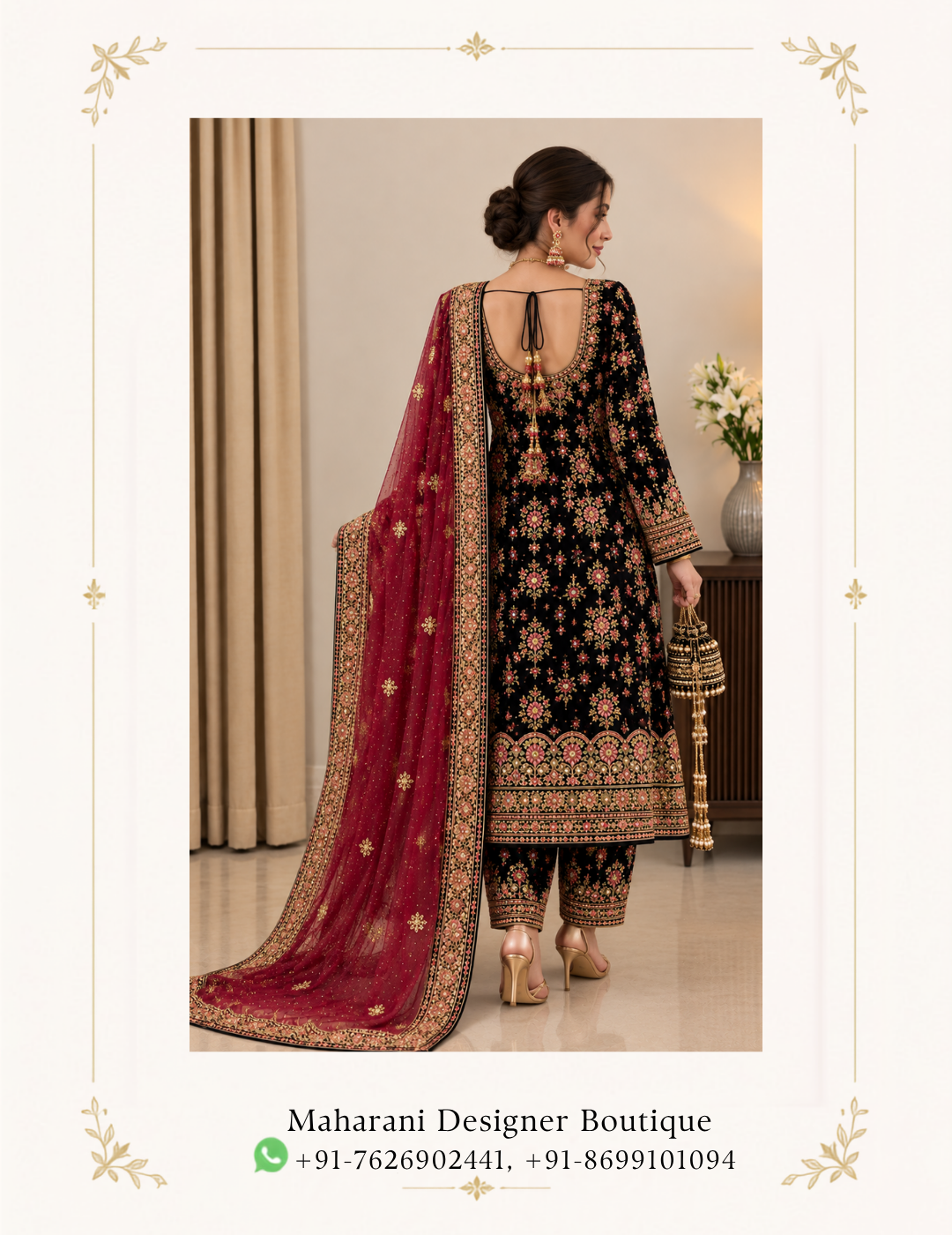 Maharani Black Floral Heritage Embroidered Salwar Suit Make a sophisticated statement with the Maharani Black Floral Heritage Embroidered Salwar Suit, Black Embroidered Salwar Suit with Maroon Dupatta , Maharani Designer Boutique, Jalandhar featuring an elegant black base richly adorned with intricate multicolour floral embroidery and traditional detailing. Perfect for weddings, receptions, festive celebrations, parties, family functions and special occasions, this designer salwar suit combines traditional craftsmanship with a graceful contemporary silhouette. Brand: Maharani Designer Boutique Category: Designer Salwar Suit Colour: Black & Maroon Work: Floral Embroidery & Embellishment Occasion: Wedding, Festive & Party Wear Luxury Floral Embroidered Sharara Suit,MDB 026345 ,MDB 025399,Royal Heritage Bridal Lehenga Choli,MDB 027210031