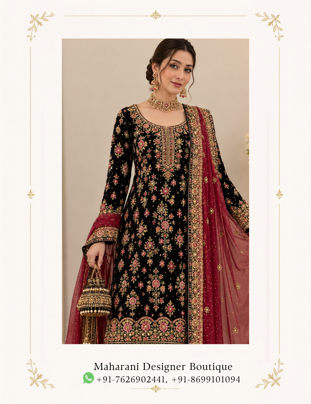 Maharani Black Floral Heritage Embroidered Salwar Suit Make a sophisticated statement with the Maharani Black Floral Heritage Embroidered Salwar Suit, Black Embroidered Salwar Suit with Maroon Dupatta , Maharani Designer Boutique, Jalandhar featuring an elegant black base richly adorned with intricate multicolour floral embroidery and traditional detailing. Perfect for weddings, receptions, festive celebrations, parties, family functions and special occasions, this designer salwar suit combines traditional craftsmanship with a graceful contemporary silhouette. Brand: Maharani Designer Boutique Category: Designer Salwar Suit Colour: Black & Maroon Work: Floral Embroidery & Embellishment Occasion: Wedding, Festive & Party Wear Luxury Floral Embroidered Sharara Suit,MDB 026345 ,MDB 025399,Royal Heritage Bridal Lehenga Choli,MDB 027210031