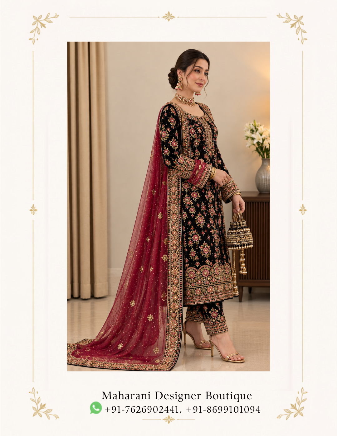 Maharani Black Floral Heritage Embroidered Salwar Suit Make a sophisticated statement with the Maharani Black Floral Heritage Embroidered Salwar Suit, Black Embroidered Salwar Suit with Maroon Dupatta , Maharani Designer Boutique, Jalandhar featuring an elegant black base richly adorned with intricate multicolour floral embroidery and traditional detailing. Perfect for weddings, receptions, festive celebrations, parties, family functions and special occasions, this designer salwar suit combines traditional craftsmanship with a graceful contemporary silhouette. Brand: Maharani Designer Boutique Category: Designer Salwar Suit Colour: Black & Maroon Work: Floral Embroidery & Embellishment Occasion: Wedding, Festive & Party Wear Luxury Floral Embroidered Sharara Suit,MDB 026345 ,MDB 025399,Royal Heritage Bridal Lehenga Choli,MDB 027210031