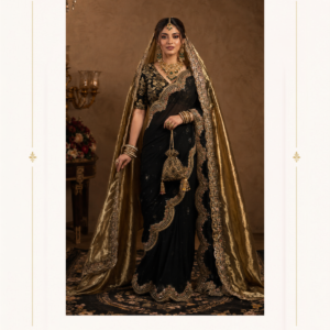 Black and Gold Bridal Saree with Embroidered Dupatta Noor-e-Shaam is a luxurious black and gold bridal saree created for women who love timeless elegance with a dramatic royal finish. The deep black saree is beautifully enhanced with intricate gold embroidery. This creates a sophisticated contrast that makes the entire ensemble stand out. The saree features an elegant black base with delicate scattered embellishments. There is also elaborate gold embroidered detailing along the drape and lower border. The ornate embroidery adds richness. At the same time, it maintains the graceful flow associated with traditional saree styling. Black and Gold Bridal Saree The matching blouse is the statement element of this ensemble. It features intricate gold embroidery with traditional floral and ornamental motifs, complemented by a beautifully embellished neckline and sleeves. The detailed blouse adds a regal dimension to the otherwise sleek black saree. The highlight of the outfit is the luxurious golden dupatta-style veil, which is draped over the head and falls gracefully around the saree. Its broad, heavily embroidered border creates a beautiful frame around the outfit. As a result, it gives the ensemble a distinctive bridal appearance. The combination of black, antique gold and subtle metallic detailing makes this saree perfect for brides and wedding guests looking for something different from conventional red bridal wear. In fact, it can create an especially striking look for evening weddings, receptions, cocktail celebrations and luxury festive events. Pair this ensemble with gold jewellery, kundan necklace sets, statement earrings, bangles and a traditional maang tikka for a complete wedding look. A sleek bun, soft curls or a traditional bridal hairstyle can complement the dramatic gold veil beautifully. Perfect For Bridal wedding saree Reception wear Evening wedding functions Engagement ceremony Cocktail parties Luxury festive occasions Wedding guest outfit Sangeet celebrations Formal ethnic events Bridal photoshoots Design Highlights Elegant black saree base Rich gold embroidery Intricately embellished blouse Ornate embroidered saree border Statement golden veil/dupatta Traditional floral and ornamental motifs Sophisticated black-and-gold colour combination Regal bridal styling Ideal for evening celebrations Statement ethnic occasion wear Description Make an unforgettable entrance with the Noor-e-Shaam Black and Gold Bridal Saree, an elegant statement ensemble designed for sophisticated wedding and festive occasions. Combining the timeless beauty of a black saree with the grandeur of gold embroidery, this outfit offers a luxurious interpretation of traditional Indian ethnic fashion. The deep black base gives the saree a refined and dramatic appearance, while the gold embellishments provide warmth, dimension and bridal richness. The carefully placed embroidery creates an elegant balance between minimal sophistication and ornate traditional styling. The saree is complemented by a heavily embellished blouse that showcases intricate craftsmanship-inspired detailing. Its ornate neckline, sleeves and surface embroidery coordinate beautifully with the saree border, creating a seamless overall appearance. A striking golden veil completes the ensemble. The rich metallic tone of the veil contrasts beautifully with the black saree while its elaborate border enhances the traditional bridal character. When draped over the head, the veil creates a graceful silhouette suitable for bridal portraits and ceremonial occasions. This black and gold saree for weddings is an excellent choice for women who want to move beyond conventional bridal colours while maintaining a luxurious ethnic aesthetic. Black provides a sophisticated foundation, while gold introduces the celebratory character expected from an occasion-wear ensemble. For a complete styling look, accessorise with traditional gold or kundan jewellery. Statement earrings, layered necklaces, bangles and a maang tikka can enhance the bridal appeal. For footwear, choose embellished gold or metallic heels. These will complement the saree's luxurious detailing. The ensemble is versatile enough to be styled for a grand reception, engagement, sangeet, cocktail evening or formal wedding celebration. Additionally, it works beautifully as a statement outfit for wedding guests who want an elegant and distinctive ethnic look. Whether you're searching for a black bridal saree, black and gold wedding saree, embroidered saree for reception, luxury Indian saree or designer-style bridal saree, Noor-e-Shaam offers a sophisticated option for your special occasion wardrobe.