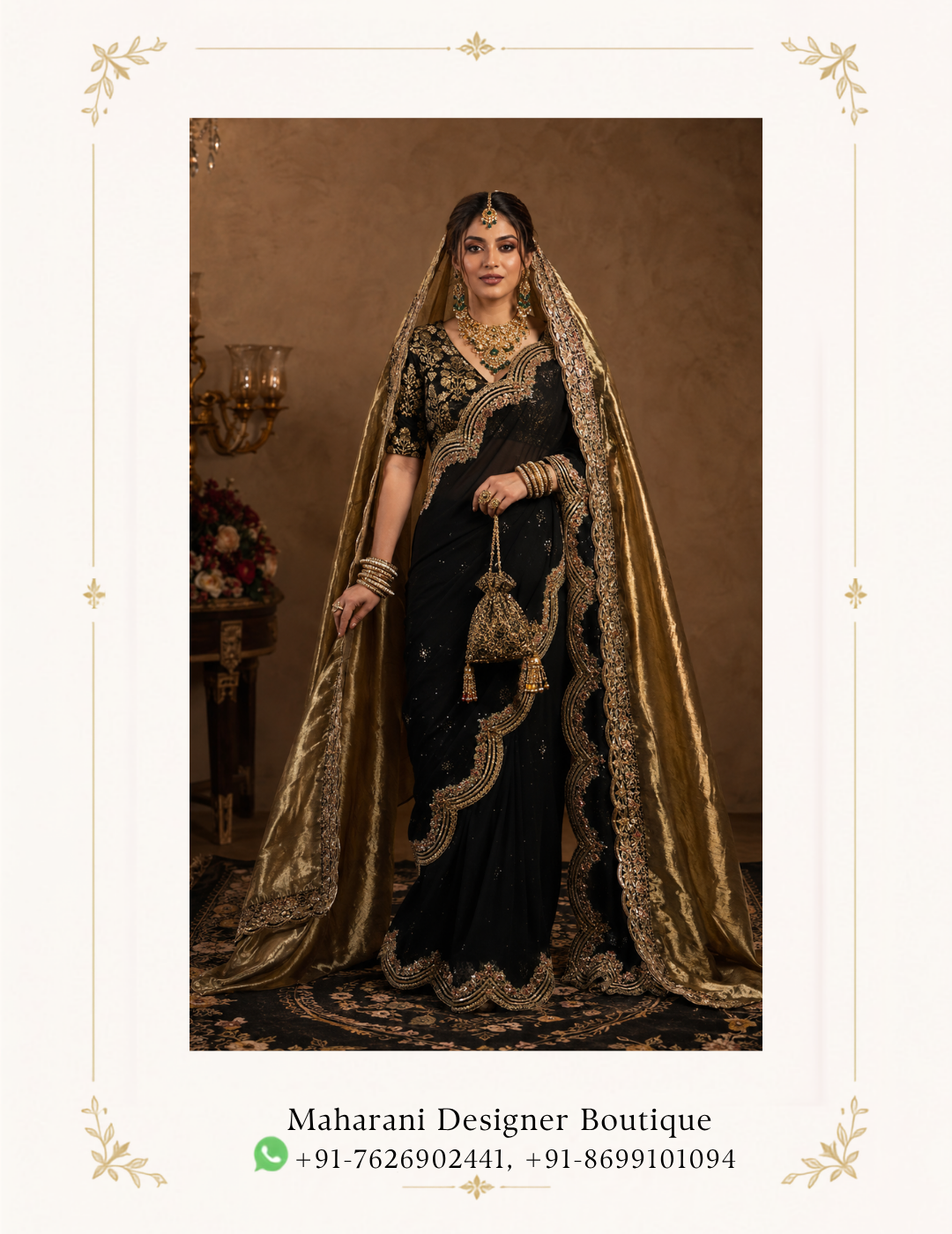 Black and Gold Bridal Saree with Embroidered Dupatta Noor-e-Shaam is a luxurious black and gold bridal saree created for women who love timeless elegance with a dramatic royal finish. The deep black saree is beautifully enhanced with intricate gold embroidery. This creates a sophisticated contrast that makes the entire ensemble stand out. The saree features an elegant black base with delicate scattered embellishments. There is also elaborate gold embroidered detailing along the drape and lower border. The ornate embroidery adds richness. At the same time, it maintains the graceful flow associated with traditional saree styling. Black and Gold Bridal Saree The matching blouse is the statement element of this ensemble. It features intricate gold embroidery with traditional floral and ornamental motifs, complemented by a beautifully embellished neckline and sleeves. The detailed blouse adds a regal dimension to the otherwise sleek black saree. The highlight of the outfit is the luxurious golden dupatta-style veil, which is draped over the head and falls gracefully around the saree. Its broad, heavily embroidered border creates a beautiful frame around the outfit. As a result, it gives the ensemble a distinctive bridal appearance. The combination of black, antique gold and subtle metallic detailing makes this saree perfect for brides and wedding guests looking for something different from conventional red bridal wear. In fact, it can create an especially striking look for evening weddings, receptions, cocktail celebrations and luxury festive events. Pair this ensemble with gold jewellery, kundan necklace sets, statement earrings, bangles and a traditional maang tikka for a complete wedding look. A sleek bun, soft curls or a traditional bridal hairstyle can complement the dramatic gold veil beautifully. Perfect For Bridal wedding saree Reception wear Evening wedding functions Engagement ceremony Cocktail parties Luxury festive occasions Wedding guest outfit Sangeet celebrations Formal ethnic events Bridal photoshoots Design Highlights Elegant black saree base Rich gold embroidery Intricately embellished blouse Ornate embroidered saree border Statement golden veil/dupatta Traditional floral and ornamental motifs Sophisticated black-and-gold colour combination Regal bridal styling Ideal for evening celebrations Statement ethnic occasion wear Description Make an unforgettable entrance with the Noor-e-Shaam Black and Gold Bridal Saree, an elegant statement ensemble designed for sophisticated wedding and festive occasions. Combining the timeless beauty of a black saree with the grandeur of gold embroidery, this outfit offers a luxurious interpretation of traditional Indian ethnic fashion. The deep black base gives the saree a refined and dramatic appearance, while the gold embellishments provide warmth, dimension and bridal richness. The carefully placed embroidery creates an elegant balance between minimal sophistication and ornate traditional styling. The saree is complemented by a heavily embellished blouse that showcases intricate craftsmanship-inspired detailing. Its ornate neckline, sleeves and surface embroidery coordinate beautifully with the saree border, creating a seamless overall appearance. A striking golden veil completes the ensemble. The rich metallic tone of the veil contrasts beautifully with the black saree while its elaborate border enhances the traditional bridal character. When draped over the head, the veil creates a graceful silhouette suitable for bridal portraits and ceremonial occasions. This black and gold saree for weddings is an excellent choice for women who want to move beyond conventional bridal colours while maintaining a luxurious ethnic aesthetic. Black provides a sophisticated foundation, while gold introduces the celebratory character expected from an occasion-wear ensemble. For a complete styling look, accessorise with traditional gold or kundan jewellery. Statement earrings, layered necklaces, bangles and a maang tikka can enhance the bridal appeal. For footwear, choose embellished gold or metallic heels. These will complement the saree's luxurious detailing. The ensemble is versatile enough to be styled for a grand reception, engagement, sangeet, cocktail evening or formal wedding celebration. Additionally, it works beautifully as a statement outfit for wedding guests who want an elegant and distinctive ethnic look. Whether you're searching for a black bridal saree, black and gold wedding saree, embroidered saree for reception, luxury Indian saree or designer-style bridal saree, Noor-e-Shaam offers a sophisticated option for your special occasion wardrobe.