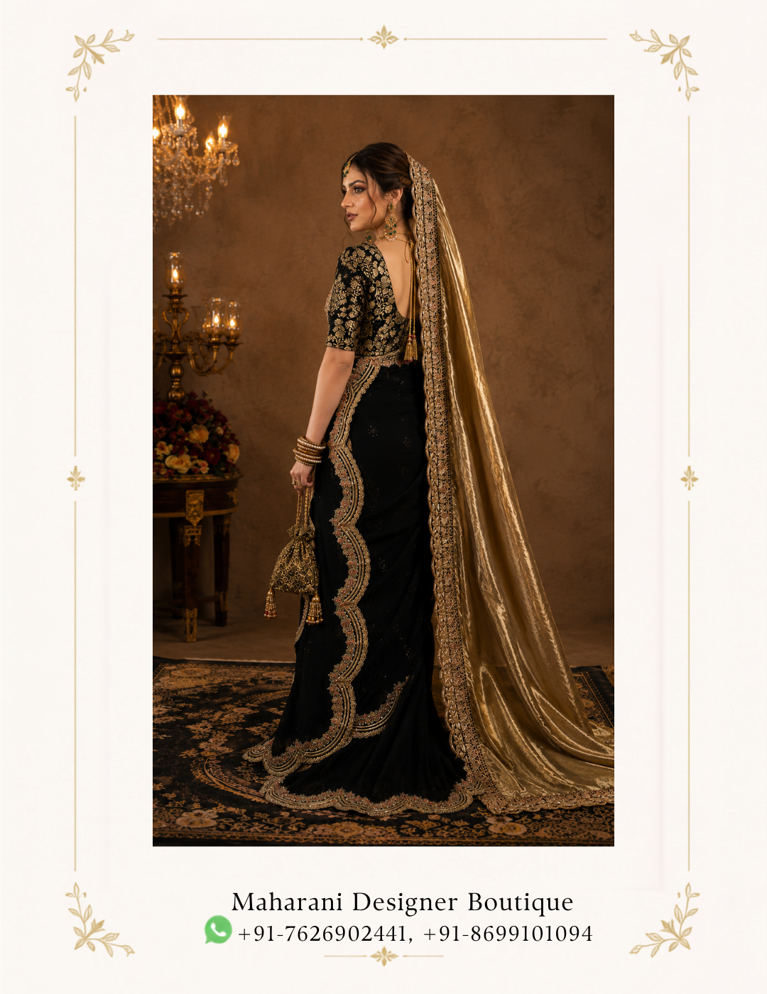 Black and Gold Bridal Saree with Embroidered Dupatta Noor-e-Shaam is a luxurious black and gold bridal saree created for women who love timeless elegance with a dramatic royal finish. The deep black saree is beautifully enhanced with intricate gold embroidery. This creates a sophisticated contrast that makes the entire ensemble stand out. The saree features an elegant black base with delicate scattered embellishments. There is also elaborate gold embroidered detailing along the drape and lower border. The ornate embroidery adds richness. At the same time, it maintains the graceful flow associated with traditional saree styling. Black and Gold Bridal Saree The matching blouse is the statement element of this ensemble. It features intricate gold embroidery with traditional floral and ornamental motifs, complemented by a beautifully embellished neckline and sleeves. The detailed blouse adds a regal dimension to the otherwise sleek black saree. The highlight of the outfit is the luxurious golden dupatta-style veil, which is draped over the head and falls gracefully around the saree. Its broad, heavily embroidered border creates a beautiful frame around the outfit. As a result, it gives the ensemble a distinctive bridal appearance. The combination of black, antique gold and subtle metallic detailing makes this saree perfect for brides and wedding guests looking for something different from conventional red bridal wear. In fact, it can create an especially striking look for evening weddings, receptions, cocktail celebrations and luxury festive events. Pair this ensemble with gold jewellery, kundan necklace sets, statement earrings, bangles and a traditional maang tikka for a complete wedding look. A sleek bun, soft curls or a traditional bridal hairstyle can complement the dramatic gold veil beautifully. Perfect For Bridal wedding saree Reception wear Evening wedding functions Engagement ceremony Cocktail parties Luxury festive occasions Wedding guest outfit Sangeet celebrations Formal ethnic events Bridal photoshoots Design Highlights Elegant black saree base Rich gold embroidery Intricately embellished blouse Ornate embroidered saree border Statement golden veil/dupatta Traditional floral and ornamental motifs Sophisticated black-and-gold colour combination Regal bridal styling Ideal for evening celebrations Statement ethnic occasion wear Description Make an unforgettable entrance with the Noor-e-Shaam Black and Gold Bridal Saree, an elegant statement ensemble designed for sophisticated wedding and festive occasions. Combining the timeless beauty of a black saree with the grandeur of gold embroidery, this outfit offers a luxurious interpretation of traditional Indian ethnic fashion. Bridal Designer Lehenga with Gold Embroidery , Royal Maroon Gold Embroidered Bridal Lehenga Choli, Royal Maroon Gold Embroidered Bridal Lehenga Choli, MDB 025900 , MDB 025899 , MDB 025732 The deep black base gives the saree a refined and dramatic appearance, while the gold embellishments provide warmth, dimension and bridal richness. The carefully placed embroidery creates an elegant balance between minimal sophistication and ornate traditional styling. The saree is complemented by a heavily embellished blouse that showcases intricate craftsmanship-inspired detailing. Its ornate neckline, sleeves and surface embroidery coordinate beautifully with the saree border, creating a seamless overall appearance. A striking golden veil completes the ensemble. The rich metallic tone of the veil contrasts beautifully with the black saree while its elaborate border enhances the traditional bridal character. When draped over the head, the veil creates a graceful silhouette suitable for bridal portraits and ceremonial occasions. This black and gold saree for weddings is an excellent choice for women who want to move beyond conventional bridal colours while maintaining a luxurious ethnic aesthetic. Black provides a sophisticated foundation, while gold introduces the celebratory character expected from an occasion-wear ensemble. For a complete styling look, accessorise with traditional gold or kundan jewellery. Statement earrings, layered necklaces, bangles and a maang tikka can enhance the bridal appeal. For footwear, choose embellished gold or metallic heels. These will complement the saree's luxurious detailing. The ensemble is versatile enough to be styled for a grand reception, engagement, sangeet, cocktail evening or formal wedding celebration. Additionally, it works beautifully as a statement outfit for wedding guests who want an elegant and distinctive ethnic look. Whether you're searching for a black bridal saree, black and gold wedding saree, embroidered saree for reception, luxury Indian saree or designer-style bridal saree, Noor-e-Shaam offers a sophisticated option for your special occasion wardrobe.