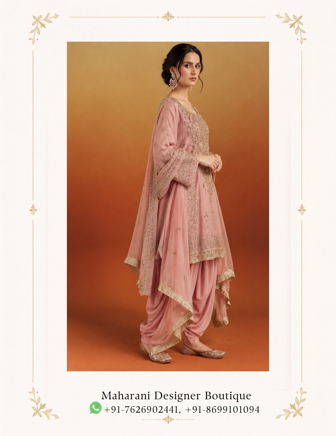 Maharani Blush Pink Royal Embroidered Salwar Suit Add timeless elegance to your ethnic wardrobe with the Maharani Blush Pink Royal Embroidered Salwar Suit, Blush Pink Designer Embroidered Salwar Suit with Patiala Salwar , Maharani Designer Boutique Jalandhar, a sophisticated ensemble designed for women who love graceful colours, delicate embroidery, and traditional Indian silhouettes with a refined contemporary finish. Brand: Maharani Designer Boutique Category: Designer Salwar Suit Colour: Blush Pink Work: Gold-Toned Embroidery Bottom Style: Patiala Salwar Occasion: Wedding, Festive, Party, Engagement & Traditional Wear Blush Pink Bridal Lehenga Choli,Sage Green Punjabi Suit with Palazzo,Blush Garden Embroidery Sharara Suit,Sage Green Bridal Lehenga with Pink Dupatta,Ivory & Blush Pink Embroidered Sharara Suit