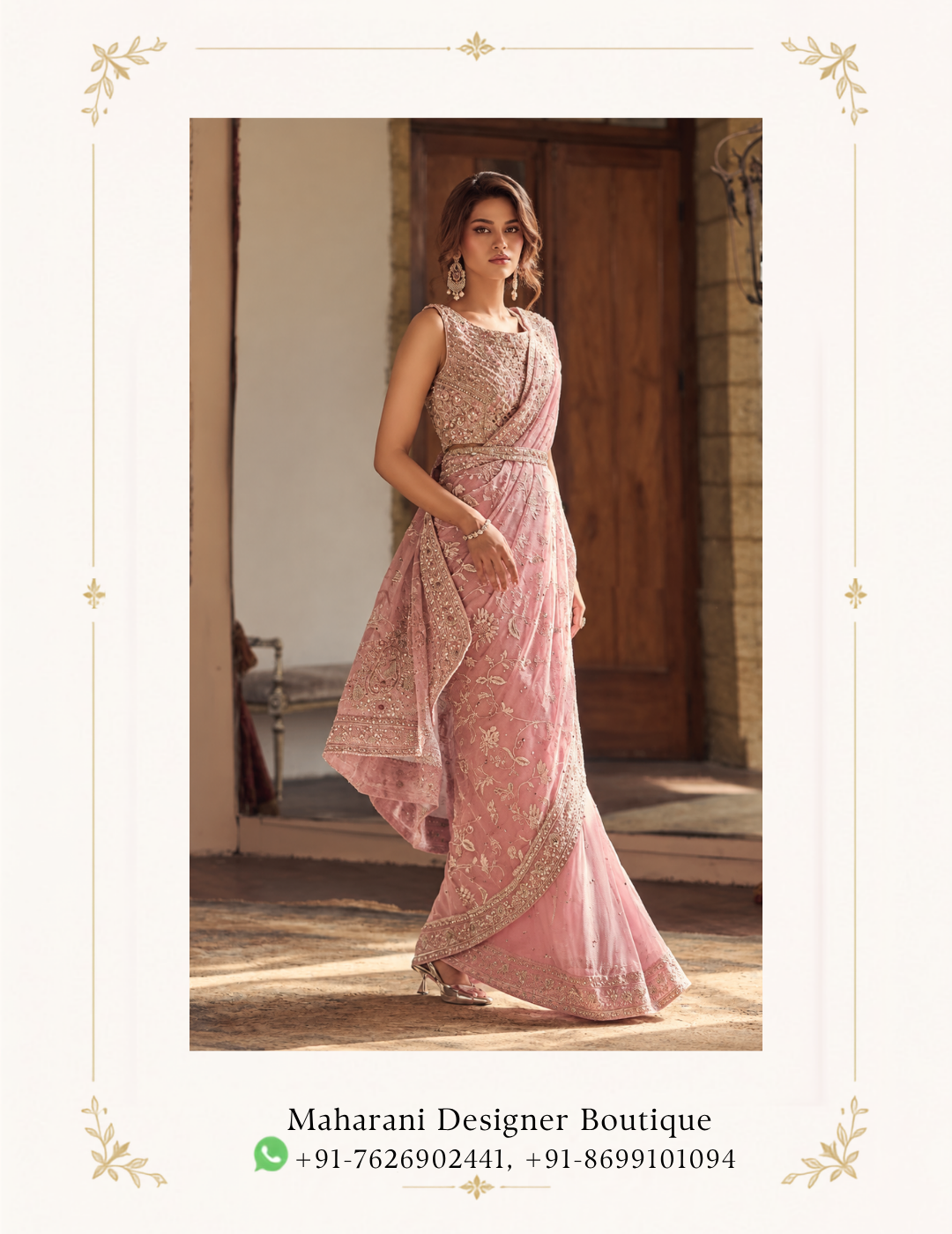 Blush Pink Embroidered Designer Saree with Heavy Border Dupatta Make an elegant statement with the Maharani Rose Blush Embroidered Designer Saree, a graceful celebration of feminine charm, delicate detailing, and timeless Indian style. Designed in a soft blush pink shade, this exquisite saree features intricate all-over embroidery, a richly embellished border, and a beautifully coordinated blouse that creates a sophisticated and luxurious look. The saree showcases an elegant floral-inspired embroidered pattern spread across the drape, giving the fabric a refined and graceful appearance. The soft pink tone adds a romantic touch, making this ensemble especially beautiful for weddings, receptions, engagement celebrations, festive occasions, and elegant evening events. Maharani Rose Blush Embroidered Designer Saree The heavily embroidered saree border provides a statement finish, featuring intricate traditional motifs and detailed embellishment that beautifully frames the entire drape. The border adds depth and richness while maintaining the delicate character of the overall design, Maharani Rose Blush Embroidered Designer Saree . The matching blouse is designed with an elegant sleeveless silhouette and a beautifully embellished neckline. Its detailed embroidery complements the saree while creating a polished, coordinated appearance. A matching sheer drape with an ornate embroidered border completes the ensemble and adds an effortless layer of sophistication. Key Features Elegant blush pink colour Designer Indian saree silhouette Intricate floral-inspired embroidery Heavily embellished decorative border Coordinated embroidered blouse Matching sheer drape Sophisticated and feminine aesthetic Graceful contemporary styling Ideal for special occasions and celebrations Perfect For The Maharani Rose Blush Embroidered Designer Saree is perfect for: Wedding receptions Engagement ceremonies Wedding guest outfits Cocktail evenings Festive celebrations Sangeet functions Anniversary celebrations Formal parties Family occasions Elegant evening events Maharani Designer Boutique Jalandhar Pair this blush pink saree with diamond-style or pearl jewellery for an elegant contemporary look. A statement bracelet, delicate earrings, and a sophisticated clutch can enhance the ensemble without taking attention away from its detailed embroidery. For a more traditional appearance, style it with a kundan or polki-inspired necklace, statement earrings, and matching bangles. Soft curls, a low bun, or an elegant updo can beautifully complement the neckline and overall silhouette. Complete the look with nude, champagne, or metallic heels for an elongated and polished appearance. Why You'll Love It The beauty of this designer saree lies in its balance between delicate colour and statement craftsmanship. The blush pink base creates a soft, sophisticated canvas, while the intricate embroidery and ornate borders introduce a luxurious festive character. The coordinated blouse and drape allow you to create a complete occasion-ready look with minimal styling effort. Whether you're attending a close friend's wedding, celebrating an engagement, or looking for a sophisticated festive outfit, this saree offers a graceful way to embrace traditional Indian fashion with a modern sensibility. Brand: Maharani Designer Boutique Colour: Blush Pink / Rose Pink Style: Designer Embroidered Saree Work: Intricate Embroidery & Embellished Border Occasion: Wedding, Reception, Party & Festive Wear Set: Saree with Coordinated Blouse and Matching Drape