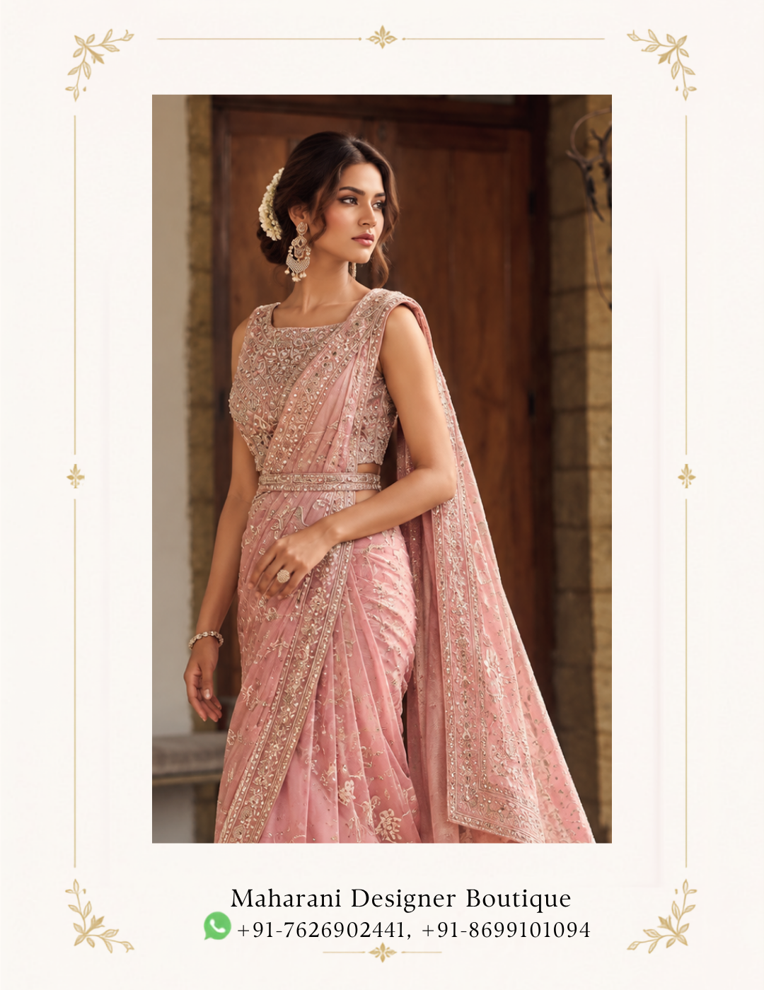 Blush Pink Embroidered Designer Saree with Heavy Border Dupatta Make an elegant statement with the Maharani Rose Blush Embroidered Designer Saree, a graceful celebration of feminine charm, delicate detailing, and timeless Indian style. Designed in a soft blush pink shade, this exquisite saree features intricate all-over embroidery, a richly embellished border, and a beautifully coordinated blouse that creates a sophisticated and luxurious look. The saree showcases an elegant floral-inspired embroidered pattern spread across the drape, giving the fabric a refined and graceful appearance. The soft pink tone adds a romantic touch, making this ensemble especially beautiful for weddings, receptions, engagement celebrations, festive occasions, and elegant evening events. Maharani Rose Blush Embroidered Designer Saree The heavily embroidered saree border provides a statement finish, featuring intricate traditional motifs and detailed embellishment that beautifully frames the entire drape. The border adds depth and richness while maintaining the delicate character of the overall design, Maharani Rose Blush Embroidered Designer Saree . The matching blouse is designed with an elegant sleeveless silhouette and a beautifully embellished neckline. Its detailed embroidery complements the saree while creating a polished, coordinated appearance. A matching sheer drape with an ornate embroidered border completes the ensemble and adds an effortless layer of sophistication. Key Features Elegant blush pink colour Designer Indian saree silhouette Intricate floral-inspired embroidery Heavily embellished decorative border Coordinated embroidered blouse Matching sheer drape Sophisticated and feminine aesthetic Graceful contemporary styling Ideal for special occasions and celebrations Perfect For The Maharani Rose Blush Embroidered Designer Saree is perfect for: Wedding receptions Engagement ceremonies Wedding guest outfits Cocktail evenings Festive celebrations Sangeet functions Anniversary celebrations Formal parties Family occasions Elegant evening events Maharani Designer Boutique Jalandhar Pair this blush pink saree with diamond-style or pearl jewellery for an elegant contemporary look. A statement bracelet, delicate earrings, and a sophisticated clutch can enhance the ensemble without taking attention away from its detailed embroidery. For a more traditional appearance, style it with a kundan or polki-inspired necklace, statement earrings, and matching bangles. Soft curls, a low bun, or an elegant updo can beautifully complement the neckline and overall silhouette. Complete the look with nude, champagne, or metallic heels for an elongated and polished appearance. Why You'll Love It The beauty of this designer saree lies in its balance between delicate colour and statement craftsmanship. The blush pink base creates a soft, sophisticated canvas, while the intricate embroidery and ornate borders introduce a luxurious festive character. The coordinated blouse and drape allow you to create a complete occasion-ready look with minimal styling effort. Whether you're attending a close friend's wedding, celebrating an engagement, or looking for a sophisticated festive outfit, this saree offers a graceful way to embrace traditional Indian fashion with a modern sensibility. Brand: Maharani Designer Boutique Colour: Blush Pink / Rose Pink Style: Designer Embroidered Saree Work: Intricate Embroidery & Embellished Border Occasion: Wedding, Reception, Party & Festive Wear Set: Saree with Coordinated Blouse and Matching Drape